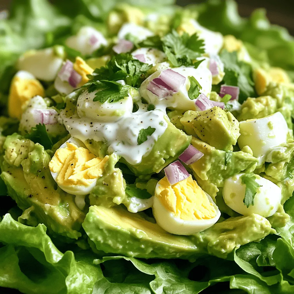 - 4 hartgekochte Eier - 1 reife Avocado - 2 Esslöffel griechischer Joghurt Die Hauptzutaten sind einfach zu finden. Hartgekochte Eier sind eine gute Proteinquelle. Die Avocado bringt gesunde Fette und einen cremigen Geschmack. Griechischer Joghurt macht den Salat leicht und frisch. Diese Zutaten bilden die Basis für deinen Salat. - 1 Esslöffel Dijon-Senf - 1 Esslöffel Zitronensaft - Salz und Pfeffer Für den Geschmack sind Gewürze wichtig. Dijon-Senf fügt eine leichte Schärfe hinzu. Zitronensaft sorgt für Frische und hilft, die Avocado vor dem Braunwerden zu schützen. Salz und Pfeffer runden alles ab. Du kannst die Menge nach deinem Geschmack anpassen. - Blätter von Salat - Verwendung als Sandwichfüllung Du kannst den Avocado-Ei-Salat auf frischen Salatblättern servieren. Das sieht schön aus und schmeckt gut. Eine andere Idee ist, den Salat als Füllung für Sandwiches zu nutzen. So hast du ein schnelles und leckeres Mittagessen. Wenn du mehr Inspiration brauchst, schau dir das Full Recipe an. - Eier schälen und hacken - Avocado entkernen und zerdrücken Zuerst schälen Sie die hartgekochten Eier. Hacken Sie sie klein. Verwenden Sie ein scharfes Messer. Es sollte leicht gehen. Dann nehmen Sie die Avocado. Schneiden Sie sie entlang des Kerns. Drehen Sie die Hälften, um den Kern zu entfernen. Nehmen Sie einen Löffel und schaben Sie das Fruchtfleisch heraus. Zerdrücken Sie die Avocado in einer großen Schüssel. Verwenden Sie eine Gabel oder einen Kartoffelstampfer. Lassen Sie einige kleine Stücke für die Textur. - Eier unter die Avocado heben - Joghurt, Senf und Zitronensaft einrühren Nun fügen Sie die gehackten Eier zur Avocado hinzu. Heben Sie die Eier vorsichtig unter. Seien Sie sanft, damit die Eier nicht zerdrückt werden. Dann geben Sie den griechischen Joghurt dazu. Fügen Sie auch den Dijon-Senf und den Zitronensaft hinzu. Rühren Sie alles gut um, bis es gut vermischt ist. Die Mischung sollte cremig und gleichmäßig sein. - Koriander und Zwiebel hinzufügen - Mit Salz und Pfeffer abschmecken Jetzt kommt der Koriander. Hacken Sie ihn klein und geben Sie ihn in die Schüssel. Fügen Sie auch die fein gewürfelte rote Zwiebel hinzu. Mischen Sie alles gut. Nun wird es Zeit, zu würzen. Streuen Sie Salz und Pfeffer nach Geschmack hinein. Rühren Sie nochmals um, um die Gewürze zu verteilen. Ihr Avocado-Ei-Salat ist fast fertig! Wenn Sie mehr Ideen brauchen, schauen Sie sich das Vollrezept an: Cremiger Avocado-Ei-Salat 🥑🥚. Um die besten hartgekochten Eier zu bekommen, beginne mit frischen Eiern. Bringe einen Topf mit Wasser zum Kochen. Lege die Eier vorsichtig ins Wasser. Koche sie für etwa 9 bis 12 Minuten, je nach Größe. Danach nimm die Eier heraus und lege sie in kaltes Wasser. Das stoppt den Kochprozess. Lass sie für mindestens 5 Minuten im kalten Wasser. So lassen sie sich leichter schälen. Achte darauf, eine reife Avocado zu wählen. Sie sollte leicht nachgeben, wenn du sie sanft drückst. Eine grüne Avocado ist meist noch fest. Du kannst sie bei Zimmertemperatur lagern, bis sie reif ist. Um die Frische der Avocado zu erhalten, lege sie in den Kühlschrank, wenn sie reif ist. So bleibt sie länger gut. Wenn du den Salat cremiger machen willst, füge mehr Joghurt hinzu. Ein Spritzer Olivenöl kann auch helfen. Experimentiere mit Gewürzen, um den Geschmack zu verbessern. Ein Hauch von Paprika oder Kreuzkümmel kann interessante Aromen bringen. Du kannst auch frische Kräuter wie Dill oder Petersilie hinzufügen für mehr Frische. {{image_4}} Du kannst deinem Avocado-Ei-Salat viel mehr Geschmack geben. Füge frische Tomaten oder Paprika hinzu. Diese Zutaten bringen Farbe und Frische. Sie machen den Salat lebendiger. Du kannst auch Feta oder Käse verwenden. Diese Zutaten sorgen für einen leckeren, cremigen Biss. Sie ergänzen die Aromen der Avocado und Eier. Wenn du keine Milchprodukte magst, gibt es tolle Alternativen. Du kannst vegane Optionen wie pflanzlichen Joghurt nutzen. Diese sind cremig und lecker. Eine andere Möglichkeit ist Mayo. Sie macht den Salat schön reichhaltig. Achte darauf, eine gute Qualität zu wählen. So bleibt der Geschmack frisch und lecker. Wenn du auf deine Kohlenhydrate achtest, gibt es viele Optionen. Du kannst Low-Carb-Zutaten verwenden. Diese reduzieren die Kalorienzahl und machen den Salat leichter. Glutenfreies Brot ist auch eine tolle Wahl. Es passt perfekt zu deinem Avocado-Ei-Salat. So kannst du ein leckeres Sandwich machen, das alle genießen können. Um den Avocado-Ei-Salat frisch zu halten, bewahre ihn im Kühlschrank auf. Ein luftdichter Behälter ist ideal. So bleibt der Salat lecker und sicher. Du kannst ihn bis zu drei Tage lagern. Achte darauf, ihn gut abzudecken. So vermeidest du, dass er austrocknet oder Gerüche aufnimmt. Bereite die Zutaten getrennt vor, wenn du den Salat im Voraus machen möchtest. Das hilft, die Frische zu bewahren. Du kannst die Eier und die Avocado an einem Tag kochen und zerdrücken. Mische den Salat aber erst kurz vor dem Servieren. Das macht ihn besonders lecker. So bleiben die Texturen optimal. Der Avocado-Ei-Salat hält sich gut im Kühlschrank. Er bleibt frisch für etwa 2-3 Tage. Lagere ihn in einem luftdichten Behälter. Achte darauf, den Behälter gut zu schließen, um die Frische zu bewahren. Nach ein paar Tagen kann die Avocado braun werden. Um das zu vermeiden, füge etwas Zitronensaft hinzu. Ich empfehle, den Avocado-Ei-Salat nicht einzufrieren. Die Textur ändert sich beim Einfrieren. Avocado wird matschig und verliert ihren frischen Geschmack. Stattdessen kannst du die Zutaten separat einfrieren. So machst du den Salat frisch, wenn du ihn brauchst. Ja, Avocado-Ei-Salat ist sehr gesund! Er ist reich an gesunden Fetten. Die Avocado enthält einfach ungesättigte Fette. Diese Fette sind gut für das Herz. Eier liefern hochwertiges Protein und viele Vitamine. Der Joghurt bringt zusätzlich Calcium und Probiotika. Zusammen machen sie eine nahrhafte Mahlzeit. Du kannst deinen Salat auf viele Arten verfeinern. Füge gewürfelte Tomaten oder Paprika hinzu. Das gibt Frische und Farbe. Frische Kräuter wie Schnittlauch oder Petersilie passen auch gut. Experimentiere mit Gewürzen wie Paprika oder Kreuzkümmel für mehr Geschmack. Das vollständige Rezept findest du hier: Cremiger Avocado-Ei-Salat 🥑🥚. Dort sind alle Schritte und Zutaten aufgeführt. Du wirst sehen, wie schnell und einfach es ist, diesen leckeren Salat zuzubereiten! Der Avocado-Ei-Salat ist einfach und lecker. Mit frischen Zutaten wie Eiern, Avocado und Joghurt, zaubern Sie schnell ein Gericht. Die Tipps für perfekte Eier und reife Avocados helfen dabei, die besten Ergebnisse zu erzielen. Experimentieren Sie mit Variationen, um Ihren Salat zu verfeinern. Ob im Sandwich oder auf einem Salatblatt serviert, dieser Salat ist gesund und schmackhaft. Bewahren Sie ihn richtig auf, um Frische zu genießen. Nutzen Sie die Ideen in diesem Artikel und bringen Sie neuen Schwung in Ihre Küche!