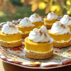 Für deine Mini Kürbis-Cheesecakes brauchst du einige wichtige Zutaten. Hier sind die Hauptzutaten: - 1 Tasse Graham-Cracker-Krümel - 1/4 Tasse ungesalzene Butter, geschmolzen - 2 Teelöffel Zucker - 1 (225 g) Paket Frischkäse, weich - 1/2 Tasse Kürbispüree - 1/4 Tasse brauner Zucker - 1 Teelöffel Vanilleextrakt - 1/2 Teelöffel gemahlener Zimt - 1/4 Teelöffel gemahlene Muskatnuss - 1/4 Teelöffel gemahlener Ingwer - 2 große Eier Diese Zutaten geben den Cheesecakes ihren tollen Geschmack und die schöne Textur. Nutze frische oder hochwertige Produkte, um das beste Ergebnis zu erzielen. Du kannst deine Mini Kürbis-Cheesecakes leicht anpassen. Hier sind einige optionale Zutaten, die du hinzufügen kannst: - Schokoladenstückchen für einen schokoladigen Kick - Walnüsse oder Pekannüsse für einen knusprigen Biss - Karamellsauce für zusätzlichen süßen Genuss Diese Variationen machen dein Rezept noch spannender und lassen sich leicht umsetzen. Wenn du spezielle Diäten berücksichtigst, gibt es auch Alternativen. Hier sind einige Ideen: - Verwende glutenfreie Kekse anstelle von Graham-Crackern für eine glutenfreie Option. - Nutze pflanzliche Butter und veganen Frischkäse für eine vegane Version. - Ersetze die Eier durch Apfelmus oder Leinsamen für eine ei-freie Variante. Diese Alternativen helfen dir, das Rezept für jeden geeignet zu machen. Wenn du mehr über die Zubereitung erfahren möchtest, schau dir das Full Recipe an! Heize deinen Ofen auf 160 °C (325 °F) vor. Das ist wichtig, damit die Mini-Kürbis-Cheesecakes gleichmäßig backen. Während der Ofen vorheizt, lege ein Muffinblech mit Papierförmchen aus. So bleibt der Teig nicht kleben. Diese kleinen Schritte machen das Backen einfacher und sauberer. Für die Kruste benötigst du die folgenden Zutaten: - 1 Tasse Graham-Cracker-Krümel - 1/4 Tasse ungesalzene Butter, geschmolzen - 2 Teelöffel Zucker In einer großen Schüssel vermischst du die Graham-Cracker-Krümel, die geschmolzene Butter und den Zucker. Rühre alles gut um, bis die Mischung krümelig ist. Drücke dann etwa 1 Esslöffel dieser Mischung fest auf den Boden jedes Muffinförmchens. So entsteht eine schöne, feste Kruste. Jetzt kommt der spannende Teil: die Füllung. Hier sind die Zutaten: - 1 (225 g) Paket Frischkäse, weich - 1/2 Tasse Kürbispüree - 1/4 Tasse brauner Zucker - 1 Teelöffel Vanilleextrakt - 1/2 Teelöffel gemahlener Zimt - 1/4 Teelöffel gemahlene Muskatnuss - 1/4 Teelöffel gemahlener Ingwer - 2 große Eier Beginne, indem du den Frischkäse in einer Schüssel mit einem elektrischen Mixer glatt und cremig schlägst. Füge dann das Kürbispüree, den braunen Zucker, den Vanilleextrakt und die Gewürze hinzu. Mische alles gründlich. Danach gebe die Eier nacheinander hinzu und rühre sanft, bis alles gut vermischt ist. Achte darauf, nicht zu lange zu mixen, damit die Füllung schön locker bleibt. Verteile die Cheesecake-Mischung gleichmäßig auf die Krusten in den Muffinförmchen. Fülle sie etwa zu 2/3. Backe die Cheesecakes 20-25 Minuten lang. Sie sollten fest sein, aber die Mitte darf leicht wackeln. Nimm die Form aus dem Ofen und lasse sie auf einem Kuchengitter auskühlen. Die Mini-Kürbis-Cheesecakes müssen mindestens 2 Stunden im Kühlschrank kühlen, bevor du sie servierst. So sind sie perfekt für deinen nächsten Anlass. Für das vollständige Rezept kannst du [Full Recipe] anschauen. Ein häufiger Fehler beim Backen von Cheesecakes ist das Übermixen der Füllung. Das kann zu Rissen führen. Mixe die Zutaten nur so lange, bis sie gut vermischt sind. Ein weiterer Fehler ist die Backzeit. Überprüfe die Cheesecakes rechtzeitig. Sie sollten fest sein, aber die Mitte muss leicht wackeln. Die Kühlung ist wichtig für einen perfekten Cheesecake. Lasse die Mini Kürbis-Cheesecakes mindestens zwei Stunden im Kühlschrank. Dies gibt ihnen Zeit, um fest zu werden. Wenn du sie länger kühlst, werden sie noch besser. Die ideale Temperatur zum Servieren liegt bei etwa 4 °C. Für die Präsentation kannst du deine Mini Cheesecakes mit Schlagsahne und einem Hauch Zimt garnieren. Eine andere Idee ist, zerbröselte Graham-Cracker darüber zu streuen. Das macht sie extra besonders. Arrange die Cheesecakes auf einem schönen Teller, um sie noch einladender zu machen. Du kannst auch kleine Kürbis-Dekorationen verwenden, um den Herbst zu feiern. Für das vollständige Rezept schaue dir das [Full Recipe] an. {{image_4}} Wir können die Mini Kürbis-Cheesecakes ganz einfach glutenfrei machen. Dazu ersetzen wir die Graham-Cracker-Krümel durch glutenfreie Kekse oder Nüsse. Mahlen Sie die Nüsse gut, um eine feine Konsistenz zu erreichen. Mischen Sie sie mit geschmolzener Butter und Zucker. Diese Basis schmeckt auch lecker und knusprig. Achten Sie darauf, glutenfreie Zutaten zu wählen. So schmecken die Cheesecakes jedem. Die vegane Variante ist ebenfalls einfach. Statt Frischkäse verwenden wir seidenen Tofu oder veganen Frischkäse. Diese Zutaten geben der Füllung die richtige Konsistenz. Für die Eier können Sie Leinsamen verwenden. Mischen Sie einen Esslöffel Leinsamen mit drei Esslöffeln Wasser und lassen Sie es quellen. Das ergibt eine tolle Bindung. Vegane Mini Kürbis-Cheesecakes sind genauso cremig und lecker wie die klassische Version. Wir können auch kreativ sein! Fügen Sie verschiedene Gewürze hinzu, wie Nelken oder Anis, um neue Aromen zu erzeugen. Eine Prise Kakao kann eine Schokoladennote hinzufügen. Sie können auch Schokoladenstückchen oder Nüsse in die Füllung mischen. Mögen Sie es fruchtig? Probieren Sie, etwas pürierte Banane oder Äpfel hinzuzufügen. Diese Variationen machen die Mini Kürbis-Cheesecakes spannend und einzigartig. Für das vollständige Rezept schauen Sie bitte hier: Full Recipe. Mini Kürbis-Cheesecakes bleiben am besten frisch, wenn du sie gut lagerst. Lass die Cheesecakes nach dem Backen auf Raumtemperatur abkühlen. Danach lege sie in den Kühlschrank. Verwende dafür eine luftdichte Box oder decke sie mit Frischhaltefolie ab. So bleiben sie bis zu fünf Tage frisch. Wenn du sie länger aufbewahren willst, denke an das Einfrieren. Das Einfrieren ist eine tolle Methode, um deine Mini Kürbis-Cheesecakes zu lagern. Warte, bis sie vollständig abgekühlt sind. Lege sie dann einzeln auf ein Backblech. So frieren sie schneller. Nach ein paar Stunden kannst du sie in einen Gefrierbeutel oder eine Box geben. Vergiss nicht, das Datum darauf zu schreiben! Sie bleiben bis zu drei Monate gefroren. Zum Auftauen lege sie einfach über Nacht in den Kühlschrank. Die Haltbarkeit von Mini Kürbis-Cheesecakes ist wichtig. Im Kühlschrank sind sie bis zu fünf Tage gut. Beim Einfrieren bleiben sie bis zu drei Monate frisch. Ich empfehle, sie mit einem Klecks Schlagsahne zu servieren. Das macht sie noch leckerer! Wenn du die Cheesecakes nach dem Einfrieren aufwärmst, genieße sie am besten kalt. Diese kleinen Köstlichkeiten sind perfekt für jeden Anlass. Die Zubereitung dauert etwa 15 Minuten. Danach backen die Cheesecakes 20 bis 25 Minuten im Ofen. Sie müssen dann für mindestens 2 Stunden kühl stehen. So haben sie genug Zeit, um fest zu werden. Insgesamt sollten Sie also etwa 2 Stunden und 45 Minuten einplanen. Es lohnt sich, denn der Geschmack ist fantastisch! Ja, Sie können eine No-Bake-Version machen. Statt sie zu backen, lassen Sie die Füllung im Kühlschrank fest werden. Verwenden Sie die gleiche Mischung aus Frischkäse und Kürbispüree. Für die Kruste können Sie die Graham-Cracker-Krümel mit Butter mischen und im Kühlschrank anstelle des Backens fest werden lassen. Es ist eine schnellere und einfachere Methode, die auch lecker ist. Um die Cheesecakes leicht aus den Förmchen zu bekommen, lassen Sie sie zuerst etwas abkühlen. Nehmen Sie dann ein Messer und gehen Sie vorsichtig um den Rand jedes Förmchens. Das hilft, die Cheesecakes zu lösen. Stellen Sie sicher, dass sie gut gekühlt sind, bevor Sie sie herausnehmen. So bleibt die Form schön und der Cheesecake bricht nicht. Die Mini Kürbis-Cheesecakes sind einfach zu machen und schmecken großartig. Wir haben die Hauptzutaten, die Schritte und nützliche Tipps behandelt. Außerdem gibt es leckere Varianten für alle Diäten. Achte auf die Lagerung, damit sie frisch bleiben. Mit diesen Ideen und Anleitungen wirst du sie sicher lieben. Probiere sie aus und teile deine Ergebnisse!