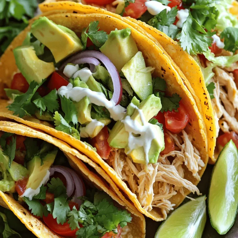 - 450 g Hähnchenschenkel ohne Knochen und Haut - 240 ml Queso blanco Käse, geschmolzen - 8 kleine Maistortillas - 1 Esslöffel Olivenöl - 2 Teelöffel Taco-Gewürz - 1 Tasse gehackter Kopfsalat - 1 mittelgroße Tomate, gewürfelt - 1/2 rote Zwiebel, fein gehackt - 1 Avocado, in Scheiben geschnitten - Frischer Koriander, zum Garnieren - Limettenviertel, zum Servieren Diese Zutaten machen deine Käse-Hühnchen-Tacos besonders lecker. Die Hähnchenschenkel sind saftig und zart. Queso blanco bringt eine cremige Note. Maistortillas sind perfekt, um all die Aromen einzufangen. Mit frischem Koriander und Limette gibst du den Tacos einen frischen Kick. Wenn du die Hauptzutaten zusammengestellt hast, wird es Zeit, kreativ zu werden. Du kannst die Tacos nach deinem Geschmack anpassen. Füge mehr Gemüse hinzu oder probiere andere Käsesorten. Die Möglichkeiten sind endlos! Für das vollständige Rezept, schau dir den Abschnitt "Vollständiges Rezept" an. Es gibt dir eine klare Anleitung, um diese köstlichen Tacos zuzubereiten. - Hähnchen in der Pfanne braten: Erhitze das Olivenöl in einer großen Pfanne. Lege die Hähnchenschenkel hinein. Streue das Taco-Gewürz gleichmäßig darüber. Brate die Hähnchen für 5-7 Minuten auf jeder Seite. Sie sollen goldbraun und durchgegart sein. - Überprüfen der Garstufe: Um sicherzustellen, dass das Hähnchen gar ist, steche mit einem Messer hinein. Der Saft sollte klar sein, ohne rosa Farbe. Nimm es dann aus der Pfanne und lasse es kurz ruhen. Zerkleinere das Hähnchen danach mit zwei Gabeln in große Stücke. - Queso blanco schmelzen: Nimm einen kleinen Topf und fülle ihn mit dem Queso blanco. Stelle den Topf auf den Herd und erhitze ihn bei niedriger Hitze. Rühre regelmäßig, bis der Käse schmilzt und cremig wird. - Tipps zum Vermeiden von Anbrennen: Halte die Hitze niedrig, um Anbrennen zu vermeiden. Wenn der Käse zu dick wird, füge etwas Milch hinzu. So bleibt er geschmeidig und lecker. - Tortillas erwärmen: In der gleichen Pfanne, die du für das Hähnchen benutzt hast, lege die Maistortillas hinein. Erwärme sie für etwa 30 Sekunden auf jeder Seite. Sie sollen weich und biegsam sein. - Tacos anrichten: Nimm eine Tortilla und lege eine Portion zerkleinertes Hähnchen darauf. Gieße das geschmolzene Queso darüber. Füge dann den gehackten Salat, die gewürfelte Tomate, die rote Zwiebel und die Avocadoscheiben hinzu. Jetzt hast du köstliche Queso Chicken Tacos! Diese einfache Anleitung macht die Zubereitung schnell und macht Spaß. Wenn du noch mehr lernen möchtest, schau dir das [Full Recipe] an. - Beste Garzeiten für Hähnchen: Brate die Hähnchenschenkel 5-7 Minuten auf jeder Seite. Überprüfe die Innentemperatur. Sie sollte 75 °C erreichen. So bleibt das Hähnchen saftig. - Variationen des Taco-Gewürzes: Du kannst das Taco-Gewürz nach deinem Geschmack anpassen. Füge mehr Kreuzkümmel oder Paprika hinzu, um den Geschmack zu intensivieren. - Rentabilität durch Vorbereiten der Zutaten: Bereite die Zutaten im Voraus vor. Hacke das Gemüse und schmelze den Käse. So sparst du Zeit beim Kochen. - Verwendung von frischen Kräutern: Frischer Koriander bringt einen tollen Geschmack. Du kannst auch frische Limetten verwenden, um den Tacos einen frischen Kick zu geben. - Häufige Fehler bei der Zubereitung: Achte darauf, das Hähnchen nicht zu lange zu braten. Es kann trocken werden. - Lösungsvorschläge für häufige Probleme: Wenn das Queso zu dick wird, füge etwas Milch hinzu. So bleibt es schön cremig. Wenn die Tortillas reißen, erwärme sie zuerst in der Pfanne. {{image_4}} Für eine vegetarische Variante kannst du Hähnchen durch Tofu oder Bohnen ersetzen. Tofu hat eine tolle Textur und nimmt den Geschmack gut auf. Du kannst ihn anbraten und mit Taco-Gewürz würzen. Bohnen sind ebenfalls eine gute Wahl. Schwarze Bohnen oder Pintobohnen passen gut zu diesem Rezept. Ein veganer Queso kann leicht gemacht werden. Mische Cashews, Nährhefe, und etwas Wasser. Püriere die Mischung bis sie cremig ist. Füge dann Gewürze wie Paprika und Knoblauch hinzu. Dieser Queso ist lecker und ganz ohne tierische Produkte. Du kannst deine Tacos mit weiteren leckeren Füllungen anpassen. Probiere gebratene Paprika oder Mais für mehr Textur. Auch gebratene Zucchini oder Pilze sind köstlich. Diese Zutaten bringen zusätzliche Farben und Aromen. Für mehr Geschmack kannst du Beläge hinzufügen. Salsas, Guacamole oder Sauerrahm sind beliebte Optionen. Frische Kräuter wie Koriander oder Schnittlauch geben einen extra Kick. Experimentiere mit verschiedenen Belägen, um deine perfekten Tacos zu finden. Käse-Hühnchen-Tacos haben Ähnlichkeiten mit anderen Taco-Rezepten. Viele Rezepte nutzen eine Proteinquelle, Käse und frische Zutaten. Diese Grundstruktur macht Tacos so vielseitig. Es gibt auch viele Fusion-Gerichte mit Käse-Hühnchen-Tacos. Zum Beispiel kannst du sie mit asiatischen Aromen kombinieren. Füge Teriyaki-Sauce und eingelegte Gemüse hinzu. Diese neue Mischung bietet einen spannenden Geschmack. So machst du jedes Mal ein neues Gericht. Richtiges Lagern von Hähnchen und Queso ist wichtig. Stelle sicher, dass das gekochte Hähnchen in einem luftdichten Behälter ist. Es bleibt so frisch und saftig. Queso sollte ebenfalls in einem gut verschlossenen Behälter aufbewahrt werden. So bleibt der Käse cremig und lecker. Tortillas sollten an einem kühlen, trockenen Ort gelagert werden. Eine Plastiktüte hilft, sie frisch zu halten. Du kannst sie auch im Kühlschrank aufbewahren, um die Haltbarkeit zu verlängern. Wenn du die Tacos aufwärmen möchtest, gibt es einige gute Methoden. Die Pfanne ist eine der besten Optionen. Sie sorgt dafür, dass die Tortillas knusprig bleiben. Einfach die Tacos in die Pfanne legen und bei mittlerer Hitze kurz aufwärmen. Die Mikrowelle ist schneller, kann aber die Tortillas weich machen. Wenn du die Mikrowelle verwendest, lege ein feuchtes Papiertuch über die Tacos. So bleibt die Feuchtigkeit erhalten. Wie lange sind die Reste haltbar? Gekochtes Hähnchen hält sich in der Regel 3 bis 4 Tage im Kühlschrank. Queso sollte nicht länger als 3 Tage aufbewahrt werden. Anzeichen von Verderb sind ein unangenehmer Geruch oder eine unappetitliche Farbe. Wenn du Zweifel hast, ist es besser, auf Nummer sicher zu gehen und die Reste wegzuwerfen. Die Zubereitung der Käse-Hühnchen-Tacos dauert etwa 30 Minuten. Die Vorbereitungszeit beträgt rund 10 Minuten. Du kannst also schnell in den Genuss dieser leckeren Tacos kommen. Ja, du kannst das Rezept im Voraus vorbereiten. Koche das Hähnchen und bereite das Queso einen Tag vorher zu. Bewahre das Hähnchen und das Queso im Kühlschrank auf. Erhitze sie einfach, wenn du bereit bist, die Tacos zu machen. Besorge die besten Zutaten in deiner lokalen Markthalle oder im Bio-Laden. Achte auf frisches Hähnchen und hochwertigen Queso blanco Käse. Frisches Gemüse wie Avocado und Tomaten findest du ebenfalls dort. Ja, du kannst glutenfreie Tortillas verwenden. Diese sind in vielen Supermärkten erhältlich. Achte darauf, die Zutaten zu überprüfen, um sicherzustellen, dass sie glutenfrei sind. So genießt jeder die Tacos ohne Sorgen. Käse-Hühnchen-Tacos sind einfach zu machen und sehr lecker. Wir haben die Hauptzutaten, die Zubereitung und tolle Tipps aufgeschlüsselt. Verändere das Rezept nach deinem Geschmack, um neue Aromen zu genießen. Du kannst auch vegetarische und vegane Optionen ausprobieren. Lagere die Reste richtig und du hast noch mehr Mahlzeiten. Mit diesen Tipps bereitest du perfekte Tacos, die deiner Familie gefallen werden. Probier es aus!