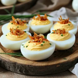 - 6 große Eier - 3 Esslöffel Mayonnaise - 1 Esslöffel Dijon-Senf - 1 Teelöffel Apfelessig - 1 Teelöffel Knoblauchpulver - 1 Teelöffel geräuchertes Paprikapulver - Salz und Pfeffer nach Geschmack - 2 Esslöffel fein gehackter Schnittlauch - 1 Esslöffel Kapern, abgespült und gehackt (optional) - Eine Handvoll knuspriger Röstzwiebeln zum Garnieren Jede Zutat in diesem Rezept hat einen speziellen Zweck. Die Eier sind die Basis. Sie liefern die Proteinquelle und die Textur. Mayonnaise macht die Füllung cremig und reichhaltig. Dijon-Senf fügt eine scharfe Note hinzu. Apfelessig bringt Frische und hilft, den Geschmack zu heben. Knoblauchpulver gibt einen warmen, herzhaften Geschmack. Geräuchertes Paprikapulver sorgt für Rauchnote und Farbe. Schnittlauch bringt Frische und einen leichten Zwiebelgeschmack. Kapern, wenn verwendet, fügen einen salzigen, pikanten Kick hinzu. Schließlich machen die Röstzwiebeln das Ganze knusprig. Die Qualität der Zutaten beeinflusst den Geschmack stark. Wählen Sie frische Eier. Sie sollten fest sein und keine Risse haben. Bei Mayonnaise ist es am besten, eine hochwertige Marke zu wählen oder eine eigene zu machen. Dijon-Senf sollte frisch sein, um den besten Geschmack zu erzielen. Achten Sie beim Paprika und Knoblauchpulver darauf, dass sie nicht abgelaufen sind. Frische Kräuter wie Schnittlauch bringen mehr Aroma. Wenn Sie Kapern verwenden, wählen Sie kleine, hochwertige. So erzielen Sie die besten gefüllten Eier aller Zeiten. Um die besten gefüllten Eier zu machen, beginne mit dem Hartkochen der Eier. Nimm sechs große Eier und lege sie in einen mittelgroßen Topf. Bedecke die Eier mit kaltem Wasser. Stelle den Herd auf mittlere bis hohe Hitze und warte, bis das Wasser kocht. Sobald es kocht, decke den Topf ab und nimm ihn vom Herd. Lass die Eier für 12 Minuten ruhen. Um den Garprozess zu stoppen, lege die Eier danach in ein Eisbad. Lass sie mindestens fünf Minuten abkühlen. Das Schälen der Eier kann knifflig sein. Klopfe die abgekühlten Eier vorsichtig auf einer harten Oberfläche an. Halte sie dann unter kaltes, laufendes Wasser. Dies hilft, die Schale leichter zu entfernen. Achte darauf, die Eier gründlich zu spülen, um Schalenreste zu entfernen. Wenn die Schalen ab sind, schneide jedes Ei der Länge nach in zwei Hälften. Entferne die Eigelbe und lege sie in eine Rührschüssel. Nun geht es an die Füllung. Zerdrücke die Eigelbe mit einer Gabel, bis sie krümelig sind. Füge die Mayonnaise, den Dijon-Senf, den Apfelessig, das Knoblauchpulver, das geräucherte Paprikapulver, Salz und Pfeffer hinzu. Rühre alles gut durch, bis die Mischung glatt und cremig ist. Um den Geschmack zu verbessern, hebe den gehackten Schnittlauch und die Kapern unter. Schmecke die Mischung ab und passe die Gewürze nach deinem Geschmack an. Fülle die Eiweiße mit der Eigelbmasse. Verwende einen Spritzbeutel oder einen Löffel. Garniere die gefüllten Eier zum Schluss mit geräuchertem Paprikapulver und knusprigen Röstzwiebeln für den perfekten Crunch. Du findest die vollständige Anleitung im Full Recipe. Um eine schöne, cremige Füllung zu machen, beginne ich mit frischen Eiern. Die Eier sollten hartgekocht sein und gut abgekühlt. Zerdrücke die Eigelbe gründlich mit einer Gabel. Dadurch wird die Füllung gleichmäßiger. Füge dann die Mayonnaise und den Senf hinzu. Sie geben der Füllung den guten Geschmack und die richtige Konsistenz. Rühre alles mit einem Löffel oder einem Mixer gut durch. Die Mischung sollte glatt und cremig sein. Achte darauf, nicht zu viel Mayo zu verwenden, sonst wird sie zu flüssig. Die Präsentation macht viel aus. Ich empfehle, die gefüllten Eier auf einem schönen Teller zu arrangieren. Lege sie in einer U-Form oder in Reihen an. So wirkt es einladend. Für einen Farbtupfer kannst du etwas geräuchertes Paprikapulver oben drauf geben. Das sieht toll aus und gibt mehr Geschmack. Füge einige knusprige Röstzwiebeln hinzu, um Textur hinzuzufügen. Frischer Schnittlauch ist auch eine schöne Garnitur. Er sieht gut aus und schmeckt frisch. Ein häufiger Fehler ist, die Eier zu lange zu kochen. Das führt zu grünlichen Rändern um das Eigelb. Achte darauf, die Eier genau 12 Minuten zu kochen. Ein weiterer Fehler ist das Nicht-Abschrecken der Eier nach dem Kochen. Das Eisbad hilft, das Kochen zu stoppen und macht das Schälen leichter. Wenn die Füllung zu dick ist, wird das Füllen schwer. Füge einfach etwas mehr Mayo hinzu. Und schließlich, schmecke die Füllung ab. Zu wenig Salz oder Pfeffer kann den Geschmack ruinieren. Für die besten gefüllten Eier aller Zeiten, schau dir das Rezept an: [Full Recipe]. {{image_4}} Ich liebe es, mit Aromen zu spielen. Für die besten gefüllten Eier versuche ich oft neue Ideen. Ein paar einfache Änderungen machen viel aus. Hier sind einige Vorschläge: - Avocado: Zerdrückte Avocado bringt eine cremige Textur. Sie gibt auch eine schöne grüne Farbe. - Sriracha: Ein Spritzer Sriracha macht die Füllung scharf. Es ist perfekt für die, die es würzig mögen. - Bacon: Knusprig gebratener Bacon sorgt für einen tollen Crunch und einen rauchigen Geschmack. - Käse: Fügen Sie geriebenen Cheddar oder Feta hinzu. Das gibt den Eiern mehr Geschmack. Es gibt viele Wege, gefüllte Eier vegetarisch zu gestalten. Sie können die klassischen Zutaten wie Mayonnaise durch pflanzliche Alternativen ersetzen. Ein paar Ideen sind: - Hummus: Verwenden Sie Hummus statt Mayonnaise. Das gibt den Eiern einen tollen, nussigen Geschmack. - Joghurt: Griechischer Joghurt ist eine gesunde Wahl. Er ist cremig und voller Protein. - Kräuter: Frische Kräuter wie Basilikum oder Petersilie können die Füllung aufpeppen. Sie sorgen für frische Noten. Gefüllte Eier sind in vielen Kulturen beliebt. Jedes Land hat seine eigene Note. Hier sind einige internationale Ideen: - Spanisch: Fügen Sie Paprika und Oliven hinzu. Das bringt einen mediterranen Flair. - Indisch: Verwenden Sie Curry-Pulver in der Füllung. Das gibt einen warmen, würzigen Geschmack. - Japanisch: Mischen Sie Wasabi für einen scharfen Kick. Garnieren Sie mit Nori-Streifen für den Umami-Geschmack. Diese Variationen machen Ihre gefüllten Eier einzigartig und köstlich. Experimentieren Sie und finden Sie Ihre Lieblingskombination! Um die besten gefüllten Eier frisch zu halten, lege sie in einen luftdichten Behälter. So bleibt der Geschmack erhalten. Du kannst die Eier auch mit Frischhaltefolie abdecken. Stelle sicher, dass die Eier nicht zu lange offen stehen. Am besten bewahrst du sie im Kühlschrank auf. Die gefüllten Eier halten sich im Kühlschrank etwa drei bis vier Tage. Wenn du sie länger aufbewahren möchtest, ist es besser, sie nicht zu füllen. Koche die Eier und lagere sie unbefüllt. Fülle sie erst kurz vor dem Servieren. Ich empfehle, gefüllte Eier nicht einzufrieren. Die Textur leidet beim Einfrieren. Wenn du Reste hast, friere die Füllung ein, aber nicht die ganzen Eier. Du kannst die Füllung später auftauen und frisch in die Eiweiße füllen. So bleibt der Geschmack erhalten und die Textur ist perfekt. Für die besten gefüllten Eier, schau dir das [Full Recipe] an. Um die besten gefüllten Eier zu machen, folge einfach diesem Rezept. Zuerst koche die Eier hart. Dann kühle sie schnell in Eiswasser ab. Das hilft beim Schälen. Zerdrücke die Eigelbe und mische sie mit Mayonnaise, Senf und Gewürzen. Achte darauf, dass die Mischung cremig ist. Fülle die Eiweiße großzügig. Garniere sie mit Paprikapulver und Röstzwiebeln. Diese Schritte machen deine gefüllten Eier besonders lecker! Ja, du kannst gefüllte Eier im Voraus zubereiten. Bereite die Füllung und die Eiweiße getrennt vor. Lagere die Füllung in einem Behälter im Kühlschrank. Fülle die Eier erst kurz vor dem Servieren. So bleiben sie frisch und lecker. Du kannst sie auch einen Tag vorher machen. Achte darauf, sie gut zu decken, damit sie nicht austrocknen. Gefüllte Eier passen gut zu vielen Beilagen. Serviere sie mit einem frischen Salat. Ein Kartoffelsalat ist auch eine gute Wahl. Du kannst sie auch mit Gemüse-Sticks oder Crackern kombinieren. Diese Beilagen ergänzen den Geschmack der gefüllten Eier. Sie bringen Vielfalt auf den Tisch. Gefüllte Eier sind einfach zuzubereiten und lecker. Wir haben die Zutaten und ihre Funktionen besprochen. Die Schritt-für-Schritt-Anleitung hilft dir, perfekte Eier zu machen. Tipps zeigen, wie du Fehler vermeidest und deine gefüllten Eier ansprechend präsentierst. Variationen zeigen kreative Wege, gefüllte Eier zu genießen. Vergiss nicht, die Lagerungshinweise zu beachten, um Frische zu garantieren. Mit diesen Informationen bist du bereit, tolle gefüllte Eier zu kreieren. Viel Spaß beim Ausprobieren und Genießen!