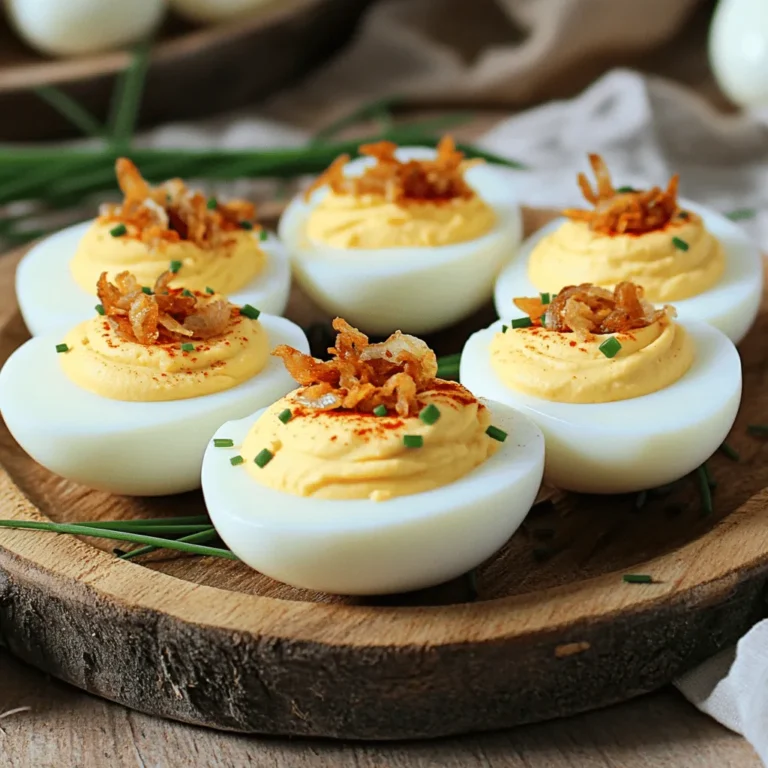 - 6 große Eier - 3 Esslöffel Mayonnaise - 1 Esslöffel Dijon-Senf - 1 Teelöffel Apfelessig - 1 Teelöffel Knoblauchpulver - 1 Teelöffel geräuchertes Paprikapulver - Salz und Pfeffer nach Geschmack - 2 Esslöffel fein gehackter Schnittlauch - 1 Esslöffel Kapern, abgespült und gehackt (optional) - Eine Handvoll knuspriger Röstzwiebeln zum Garnieren Jede Zutat in diesem Rezept hat einen speziellen Zweck. Die Eier sind die Basis. Sie liefern die Proteinquelle und die Textur. Mayonnaise macht die Füllung cremig und reichhaltig. Dijon-Senf fügt eine scharfe Note hinzu. Apfelessig bringt Frische und hilft, den Geschmack zu heben. Knoblauchpulver gibt einen warmen, herzhaften Geschmack. Geräuchertes Paprikapulver sorgt für Rauchnote und Farbe. Schnittlauch bringt Frische und einen leichten Zwiebelgeschmack. Kapern, wenn verwendet, fügen einen salzigen, pikanten Kick hinzu. Schließlich machen die Röstzwiebeln das Ganze knusprig. Die Qualität der Zutaten beeinflusst den Geschmack stark. Wählen Sie frische Eier. Sie sollten fest sein und keine Risse haben. Bei Mayonnaise ist es am besten, eine hochwertige Marke zu wählen oder eine eigene zu machen. Dijon-Senf sollte frisch sein, um den besten Geschmack zu erzielen. Achten Sie beim Paprika und Knoblauchpulver darauf, dass sie nicht abgelaufen sind. Frische Kräuter wie Schnittlauch bringen mehr Aroma. Wenn Sie Kapern verwenden, wählen Sie kleine, hochwertige. So erzielen Sie die besten gefüllten Eier aller Zeiten. Um die besten gefüllten Eier zu machen, beginne mit dem Hartkochen der Eier. Nimm sechs große Eier und lege sie in einen mittelgroßen Topf. Bedecke die Eier mit kaltem Wasser. Stelle den Herd auf mittlere bis hohe Hitze und warte, bis das Wasser kocht. Sobald es kocht, decke den Topf ab und nimm ihn vom Herd. Lass die Eier für 12 Minuten ruhen. Um den Garprozess zu stoppen, lege die Eier danach in ein Eisbad. Lass sie mindestens fünf Minuten abkühlen. Das Schälen der Eier kann knifflig sein. Klopfe die abgekühlten Eier vorsichtig auf einer harten Oberfläche an. Halte sie dann unter kaltes, laufendes Wasser. Dies hilft, die Schale leichter zu entfernen. Achte darauf, die Eier gründlich zu spülen, um Schalenreste zu entfernen. Wenn die Schalen ab sind, schneide jedes Ei der Länge nach in zwei Hälften. Entferne die Eigelbe und lege sie in eine Rührschüssel. Nun geht es an die Füllung. Zerdrücke die Eigelbe mit einer Gabel, bis sie krümelig sind. Füge die Mayonnaise, den Dijon-Senf, den Apfelessig, das Knoblauchpulver, das geräucherte Paprikapulver, Salz und Pfeffer hinzu. Rühre alles gut durch, bis die Mischung glatt und cremig ist. Um den Geschmack zu verbessern, hebe den gehackten Schnittlauch und die Kapern unter. Schmecke die Mischung ab und passe die Gewürze nach deinem Geschmack an. Fülle die Eiweiße mit der Eigelbmasse. Verwende einen Spritzbeutel oder einen Löffel. Garniere die gefüllten Eier zum Schluss mit geräuchertem Paprikapulver und knusprigen Röstzwiebeln für den perfekten Crunch. Du findest die vollständige Anleitung im Full Recipe. Um eine schöne, cremige Füllung zu machen, beginne ich mit frischen Eiern. Die Eier sollten hartgekocht sein und gut abgekühlt. Zerdrücke die Eigelbe gründlich mit einer Gabel. Dadurch wird die Füllung gleichmäßiger. Füge dann die Mayonnaise und den Senf hinzu. Sie geben der Füllung den guten Geschmack und die richtige Konsistenz. Rühre alles mit einem Löffel oder einem Mixer gut durch. Die Mischung sollte glatt und cremig sein. Achte darauf, nicht zu viel Mayo zu verwenden, sonst wird sie zu flüssig. Die Präsentation macht viel aus. Ich empfehle, die gefüllten Eier auf einem schönen Teller zu arrangieren. Lege sie in einer U-Form oder in Reihen an. So wirkt es einladend. Für einen Farbtupfer kannst du etwas geräuchertes Paprikapulver oben drauf geben. Das sieht toll aus und gibt mehr Geschmack. Füge einige knusprige Röstzwiebeln hinzu, um Textur hinzuzufügen. Frischer Schnittlauch ist auch eine schöne Garnitur. Er sieht gut aus und schmeckt frisch. Ein häufiger Fehler ist, die Eier zu lange zu kochen. Das führt zu grünlichen Rändern um das Eigelb. Achte darauf, die Eier genau 12 Minuten zu kochen. Ein weiterer Fehler ist das Nicht-Abschrecken der Eier nach dem Kochen. Das Eisbad hilft, das Kochen zu stoppen und macht das Schälen leichter. Wenn die Füllung zu dick ist, wird das Füllen schwer. Füge einfach etwas mehr Mayo hinzu. Und schließlich, schmecke die Füllung ab. Zu wenig Salz oder Pfeffer kann den Geschmack ruinieren. Für die besten gefüllten Eier aller Zeiten, schau dir das Rezept an: [Full Recipe]. {{image_4}} Ich liebe es, mit Aromen zu spielen. Für die besten gefüllten Eier versuche ich oft neue Ideen. Ein paar einfache Änderungen machen viel aus. Hier sind einige Vorschläge: - Avocado: Zerdrückte Avocado bringt eine cremige Textur. Sie gibt auch eine schöne grüne Farbe. - Sriracha: Ein Spritzer Sriracha macht die Füllung scharf. Es ist perfekt für die, die es würzig mögen. - Bacon: Knusprig gebratener Bacon sorgt für einen tollen Crunch und einen rauchigen Geschmack. - Käse: Fügen Sie geriebenen Cheddar oder Feta hinzu. Das gibt den Eiern mehr Geschmack. Es gibt viele Wege, gefüllte Eier vegetarisch zu gestalten. Sie können die klassischen Zutaten wie Mayonnaise durch pflanzliche Alternativen ersetzen. Ein paar Ideen sind: - Hummus: Verwenden Sie Hummus statt Mayonnaise. Das gibt den Eiern einen tollen, nussigen Geschmack. - Joghurt: Griechischer Joghurt ist eine gesunde Wahl. Er ist cremig und voller Protein. - Kräuter: Frische Kräuter wie Basilikum oder Petersilie können die Füllung aufpeppen. Sie sorgen für frische Noten. Gefüllte Eier sind in vielen Kulturen beliebt. Jedes Land hat seine eigene Note. Hier sind einige internationale Ideen: - Spanisch: Fügen Sie Paprika und Oliven hinzu. Das bringt einen mediterranen Flair. - Indisch: Verwenden Sie Curry-Pulver in der Füllung. Das gibt einen warmen, würzigen Geschmack. - Japanisch: Mischen Sie Wasabi für einen scharfen Kick. Garnieren Sie mit Nori-Streifen für den Umami-Geschmack. Diese Variationen machen Ihre gefüllten Eier einzigartig und köstlich. Experimentieren Sie und finden Sie Ihre Lieblingskombination! Um die besten gefüllten Eier frisch zu halten, lege sie in einen luftdichten Behälter. So bleibt der Geschmack erhalten. Du kannst die Eier auch mit Frischhaltefolie abdecken. Stelle sicher, dass die Eier nicht zu lange offen stehen. Am besten bewahrst du sie im Kühlschrank auf. Die gefüllten Eier halten sich im Kühlschrank etwa drei bis vier Tage. Wenn du sie länger aufbewahren möchtest, ist es besser, sie nicht zu füllen. Koche die Eier und lagere sie unbefüllt. Fülle sie erst kurz vor dem Servieren. Ich empfehle, gefüllte Eier nicht einzufrieren. Die Textur leidet beim Einfrieren. Wenn du Reste hast, friere die Füllung ein, aber nicht die ganzen Eier. Du kannst die Füllung später auftauen und frisch in die Eiweiße füllen. So bleibt der Geschmack erhalten und die Textur ist perfekt. Für die besten gefüllten Eier, schau dir das [Full Recipe] an. Um die besten gefüllten Eier zu machen, folge einfach diesem Rezept. Zuerst koche die Eier hart. Dann kühle sie schnell in Eiswasser ab. Das hilft beim Schälen. Zerdrücke die Eigelbe und mische sie mit Mayonnaise, Senf und Gewürzen. Achte darauf, dass die Mischung cremig ist. Fülle die Eiweiße großzügig. Garniere sie mit Paprikapulver und Röstzwiebeln. Diese Schritte machen deine gefüllten Eier besonders lecker! Ja, du kannst gefüllte Eier im Voraus zubereiten. Bereite die Füllung und die Eiweiße getrennt vor. Lagere die Füllung in einem Behälter im Kühlschrank. Fülle die Eier erst kurz vor dem Servieren. So bleiben sie frisch und lecker. Du kannst sie auch einen Tag vorher machen. Achte darauf, sie gut zu decken, damit sie nicht austrocknen. Gefüllte Eier passen gut zu vielen Beilagen. Serviere sie mit einem frischen Salat. Ein Kartoffelsalat ist auch eine gute Wahl. Du kannst sie auch mit Gemüse-Sticks oder Crackern kombinieren. Diese Beilagen ergänzen den Geschmack der gefüllten Eier. Sie bringen Vielfalt auf den Tisch. Gefüllte Eier sind einfach zuzubereiten und lecker. Wir haben die Zutaten und ihre Funktionen besprochen. Die Schritt-für-Schritt-Anleitung hilft dir, perfekte Eier zu machen. Tipps zeigen, wie du Fehler vermeidest und deine gefüllten Eier ansprechend präsentierst. Variationen zeigen kreative Wege, gefüllte Eier zu genießen. Vergiss nicht, die Lagerungshinweise zu beachten, um Frische zu garantieren. Mit diesen Informationen bist du bereit, tolle gefüllte Eier zu kreieren. Viel Spaß beim Ausprobieren und Genießen!