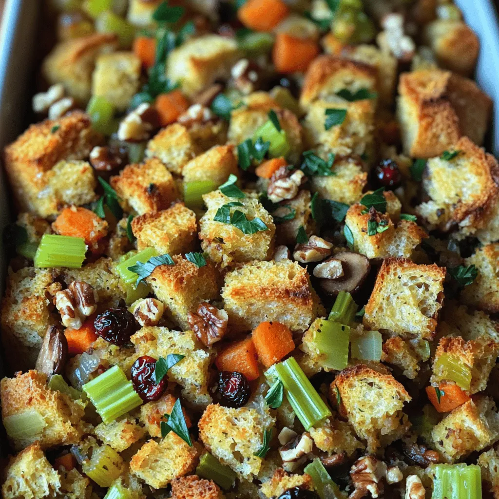 Für die ultimative Thanksgiving-Füllung benötigst du: - 1 Laib knuspriges Sauerteigbrot, gewürfelt - 1 Tasse Sellerie, gewürfelt - 1 Tasse Zwiebel, gewürfelt - 1 Tasse Karotten, gewürfelt - 3 Knoblauchzehen, fein gehackt - 1 Tasse Champignons, gehackt - 1 Teelöffel getrockneter Salbei - 1 Teelöffel getrockneter Thymian - 1 Teelöffel getrockneter Rosmarin - ½ Teelöffel schwarzer Pfeffer, gemahlen - 2 Tassen Gemüsebrühe - 1 Tasse getrocknete Cranberries - ½ Tasse Walnüsse, grob gehackt - ¼ Tasse frische Petersilie, fein gehackt - ¼ Tasse Olivenöl - Salz nach Geschmack Die Hauptzutaten in dieser Füllung bieten viele Nährstoffe. - Sauerteigbrot liefert Kohlenhydrate und Ballaststoffe. - Sellerie und Zwiebel bringen Vitamine und Mineralien. - Karotten sind reich an Beta-Carotin, gut für die Augen. - Champignons enthalten Vitamin D und Antioxidantien. - Walnüsse bieten gesunde Fette und Eiweiß. Diese Zutaten machen die Füllung nahrhaft und lecker. Falls du Gluten vermeidest, kannst du glutenfreies Brot verwenden. Es gibt viele Marken, die guten Geschmack bieten. Für eine vegane Version lasse die Walnüsse weg oder ersetze sie durch Sonnenblumenkerne. Du kannst auch frische Kräuter anstelle von getrockneten verwenden. Das gibt einen frischen Geschmack. Mit diesen Alternativen bleibt die Füllung köstlich und anpassbar. Die Vorbereitungszeit für die ultimative Thanksgiving-Füllung beträgt etwa 20 Minuten. Für die Zubereitung brauchen Sie: - Eine große Pfanne - Eine große Schüssel - Eine Auflaufform - Ein scharfes Messer - Ein Schneidebrett - Aluminiumfolie Diese Utensilien helfen Ihnen, die Füllung einfach und effektiv zuzubereiten. 1. Heizen Sie Ihren Ofen auf 190°C (375°F) vor. 2. Erhitzen Sie in einer großen Pfanne das Olivenöl bei mittlerer Hitze. 3. Fügen Sie die gewürfelte Zwiebel, den Sellerie und die Karotten hinzu. Braten Sie das Gemüse etwa 5-7 Minuten lang an, bis es weich ist. 4. Geben Sie die gehackten Champignons und den Knoblauch dazu. Kochen Sie die Mischung weitere 3 Minuten, bis die Champignons zart sind. 5. Streuen Sie den getrockneten Salbei, Thymian, Rosmarin und schwarzen Pfeffer hinein. Kochen Sie alles für eine weitere Minute. 6. In einer großen Schüssel kombinieren Sie die gewürfelten Sauerteigbrotstücke, die angebratenen Gemüse-Mischung, die getrockneten Cranberries, die gehackten Walnüsse und die frische Petersilie. 7. Gießen Sie nach und nach die Gemüsebrühe über die Mischung. Rühren Sie sanft um, bis das Brot gleichmäßig feucht ist. Passen Sie die Würze mit Salz nach Belieben an. 8. Geben Sie die Füllung in eine gefettete Auflaufform und verteilen Sie sie gleichmäßig. 9. Decken Sie die Form mit Aluminiumfolie ab und backen Sie die Füllung im Ofen 25 Minuten lang. 10. Entfernen Sie die Folie und backen Sie die Füllung weitere 15 Minuten, bis die Oberseite goldbraun und knusprig ist. 11. Lassen Sie die Füllung einige Minuten abkühlen, bevor Sie sie servieren. Um die perfekte Textur zu erreichen, achten Sie darauf, dass die Füllung nicht zu trocken oder zu nass ist. Die Mischung sollte leicht feucht sein. Wenn Sie die Füllung im Ofen backen, sollte die Oberseite schön goldbraun und knusprig sein. Wenn Sie die Füllung vorbereiten, lassen Sie sie vor dem Backen etwas ruhen. So können sich die Aromen besser entfalten. Wenn Sie die Füllung etwas früher machen, können Sie sie im Kühlschrank aufbewahren. Dann ist sie bereit für den Ofen, wenn Sie bereit sind, sie zu servieren. Ein häufiger Fehler ist, das Brot nicht richtig zu würfeln. Zu große Stücke bleiben hart. Würfeln Sie das Brot in gleichmäßige Stücke. So wird die Füllung gleichmäßig. Ein weiterer Fehler ist, das Gemüse nicht genug zu braten. Es sollte weich sein, bevor Sie die Gewürze hinzufügen. Vermeiden Sie auch zu viel Brühe. Zu viel Flüssigkeit macht die Füllung matschig. Gießen Sie die Brühe schrittweise und testen Sie die Konsistenz. Um den Geschmack zu verstärken, fügen Sie einige frische Kräuter hinzu. Frischer Thymian oder Rosmarin machen einen großen Unterschied. Auch das Rösten der Walnüsse bringt mehr Aroma. Rösten Sie die Nüsse in einer Pfanne, bevor Sie sie zur Mischung geben. Ein Spritzer Zitronensaft kann auch helfen. Er bringt Frische und hebt die Aromen hervor. Für stressfreies Kochen können Sie die Füllung einen Tag im Voraus zubereiten. Bereiten Sie alles bis zur letzten Backzeit vor. Decken Sie die Füllung ab und stellen Sie sie in den Kühlschrank. Am Tag des Festes nehmen Sie sie einfach heraus und backen sie. So sparen Sie Zeit und Nerven. Denken Sie daran, die Füllung vor dem Backen auf Zimmertemperatur zu bringen. {{image_4}} Für eine vegetarische oder vegane Füllung, ersetzen Sie die Brühe durch Gemüsebrühe. Verwenden Sie zusätzlich pflanzliche Butter oder Öl. Statt Walnüssen können Sie Sonnenblumenkerne nehmen. Diese Optionen bieten tollen Geschmack und sind gesund. In verschiedenen Regionen gibt es viele tolle Variationen. Zum Beispiel, in der Süddeutschen Küche, fügen Sie gerne Äpfel oder Kastanien hinzu. In der italienischen Variante können Sie Parmesan und Pinienkerne verwenden. Fühlen Sie sich frei, mit verschiedenen Kräutern und Gewürzen zu experimentieren. Jede Anpassung macht die Füllung einzigartig. Servieren Sie die Füllung mit klassischen Beilagen. Ein herzhaftes Gemüsegericht oder ein frischer Salat ergänzen das Gericht gut. Auch Preiselbeersoße ist ein beliebter Begleiter. Diese Kombinationen erhöhen den Genuss und machen das Festmahl unvergesslich. Nach dem Kochen sollten Sie die Füllung schnell abkühlen lassen. Das verhindert Bakterienwachstum. Lagern Sie die Füllung in einem luftdichten Behälter. Ideal ist der Kühlschrank. Dort bleibt die Füllung bis zu drei Tage frisch. Vor dem Servieren können Sie sie einfach aufwärmen. Wenn Sie die Füllung länger aufbewahren möchten, können Sie sie einfrieren. Teilen Sie die Füllung in Portionen auf. Verwenden Sie gefrierfreundliche Behälter oder Beutel. Diese halten die Füllung bis zu drei Monate. Denken Sie daran, das Datum aufzuschreiben. So wissen Sie immer, wann Sie sie eingefroren haben. Um die gefrorene Füllung aufzutauen, legen Sie sie über Nacht in den Kühlschrank. Erhitzen Sie die Füllung dann in einer Pfanne oder im Ofen. Fügen Sie etwas Brühe hinzu, wenn sie trocken wirkt. So bleibt die Füllung weich und lecker. Achten Sie darauf, nicht zu lange zu erhitzen. So bleibt die Konsistenz perfekt. Wenn Sie kein Brot verwenden möchten, probieren Sie Quinoa oder Reis. Diese Optionen sind glutenfrei und leicht zu finden. Sie haben eine gute Textur und nehmen die Aromen gut auf. Verwenden Sie einfach die gleiche Menge Quinoa oder Reis wie Brot. Kochen Sie sie vorher, um die beste Konsistenz zu erreichen. Sie können auch Blumenkohlreis verwenden. Dieser ist kalorienärmer und sehr gesund. Sie können die Füllung bis zu zwei Tage im Voraus zubereiten. Lagern Sie sie in einem luftdichten Behälter im Kühlschrank. So bleiben die Aromen frisch. Vor dem Backen, fügen Sie etwas Gemüsebrühe hinzu. Dadurch bleibt die Füllung saftig. Wenn Sie sie gefrieren möchten, können Sie das auch tun. Frieren Sie die Füllung in einem festen Behälter ein. So bleibt sie bis zu drei Monate haltbar. Ja, Sie können die Füllung ohne Nüsse zubereiten. Es gibt viele leckere Alternativen. Fügen Sie mehr getrocknete Cranberries oder gewürfelte Äpfel hinzu. Diese sorgen für eine süße Note. Wenn Sie mehr Textur wünschen, können Sie auch Samen verwenden. Sonnenblumenkerne oder Kürbiskerne sind gute Optionen. Sie bieten einen schönen Crunch und sind gesund. Die Thanksgiving-Füllung ist mehr als nur eine Beilage. Wir haben die besten Zutaten und deren Nährstoffe betrachtet. Ich habe dir auch Schritt für Schritt erklärt, wie du sie perfekt zubereitest. Tipps helfen dir, häufige Fehler zu vermeiden und zusätzlichen Geschmack hinzuzufügen. Die Variationen und Lagerungshinweise geben dir Flexibilität bei der Zubereitung. Also, starte deine eigene köstliche Füllung und passe sie nach deinem Geschmack an! Du wirst Rezeptanpassungen und Tipps lieben. Mach dein Thanksgiving unvergesslich!