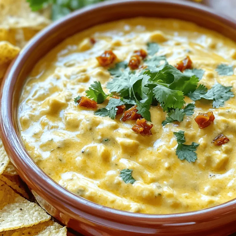 Für das Rezept von Smoky Hatch Chile Queso benötigen Sie: - 2 Tassen frische Hatch-Chilis, geröstet, geschält und gewürfelt - 1 Esslöffel Olivenöl - 1 kleine Zwiebel, fein gehackt - 2 Knoblauchzehen, fein gehackt - 1 Teelöffel geräucherter Paprika - 1/2 Teelöffel Kreuzkümmel - 1/4 Teelöffel Cayennepfeffer (optional, für zusätzliche Schärfe) - 2 Tassen sharp Cheddar-Käse, gerieben - 1 Tasse Frischkäse, weich - 1/2 Tasse Milch (oder mehr für die gewünschte Konsistenz) - Salz und Pfeffer nach Geschmack - Frischer Koriander, gehackt (zum Garnieren) - Tortilla-Chips (zu Servieren) Frische Hatch-Chilis sind wichtig für den besten Geschmack. Achten Sie auf: - Farbe: Sie sollten lebendig grün oder rot sein. - Textur: Sie sollten fest und knackig sein. - Geruch: Ein frischer, scharfer Duft zeigt gute Qualität an. Rösten Sie die Chilis, um den rauchigen Geschmack zu entfalten. Verwenden Sie eine Grillplatte oder eine offene Flamme. Falls Sie keine frischen Hatch-Chilis finden, gibt es Alternativen: - Eingelegte Hatch-Chilis: Diese sind bequem und oft sehr schmackhaft. Sie können sie direkt verwenden. - Andere Chilis: Probieren Sie Poblano oder Anaheim-Chilis. Diese sind milder, aber auch lecker. - Käse: Verwenden Sie eine Mischung aus Cheddar und Monterey Jack für mehr Geschmack. Das Wissen um diese Alternativen macht das Kochen einfacher und flexibler. Zuerst röste die Hatch-Chilis. Du kannst sie über einer offenen Flamme oder im Grill rösten. Das macht sie weich und gibt ihnen einen tollen Geschmack. Wenn die Haut schwarz ist, lege die Chilis in eine Schüssel. Decke sie mit Frischhaltefolie ab und lasse sie etwa 10 Minuten dämpfen. So lässt sich die Haut leichter abziehen. Danach entferne die Kerne und schneide die Chilis in kleine Stücke. Wenn du es einfacher magst, kannst du auch eingelegte Hatch-Chilis verwenden. Jetzt erhitze das Olivenöl in einem mittelgroßen Topf bei mittlerer Hitze. Füge die gehackte Zwiebel hinzu und brate sie 3-4 Minuten lang. Sie sollte weich werden. Dann kommt der gehackte Knoblauch dazu. Rühre auch den geräucherten Paprika, Kreuzkümmel und, falls du magst, Cayennepfeffer ein. Lass alles eine weitere Minute kochen, bis es gut riecht. Reduziere die Hitze auf niedrig. Jetzt kommen der geriebene Cheddar und der weiche Frischkäse in den Topf. Rühre ständig, bis der Käse schmilzt. Füge langsam die Milch hinzu und rühre weiter. So wird die Sauce schön cremig. Brauchst du eine dünnere Konsistenz? Dann gib mehr Milch dazu. Füge schließlich die gerösteten Chilis hinzu und würze mit Salz und Pfeffer. Lass alles 5 Minuten köcheln, damit es warm wird. Für das vollständige Rezept schau dir die [Full Recipe] an. Um die besten Hatch-Chilis auszuwählen, achte auf die Farbe. Sie sollten eine lebendige grüne oder rote Farbe haben. Frische Chilis sind fest und haben keine Flecken. Beim Umgang mit Chilis trage am besten Handschuhe. Die Öle können brennen, wenn du sie mit deinen Händen berührst. Röste die Chilis über einer offenen Flamme oder im Ofen, bis die Haut schwarz wird. Danach dämpfst du sie in einer Schüssel. Das macht das Schälen einfacher. Käse schmelzen kann knifflig sein. Beginne bei niedriger Hitze, um ein Anbrennen zu vermeiden. Ich empfehle, den Käse langsam hinzuzufügen. Rühre ständig, damit er gleichmäßig schmilzt. Wenn du Frischkäse hinzufügst, wird der Queso cremiger. Wenn die Käsemischung zu dick wird, füge etwas Milch hinzu. So erreichst du die perfekte, cremige Konsistenz. Ein häufiger Fehler ist, die Chilis nicht richtig zu rösten. Wenn sie nicht gut geröstet sind, fehlt der Rauchgeschmack. Achte darauf, die Zwiebeln nicht zu lange zu garen. Sie sollten weich, aber nicht braun sein. Ein weiterer Fehler ist, zu viel Käse auf einmal hinzuzufügen. Das kann Klumpen bilden. Rühre immer gründlich um. Verpasse nicht das Abschmecken! So kannst du den Queso genau nach deinem Geschmack anpassen. {{image_4}} Wenn Sie eine vegane oder laktosefreie Option suchen, können Sie einige Zutaten leicht ersetzen. Verwenden Sie veganen Käse anstelle von Cheddar. Für den Frischkäse probieren Sie einen pflanzlichen Frischkäse. Statt Milch können Sie Mandel- oder Hafermilch nehmen. Diese Alternativen geben Ihnen einen ähnlichen Geschmack und eine gute Konsistenz. Fügen Sie für mehr Geschmack und Textur zusätzliche Zutaten hinzu. Schwarze Bohnen oder Pintobohnen passen hervorragend in den Queso. Sie bringen eine cremige Note. Wenn Sie etwas Herzhaftes wollen, können Sie knusprigen Speck hinzufügen. Braten Sie ihn zuerst an und fügen Sie ihn am Ende hinzu. So bleibt der Speck schön knusprig. Die Schärfe des Queso können Sie leicht anpassen. Verwenden Sie mildere Paprika, wenn Sie es sanft mögen. Wenn Sie gerne mehr Hitze haben, fügen Sie mehr Cayennepfeffer hinzu. Ein Spritzer scharfe Sauce kann auch helfen. Testen Sie die Mischung während des Kochens. So finden Sie die perfekte Schärfe für Ihren Geschmack. Wenn Sie Queso übrig haben, bewahren Sie ihn in einem luftdichten Behälter auf. Lassen Sie ihn zuerst auf Raumtemperatur abkühlen. So bleibt er frisch und lecker. Sie können ihn bis zu fünf Tage im Kühlschrank aufbewahren. Achten Sie darauf, den Behälter gut zu verschließen, um Luft und Feuchtigkeit abzuhalten. Um Queso wieder aufzuwärmen, nutzen Sie am besten einen kleinen Topf. Erhitzen Sie ihn bei schwacher Hitze. Rühren Sie häufig, damit er nicht anbrennt. Fügen Sie einen Schuss Milch hinzu, um die cremige Konsistenz zu erhalten. Wenn Sie eine Mikrowelle nutzen, erwärmen Sie ihn in kurzen Intervallen von 30 Sekunden. Rühren Sie dazwischen gut um. Im Kühlschrank bleibt Queso bis zu fünf Tage frisch. Wenn Sie ihn länger aufbewahren möchten, können Sie ihn einfrieren. Gießen Sie den Queso in einen gefrierfesten Behälter. So bleibt er bis zu drei Monate gut. Denken Sie daran, ihn vor dem Gebrauch über Nacht im Kühlschrank aufzutauen. Erwärmen Sie ihn dann wie oben beschrieben. Frische Hatch-Chilis sind oft auf Märkten oder in Geschäften erhältlich. Suchen Sie nach lokalen Bauernmärkten, vor allem im Spätsommer. Viele Supermärkte führen auch saisonale Chilis. Fragen Sie die Verkäufer, wenn Sie sie nicht finden können. Wenn Sie keine Hatch-Chilis haben, nutzen Sie geräucherte Paprika. Diese gibt einen ähnlichen Geschmack. Sie können auch andere Chilis rösten, um einen rauchigen Effekt zu erzielen. Rösten Sie Chilis über einer offenen Flamme oder im Ofen, bis sie weich sind. Queso muss nicht scharf sein. Die Schärfe hängt von den verwendeten Chilis ab. Möchten Sie es milder? Verwenden Sie weniger scharfe Chilis oder entfernen Sie die Samen. Für mehr Schärfe fügen Sie Cayennepfeffer hinzu. So können Sie die Schärfe nach Ihrem Geschmack anpassen. Um köstliches Queso zuzubereiten, brauchen Sie frische Zutaten, vor allem Hatch-Chilis. Die Schritt-für-Schritt-Anleitung zeigt Ihnen, wie Sie die Chilis richtig zubereiten und die Käsesauce anpassen. Nutzen Sie die Tipps und Tricks, um Fehler zu vermeiden und den Käse perfekt zu schmelzen. Variationen wie vegane Optionen wählen Sie einfach aus. Achten Sie auf die richtige Lagerung und Aufwärmmethoden für übrig gebliebenes Queso. Kochen macht Spaß, also experimentieren Sie mit den Rezepten und genießen Sie jedes Mal den vollen Geschmack.