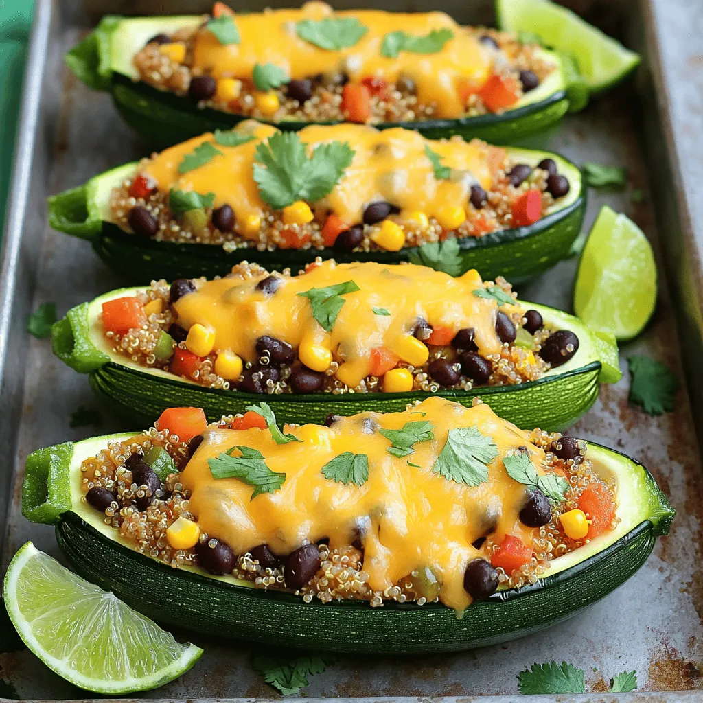 - 4 mittelgroße Zucchini - 1 Tasse gekochter Quinoa - 1 Tasse schwarze Bohnen, abgetropft und abgespült Die Zucchini sind die Hauptdarsteller in diesem Rezept. Sie sind gesund und leicht. Quinoa liefert wertvolle Proteine. Schwarze Bohnen bringen Ballaststoffe und einen tollen Geschmack. Gemeinsam bilden sie eine perfekte Füllung für die Zucchini-Boote. - 1 Teelöffel Kreuzkümmel - 1 Teelöffel Chili-Pulver - 1/2 Teelöffel Knoblauchpulver - 1 Tasse geriebener Cheddar-Käse oder veganer Käse Die Gewürze machen den Unterschied. Kreuzkümmel und Chili-Pulver verleihen den Zucchini eine schöne Würze. Knoblauchpulver rundet den Geschmack ab. Der Käse gibt eine cremige Note. Du kannst auch veganen Käse verwenden, wenn du das bevorzugst. - Frischer Koriander, gehackt - Limettenschnitze zum Servieren Frischer Koriander bringt Frische und Farbe. Limettenschnitze sind perfekt, um jedem Bissen einen spritzigen Kick zu geben. Diese Garnitur macht die Zucchini-Boote noch ansprechender. Das ist die Grundlage für die leckeren Southwest Zucchini-Boote. Wenn du mehr über die Zubereitung erfahren möchtest, sieh dir das Rezept an. Heize deinen Ofen auf 190°C (375°F) vor. Das ist wichtig, um die Zucchini gleichmäßig zu garen. Halbiere die Zucchini der Länge nach. Nimm einen Löffel und höhle das Innere aus. Lass etwa 0,5 cm Zucchini-Fleisch stehen. Das hilft, die Boote stabil zu machen. Bewahre das ausgehöhlte Zucchini-Fleisch auf. Du kannst es später in der Füllung verwenden. In einer großen Schüssel vermische den gekochten Quinoa, die schwarzen Bohnen, den Mais und die gewürfelte rote Paprika. Füge das aufbewahrte Zucchini-Fleisch hinzu. Jetzt kommen die Gewürze ins Spiel. Gib Kreuzkümmel, Chili-Pulver und Knoblauchpulver dazu. Vergiss nicht, Salz und Pfeffer hinzuzufügen. Rühre alles gut um, bis die Zutaten gleichmäßig verteilt sind. Diese Mischung gibt den Zucchini-Boote ihren tollen Geschmack. Jetzt ist es Zeit, die Zucchini zu füllen. Nimm einen Löffel und fülle jede Zucchini mit der Quinoa-Bohnen-Mischung. Drücke die Füllung sanft zusammen. So bleibt alles gut in den Booten. Lege die gefüllten Zucchini in eine Auflaufform. Decke sie mit Alufolie ab. Backe die Zucchini im vorgeheizten Ofen für 25 Minuten. Danach entferne die Folie. Streue den geriebenen Cheddar-Käse gleichmäßig auf jede Zucchini. Backe sie für weitere 10-15 Minuten ohne Abdeckung. Der Käse sollte sprudelnd und goldbraun sein. Nimm die Zucchini-Boote aus dem Ofen und lasse sie kurz abkühlen. Um die besten Zucchini-Boote zu machen, musst du die Zucchini richtig aushöhlen. Halbiere sie zuerst der Länge nach. Nimm dann einen Löffel und kratze das Innere vorsichtig heraus. Lass etwa 0,5 cm Zucchini-Fleisch stehen. So bleiben die Boote stabil. Du kannst das ausgehöhlte Fleisch später in die Füllung mischen. Um den Geschmack zu verbessern, kannst du die Füllung erweitern. Füge zum Beispiel gewürfelte Tomaten oder Paprika hinzu. Auch Mais sorgt für einen süßen Biss. Experimentiere mit verschiedenen Zutaten, um dein perfektes Zucchini-Boot zu finden. Für Käseliebhaber ist der Cheddar eine tolle Wahl. Er schmilzt gut und hat einen starken Geschmack. Es gibt jedoch auch vegane Optionen. Du kannst veganen Käse verwenden, der schmilzt. Das macht die Zucchini-Boote für alle lecker. Wenn du gerne experimentierst, probiere verschiedene Käsesorten. Mozzarella gibt eine cremige Textur. Feta bringt einen salzigen Geschmack. Jede Käsesorte gibt diesen Booten einen anderen Twist. Die Gewürze machen den Unterschied. Für einen würzigen Kick, kannst du Paprika oder Cayennepfeffer hinzufügen. Magst du es milder? Reduziere einfach die Menge an Chili-Pulver. Du kannst die Gewürze nach deinem Geschmack anpassen. Wenn du frische Kräuter magst, füge Koriander oder Petersilie hinzu. Diese bringen Frische und Farbe. Sei kreativ und finde deine Lieblingskombination. {{image_4}} Ich mag es, die Füllung meiner Zucchini-Boote zu variieren. Du kannst Hähnchen oder Pute hinzufügen. Diese Fleischsorten bringen viel Geschmack und machen das Gericht sättigender. Für eine vegane Option ist Tofu eine hervorragende Wahl. Tofu nimmt die Aromen gut auf und gibt dir eine gute Proteinquelle. Wenn du die vegetarische Variante bevorzugst, spiele mit zusätzlichen Gemüse. Du kannst Paprika, Zwiebeln oder Spinat hinzufügen. Diese Zutaten sorgen für mehr Farbe und Geschmack. Glutenfreie Alternativen sind auch einfach umzusetzen. Statt Quinoa kannst du Reis verwenden. So bleibst du in der glutenfreien Zone. Möchtest du mehr Schärfe? Verwende scharfe Paprika in deiner Füllung. Sie geben den Zucchini-Boote einen aufregenden Kick. Frische Kräuter wie Koriander oder Petersilie sind auch toll. Sie fügen nicht nur Geschmack hinzu, sondern machen das Gericht auch schöner. Für das vollständige Rezept schau dir die [Full Recipe] an. Bewahre die Zucchini-Boote im Kühlschrank auf. Lege sie in einen luftdichten Behälter. So bleiben sie frisch. Zucchini-Boote halten sich etwa drei bis fünf Tage. Du kannst sie auch einfrieren. Wickel sie dazu in Frischhaltefolie und lege sie in einen Gefrierbeutel. So bleiben sie bis zu drei Monate haltbar. Du kannst Zucchini-Boote im Voraus zubereiten. Fülle die Zucchini und backe sie später. Lagere sie einfach im Kühlschrank. Zum Wiederaufwärmen, stelle sie in den Ofen. Heize ihn auf 180°C. Erwärme die Zucchini-Boote für etwa 15 Minuten. So schmecken sie wie frisch gemacht. Zucchini-Boote sind perfekt für Meal Prep. Teile sie in Portionen für die Woche. Du kannst sie auch mit verschiedenen Beilagen kombinieren. Mach die Zubereitung effizienter, indem du alle Zutaten vorbereitest. So hast du eine schnelle und gesunde Mahlzeit zur Hand. Backe die Zucchini-Boote für insgesamt 35 bis 40 Minuten. Zuerst decke sie mit Folie ab und backe sie 25 Minuten. Dann nimm die Folie weg und füge den Käse hinzu. Backe sie ohne Folie für 10 bis 15 Minuten. So wird der Käse schön goldbraun. Ja, du kannst die Zucchini-Boote im Voraus machen. Fülle sie und stelle sie in den Kühlschrank. Sie bleiben frisch für zwei Tage. Du kannst sie auch einfrieren. Achte darauf, sie gut zu verpacken, damit sie nicht gefrieren. Zucchini sind super gesund! Sie sind kalorienarm und haben viel Wasser. Außerdem sind sie reich an Vitaminen wie Vitamin C und A. Diese Vitamine stärken dein Immunsystem. Zucchini enthalten auch Ballaststoffe, die gut für die Verdauung sind. Du kannst die Zucchini-Boote mit vielen Beilagen servieren. Ein frischer grüner Salat passt gut. Auch Reis oder Quinoa sind tolle Optionen. Wenn du eine herzhaftere Beilage magst, probiere gebratenes Gemüse oder Guacamole. Ja, du kannst die Zucchini-Boote einfrieren. Lass sie zuerst abkühlen. Wickel sie dann in Frischhaltefolie. Lege sie in einen Gefrierbeutel. So bleiben sie bis zu drei Monate frisch. Zum Aufwärmen, backe sie einfach im Ofen, bis sie heiß sind. Zusammenfassend haben wir die Hauptzutaten und Gewürze der Zucchini-Boote durchgesehen. Du hast gelernt, wie man sie zubereitet, füllt und backt. Auch Tipps zu Lagerung und Variationen habe ich dir vorgestellt. Diese Rezepte sind einfach und anpassbar. Nutze sie, um gesunde, schmackhafte Mahlzeiten zu servieren. Experimentiere mit Gewürzen und Zutaten. So findest du deine perfekte Kombination. Viel Spaß beim Kochen und Genießen!
