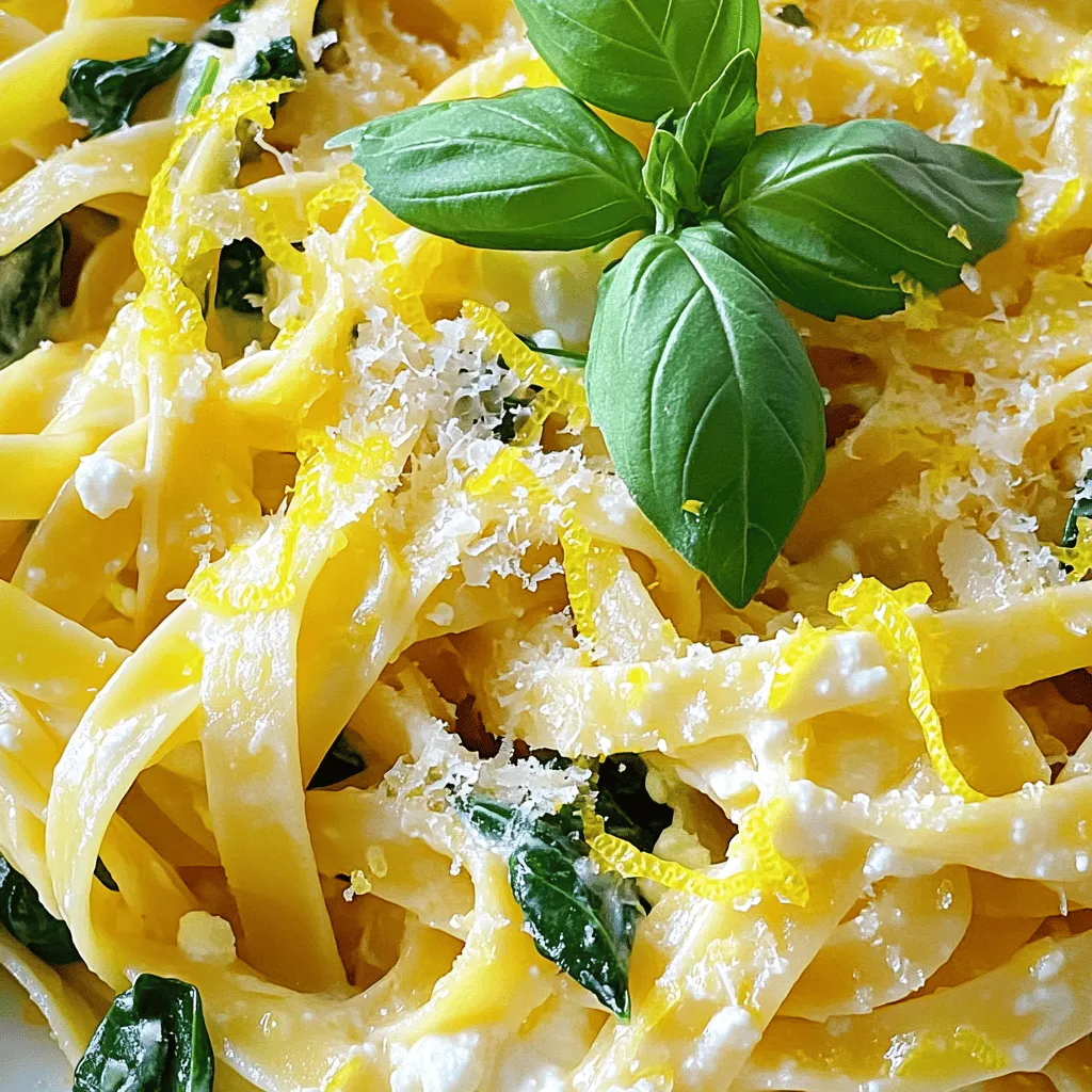 Für ein leckeres Lemon Ricotta Pasta-Gericht brauche ich folgende Hauptzutaten: - 340 g Pasta (Linguine oder Fettuccine) - 250 g frischer Ricotta-Käse - 1 große Zitrone (abgerieben und ausgepresst) - 3 Esslöffel Olivenöl - 2 Knoblauchzehen, fein gehackt - 1 Tasse frischer Spinat, grob gehackt Diese Zutaten sind frisch und einfach zu finden. Die Pasta bringt die Basis, während Ricotta eine cremige Textur gibt. Die Zitrone sorgt für Frische. Um den Geschmack zu verbessern, füge ich noch diese Zutaten hinzu: - Salz und Pfeffer nach Geschmack - 30 g geriebener Parmesan-Käse - Frische Basilikumblätter als Garnitur - Optional: Zerdrückte rote Pfefferflocken für zusätzliche Schärfe Das Salz hebt den Geschmack der Zutaten. Der Parmesan fügt einen herzhaften Touch hinzu. Basilikum bringt Aroma, während die Pfefferflocken einen kleinen Kick geben. Achte darauf, frische Zutaten zu wählen. Der Ricotta sollte cremig und nicht trocken sein. Die Zitrone muss saftig und fest sein. Verwende hochwertigen Parmesan für den besten Geschmack. Frischer Spinat sollte knackig und grün sein. So wird dein Gericht besonders lecker. Zuerst brauchen wir einen großen Topf. Füllen Sie ihn mit leicht gesalzenem Wasser. Bringen Sie das Wasser zum Kochen. Fügen Sie 340 g Pasta hinzu. Linguine oder Fettuccine sind ideal. Kochen Sie die Pasta laut Anleitung, bis sie al dente ist. Heben Sie eine Tasse des Nudelwassers auf. Gießen Sie dann die Pasta ab und stellen Sie sie beiseite. Erhitzen Sie 3 Esslöffel Olivenöl in einer großen Pfanne bei mittlerer Hitze. Fügen Sie 2 fein gehackte Knoblauchzehen hinzu. Sautieren Sie den Knoblauch für etwa 1 Minute, bis er gut riecht. Achten Sie darauf, dass er nicht verbrennt, da er sonst bitter wird. Gießen Sie das aufbewahrte Nudelwasser in die Pfanne. Jetzt kommt die abgegossene Pasta dazu. Rühren Sie um, damit sich das Öl gleichmäßig verteilt. Reduzieren Sie die Hitze und fügen Sie 250 g frischen Ricotta-Käse hinzu. Geben Sie die abgeriebene Schale und den Saft von 1 großen Zitrone dazu. Mischen Sie alles gut, bis die Sauce cremig ist. Jetzt rühren Sie 1 Tasse grob gehackten Spinat ein. Würzen Sie die Mischung mit Salz und Pfeffer nach Geschmack. Halten Sie die Hitze niedrig, bis der Spinat verwelkt, etwa 2-3 Minuten. Streuen Sie 30 g geriebenen Parmesan-Käse darüber und vermengen Sie alles. Servieren Sie die Pasta sofort. Garnieren Sie sie mit frischen Basilikumblättern und eventuell mehr Parmesan. Ein häufiger Fehler ist, die Pasta zu lange zu kochen. Sie sollte al dente sein. Überprüfen Sie die Kochzeit auf der Verpackung. Wenn Sie die Pasta abgießen, heben Sie etwas Nudelwasser auf. Das hilft, die Sauce zu binden. Achten Sie darauf, den Knoblauch nicht zu verbrennen, während Sie ihn anbraten. Ein verbrannter Geschmack kann das Gericht ruinieren. Die optimale Kochzeit hängt von der Pasta ab. Linguine und Fettuccine brauchen etwa 8 bis 10 Minuten. Probieren Sie die Pasta während des Kochens. Sie sollte weich, aber noch bissfest sein. Wenn Sie die Pasta abgießen, verwenden Sie kaltes Wasser, um den Kochprozess zu stoppen. Sie können den Geschmack der Lemon Ricotta Pasta leicht anpassen. Fügen Sie frische Kräuter wie Petersilie oder Thymian hinzu. Für mehr Schärfe geben Sie zerdrückte rote Pfefferflocken hinzu. Auch andere Käsesorten wie Feta oder Ziegenkäse sind gute Alternativen. Experimentieren Sie mit verschiedenen Gemüsesorten, um neue Aromen zu entdecken. {{image_4}} Wenn Sie eine vegetarische Option suchen, können Sie die Pasta einfach anpassen. Fügen Sie mehr Gemüse hinzu. Zucchini, Paprika oder Erbsen sind tolle Optionen. Diese Gemüsesorten geben Farbe und Geschmack. Sie sind auch gesund und nahrhaft. Sie können auch Feta-Käse anstelle von Ricotta verwenden. Das bringt einen salzigen, cremigen Geschmack. Um mehr Protein hinzuzufügen, probieren Sie Hühnchen oder Garnelen. Braten Sie diese in der Pfanne, bevor Sie die Pasta hinzufügen. Wenn Sie eine pflanzliche Quelle bevorzugen, können Sie Kichererbsen verwenden. Diese geben der Pasta einen nussigen Geschmack und sind sehr nahrhaft. Sie sind eine tolle Ergänzung für eine ausgewogene Mahlzeit. Für eine glutenfreie Variante wählen Sie glutenfreie Pasta. Es gibt viele Sorten aus Reis oder Linsen. Diese passen gut zu unserem Rezept. Achten Sie darauf, die Kochzeit zu überprüfen, da sie anders sein kann. So bleibt die Pasta perfekt al dente. Sie können auch Zucchini-Nudeln verwenden. Diese sind leicht und frisch und passen gut zu der cremigen Sauce. Wenn Sie Reste von Lemon Ricotta Pasta haben, lagern Sie sie in einem luftdichten Behälter. Lassen Sie die Pasta zuerst auf Raumtemperatur abkühlen. Stellen Sie sicher, dass Sie den Behälter gut verschließen. So bleibt die Pasta frisch. Sie können die Reste bis zu drei Tage im Kühlschrank aufbewahren. Um die Pasta wieder aufzuwärmen, verwenden Sie eine Pfanne. Geben Sie etwas Olivenöl oder Nudelwasser hinzu, um die Sauce cremig zu halten. Erhitzen Sie die Pasta bei schwacher Hitze, bis sie warm ist. Rühren Sie regelmäßig um, damit sie gleichmäßig erwärmt wird. Die frischen Zutaten haben unterschiedliche Haltbarkeiten. Ricotta-Käse hält sich im Kühlschrank etwa eine Woche. Zitronen bleiben bis zu zwei Wochen frisch. Spinat ist am besten innerhalb von drei Tagen zu verbrauchen. Achten Sie darauf, die Zutaten gut zu lagern, um Frische zu bewahren. Um Lemon Ricotta Pasta vegan zu machen, ersetzen Sie den Ricotta. Sie können Cashew-Creme oder Tofu verwenden. Diese Alternativen geben die nötige Cremigkeit. Für den Geschmack fügen Sie zusätzliche Zitronenschale und -saft hinzu. Auch pflanzliche Milchsorten wie Mandel- oder Sojamilch eignen sich gut. Achten Sie darauf, auch den Parmesan durch eine vegane Version zu ersetzen. Ja, Sie können verschiedene Käsesorten verwenden. Frischkäse oder Mascarpone sind gute Alternativen zu Ricotta. Sie bieten ähnliche Texturen. Feta-Käse bringt eine salzige Note, die gut harmoniert. Wenn Sie etwas kräftigeres möchten, probieren Sie Ziegenkäse. Es ist wichtig, die Menge anzupassen, um den richtigen Geschmack zu erreichen. Zu Lemon Ricotta Pasta passen viele Beilagen. Ein frischer grüner Salat ist leicht und erfrischend. Gegrilltes Gemüse wie Zucchini oder Paprika ergänzt das Gericht perfekt. Auch Knoblauchbrot bringt einen schönen Crunch. Für eine herzhaftere Option sind gegrillte Garnelen oder Hühnchen eine gute Wahl. Lemon Ricotta Pasta ist einfach und lecker. Wir haben die besten Zutaten und Tipps besprochen. Jede Zutat trägt zum frischen Geschmack bei. Die Schritt-für-Schritt-Anleitung macht das Kochen leicht. Vermeiden Sie häufige Fehler, um das perfekte Gericht zu zaubern. Variationen wie vegetarische oder glutenfreie Optionen bieten viel Freiheit. Richtiges Lagern garantiert die Frische Ihrer Reste. Mit diesen Tipps gelingt Ihnen ein tolles Pasta-Gericht. Nutzen Sie die FAQs, um Fragen zu klären und noch mehr Ideen zu bekommen. Genießen Sie Ihre Mahlzeit!