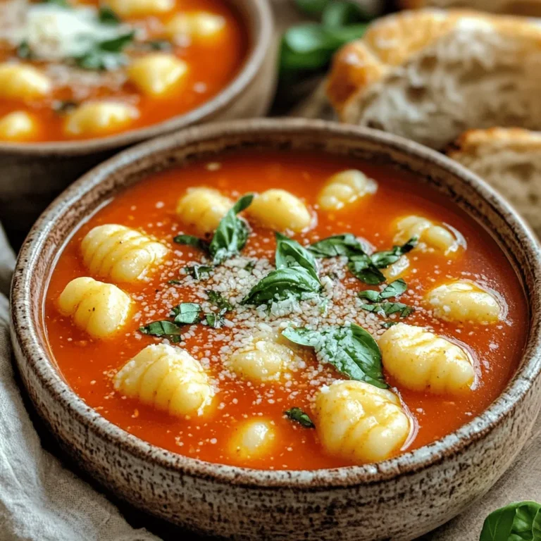 Für diese leckere Suppe brauche ich einige Zutaten. Hier sind die Hauptbestandteile: - 1 EL Olivenöl - 1 Zwiebel, fein gehackt - 3 Knoblauchzehen, gehackt - 1 Dose (28 Unzen) passierte Tomaten - 4 Tassen Gemüsebrühe - 1 Tasse Sahne oder Kokoscreme - 1 Packung (16 Unzen) Gnocchi - 1 Tasse frische Basilikumblätter, gehackt Diese Zutaten geben der Suppe ihren tollen Geschmack. Das Olivenöl sorgt für eine gute Basis. Zwiebeln und Knoblauch bringen ein schönes Aroma. Passierte Tomaten machen die Suppe cremig und rot. Gemüsebrühe gibt einen herzhaften Geschmack. Sahne oder Kokoscreme machen die Konsistenz reichhaltig. Gnocchi fügen eine tolle Textur hinzu. Frisches Basilikum bringt Frische und Farbe. Neben den Hauptzutaten füge ich noch einige Gewürze hinzu. Sie sind wichtig für den Geschmack: - 1 TL getrockneter Oregano - 1/2 TL rote Pfefferflocken (optional) - Salz und Pfeffer nach Geschmack - Geriebener Parmesan für die Garnierung (optional) Oregano gibt der Suppe eine schöne Kräuternote und rote Pfefferflocken bringen etwas Schärfe. Salz und Pfeffer sind wichtig, um alles abzurunden. Parmesan oben drauf macht die Suppe noch besser. Wenn du magst, kannst du auch etwas mehr frisches Basilikum zur Garnierung nehmen. Zuerst hacken Sie die Zwiebel und den Knoblauch. Ich schneide die Zwiebel klein, damit sie schnell weich wird. Der Knoblauch kommt erst später dazu, um nicht zu verbrennen. Bereiten Sie auch frische Basilikumblätter vor. Diese geben der Suppe ein tolles Aroma. Legen Sie alle anderen Zutaten bereit, um den Kochprozess einfach zu gestalten. Erhitzen Sie das Olivenöl in einem großen Topf bei mittlerer Hitze. Fügen Sie die gehackte Zwiebel hinzu und braten Sie sie für etwa fünf Minuten an. Sie sollte weich und durchsichtig sein. Jetzt rühren Sie den Knoblauch, Oregano und rote Pfefferflocken ein. Kochen Sie alles für ein bis zwei Minuten. Die Mischung sollte jetzt sehr aromatisch sein. Geben Sie die passierten Tomaten und die Gemüsebrühe in den Topf. Erhöhen Sie die Hitze, bis die Mischung sanft kocht. Reduzieren Sie dann die Hitze und lassen Sie die Suppe zehn bis fünfzehn Minuten köcheln. Dadurch ziehen die Aromen gut durch. Jetzt ist es Zeit, die Sahne oder Kokoscreme unterzurühren. Bringen Sie die Suppe erneut zum Simmern. Fügen Sie die Gnocchi hinzu und kochen Sie sie für drei bis fünf Minuten. Wenn sie an die Oberfläche steigen, sind sie gar. Mischen Sie dann den gehackten Basilikum unter. Schmecken Sie die Suppe mit Salz und Pfeffer ab. Lassen Sie sie zwei weitere Minuten köcheln. Servieren Sie die Suppe heiß in Schalen. Garnieren Sie sie nach Belieben mit geriebenem Parmesan. Um die beste Suppe zu machen, achte darauf, die Zwiebel richtig anzubraten. Das bedeutet, die Zwiebel in heißem Olivenöl zu dünsten, bis sie weich ist. So entfaltet sie ihren vollen Geschmack. Nach etwa fünf Minuten ist sie bereit für den nächsten Schritt. Lass die Aromen gut durchziehen. Nachdem du die Tomaten und Brühe hinzugefügt hast, lass die Mischung für 10 bis 15 Minuten köcheln. Dies gibt der Suppe Zeit, um reichhaltiger und schmackhafter zu werden. Wenn du milchfrei kochen möchtest, ist Kokoscreme eine tolle Wahl. Sie gibt der Suppe eine cremige Konsistenz und einen leichten, süßen Geschmack. Du kannst auch andere Alternativen zur Sahne verwenden, wie Hafer- oder Mandelcreme. Diese Optionen sind köstlich und funktionieren gut. Präsentiere die Suppe in warmen Schalen. Das sieht einladend aus und hält die Suppe länger heiß. Garniere die Suppe mit frischem Basilikum und etwas geriebenem Parmesan. Das gibt einen schönen Farbkontrast und mehr Geschmack. Serviere dazu frisches, knuspriges Brot. Es passt perfekt zur Suppe und macht das Essen noch besser. {{image_4}} Sie können dieses Rezept leicht anpassen. Fügen Sie zum Beispiel frisches Gemüse hinzu. Spinat oder Karotten passen gut. Diese Gemüsesorten bringen Farbe und Nährstoffe. Sie können auch andere Teigwaren verwenden. Pasta oder Reis kann eine interessante Variation sein. Experimentieren Sie ruhig mit Ihren Lieblingszutaten. Die Aromen sind der Schlüssel zu dieser Suppe. Sie können verschiedene Kräuter hinzufügen. Thymian oder Petersilie bieten neue Geschmäcker. Auch experimentelle Gewürze machen Spaß. Curry oder Paprika können einen spannenden Twist bringen. Achten Sie darauf, die Gewürze nach Ihrem Geschmack zu dosieren. Falls Sie glutenfrei essen, gibt es tolle Alternativen. Verwenden Sie glutenfreie Gnocchi für diese Suppe. Diese sind leicht erhältlich und lecker. Auch Süßkartoffel-Gnocchi sind eine gute Wahl. Sie bringen einen süßen Geschmack und eine weiche Textur. So bleibt die Suppe für alle genießbar. Die Suppe bleibt frisch, wenn Sie sie im Kühlschrank aufbewahren. Lassen Sie sie zuerst abkühlen. Dann füllen Sie sie in einen luftdichten Behälter. So bleibt sie etwa 3 bis 4 Tage gut. Achten Sie darauf, die Suppe vor dem Kühlen gut abzudecken. Wenn Sie die Suppe länger aufbewahren möchten, können Sie sie einfrieren. Füllen Sie die Suppe in gefrierfreundliche Behälter. Lassen Sie dabei etwas Platz, da die Suppe beim Einfrieren expandiert. So bleibt die Suppe bis zu 3 Monate haltbar. Die beste Methode, um die Suppe zu erwärmen, ist die Verwendung eines Topfes. Gießen Sie die gefrorene oder gekühlte Suppe in den Topf. Erhitzen Sie sie bei mittlerer Hitze und rühren Sie gelegentlich um. So vermeiden Sie, dass die Suppe anbrennt. Falls die Suppe nach dem Einfrieren etwas dick wird, fügen Sie etwas Gemüsebrühe oder Wasser hinzu. Rühren Sie gut um, bis die Suppe die gewünschte Konsistenz hat. So schmeckt die Suppe wie frisch zubereitet. Die Suppe hält sich im Kühlschrank etwa 3 bis 4 Tage. Lagern Sie sie in einem luftdichten Behälter. Wenn Sie die Suppe einfrieren möchten, ist das auch möglich. In einem gefrierfesten Behälter bleibt sie bis zu 3 Monate frisch. Achten Sie darauf, etwas Platz im Behälter zu lassen, da sich die Suppe beim Gefrieren ausdehnt. Ja, Sie können die Suppe im Voraus zubereiten. Kochen Sie sie einfach und lassen Sie sie abkühlen. Danach stellen Sie sie in den Kühlschrank oder Gefrierschrank. Vor dem Servieren einfach wieder aufwärmen. Wenn Sie die Gnocchi nicht direkt in der Suppe kochen, können Sie sie separat zubereiten. So bleiben sie frisch und bissfest. Ja, die Suppe kann vegan sein. Ersetzen Sie die Sahne durch Kokoscreme oder eine andere pflanzliche Sahne. Verwenden Sie auch Gemüsebrühe ohne tierische Produkte. So bleibt der Geschmack voll und die Suppe ist trotzdem vegan. Experimentieren Sie mit verschiedenen Pflanzenmilchsorten, um den besten Geschmack zu finden. Diese Suppe vereint frische Zutaten und einfache Schritte. Aroma von Zwiebeln, Knoblauch und Basilikum bringt Freude. Tipps helfen dir, die besten Variationen und Lagerungen zu nutzen. Experimentiere mit Gemüse oder Gewürzen für neue Geschmäcker. Denke daran, die Suppe kann auch vegan sein. Genieß die Zubereitung und die leckeren Ergebnisse. Kochen macht Spaß, und du wirst es lieben! Viel Spaß beim Ausprobieren und Verfeinern deiner Suppe!