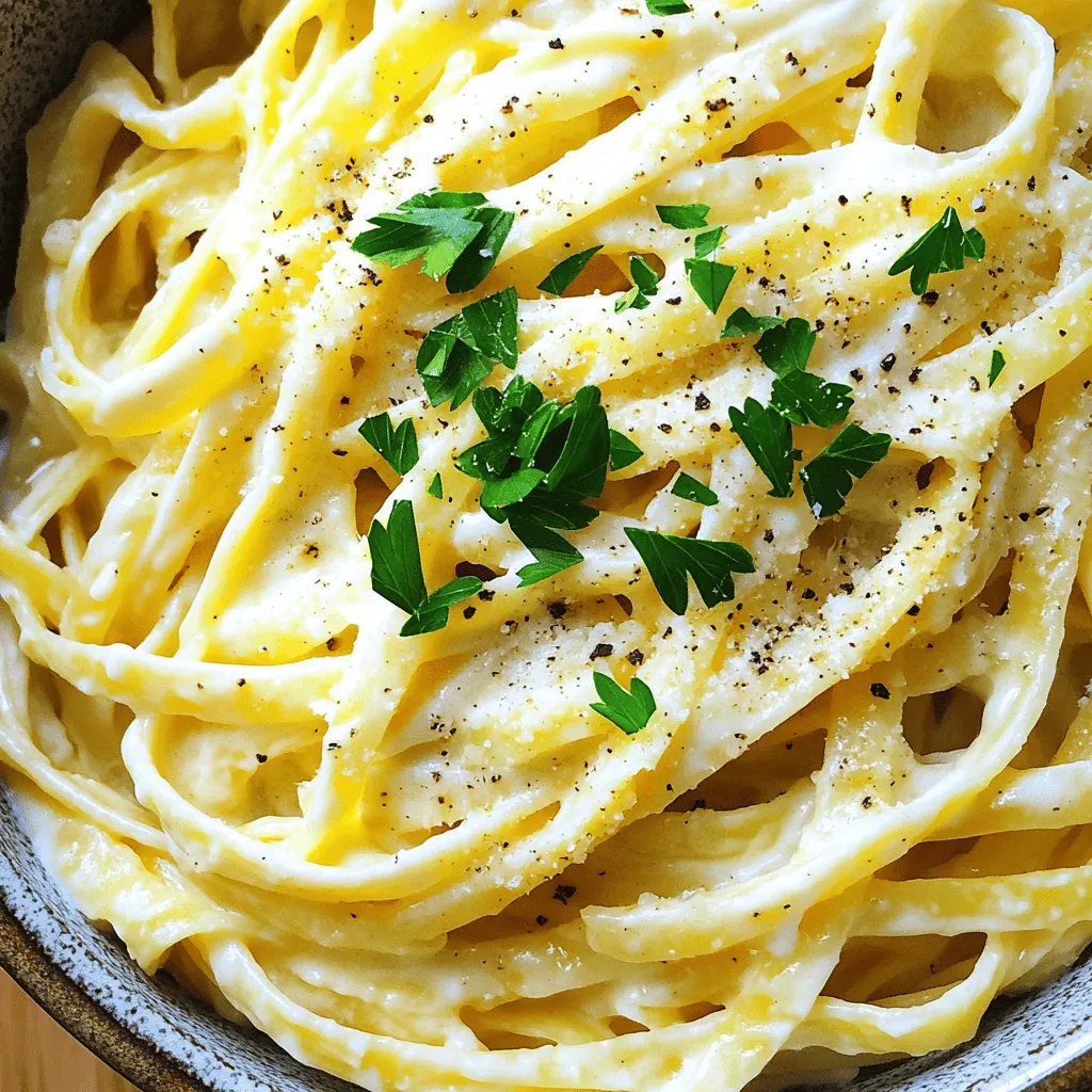 Für die perfekte cremige Knoblauch-Pasta brauchst du einige wichtige Zutaten: - 225 g Fettuccine-Nudeln - 3 Esslöffel ungesalzene Butter - 5 Knoblauchzehen, fein gehackt - 240 ml Schlagsahne - 100 g geriebener Parmesan Diese Zutaten sind einfach zu finden. Sie geben der Pasta den tollen Geschmack, den wir lieben. Die Gewürze und Kräuter machen den Unterschied in diesem Rezept. Hier sind sie: - 1 Teelöffel Knoblauchpulver - 1 Teelöffel italienische Gewürzmischung - Salz und Pfeffer nach Geschmack - Frische Petersilie, gehackt (zum Garnieren) Diese Gewürze bringen die Aromen zur Geltung. Sie machen die Pasta wirklich lecker. Du kannst die cremige Knoblauch-Pasta leicht anpassen. Hier sind einige Ideen für zusätzliche Zutaten: - Gegrilltes Hähnchen oder Garnelen - Spinat oder Brokkoli für etwas Farbe - Röstete Paprika oder Champignons für mehr Geschmack Diese Zutaten machen die Pasta besonders. Du kannst sie nach deinem Geschmack hinzufügen. Kochen Sie zuerst die Fettuccine-Nudeln. Nutzen Sie einen großen Topf mit gesalzenem Wasser. Bringen Sie das Wasser zum Kochen. Kochen Sie die Nudeln nach Packungsanweisung al dente. Vergessen Sie nicht, eine Tasse Nudelwasser aufzuheben. Gießen Sie die Nudeln danach ab und stellen Sie sie aside. Nehmen Sie denselben Topf und schmelzen Sie die Butter bei mittlerer Hitze. Fügen Sie den fein gehackten Knoblauch hinzu. Braten Sie ihn 1 bis 2 Minuten lang an. Achten Sie darauf, dass der Knoblauch nicht verbrennt. Er sollte aromatisch und leicht goldfarben sein. Reduzieren Sie die Hitze auf niedrig. Gießen Sie die Schlagsahne in den Topf. Rühren Sie gut um. Fügen Sie dann den geriebenen Parmesan hinzu. Geben Sie das Knoblauchpulver und die italienische Gewürzmischung dazu. Rühren Sie weiter, bis der Käse schmilzt. Wenn die Soße zu dick ist, fügen Sie nach und nach etwas vom aufbewahrten Nudelwasser hinzu. Jetzt ist es Zeit, die Nudeln hinzuzufügen. Geben Sie die gekochten Fettuccine in den Topf mit der Soße. Werfen Sie die Nudeln vorsichtig, damit sie gleichmäßig mit der Soße bedeckt sind. Würzen Sie nach Geschmack mit Salz und Pfeffer. Richten Sie die Pasta auf Tellern an. Garnieren Sie jedes Gericht mit frisch gehackter Petersilie. Servieren Sie die Pasta sofort heiß. Genießen Sie das cremige und aromatische Gericht! Wenn Sie etwas anderes mögen, probieren Sie diese Variationen. Fügen Sie gegrilltes Hähnchen oder Garnelen hinzu. Das bringt mehr Protein und Geschmack. Für eine vegetarische Option nutzen Sie gebratene Zucchini oder Spinat. Mögen Sie es scharf? Fügen Sie rote Pfefferflocken hinzu. Sie können auch frische Tomaten oder Pilze einmischen. Diese Zutaten machen die Pasta noch bunter und schmackhafter. Ein häufiger Fehler ist, den Knoblauch zu lange zu braten. Er wird bitter, wenn er verbrennt. Achten Sie darauf, ihn nur 1-2 Minuten zu braten. Ein weiterer Fehler ist, die Soße zu dick zu machen. Wenn dies passiert, fügen Sie langsam mehr Nudelwasser hinzu, bis sie die richtige Konsistenz hat. Rühren Sie die Pasta gut durch, damit sie die Soße aufnimmt. So wird jede Gabel voll von Geschmack. Für die perfekte Soße verwenden Sie frische Zutaten. Frischer Knoblauch hat einen viel besseren Geschmack als Pulver. Achten Sie darauf, die Hitze niedrig zu halten, wenn Sie die Sahne hinzufügen. So bleibt die Soße schön cremig. Rühren Sie ständig, um Klumpen zu vermeiden. Parmesan sollte frisch gerieben sein, damit er gut schmilzt. Fügen Sie Salz und Pfeffer erst am Ende hinzu, um den Geschmack anzupassen. {{image_4}} Die cremige Knoblauch-Pasta lässt sich leicht anpassen. Ersetzen Sie die Butter mit Pflanzenöl oder vegane Butter. Verwenden Sie pflanzlichen Käse anstelle von Parmesan. So bleibt das Gericht für Vegetarier geeignet. Sie können auch mehr Gemüse hinzufügen. Zucchini, Spinat oder Erbsen passen gut und bringen Farbe und Geschmack. Fettuccine ist toll, aber Sie können auch andere Nudeln verwenden. Spaghetti, Penne oder sogar glutenfreie Varianten sind eine gute Wahl. Jede Sorte hat ihren eigenen Charakter. Experimentieren Sie und finden Sie Ihre Lieblingsnudel. Der Geschmack bleibt köstlich, egal welche Sie nehmen. Wenn Sie laktosefrei essen, probieren Sie laktosefreie Sahne. Achten Sie auf die Zutatenliste. Für eine kalorienärmere Version verwenden Sie weniger Sahne und mehr Gemüse. Bei einer glutenfreien Diät nutzen Sie glutenfreie Nudeln. Diese Anpassungen machen die Pasta für jeden geeignet, ohne den Geschmack zu verlieren. Um die Reste der cremigen Knoblauch-Pasta aufzubewahren, lege sie in einen luftdichten Behälter. Lass die Pasta vorher abkühlen. So verhinderst du, dass sich Kondenswasser bildet. Du kannst sie bis zu drei Tage im Kühlschrank aufbewahren. Wenn du deine Pasta wieder aufwärmst, benutze eine Pfanne oder die Mikrowelle. Füge einen Schuss Wasser oder Sahne hinzu. Das hilft, die Soße cremig zu halten. Erwärme die Pasta bei mittlerer Hitze, bis sie heiß ist. Rühre oft, damit sie gleichmäßig warm wird. Im Kühlschrank hält sich die Pasta etwa drei Tage. Im Gefrierschrank kannst du sie bis zu drei Monate lagern. Stelle sicher, dass die Pasta gut verpackt ist, um Gefrierbrand zu vermeiden. Zum Auftauen stelle die Pasta über Nacht in den Kühlschrank. So bleibt der Geschmack frisch und lecker. Die Zubereitung dauert etwa 25 Minuten. Du brauchst 10 Minuten zum Vorbereiten und 15 Minuten zum Kochen. In dieser kurzen Zeit kannst du ein leckeres Gericht zaubern. Es ist perfekt für ein schnelles Abendessen. Ja, du kannst Sahne durch Joghurt oder Milch ersetzen. Joghurt macht die Soße leichter und cremig. Achte darauf, es bei niedriger Hitze zu verwenden, damit es nicht gerinnt. Pflanzliche Milch ist auch eine gute Option. Sie gibt einen anderen Geschmack, aber bleibt lecker. Die Soße kann dicker werden, wenn sie kühlt. Wenn du Reste hast, bewahre sie in einem luftdichten Behälter auf. Beim Aufwärmen kannst du etwas Nudelwasser oder Milch hinzufügen. So bleibt die Soße cremig und lecker. Cremige Knoblauch-Pasta ist einfach und schnell zu machen. Wir haben die besten Zutaten, Tipps und Variationen erkundet. Es ist wichtig, die Soße gut zuzubereiten, damit sie perfekt wird. Denken Sie daran, bei der Lagerung vorsichtig zu sein, um die Qualität zu erhalten. Probieren Sie verschiedene Alternativen aus, um das Rezept zu personalisieren. Mit diesen Informationen können Sie leckere Pasta genießen, die jeder mag. Viel Spaß beim Kochen!