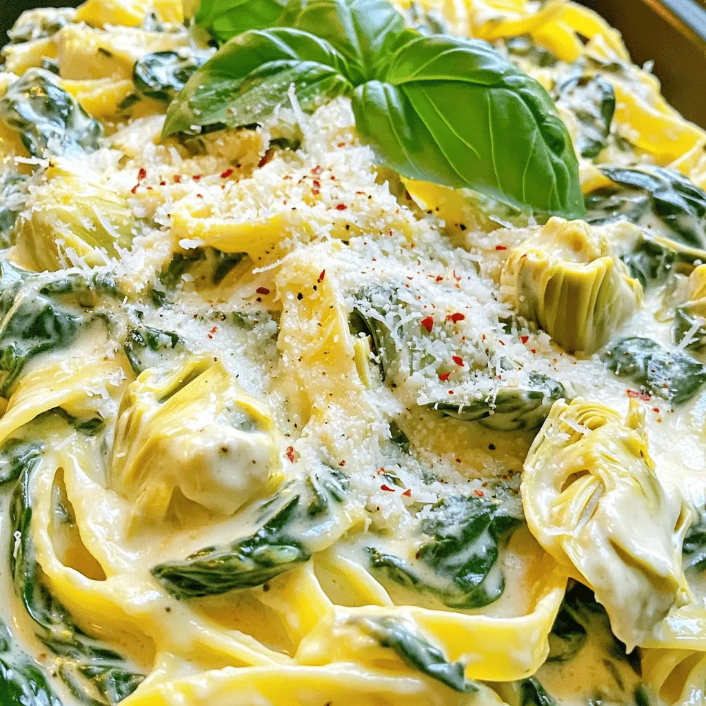 - 340 g Fettuccine oder Pasta nach Wahl - 1 Tasse frischer Spinat, grob gehackt - 1 Dose (400 g) Artischockenherzen, abgetropft und grob gehackt - 250 ml Schlagsahne - 250 g Frischkäse, weich - 125 g geriebener Parmesan - 2 Knoblauchzehen, fein gehackt - 1 Esslöffel Olivenöl - Salz und Pfeffer nach Geschmack - Zerdrückte rote Pfefferflocken (optional, für Schärfe) - Frische Basilikumblätter zur Garnitur Wenn du die besten Zutaten auswählst, beachte die Frische. Frischer Spinat bringt Geschmack und Nährstoffe. Wähle Artischockenherzen aus der Dose, die fest und ohne braune Flecken sind. Achte darauf, dass der Frischkäse eine glatte, weiche Konsistenz hat. Hochwertige Schlagsahne sorgt für eine reichhaltige Sauce. Verwende frisch geriebenen Parmesan für den besten Geschmack. Olivenöl sollte hochwertig sein, um das Aroma zu verbessern. - Fettuccine: Enthält Kohlenhydrate, die dir Energie geben. - Spinat: Reich an Eisen, Vitaminen und Antioxidantien. - Artischocken: Gut für die Verdauung, voller Ballaststoffe. - Frischkäse: Liefert Proteine und Kalzium. - Schlagsahne: Gibt Energie, enthält Fett. - Parmesan: Bietet zusätzliche Proteine und Geschmack. - Knoblauch: Stärkt das Immunsystem und hat antibakterielle Eigenschaften. Diese Zutaten machen dein Gericht nicht nur köstlich, sondern auch nahrhaft. Koche die Pasta in einem großen Topf mit viel Wasser. Füge ausreichend Salz hinzu, damit die Pasta Geschmack hat. Gieße die Fettuccine nach den Anweisungen auf der Verpackung. Achte darauf, dass sie bissfest sind. Bevor du das Wasser abgießt, hebe einen Becher des Kochwassers auf. Es hilft später, die Sauce zu binden. Erhitze in einer großen Pfanne das Olivenöl bei mittlerer Hitze. Füge den fein gehackten Knoblauch hinzu. Brate ihn etwa eine Minute lang an. Der Knoblauch sollte duften, aber nicht braun werden. So erhält deine Sauce ein tolles Aroma. Reduziere die Hitze und füge den Frischkäse hinzu. Rühre ihn ein, bis er schmilzt und cremig wird. Gib dann die Schlagsahne nach und nach dazu. Rühre ständig, bis alles gut vermischt ist. Diese Schritte sorgen für eine schöne, cremige Sauce. Jetzt kommen der gehackte Spinat und die Artischockenherzen in die Sauce. Rühre vorsichtig um, bis alles gut vermischt ist. Koche die Mischung etwa zwei bis drei Minuten. Der Spinat sollte zusammenfallen und alles gut erhitzt werden. Gib die gekochte Pasta in die Pfanne mit der Sauce. Mische alles gut, damit die Pasta gut von der Sauce umhüllt wird. Wenn die Sauce zu dick ist, füge nach und nach das reservierte Kochwasser hinzu. So erreichst du die perfekte Cremigkeit. Jetzt kommt der geriebene Parmesan in die Mischung. Rühre alles gut um, bis der Käse schmilzt. Würze die Pasta mit Salz, Pfeffer und optional mit zerdrückten roten Pfefferflocken. Diese geben der Pasta einen zusätzlichen Kick. Serviere die cremige Pasta auf Tellern und garniere sie mit frischen Basilikumblättern. - Pasta überkochen: Achte darauf, die Pasta nur al dente zu kochen. So bleibt sie bissfest. - Knoblauch verbrennen: Brate den Knoblauch nur kurz an. Er sollte goldbraun sein, aber nicht brennen. - Sauce nicht rühren: Rühre die Sauce gut um, damit sie gleichmäßig cremig wird. Um die perfekte Cremigkeit zu erreichen, kombiniere Frischkäse und Schlagsahne. Beginne mit dem Frischkäse und lass ihn schmelzen. Füge dann langsam die Schlagsahne hinzu. Wenn die Sauce zu dick wird, gib etwas vom Kochwasser dazu. So bleibt sie schön cremig. Für den besten Geschmack verwende frische Kräuter wie Basilikum. Diese passen perfekt zur Artischocke und dem Spinat. Salz und Pfeffer sind wichtig, um das Aroma zu heben. Zerdrückte rote Pfefferflocken bringen eine angenehme Schärfe. Experimentiere mit diesen Zutaten, um deinen eigenen Geschmack zu finden. {{image_4}} Du kannst die cremige Spinat-Artischocken-Pasta vegan machen. Verwende anstelle von Frischkäse und Schlagsahne pflanzliche Alternativen. Kokosnusscreme oder Cashew-Sahne sind gute Optionen. Diese Zutaten geben der Sauce eine cremige Konsistenz. Wähle zudem glutenfreie Pasta, wenn du eine Glutenunverträglichkeit hast. Sie schmeckt ebenso gut wie die normale Variante. Um die Pasta noch reichhaltiger zu machen, füge Hühnchen oder Pilze hinzu. Brate das Hühnchen in Würfeln an, bis es gar ist. Für Pilze, wähle Champignons oder Steinpilze. Diese werden in der Pfanne leicht angebraten, bevor du die Sauce hinzufügst. Du kannst auch getrocknete Tomaten oder Erbsen für extra Geschmack und Farbe einfügen. Sei kreativ und passe die Zutaten deinem Geschmack an! Serviere die Pasta mit frisch gebackenem Brot oder einem gemischten Salat. Ein einfacher grüner Salat mit einem leichten Dressing passt gut. Du kannst auch geröstetes Gemüse dazu reichen. Es bringt mehr Geschmack und Textur auf den Teller. Vergiss nicht, die Pasta mit frischen Kräutern wie Basilikum oder Petersilie zu garnieren. So wird das Gericht noch schöner! Um die Reste deiner cremigen Spinat-Artischocken-Pasta frisch zu halten, lege sie in einen luftdichten Behälter. Achte darauf, dass die Pasta vollständig abgekühlt ist, bevor du sie lagerst. So verhinderst du, dass sie matschig wird. Du kannst die Reste auch in Portionen aufteilen. Das macht das Aufwärmen einfacher. Wenn du die Pasta aufwärmen möchtest, verwende eine Pfanne. Füge etwas Wasser oder Brühe hinzu, um die Sauce zu beleben. Erhitze sie bei niedriger Hitze und rühre häufig um. So bleibt die Cremigkeit erhalten. Du kannst auch etwas frischen Parmesan darüber streuen, um den Geschmack zu intensivieren. Im Kühlschrank hält sich die Pasta bis zu drei Tage. Stelle sicher, dass der Behälter gut verschlossen ist. Für eine längere Lagerung kannst du die Pasta einfrieren. Im Gefrierfach bleibt sie bis zu drei Monate frisch. Achte darauf, die Pasta in einem gefrierfesten Behälter zu lagern. Zum Auftauen lege sie einfach über Nacht in den Kühlschrank. Die Zubereitung dieser Pasta dauert etwa 30 Minuten. Ich finde, das ist eine gute Zeit für ein schnelles Abendessen. In nur 10 Minuten kochst du die Pasta und bereitest die Sauce vor. Die restliche Zeit brauchst du, um alles zusammen zu bringen. Ja, du kannst die Pasta im Voraus zubereiten. Koche die Pasta und die Sauce getrennt. Bewahre beides in luftdichten Behältern im Kühlschrank auf. Wenn du bereit bist zu essen, erwärme die Sauce und mische sie mit der Pasta. So bleibt alles frisch. Für eine glutenfreie Version nutze glutenfreie Fettuccine oder eine andere glutenfreie Pasta. Es gibt viele gute Marken, die einen tollen Geschmack haben. Achte darauf, die Kochzeiten anzupassen, da sie oft anders sind. Um die Sauce vegan zu machen, ersetze den Frischkäse durch veganen Frischkäse. Nutze auch pflanzliche Sahne anstelle von Schlagsahne. So bleibt die Cremigkeit erhalten und du hast eine köstliche vegane Pasta. Zu dieser Pasta passen frische Salate oder knuspriges Brot gut. Ein einfacher grüner Salat mit Balsamico-Dressing ergänzt das Gericht perfekt. Du kannst auch geröstetes Brot mit Knoblauchbutter dazu servieren. Diese cremige Spinat-Artischocken-Pasta ist einfach zuzubereiten. Wir haben die besten Zutaten und Zubereitungstechniken besprochen. Tipps zur Perfektion und Variationen helfen, das Gericht anzupassen. Denk daran, Reste richtig aufzubewahren und die Haltbarkeit zu beachten. Mit diesen Informationen kannst du nun schnell und einfach die köstlichste Pasta zaubern. Lass deiner Kreativität freien Lauf und genieße jeden Bissen!