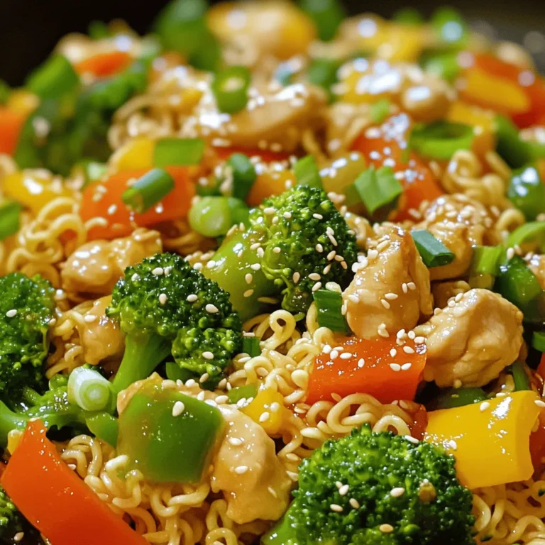 - 2 Päckchen instant Ramen-Nudeln - 450 g Hähnchenbrustfilet - 2 Esslöffel Sojasauce - 1 Tasse gemischte Paprika - 1 Tasse Brokkoliröschen - 2 Knoblauchzehen, fein gehackt - 1 Teelöffel frischer Ingwer - 1 Esslöffel Sesamöl - 1 Esslöffel Pflanzenöl - 1 Esslöffel Sesamsamen Die Zutaten für das Rezept sind einfach und lecker. Ich beginne mit den Hauptzutaten. Die Ramen-Nudeln sind schnell zubereitet und bilden die Basis. Das Hähnchenbrustfilet macht das Gericht proteinreich. Die Sojasauce bringt den Umami-Geschmack. Für das Gemüse nehme ich bunte Paprika. Sie geben Farbe und einen süßen Geschmack. Brokkoli ist auch wichtig. Er fügt Crunch und Nährstoffe hinzu. Knoblauch und Ingwer bringen ein tolles Aroma. Sie sind einfach zu hacken und sehr gesund. Fette und Öle sind ebenfalls entscheidend. Sesamöl hat einen nussigen Geschmack, der das Gericht hebt. Pflanzenöl eignet sich gut zum Braten. Die Sesamsamen sind das i-Tüpfelchen. Sie sorgen für einen knackigen Biss und eine schöne Optik. Mit diesen Zutaten gelingt dir ein schnelles und schmackhaftes Gericht. - Kochen Sie die Nudeln gemäß der Verpackung. - Abgießen und beiseitestellen. Zuerst nehmen Sie die instant Ramen-Nudeln. Kochen Sie diese in einem großen Topf mit sprudelndem Wasser. Achten Sie darauf, sie nur zwei Minuten kürzer zu kochen als auf der Verpackung angegeben. So bleiben sie al dente. Nach dem Kochen gießen Sie die Nudeln ab und stellen sie beiseite. - Hähnchen in die Pfanne geben und würzen. - Anbraten bis goldbraun (5-7 Minuten). Wählen Sie eine große Pfanne oder einen Wok. Erhitzen Sie das Pflanzenöl bei mittlerer bis hoher Hitze. Geben Sie das dünn geschnittene Hähnchen in die Pfanne. Würzen Sie es leicht mit Salz und Pfeffer. Braten Sie das Hähnchen für 5 bis 7 Minuten an. Es sollte goldbraun und durchgegart sein. Nehmen Sie das Hähnchen dann aus der Pfanne und legen Sie es beiseite. - Knoblauch und Ingwer hinzufügen. - Paprika und Brokkoli braten. In derselben Pfanne fügen Sie das Sesamöl hinzu. Geben Sie den gehackten Knoblauch und den frischen Ingwer dazu. Braten Sie diese Mischung für etwa zwei Minuten. Fügen Sie dann die in Streifen geschnittene Paprika und die Brokkoliröschen hinzu. Braten Sie das Gemüse für weitere zwei bis drei Minuten. Es sollte zart sein, aber noch Biss haben. - Achte auf das Timing beim Kochen. Koche die Nudeln zwei Minuten kürzer. - So erreichst du die perfekte al dente Konsistenz. Die Nudeln sollen bissfest sein. - Verwende frische Kräuter wie Koriander oder Basilikum. Sie geben mehr Aroma. - Alternativen zu Sojasauce sind Tamari oder Kokosaminos. Diese sind oft milder. - Nutze eine große Pfanne oder einen Wok. Sie sorgen für gleichmäßige Hitze. - Nützliche Utensilien sind ein Kochlöffel und ein Schneidebrett. Diese helfen dir beim Anrichten. {{image_4}} Für eine vegetarische Version tauschen Sie das Hähnchen gegen Tofu aus. Tofu hat eine tolle Textur und nimmt den Geschmack gut auf. Schneiden Sie den Tofu in kleine Würfel. Braten Sie ihn in der Pfanne bis er goldbraun ist. Fügen Sie zusätzliches Gemüse hinzu. Zucchini, Karotten oder Spinat passen gut. Diese geben Farbe und Nährstoffe. Sie können auch andere Gemüsesorten verwenden, die Ihnen gefallen. Um es schärfer zu machen, fügen Sie Sriracha oder Chili-Öl hinzu. Diese bringen einen tollen Kick. Geben Sie nach dem Braten des Gemüses einen Teelöffel Sriracha direkt in die Pfanne. Experimentieren Sie auch mit aromatischen Gewürzen. Fügen Sie zum Beispiel Kreuzkümmel oder Paprika hinzu. Diese Gewürze verleihen dem Gericht mehr Tiefe und Geschmack. Statt Ramen können Sie Udon- oder Soba-Nudeln verwenden. Beide Sorten haben eine andere Konsistenz, die lecker ist. Udon-Nudeln sind dick, während Soba-Nudeln aus Buchweizen sind. Versuchen Sie auch Vollkornnudeln. Diese sind gesünder und geben mehr Biss. Vollkornnudeln sind reich an Ballaststoffen und sättigen gut. Um die Hähnchen-Ramen-Pfanne frisch zu halten, bewahren Sie sie im Kühlschrank auf. Lassen Sie das Gericht zuerst abkühlen. Füllen Sie es dann in einen luftdichten Behälter. So bleibt es bis zu drei Tage gut. Wenn Sie die Ramen-Pfanne aufwärmen wollen, nutzen Sie die Mikrowelle. Fügen Sie einen Spritzer Wasser hinzu, um das Gericht feucht zu halten. Decken Sie die Schüssel ab, um die Wärme zu halten. Das Gericht hält sich gut für drei Tage im Kühlschrank. Achten Sie auf Anzeichen von Verderb, wie einen schlechten Geruch oder eine veränderte Farbe. Wenn es nicht frisch aussieht, essen Sie es nicht. Die Qualität des Gerichts bleibt am besten, wenn Sie es innerhalb von zwei Tagen essen. So schmeckt es am besten und hat die beste Textur. Um die Hähnchen-Ramen-Pfanne optimal aufzuwärmen, machen Sie es langsam. Erhitzen Sie es bei mittlerer Hitze in der Mikrowelle. Rühren Sie es gelegentlich um. So vermeiden Sie, dass die Nudeln zu weich werden. Achten Sie darauf, das Gericht nicht zu lange zu kochen. Übermäßiges Kochen macht die Nudeln matschig. Halten Sie es einfach und genießen Sie den Geschmack. Um die Hähnchen-Ramen-Pfanne glutenfrei zu machen, nutzen Sie glutenfreie Nudeln. Viele Marken bieten diese Option an. Achten Sie darauf, dass die Sojasauce auch glutenfrei ist. Sie können Tamari verwenden, eine glutenfreie Sojasaucen-Alternative. Prüfen Sie auch, ob andere Zutaten glutenfrei sind. Genießen Sie die gleiche köstliche Mahlzeit ohne Gluten! Ja, Sie können verschiedene Proteine nutzen. Garnelen sind eine tolle Wahl. Sie kochen schnell und passen gut zu den Aromen. Auch Rindfleisch ist eine Option. Schneiden Sie es in dünne Streifen und braten Sie es kurz an. Tofu ist eine gute vegetarische Alternative. Es nimmt die Aromen gut auf. Probieren Sie, was Ihnen am besten schmeckt! Es gibt viele leckere Beilagen! Ein frischer Salat passt gut dazu. Mischen Sie grünes Blattgemüse mit einer leichten Vinaigrette. Eine Schüssel gedämpfter Reis ist ebenfalls eine gute Wahl. Für etwas Crunch können Sie gebratene Frühlingsrollen servieren. Diese Beilagen ergänzen die Aromen der Hähnchen-Ramen-Pfanne perfekt. Zusammenfassend haben wir die wichtigsten Zutaten und Schritte für eine leckere Hähnchen-Ramen-Pfanne betrachtet. Sie haben gelernt, wie Sie Nudeln perfekt kochen und Hähnchen sowie Gemüse anbraten. Nutzen Sie Tipps für extra Geschmack und Variationen. Denken Sie daran, beim Aufbewahren sorgsam zu sein, damit Sie die Qualität Ihres Gerichts erhalten. Probieren Sie auch die verschiedenen Varianten aus. So wird jede Mahlzeit zu einem besonderen Erlebnis. Genießen Sie das Kochen und Essen!