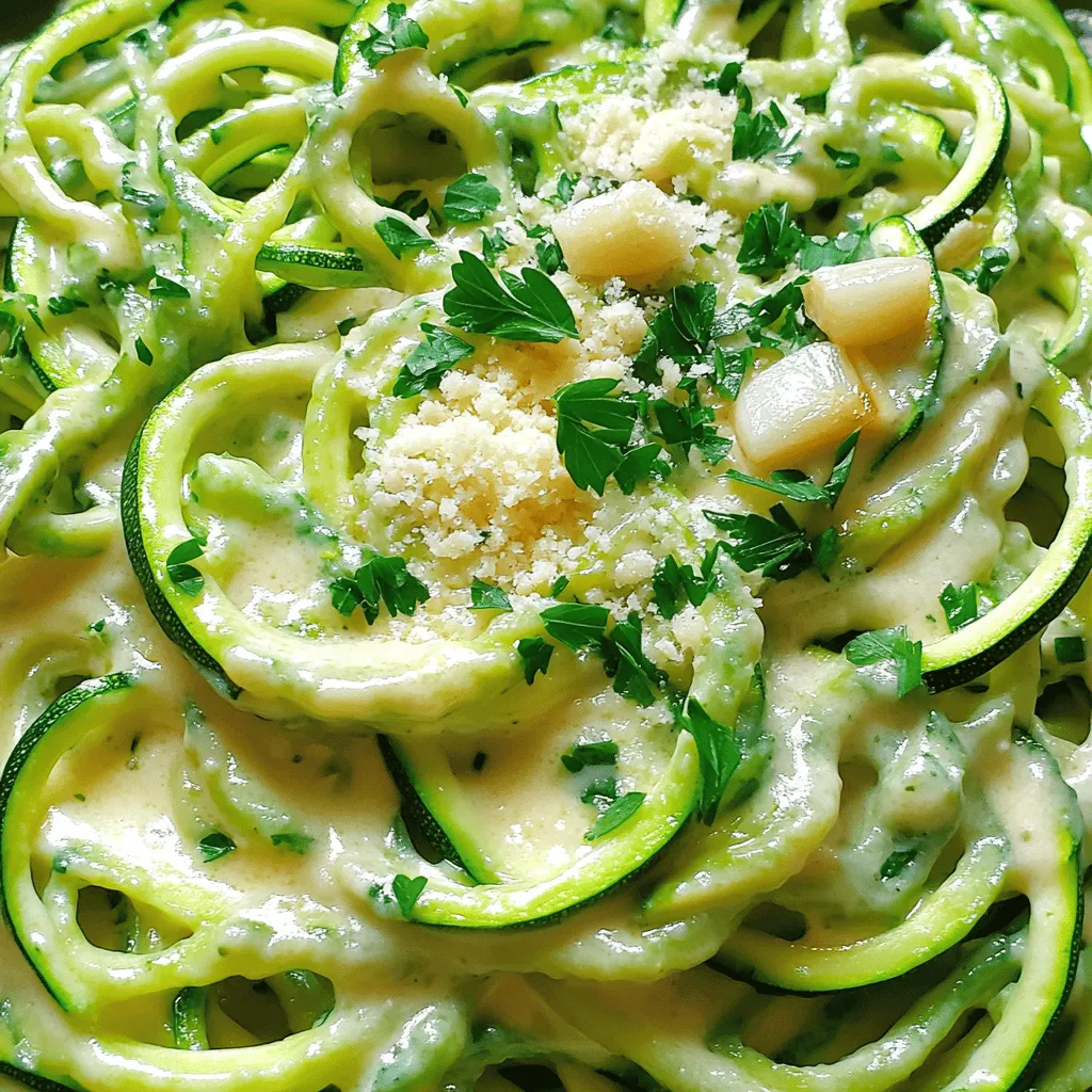 Für meine Knoblauch Alfredo Zoodles brauche ich frische, einfache Zutaten. Hier sind sie: - 4 mittelgroße Zucchini (spiralisierte Zoodles) - 2 Esslöffel Olivenöl - 3 Zehen Knoblauch, fein gehackt - 1 Tasse Schlagsahne - 1 Tasse geriebener Parmesan - Salz und Pfeffer nach Geschmack - 1/4 Teelöffel Muskatnuss - Frische Petersilie, gehackt (zum Garnieren) Diese Zutaten machen das Gericht schnell und lecker. Zucchini sind eine gesunde Wahl. Sie sind kalorienarm und voller Nährstoffe. Parmesan gibt dem Gericht einen tollen Geschmack. Manchmal habe ich nicht alle frischen Zutaten zur Hand. Hier sind einige Alternativen: - Statt Zucchini kann ich auch gelbe Squash verwenden. - Wenn ich keinen frischen Knoblauch habe, kann ich Knoblauchpulver nehmen. - Anstelle von Schlagsahne kann ich Kokosmilch oder Sojasahne nutzen. - Parmesan lässt sich durch einen anderen Hartkäse ersetzen, wie Pecorino. Diese Alternativen helfen mir, das Gericht anzupassen. Es bleibt trotzdem lecker! Die Nährwerte sind wichtig für eine gesunde Ernährung. Hier sind einige Werte für die Hauptzutaten: - Zucchini: Kalorienarm, reich an Vitamin C und Ballaststoffen. - Olivenöl: Gute Fette, die Herzgesundheit fördern. - Knoblauch: Stärkt das Immunsystem und hat viele Antioxidantien. - Schlagsahne: Liefert Kalzium, aber auch Fett. - Parmesan: Hoher Proteingehalt und reich an Kalzium. - Muskatnuss: Fördert die Verdauung und hat entzündungshemmende Eigenschaften. Diese Nährwerte zeigen, dass meine Zoodles nicht nur schnell sind, sondern auch gesund! Zuerst wähle ich vier mittelgroße Zucchini. Ich wasche sie gut. Dann benutze ich einen Spiralschneider, um die Zucchini in Zoodles zu verwandeln. Alternativ kann ich auch einen Gemüseschäler benutzen. Mit dem Schäler mache ich dünne Ribbons. Diese sehen toll aus und schmecken lecker. Ich erhitze zwei Esslöffel Olivenöl in einer großen Pfanne bei mittlerer Hitze. Dann füge ich drei fein gehackte Knoblauchzehen hinzu. Ich brate den Knoblauch etwa ein bis zwei Minuten an. Es sollte gut riechen, aber nicht verbrennen. Als Nächstes gieße ich eine Tasse Schlagsahne in die Pfanne. Ich rühre ständig, bis die Sahne leicht köchelt. Dann füge ich eine Tasse geriebenen Parmesan schrittweise hinzu. Ich benutze einen Schneebesen, um den Käse gut einzuarbeiten. Die Sauce wird glatt und cremig. Ich würze sie mit Salz, Pfeffer und 1/4 Teelöffel Muskatnuss. Jetzt sind die Zoodles dran! Ich gebe sie in die Pfanne und schwenke sie vorsichtig in der Sauce. So werden sie gleichmäßig bedeckt. Ich lasse die Zoodles zwei bis drei Minuten garen. Sie sollten zart sein, aber noch etwas Biss haben. Nach dem Garen nehme ich die Pfanne vom Herd. Ich serviere die Zoodles sofort und garniere sie mit frisch gehackter Petersilie. Um die Sauce richtig hinzubekommen, achte auf die Hitze. Zuerst erhitzt du das Olivenöl in der Pfanne. Füge dann den Knoblauch hinzu. Rühre ihn 1-2 Minuten, bis er duftet. Lass ihn nicht anbrennen, sonst wird die Sauce bitter. Gieße die Schlagsahne in die Pfanne. Rühre gut um, bis sie leicht köchelt. Füge langsam den Parmesan hinzu und rühre weiter. So wird die Sauce schön cremig. Die Zoodles sollten knackig bleiben. Koche sie nicht zu lange. Wenn du sie in die Sauce gibst, schwenke sie nur 2-3 Minuten. So behalten sie ihren Biss. Wenn sie zu weich werden, verlieren sie den guten Geschmack. Du kannst auch etwas Wasser in die Pfanne geben, um die Zoodles gleichmäßig gar zu machen. Um Zeit zu sparen, bereite die Zucchini vor dem Kochen vor. Spiralisiere sie mit einem Spiralschneider oder einem Gemüseschäler. Du kannst auch vorgefertigte Zoodles kaufen. Das spart noch mehr Zeit. Halte alle Zutaten bereit, bevor du anfängst. So kommst du schneller durch die einzelnen Schritte. {{image_4}} Für eine vegetarische und glutenfreie Version der Knoblauch Alfredo Zoodles können Sie einfach die gleiche Rezeptur verwenden. Die Zucchini sind von Natur aus glutenfrei. Wenn Sie Käse lieben, wählen Sie einen glutenfreien Parmesan. So bleibt das Gericht lecker und gesund. Um den Geschmack zu intensivieren, können Sie verschiedene Zutaten hinzufügen. Hier sind einige Vorschläge: - Spinat: Fügen Sie eine Handvoll frischen Spinat zur Sauce hinzu. Er wird schnell welken und bringt Farbe. - Pilze: Geben Sie geschnittene Champignons zusammen mit dem Knoblauch in die Pfanne. Sie sorgen für einen herzhaften Geschmack. - Krebs oder Garnelen: Für eine proteinreiche Option können Sie gekochte Garnelen oder Krabbenstücke unterrühren. Diese passen perfekt zur cremigen Sauce. - Zitrone: Ein Spritzer frischer Zitronensaft hebt den Geschmack und macht das Gericht frischer. Zu den Knoblauch Alfredo Zoodles passen viele Beilagen. Hier sind einige leckere Ideen: - Frischer Salat: Ein grüner Salat mit einem leichten Dressing bringt Frische. - Knoblauchbrot: Knuspriges Knoblauchbrot ergänzt die Aromen in der Sauce. - Gegrilltes Gemüse: Servieren Sie die Zoodles mit gegrilltem Gemüse wie Paprika oder Auberginen für mehr Textur und Geschmack. Experimentieren Sie mit diesen Variationen, um Ihr perfektes Gericht zu kreieren! Um Reste der Knoblauch Alfredo Zoodles frisch zu halten, lege sie in einen luftdichten Behälter. So bleiben die Aromen und die Textur besser erhalten. Stelle sicher, dass der Behälter gut verschlossen ist. Du kannst die Zoodles auch in Portionen aufteilen, um das Aufwärmen zu erleichtern. Wenn du die Zoodles aufwärmen möchtest, nimm eine Pfanne und erhitze sie bei mittlerer Hitze. Füge einen Schuss Olivenöl hinzu, um ein Ankleben zu verhindern. Gib die Zoodles in die Pfanne und rühre sie vorsichtig um. Erwärme sie für etwa 3 bis 5 Minuten, bis sie heiß sind. Du kannst auch einen Spritzer Wasser hinzufügen, um die Zoodles feucht zu halten. Die Knoblauch Alfredo Zoodles halten sich im Kühlschrank etwa 2 bis 3 Tage. Achte darauf, sie schnell zu benutzen, um die besten Aromen und die beste Textur zu genießen. Wenn du die Zoodles in den Kühlschrank stellst, achte darauf, dass sie gut abgedeckt sind. So vermeidest du, dass sie austrocknen oder Gerüche aus anderen Lebensmitteln aufnehmen. Die Zubereitung dauert nur 10 Minuten. Dies macht das Gericht schnell und einfach. Die Schritte sind klar und direkt. In dieser kurzen Zeit haben Sie eine leckere Mahlzeit. Ja, Sie können die Zucchini im Voraus vorbereiten. Spiralisieren Sie die Zucchini bis zu einem Tag vorher. Lagern Sie sie in einem luftdichten Behälter im Kühlschrank. So sparen Sie Zeit, wenn Sie das Gericht zubereiten. Ja, das Rezept eignet sich gut für Meal Prep. Sie können die Sauce und die Zoodles getrennt aufbewahren. So bleiben sie frisch und lecker. Einfach vor dem Servieren zusammenmischen. Das spart Zeit an hektischen Tagen. Knoblauch Alfredo Zoodles sind einfach zuzubereiten. Wir haben die Hauptzutaten, die Zubereitung, gute Tipps und leckere Variationen besprochen. Diese Zoodles sind gesund und machen satt. Reste lassen sich leicht aufbewahren und wiedererwärmen. Denke auch an die FAQs, um schnell Antworten zu finden. Probiere das Rezept aus und genieße die frischen Aromen. Gutes Essen muss nicht schwer sein. Es ist schnell und lecker.
