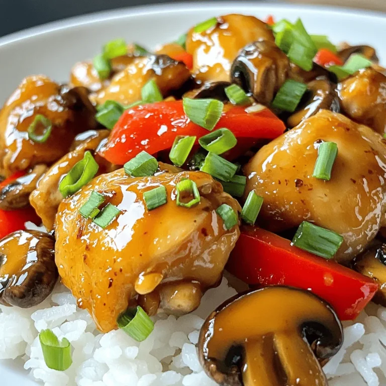 - 450 g Hähnchenschenkel ohne Knochen, in mundgerechte Stücke geschnitten - 250 g Pilze, in Scheiben geschnitten (Shiitake oder Champignons) - 1 rote Paprika, in Streifen geschnitten - 60 ml natriumarme Sojasauce - 30 ml Austernsauce - 1 Esslöffel Maisstärke - 30 ml Wasser - Gekochter, gedämpfter Reis Die Hauptzutaten sind sehr wichtig für den Geschmack. Ich benutze immer frische Hähnchenschenkel. Sie sind zart und saftig. Pilze bringen einen tollen umami-Geschmack. Shiitake oder Champignons sind ideal. Rote Paprika sorgt für Farbe und einen süßen Biss. Für die Marinade mische ich Sojasauce und Austernsauce. Das gibt dem Hähnchen viel Geschmack. Maisstärke macht die Sauce etwas dickflüssiger. Wasser hilft, alles gut zu vermengen. Ich empfehle, das Gericht mit gedämpftem Reis zu servieren. Der Reis nimmt die Sauce gut auf. So wird jede Gabel voller Geschmack. Um die Marinade herzustellen, mischen Sie die Sojasauce, Austernsauce, Maisstärke und Wasser. Das Mischverhältnis ist wichtig, um den besten Geschmack zu erzielen. Rühren Sie alles gut um, bis die Maisstärke vollständig aufgelöst ist. Geben Sie die Hähnchenstücke in die Schüssel und wenden Sie sie gründlich. Lassen Sie die Hähnchenstücke etwa 15 Minuten marinieren. Diese Zeit hilft, das Fleisch zart zu machen. Erhitzen Sie 1 Esslöffel Pflanzenöl in einer großen Pfanne. Stellen Sie die Hitze auf mittlere bis hohe Stufe. Geben Sie das marinierte Hähnchen in die Pfanne. Würzen Sie das Hähnchen mit Salz und Pfeffer. Braten Sie das Hähnchen 4-5 Minuten lang, bis es goldbraun ist. Achten Sie darauf, dass es gleichmäßig bräunt. Nehmen Sie das Hähnchen danach aus der Pfanne und legen Sie es beiseite. In derselben Pfanne fügen Sie einen weiteren Esslöffel Pflanzenöl hinzu. Geben Sie den gehackten Knoblauch und Ingwer in die heiße Pfanne. Sautieren Sie sie etwa 1 Minute, bis sie duften. Fügen Sie dann die geschnittenen Pilze und die rote Paprika hinzu. Lassen Sie das Gemüse 3-4 Minuten lang köcheln. Rühren Sie ab und zu um, bis das Gemüse zart ist. Geben Sie das gebratene Hähnchen zurück in die Pfanne. Gießen Sie die restliche Marinade über das Hähnchen und das Gemüse. Rühren Sie alles gut um. Lassen Sie es für 2-3 Minuten erhitzen, damit sich die Aromen vermischen. Kurz vor dem Servieren, heben Sie die gehackten Frühlingszwiebeln unter. Sie bringen Frische ins Gericht und machen es noch leckerer. - Verwendung von frischen Kräutern: Frische Kräuter wie Koriander oder Basilikum geben deinem Gericht einen tollen Geschmack. Sie bringen Frische und eine lebendige Note. Füge sie am Ende der Kochzeit hinzu, um die Aromen zu erhalten. - Anpassung der Würze: Du kannst die Sojasauce und die Austernsauce nach deinem Geschmack anpassen. Wenn du es salziger magst, füge mehr Sojasauce hinzu. Für einen süßeren Geschmack, probiere ein wenig Honig oder braunen Zucker. - Zu starkes Anbraten des Hähnchens: Achte darauf, das Hähnchen nicht zu lange zu braten. 4-5 Minuten sind genug. Zu viel Hitze kann das Hähnchen trocken machen. - Ungleichmäßiges Garen des Gemüses: Schneide das Gemüse gleichmäßig. So garen alle Stücke zur gleichen Zeit. Rühre das Gemüse oft um, damit es gleichmäßig weich wird. - Beilagenideen: Gedämpfter Reis ist eine perfekte Beilage. Er nimmt die Soße gut auf und ergänzt das Gericht. Du kannst auch gebratene Nudeln oder einen frischen Salat servieren. - Präsentation des Gerichts: Richte das Pilz-Hühnchen schön auf einem weißen Teller an. Streue etwas frische Frühlingszwiebel darüber. Das macht den Teller bunt und einladend. {{image_4}} Wenn Sie eine fleischfreie Variante des Pilz-Hühnchens wünschen, probieren Sie Tofu oder Tempeh. Diese sind tolle Proteinquellen. Sie nehmen die Aromen der Marinade gut auf. Schneiden Sie den Tofu in Würfel und braten Sie ihn goldbraun an. Tempeh hat einen nussigen Geschmack, der gut zu den Pilzen passt. Für die Gemüsevariationen können Sie Brokkoli, Zucchini oder Karotten hinzufügen. Diese Gemüsesorten bringen Farbe und Nährstoffe ins Spiel. Sie machen das Gericht noch gesünder und bunter. Möchten Sie es schärfer? Fügen Sie einfach Chili oder Sriracha hinzu. Ein Teelöffel Sriracha reicht oft aus, um das Gericht aufzupeppen. Achten Sie darauf, die Schärfe langsam zu steigern, damit alle es genießen können. Sie können auch die Gewürze anpassen. Zum Beispiel können Sie mehr Ingwer oder Knoblauch verwenden. Diese Zutaten geben dem Gericht einen starken Geschmack. Experimentieren Sie mit den Mengen und finden Sie die perfekte Balance für Ihren Gaumen. Um die Reste von deinem Pilz-Hühnchen zu lagern, lege sie in einen luftdichten Behälter. Du kannst den Behälter in den Kühlschrank stellen. So bleiben die Aromen frisch. Die Reste halten sich dort etwa drei Tage. Wenn du länger aufbewahren willst, friere sie ein. In einem Gefrierbehälter sind sie bis zu drei Monate haltbar. Zum Aufwärmen ist eine Pfanne die beste Wahl. Erhitze etwas Öl und füge das Hühnchen hinzu. Rühre es gut um, damit es gleichmäßig warm wird. Du kannst auch einen Mikrowellenofen verwenden. Achte dabei auf niedrige Hitze. So bleibt das Essen saftig. Vermeide hohe Temperaturen, um Trockenheit zu verhindern. Ein Spritzer Wasser kann helfen, die Feuchtigkeit zu bewahren. Um das Rezept glutenfrei zu machen, können Sie die Sojasauce durch eine glutenfreie Sojasauce ersetzen. Diese ist in vielen Geschäften erhältlich. Eine andere gute Option ist Tamari. Sie können auch das Austernsauce durch eine glutenfreie Version ersetzen. So erhalten Sie den vollen Geschmack ohne Gluten. Ja, gefrorenes Hähnchen kann verwendet werden. Stellen Sie sicher, dass es vollständig aufgetaut ist, bevor Sie es marinieren. Das hilft, die Marinade besser aufzunehmen. Wenn Sie Zeit sparen möchten, können Sie das Hähnchen in der Mikrowelle auftauen. Achten Sie darauf, es gleichmäßig zu garen, um eine zarte Textur zu erhalten. Die gesamte Zubereitungszeit beträgt etwa 30 Minuten. Dazu gehören 15 Minuten Marinierzeit und 15 Minuten Kochzeit. Diese schnelle Zubereitung macht es einfach, das Gericht auch an einem hektischen Tag zu genießen. Zu diesem Gericht passt gut gedämpfter Reis. Er nimmt die Sauce auf und ergänzt die Geschmäcker. Auch frisches Gemüse oder ein leichter Salat sind tolle Beilagen. Für Getränke empfehle ich grünen Tee oder einen leichten Weißwein. Sie runden das Essen perfekt ab. Dieses Rezept für Hähnchenschenkel mit Pilzen und Paprika bietet viele Möglichkeiten. Sie haben gelernt, die Marinade richtig vorzubereiten und das Hähnchen perfekt anzubraten. Zudem wissen Sie, wie Sie frisches Gemüse zubereiten und das Gericht abschließend verfeinern. Beachten Sie die Tipps, um häufige Fehler zu vermeiden und das Gericht individuell anzupassen. Es ist flexibel und lässt sich leicht lagern oder aufwärmen. Genießen Sie das Kochen und experimentieren Sie mit Variationen, um neue Geschmacksrichtungen zu entdecken. Ihr nächstes Essen wird ein Hit!