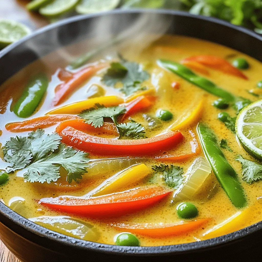 Um die thailändische Kokos-Curry-Suppe zu machen, brauchst du: - 1 Esslöffel Kokosöl - 1 Zwiebel, fein gehackt - 3 Knoblauchzehen, gehackt - 1 Esslöffel frischer Ingwer, gerieben - 2 Esslöffel rote Currypaste - 4 Tassen Gemüsebrühe - 1 Dose (400 ml) Kokosmilch - 1 Esslöffel Sojasauce - 1 Esslöffel Limettensaft - 1 Tasse Paprika, in Streifen (rot und gelb) - 1 Tasse Karotten, dünn geschnitten - 1 Tasse Zuckererbsen, geputzt - 1 Tasse Champignons, in Scheiben - Frischer Koriander, zum Garnieren - Limettenscheiben, zum Garnieren - Salz und Pfeffer nach Geschmack Diese Zutaten machen die Suppe noch besser. Du kannst auch folgendes hinzufügen: - Frische Chili für mehr Schärfe - Kokosraspeln für zusätzlichen Kokosgeschmack - Tofu oder Hühnchen für mehr Protein Frische Zutaten sind der Schlüssel zu einem großartigen Geschmack. Hier sind einige Tipps: - Wähle eine Zwiebel, die fest und schwer ist. - Achte darauf, dass die Paprika glänzend und knackig sind. - Kaufe frische Kräuter, die du leicht riechen kannst. - Überprüfe das Gemüse auf Druckstellen oder Flecken. Wenn du frische Zutaten auswählst, verbessert das den Geschmack deiner Suppe. So wird jede Schüssel ein Genuss! Für die Zubereitung der thailändischen Kokos-Curry-Suppe benötigen Sie frische Zutaten. Diese helfen, den besten Geschmack zu erzielen. Hier sind die Zutaten, die Sie brauchen: - 1 Esslöffel Kokosöl - 1 Zwiebel, fein gehackt - 3 Knoblauchzehen, gehackt - 1 Esslöffel frischer Ingwer, gerieben - 2 Esslöffel rote Currypaste - 4 Tassen Gemüsebrühe - 1 Dose (400 ml) Kokosmilch - 1 Esslöffel Sojasauce - 1 Esslöffel Limettensaft - 1 Tasse Paprika, in Streifen (rot und gelb) - 1 Tasse Karotten, dünn geschnitten - 1 Tasse Zuckererbsen, geputzt - 1 Tasse Champignons, in Scheiben - Frischer Koriander, zum Garnieren - Limettenscheiben, zum Garnieren - Salz und Pfeffer nach Geschmack Stellen Sie sicher, dass alles vorbereitet ist. Hacken Sie die Zwiebel, den Knoblauch und den Ingwer im Voraus. Dies macht den Kochprozess schneller und einfacher. Jetzt geht es ans Kochen! Erhitzen Sie das Kokosöl in einem großen Topf bei mittlerer Hitze. Fügen Sie die Zwiebel hinzu und braten Sie sie etwa fünf Minuten lang an, bis sie durchsichtig ist. Rühren Sie dann den gehackten Knoblauch und den geriebenen Ingwer ein. Kochen Sie sie 1-2 Minuten lang, bis sie gut riechen. Geben Sie die rote Currypaste in den Topf und vermischen Sie sie gut mit der Zwiebelmischung. Danach gießen Sie die Gemüsebrühe hinein und lassen alles zehn Minuten köcheln. Dies hilft den Aromen, sich zu entfalten. Reduzieren Sie die Hitze auf niedrig und rühren Sie die Kokosmilch, die Sojasauce und den Limettensaft unter. Fügen Sie dann die Paprikastreifen, Karotten, Zuckererbsen und Champignons hinzu. Lassen Sie die Suppe weitere 5-7 Minuten köcheln. Prüfen Sie, ob das Gemüse zart ist. Schmecken Sie die Suppe mit Salz und Pfeffer ab. Passen Sie die Aromen nach Ihrem Wunsch an. Servieren Sie die Suppe heiß. Garnieren Sie sie mit frischem Koriander und Limettenscheiben. Diese geben der Suppe einen schönen Farbkontrast und frischen Geschmack. Diese thailändische Kokos-Curry-Suppe ist perfekt für kalte Tage. Sie wärmt und macht glücklich! Einer der häufigsten Fehler ist das Überkochen der Zwiebeln. Brate sie nur, bis sie klar sind. Zu langes Kochen kann den Geschmack ändern. Achte darauf, die rote Currypaste gut zu vermischen. Wenn sie nicht gut verteilt ist, schmeckt die Suppe ungleichmäßig. Vergiss nicht, die Kokosmilch erst am Ende hinzuzufügen. Andernfalls kann sie gerinnen. Um den Geschmack zu intensivieren, benutze frische Zutaten. Frischer Ingwer und Knoblauch bringen mehr Aroma. Du kannst auch die Brühe selbst machen. Das fügt Tiefe hinzu. Ein Spritzer Fischsauce kann den Geschmack verstärken, ohne den Fischgeschmack zu geben. Wenn du magst, probiere auch einen Teelöffel Erdnussbutter. Das gibt der Suppe eine nussige Note. Ein großer Topf ist ideal für diese Suppe. Ein Holzlöffel hilft beim Rühren. Du brauchst auch ein scharfes Messer zum Schneiden des Gemüses. Eine Reibe ist nützlich für den Ingwer. Ein Messbecher sorgt dafür, dass du die Flüssigkeiten genau abmisst. Wenn möglich, benutze einen Mixer, um die Suppe für eine cremigere Textur zu pürieren. {{image_4}} Du kannst die thailändische Kokos-Curry-Suppe leicht vegan oder vegetarisch machen. Statt Fleisch kannst du Tofu oder Tempeh verwenden. Diese Optionen geben der Suppe mehr Textur. Wenn du es vegan magst, achte darauf, dass die Currypaste keine Fischsauce enthält. Die Suppe ist sehr anpassungsfähig. Wenn du es schärfer magst, füge mehr rote Currypaste hinzu. Für eine mildere Suppe kannst du die Menge reduzieren. Du kannst auch verschiedene Gemüsesorten verwenden, wie Kürbis oder Brokkoli. Das erlaubt dir, je nach Saison oder Vorlieben zu variieren. In Thailand gibt es viele Varianten dieser Suppe. In Nordthailand fügen sie oft frische Kräuter und Reisnudeln hinzu. Im Süden verwenden sie mehr Meeresfrüchte und Kokosmilch. Diese regionalen Unterschiede zeigen, wie vielseitig die Suppe ist. Probiere die verschiedenen Stile aus, um deinen Favoriten zu finden! Um die thailändische Kokos-Curry-Suppe richtig aufzubewahren, solltest du sie zuerst abkühlen lassen. Danach füllst du die Suppe in einen luftdichten Behälter. Achte darauf, dass der Behälter fest verschlossen ist. So bleibt die Suppe frisch und du vermeidest Gerüche im Kühlschrank. Wenn du die Suppe wieder erwärmen möchtest, benutze einen Topf. Gieße die Suppe hinein und erhitze sie bei mittlerer Hitze. Rühre regelmäßig um, damit sie gleichmäßig warm wird. Du kannst auch etwas Wasser oder Brühe hinzufügen, falls die Suppe zu dick ist. Vermeide die Mikrowelle, da dies die Textur der Suppe verändern kann. Im Kühlschrank hält sich die Suppe etwa drei bis vier Tage. Stelle sicher, dass sie gut verpackt ist. Wenn du die Suppe länger aufbewahren möchtest, friere sie ein. In einem luftdichten Behälter kann die Suppe bis zu drei Monate im Gefrierschrank bleiben. Achte darauf, die Suppe vor dem Einfrieren gut abzukühlen. Rote Currypaste hat einen kräftigen, süßen Geschmack. Sie enthält rote Chili, Knoblauch und Gewürze. Grüne Currypaste wird aus grünen Chilis gemacht. Sie hat einen frischen, scharfen Geschmack. Der Hauptunterschied liegt in der Schärfe und den Zutaten. Rote Paste ist oft milder als die grüne. Ja, du kannst viele Zutaten leicht ersetzen. Wenn du zum Beispiel Allergien gegen Soja hast, nimm einfach einen anderen Würzer. Statt Kokosmilch kannst du Mandel- oder Hafermilch verwenden. Achte darauf, dass die Alternativen gut zu den anderen Zutaten passen. Um die Suppe schärfer zu machen, füge mehr rote Currypaste hinzu. Du kannst auch frische Chilis oder Chili-Flocken hinzufügen. Beginne langsam und probiere die Suppe. So findest du die perfekte Schärfe für deinen Geschmack. Wir haben die wichtigsten Zutaten für das Thai Coconut Curry Soup besprochen. Die Schritt-für-Schritt-Anleitung macht das Kochen einfach. Tipps helfen, Fehler zu vermeiden und den Geschmack zu verbessern. Außerdem haben wir verschiedene Variationen und Lagerungshinweise betrachtet. Egal, ob du die Suppe vegan magst oder regionale Akzente setzen willst, jetzt bist du bestens vorbereitet. Nutze die Tipps und genieße deine Suppe. Experimentiere und finde deinen perfekten Geschmack!