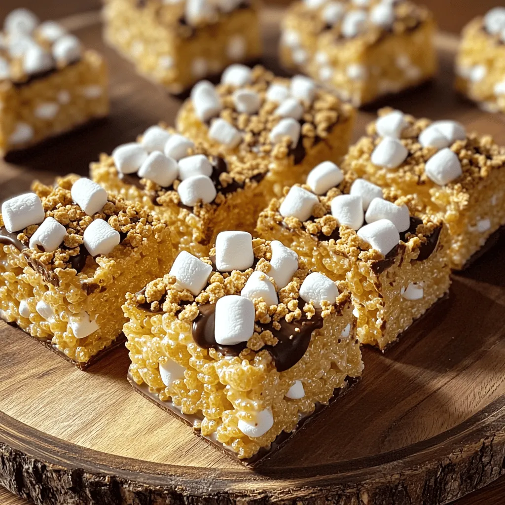 Für die S’mores Rice Krispie Treats braucht man eine handvoll einfacher Zutaten. Diese Zutaten machen die Leckerei so gut und schmackhaft. Hier ist die Liste der Zutaten: - 3 Esslöffel ungesalzene Butter - 280 g Mini-Marshmallows (geteilt) - 180 g Rice Krispies Cerealien - 100 g Graham-Cracker-Brösel - 1/2 Teelöffel Vanilleextrakt - 175 g Schokoladenstückchen - Zusätzliche Mini-Marshmallows und Graham-Cracker-Brösel zum Garnieren Diese Zutaten sind leicht zu finden. Ungesalzene Butter gibt einen guten Geschmack, ohne zu salzig zu sein. Mini-Marshmallows sind weich und schmelzen gut. Rice Krispies bringen eine knusprige Textur. Graham-Cracker-Brösel sorgen für den perfekten Grundgeschmack von S’mores. Vanilleextrakt fügt einen tollen Duft hinzu. Schokoladenstückchen geben den süßen Biss, den wir lieben. Die Garnierungen machen die Treats noch schöner und leckerer. Mit diesen Zutaten kann jeder einfache, aber köstliche S’mores Rice Krispie Treats zubereiten. Zuerst nehme ich eine 23x33 cm große Backform. Ich fette die Form leicht mit Butter oder Kochspray ein. So lassen sich die Leckereien später leicht herausnehmen. Dann stelle ich einen großen Kochtopf auf den Herd. Ich schmelze 3 Esslöffel ungesalzene Butter bei mittlerer Hitze. Sobald die Butter geschmolzen ist, füge ich 230 g Mini-Marshmallows hinzu. Ich rühre ständig, bis die Mischung glatt und vollständig geschmolzen ist. Jetzt nehme ich den Topf vom Herd und rühre 1/2 Teelöffel Vanilleextrakt ein. Dann gebe ich 180 g Rice Krispies und 100 g Graham-Cracker-Brösel dazu. Ich mische alles vorsichtig, bis es gut verbunden ist. Ich füge die restlichen 50 g Mini-Marshmallows und die Hälfte der 175 g Schokoladenstückchen hinzu. Dabei achte ich darauf, einige Stücke ganz zu lassen. Das sorgt für eine tolle Textur in den Treats. Ich gieße die Mischung in die vorbereitete Backform. Mit einem Spatel oder meinen leicht gefetteten Händen drücke ich die Mischung gleichmäßig und fest in die Form. Jetzt kommt der Spaß! Ich streue die restlichen Schokoladenstückchen, zusätzlichen Mini-Marshmallows und Graham-Cracker-Brösel oben drauf. Um einen Lagerfeuer-Look zu bekommen, kann ich die Marshmallows leicht rösten. Ich lasse die Leckereien etwa 30 Minuten bei Raumtemperatur abkühlen. Sobald sie fest sind, schneide ich sie in Quadrate oder Rechtecke. Jetzt sind die S’mores Rice Krispie Treats bereit zum Genießen! Um die perfekte Konsistenz für deine S’mores Rice Krispie Treats zu erreichen, schmelze die Butter und Marshmallows langsam. Rühre ständig, damit nichts anbrennt. Achte darauf, die Mischung nicht zu lange zu erhitzen. Wenn du die Rice Krispies und Graham-Cracker-Brösel hinzufügst, mische sie sanft. So bleiben die Leckereien weich und klebrig. Du kannst die Zutaten nach deinem Geschmack anpassen. Probiere verschiedene Schokoladensorten. Dunkle Schokolade gibt einen reichen Geschmack. Weiße Schokolade sorgt für Süße. Du kannst auch andere Cerealien wie Cheerios verwenden. Das gibt den Treats einen neuen Twist. Denk daran, die gleichen Mengen zu verwenden, um die Struktur beizubehalten. Um das Lagerfeuer-Feeling zu schaffen, röste die Mini-Marshmallows leicht an. Nutze einen Küchentorch, um sie goldbraun zu machen. Das gibt einen tollen Geschmack und sieht schön aus. Du kannst auch einen Hauch von geräuchertem Salz hinzufügen. Damit schmecken die Treats noch intensiver. Serviere sie auf einem rustikalen Holzbrett für das perfekte Ambiente. {{image_4}} Schokolade macht alles besser! Du kannst dunkle Schokolade verwenden, um einen kräftigen Geschmack zu erzielen. Weiße Schokolade gibt einen süßen und cremigen Effekt. Misch einfach die Schokoladenstückchen, die du magst, in die Mischung. Das gibt den S’mores Rice Krispie Treats eine schöne Farbe und Vielfalt. Für einen extra Crunch kannst du Nüsse hinzufügen. Walnüsse oder Mandeln passen gut zu den S’mores. Für etwas Frische und Süße probiere geschnittene Früchte wie Erdbeeren oder Bananen. Diese Toppings machen die Leckereien noch interessanter und leckerer. Möchtest du glutenfreie S’mores Rice Krispie Treats? Verwende glutenfreie Graham-Cracker oder ersetze sie durch glutenfreie Kekse. Stelle sicher, dass die Schokoladenstückchen auch glutenfrei sind. So können alle genießen, ohne sich um Gluten sorgen zu müssen. Um die S’mores Rice Krispie Treats frisch zu halten, lege sie in einen luftdichten Behälter. Das hilft, die Feuchtigkeit zu bewahren. Du kannst sie auch mit Frischhaltefolie abdecken. Stelle sicher, dass der Behälter an einem kühlen, trockenen Ort steht. Vermeide direkte Sonneneinstrahlung, die die Leckereien austrocknen kann. Diese Leckereien halten sich etwa eine Woche. Nach ein paar Tagen können sie etwas hart werden. Achte darauf, sie nicht zu lange aufzubewahren. Wenn du sie länger aufbewahren möchtest, kannst du sie auch einfrieren. So halten sie sich bis zu drei Monate. Um die Frische der S’mores Rice Krispie Treats wiederherzustellen, kannst du sie kurz in die Mikrowelle legen. Eine Sekunde pro Stück reicht aus. So werden sie wieder weich und lecker. Du kannst auch etwas Schokolade schmelzen und darüber träufeln, um den Geschmack aufzufrischen. Ja, du kannst Butter durch Margarine oder Kokosöl ersetzen. Diese Alternativen geben dem Rezept eine ähnliche Textur. Achte jedoch darauf, dass der Geschmack leicht anders sein könnte. Die Leckereien halten sich gut in einem luftdichten Behälter. Sie bleiben frisch für etwa eine Woche. Wenn du sie kühl und trocken lagerst, bleibt die Konsistenz optimal. Ja, das ist eine tolle Idee! Du kannst die Schokolade schmelzen, bevor du sie hinzufügst. So verteilt sich der Geschmack gleichmäßiger und sorgt für ein schokoladigeres Erlebnis. Falls du keine Graham-Cracker hast, kannst du zerbröselte Kekse verwenden. Digestive-Kekse oder Haferkekse sind gute Alternativen. Sie geben den Leckereien eine andere, aber leckere Note. Zusammengefasst lernen Sie, wie man köstliche S’mores Rice Krispie Treats zubereitet. Wir haben die wichtigen Zutaten aufgelistet und Schritt für Schritt erklärt, wie Sie sie zubereiten. Denken Sie an die Tipps, um die perfekte Konsistenz zu erreichen und Variationen auszuprobieren. Diese Leckereien sind einfach und machen Spaß. Ich hoffe, Sie probieren dieses Rezept aus und genießen es! Die Glücksmomente, die diese Leckereien bringen, sind unbezahlbar.