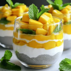 - 1 Tasse Kokosmilch - 1/4 Tasse Chiasamen - 2 Esslöffel Ahornsirup oder Honig Die Hauptzutaten machen diesen Pudding besonders lecker. Kokosmilch sorgt für Cremigkeit und Geschmack. Chiasamen sind wichtig, denn sie quellen und machen den Pudding dick. Du kannst Ahornsirup oder Honig verwenden, um ihn süß zu machen. - 1 Teelöffel Vanilleextrakt - 1 große reife Mango, gewürfelt - 1/2 Tasse griechischer Joghurt oder Kokosjoghurt Vanilleextrakt verleiht dem Pudding ein besonderes Aroma. Die Mango bringt Frische und Süße. Griechischer Joghurt oder Kokosjoghurt sorgt für eine cremige Schicht, die gut mit den anderen Zutaten harmoniert. - Frische Minzblätter Minzblätter sind die perfekte Garnierung. Sie sehen schön aus und geben einen tollen Frischekick. Wenn du die Parfaits servierst, füge die Minze obenauf hinzu. So wird dein Pudding nicht nur lecker, sondern auch hübsch. - Mische in einer mittleren Schüssel die Kokosmilch, Chiasamen, Ahornsirup und Vanilleextrakt. - Rühre alles gut mit einem Schneebesen. - Lass die Mischung für etwa 10 Minuten ruhen. - Rühre danach erneut um, damit die Chiasamen sich gut verteilen. - Decke die Schüssel ab und stelle sie für mindestens 2 Stunden in den Kühlschrank. - Du kannst auch über Nacht warten. - So quellen die Chiasamen und der Pudding wird fest. - Nimm ihn nach der Kühlzeit heraus und rühre ihn gut um. - Nimm servierfertige Gläser und beginne mit einer Schicht Chia-Pudding am Boden. - Füge eine Schicht gewürfelte Mango obendrauf hinzu. - Löffle eine Schicht griechischen Joghurt auf die Mango. - Glätte die Oberfläche des Joghurts. - Wiederhole die Schichten bis die Gläser gefüllt sind. - Beende mit einer Lage Mango oben drauf. - Garniere die Parfaits mit frischen Minzblättern. Um den besten Chia-Pudding zu machen, ist richtiges Rühren wichtig. Mische die Kokosmilch, Chiasamen, Ahornsirup und Vanilleextrakt gut in einer Schüssel. Lass die Mischung dann etwa 10 Minuten ruhen. Rühre danach erneut um, damit die Chiasamen gleichmäßig verteilt sind. Diese Technik hilft, Klumpen zu vermeiden. Es macht den Pudding schön cremig und lecker. Die Anordnung der Schichten macht viel aus. Beginne mit dem Chia-Pudding am Boden. Füge dann die gewürfelte Mango hinzu. Löffel etwas Joghurt auf die Mango und glätte die Oberfläche. Wiederhole diese Schritte, um schöne Schichten zu bilden. Serviere die Parfaits in transparenten Gläsern. So kannst du die schönen Farben und Schichten sehen. Ein eleganter Look macht jede Mahlzeit besonders. Wähle hochwertige Kokosmilch für den besten Geschmack. Achte darauf, dass sie cremig und vollmundig ist. Um eine reife Mango zu erkennen, drücke leicht auf die Frucht. Sie sollte sanft nachgeben. Der Duft ist ebenfalls wichtig. Eine reife Mango riecht süß und fruchtig. Frische und gute Zutaten machen den Unterschied in deinem Pudding. {{image_4}} Wenn Sie milchfrei leben oder einfach Kokosjoghurt ausprobieren möchten, ist das eine tolle Wahl. Kokosjoghurt hat einen reichen, cremigen Geschmack. Er passt perfekt zu dem Kokos-Mango-Chia-Pudding. Ersetzen Sie einfach den griechischen Joghurt in Ihrem Rezept. Der Pudding bleibt lecker und cremig. Möchten Sie Ihrem Pudding mehr Geschmack geben? Fügen Sie Beeren, Schokolade oder Nüsse hinzu. Die Beeren bringen Frische und Farbe. Schokolade kann eine süße Note hinzufügen. Nüsse sorgen für einen knusprigen Biss. Experimentieren Sie mit verschiedenen Kombinationen, um Ihren Favoriten zu finden! Es gibt viele Süßungsmittel, die Sie ausprobieren können. Anstelle von Ahornsirup können Sie Honig oder Agavendicksaft verwenden. Wenn Sie es weniger süß mögen, reduzieren Sie die Menge. Jedes Süßungsmittel bringt einen einzigartigen Geschmack. So bleibt Ihr Pudding spannend und lecker. Kühle den Pudding nach der Zubereitung sofort. Stelle ihn in einen luftdichten Behälter. So bleibt er frisch und lecker. Im Kühlschrank bleibt der Pudding bis zu fünf Tage haltbar. Achte darauf, den Behälter gut zu verschließen. So vermeidest du Geruchsübertragung und Austrocknung. Bereite die Zutaten am besten am Vortag vor. Mische die Kokosmilch, Chiasamen, Ahornsirup und Vanilleextrakt. Lass die Mischung für zehn Minuten ruhen. Rühre sie dann gut um. Decke die Schüssel ab und stelle sie in den Kühlschrank. Nach zwei Stunden oder über Nacht ist der Pudding bereit für die Parfaits. Du kannst die Parfaits auch einfrieren. Fülle sie in gefriergeeignete Behälter. Achte darauf, etwas Platz zu lassen, da die Mischung beim Gefrieren expandiert. Zum Auftauen stelle die Behälter einfach in den Kühlschrank. Lass sie dort für einige Stunden oder über Nacht. So bleiben die Texturen und Geschmäcker erhalten. Die Parfaits halten sich gut im Kühlschrank. Sie können sie bis zu drei Tage aufbewahren. Decken Sie die Gläser ab, um sie frisch zu halten. So bleibt der Geschmack und die Konsistenz gut. Wenn Sie die Schichten getrennt aufbewahren, können Sie sie auch länger genießen. Ja, Sie können Chiasamen mahlen. Gemahlene Chiasamen haben eine andere Textur. Sie lösen sich leichter in Flüssigkeiten und sorgen für eine glattere Konsistenz. Allerdings verlieren sie etwas von ihrem Ballaststoffgehalt. Ganze Chiasamen sorgen für ein angenehmes Knuspergefühl. Es hängt also von Ihrem persönlichen Geschmack ab. Chiasamen sind sehr gesund. Sie sind reich an Ballaststoffen, Omega-3-Fettsäuren und Antioxidantien. Diese Nährstoffe unterstützen die Verdauung und das Herz. Zudem helfen sie, den Blutzucker zu regulieren. Chiasamen sind also eine tolle Ergänzung zu Ihrer Ernährung. Sie bieten viele Vorteile in einer kleinen Menge. Dieser Artikel zeigt dir, wie du einen köstlichen Chia-Pudding und Parfaits zubereitest. Wir haben die Hauptzutaten wie Kokosmilch, Chiasamen und frische Mango behandelt. Du lernst auch, wie man diese Schichten ansprechend präsentiert und welche Variationen möglich sind. Denke daran, hochwertige Zutaten zu wählen und einen Kühlschrank für die Lagerung zu nutzen. Probiere kreativ verschiedene Geschmäcker aus. Mit diesen Tipps wirst du leckere und gesunde Snacks zaubern. Viel Spaß beim Ausprobieren und Genießen!