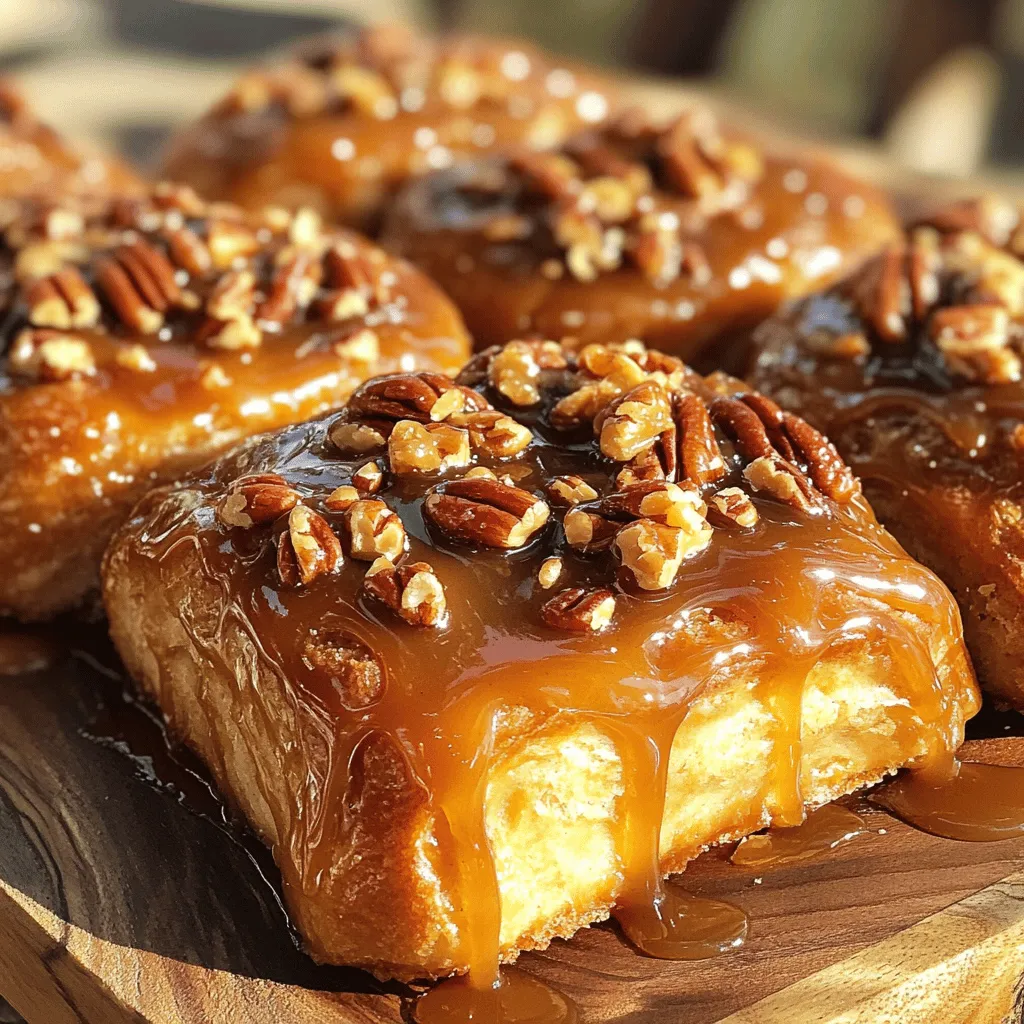 Die Zutaten für Caramel Pecan Sticky Buns sind einfach und leicht zu finden. Hier ist die Liste: - 2 Tassen Weizenmehl - 2 Esslöffel Zucker - 1 Päckchen (2 1/4 Teelöffel) Trockenhefe - 1/2 Teelöffel Salz - 1/2 Tasse warme Milch (43°C) - 1/4 Tasse ungesalzene Butter, geschmolzen - 1 großes Ei - 1 Teelöffel Vanilleextrakt - 1/2 Tasse gehackte Pekannüsse - 1/2 Tasse brauner Zucker - 1/4 Tasse Maissirup - 1/4 Tasse ungesalzene Butter (für das Karamell) - 1 Teelöffel gemahlener Zimt Diese Zutaten machen die Buns süß und klebrig. Die Pekannüsse geben einen tollen Crunch dazu. Wenn du spezielle Diäten hast, gibt es Alternativen. Hier sind einige Vorschläge: - Glutenfrei: Verwende glutenfreies Mehl statt Weizenmehl. - Zuckerfrei: Nutze Zuckeralternativen wie Stevia oder Erythrit. - Vegan: Ersetze das Ei durch eine Banane oder Apfelmus und nutze pflanzliche Butter. Diese Optionen machen die Sticky Buns für viele Menschen genießbar. Die Wahl deiner Zutaten ist wichtig. Hier sind einige Tipps: - Mehl: Wähle frisches, hochwertiges Weizenmehl für beste Ergebnisse. - Butter: Untersuche die Qualität der Butter. Frische, ungesalzene Butter macht einen großen Unterschied. - Pekannüsse: Kaufe ganze, frische Nüsse. Sie schmecken besser und sind gesünder. - Zucker: Brauner Zucker sollte feucht sein. Das sorgt für einen tiefen Geschmack. Diese Tipps helfen dir, die besten Zutaten für deine Sticky Buns auszuwählen. So werden deine Buns noch köstlicher! Beginne mit der Zubereitung des Teigs. Vermische in einer Schüssel warme Milch, Zucker und Trockenhefe. Lass die Mischung fünf Minuten stehen, bis sie schaumig wird. In einer großen Rührschüssel kommen dann 2 Tassen Weizenmehl, 1/2 Teelöffel Salz, 1/4 Tasse geschmolzene Butter, 1 großes Ei und 1 Teelöffel Vanilleextrakt hinzu. Füge die Hefemischung dazu und rühre alles gut durch. Knete den Teig auf einer bemehlten Fläche für 5 bis 7 Minuten. Der Teig sollte glatt und elastisch sein. Lege ihn in eine geölte Schüssel, decke ihn mit einem Küchentuch ab und lass ihn an einem warmen Ort eine Stunde ruhen. Während der Teig geht, kannst du die Karamellsauce vorbereiten. Nimm einen kleinen Topf und vermenge darin 1/2 Tasse braunen Zucker, 1/4 Tasse Maissirup und 1/4 Tasse Butter. Erhitze die Mischung bei mittlerer Hitze und rühre dabei gut um. Warte, bis alles geschmolzen und glatt ist. Diese Sauce wird die sticky Buns wunderbar klebrig und süß machen. Nach der ersten Gärung drücke den Teig herunter und rolle ihn zu einem Rechteck von etwa 30x45 cm aus. Bestreiche ihn gleichmäßig mit geschmolzener Butter. Streue 1 Teelöffel gemahlenen Zimt und 1/2 Tasse gehackte Pekannüsse darauf. Rolle den Teig straff von einem langen Rand auf und schneide die Rolle in 12 gleichmäßige Stücke. Bereite eine 23x33 cm große Backform vor, indem du die Karamellsauce gleichmäßig darin verteilst. Platziere die Zimtschnecken mit der Schnittseite nach unten in die Sauce. Decke die Backform ab und lass die Rollen 30 Minuten ruhen. Heize den Ofen auf 175°C vor und backe die Sticky Buns 25 bis 30 Minuten, bis sie goldbraun sind. Lass sie etwa 5 Minuten in der Form abkühlen, bevor du sie auf eine Servierplatte stürzt. Voilà, deine Caramel Pecan Sticky Buns sind bereit zum Genießen! Wenn du Karamell-Pecan-Sticky-Buns machst, achte darauf, die Hefe richtig zu aktivieren. Mische die warme Milch mit Zucker und Hefe. Lass es für fünf Minuten ruhen. Wenn die Mischung schäumt, ist die Hefe aktiv. Wenn nicht, beginne erneut. Ein weiterer Fehler ist das Über- oder Unterkneten des Teigs. Du solltest den Teig nur so lange kneten, bis er glatt und elastisch ist. Zu viel Kneten macht ihn hart. Der perfekte Teig braucht gute Zutaten. Verwende frisches Weizenmehl und warme Milch. Die Milch sollte etwa 43°C haben. Das macht den Teig fluffig. Setze ein großes Ei und echte Vanille ein, um Geschmack zu bringen. Lass den Teig an einem warmen Ort gehen. Er sollte sich etwa verdoppeln. Decke die Schüssel gut ab, damit er nicht austrocknet. Serviere die Sticky Buns warm für das beste Erlebnis. Du kannst sie mit extra Karamellsauce überziehen. Ein Klecks Vanilleeis macht das Dessert besonders. Stelle die Buns auf einen schönen Teller, um sie ansprechend zu präsentieren. Du kannst auch gehackte Pekannüsse darüber streuen. So wird dein Genuss noch schöner und knuspriger. {{image_4}} Es gibt viele Wege, Caramel Pecan Sticky Buns zu verbessern. Du kannst frische Früchte wie Äpfel oder Birnen hinzufügen. Schneide sie in kleine Stücke und streue sie auf den Teig, bevor du ihn aufrollst. Eine Prise Meersalz auf die Karamellsauce gibt einen tollen Kontrast. Du kannst auch Schokoladensplitter für eine süße Note einfügen. Wenn du eine vegane Version möchtest, ersetze die Butter durch pflanzliche Margarine. Nutze pflanzliche Milch wie Mandel- oder Hafermilch. Anstelle von Eiern kannst du Apfelmus oder Leinsamen verwenden. Mische einen Esslöffel Leinsamen mit drei Esslöffeln Wasser und lasse es quellen. Das sorgt für die nötige Bindung. Experimentiere mit anderen Nüssen. Walnüsse oder Haselnüsse sind köstliche Alternativen. Für einen fruchtigen Twist probiere Trockenfrüchte wie Cranberries oder Rosinen. Sie geben den Sticky Buns eine süße und saftige Textur. Diese Variationen halten das Rezept spannend und bringen neue Geschmäcker in deine Küche. Um deine Caramel Pecan Sticky Buns frisch zu halten, lagere sie in einem luftdichten Behälter. Das verhindert, dass sie trocken werden. Du kannst sie auch in Frischhaltefolie wickeln. So bleiben sie weicher und leckerer. Stelle sicher, dass sie bei Raumtemperatur gelagert werden. Wenn du die Sticky Buns wieder aufwärmen möchtest, nutze den Ofen oder die Mikrowelle. Im Ofen erhitzt du sie bei 150°C für etwa 10 Minuten. Das macht sie warm und klebrig. In der Mikrowelle erwärmst du sie für 20-30 Sekunden. Achte darauf, dass sie nicht zu heiß werden. Im Kühlschrank halten die Sticky Buns etwa 3-4 Tage. Wenn du sie länger aufbewahren willst, kannst du sie einfrieren. Wickele sie gut ein und lege sie in einen gefrierfesten Behälter. Im Gefrierfach sind sie bis zu 3 Monate haltbar. Um sie wieder zu genießen, lasse sie einfach im Kühlschrank auftauen. Die Gärung ist der Schlüssel zu fluffigen und leckeren Sticky Buns. Hier sind einige Tipps für den besten Teig: - Warme Umgebung: Stelle sicher, dass der Teig an einem warmen Ort steht. Ideal sind 25-30 Grad Celsius. - Ruhen lassen: Lass den Teig gut aufgehen. Er sollte sich verdoppeln. Das dauert etwa eine Stunde. - Deckel verwenden: Decke die Schüssel mit einem sauberen Küchentuch ab. Das hält die Wärme und Feuchtigkeit. - Geduld haben: Wenn dein Raum kalt ist, lass den Teig länger gehen. Geduld zahlt sich aus. Ja, das kannst du! Die Karamellsauce ist leicht im Voraus zu machen. Hier sind einige Schritte: - Vorbereitung: Mische braunen Zucker, Maissirup und Butter in einem Topf. - Lagern: Lass die Sauce abkühlen und fülle sie in ein Glas. - Kühlschrank: Bewahre sie im Kühlschrank auf. So bleibt sie frisch. - Wiedererwärmen: Vor der Verwendung einfach die Sauce leicht erhitzen, bis sie flüssig ist. Die Präsentation ist wichtig für den Genuss. Hier sind meine Tipps: - Warm servieren: Die Sticky Buns schmecken am besten warm. - Karamellsauce hinzufügen: Gieße etwas Karamellsauce über die Buns für extra Geschmack. - Eiscreme dazu: Eine Kugel Vanilleeis macht das Dessert perfekt. - Dekorieren: Garniere die Buns mit gehackten Pekannüssen für den schönen Look. Diese Tipps helfen dir, die Sticky Buns richtig zu genießen! In diesem Artikel haben wir die besten Zutaten für Caramel Pecan Sticky Buns erkundet. Sie sind einfach, lecker und anpassbar. Ich habe Tipps gegeben, um Fehler zu vermeiden und den perfekten Teig zu machen. Wir haben Variationen und Aufbewahrungstechniken behandelt, um sicherzustellen, dass deine Sticky Buns frisch bleiben. Denke daran, bei der Zubereitung Freude zu haben. Experimentiere mit verschiedenen Geschmäckern, solange du die Grundlagen beherrschst. So wirst du das beste Ergebnis erzielen. Viel Spaß beim Backen!
