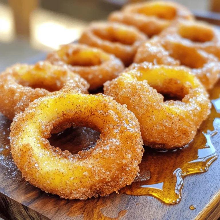 Für die frittierten Zimt-Apfelringe brauchst du folgende Zutaten: - 2 große Äpfel (z.B. Granny Smith oder Honeycrisp), entkernt und in Ringe geschnitten - 1 Tasse Weizenmehl - 1/2 Tasse Maismehl - 1 Esslöffel Backpulver - 1 Teelöffel Zimt - 1/4 Teelöffel Muskatnuss - 1/2 Teelöffel Salz - 1 Tasse Buttermilch (oder Milch mit 1 Esslöffel Zitronensaft) - 1 Esslöffel Zucker - Pflanzenöl zum Frittieren - Zusätzlicher Zucker und Zimt zum Bestäuben Wenn du keine Buttermilch hast, kannst du einfach Milch mit etwas Zitronensaft nutzen. Das ist eine gute Lösung. Wenn du Gluten vermeiden willst, probiere glutenfreies Mehl. Für einen anderen Geschmack, wähle verschiedene Äpfel. Honeycrisp hat eine süße Note, während Granny Smith mehr Säure hat. Achte beim Kauf von Äpfeln auf Frische. Sie sollten fest und knackig sein. Drücke leicht auf die Äpfel. Wenn sie sich weich anfühlen, sind sie nicht mehr frisch. Wähle Äpfel mit einer klaren Farbe und ohne Druckstellen. Überlege auch, lokal angebaute Äpfel zu kaufen. Diese sind oft frischer und schmecken besser. Zuerst bereite ich die Äpfel vor. Wähle große Äpfel wie Granny Smith oder Honeycrisp. Diese sind knackig und haben einen guten Geschmack. Schneide die Äpfel in Ringe, etwa 1/2 cm dick. Entferne den Kern mit einem kleinen Ausstecher oder einem Messer. Lege die Apfelringe beiseite, während ich den Teig mache. Für den Teig nehme ich eine mittelgroße Schüssel. Ich vermenge dort 1 Tasse Weizenmehl, 1/2 Tasse Maismehl, 1 Esslöffel Backpulver, 1 Teelöffel Zimt, 1/4 Teelöffel Muskatnuss und 1/2 Teelöffel Salz. Ich benutze einen Schneebesen, um alles gut zu vermischen. In einer anderen Schüssel verrühre ich 1 Tasse Buttermilch mit 1 Esslöffel Zucker. Ich rühre, bis sich der Zucker auflöst. Dann füge ich die feuchten Zutaten nach und nach zu den trockenen Zutaten hinzu. Ich rühre alles zusammen, bis der Teig glatt ist. Jetzt wird es spannend! In einer großen Pfanne erhitze ich etwa 2,5 cm Pflanzenöl auf mittlerer Hitze. Ich überprüfe die Temperatur mit einem Thermometer. Sie sollte bei etwa 175°C liegen. Ich tauche jeden Apfelring in den Teig. Dann lege ich ihn vorsichtig in das heiße Öl. Ich frittiere die Ringe in kleinen Portionen. So bleibt genug Platz in der Pfanne. Nach etwa 2-3 Minuten ist eine Seite goldbraun. Ich wende die Ringe und frittiere die andere Seite. Wenn sie fertig sind, nehme ich sie mit einem Schaumlöffel heraus. Ich lege die Ringe auf einen Teller mit Papiertüchern, damit das überschüssige Öl abtropfen kann. Zum Schluss mische ich Zucker und Zimt in einer kleinen Schüssel. Ich streue die Mischung über die warmen Apfelringe. So bekommen sie den perfekten süßen Abschluss. Einer der häufigsten Fehler ist, die Äpfel nicht richtig vorzubereiten. Achten Sie darauf, die Äpfel in gleichmäßige Ringe zu schneiden. Eine Dicke von 0,5 cm ist ideal. Entfernen Sie den Kern sorgfältig, damit die Ringe gleichmäßig frittieren. Ein weiterer Fehler ist die Konsistenz des Teigs. Wenn der Teig zu dick ist, wird er nicht knusprig. Wenn er zu dünn ist, bleibt er nicht haften. Probieren Sie den Teig aus. Er sollte glatt und leicht klebrig sein. Die Temperatur des Öls ist entscheidend. Zu heißes Öl bräunt die Ringe außen, während sie innen roh bleiben. Zu kaltes Öl sorgt dafür, dass die Ringe fettig werden. Ideal sind etwa 175°C. Ein Küchenthermometer hilft hier sehr. Frittieren Sie die Ringe in kleinen Portionen. So bleiben sie knusprig und garen gleichmäßig. Frittieren Sie sie 2-3 Minuten pro Seite. Achten Sie darauf, dass sie goldbraun sind, bevor Sie sie herausnehmen. Servieren Sie die Apfelringe warm. Ein großer Teller macht sich gut. Beträufeln Sie sie mit Honig oder Ahornsirup. Eine Prise Zimt oder Puderzucker macht das Gericht noch schöner. Sie können auch eine Kugel Vanilleeis dazugeben. Das kalte Eis passt perfekt zu den warmen Ringen. Probieren Sie auch, die Ringe mit frischen Beeren zu garnieren. {{image_4}} Du kannst verschiedene Apfelsorten verwenden. Granny Smith gibt einen tollen, säuerlichen Geschmack. Honeycrisp sorgt für eine süßere Note. Du kannst auch Fuji oder Gala Äpfel probieren. Diese Äpfel sind süß und knackig. Denke daran, dass der Geschmack der Ringe von der Apfelsorte abhängt. Experimentiere mit verschiedenen Sorten, um deine Lieblingskombination zu finden. Wenn du glutenfrei kochen möchtest, gibt es einfache Alternativen. Ersetze das Weizenmehl durch eine glutenfreie Mehlmischung. Diese Mischungen sind oft eins zu eins austauschbar. Maismehl ist auch eine gute Option. Es gibt dir eine schöne Textur. Achte darauf, dass alle anderen Zutaten ebenfalls glutenfrei sind. So kannst du die Ringe ohne Sorge genießen. Um mehr Geschmack zu erhalten, füge zusätzliche Aromen hinzu. Ein Teelöffel Vanilleextrakt passt super. Du kannst auch etwas Ingwer oder Muskatnuss verwenden. Diese Gewürze geben den Ringen eine besondere Note. Experimentiere mit verschiedenen Kombinationen, um deine perfekte Mischung zu finden. So wird jedes Mal ein anderes Geschmackserlebnis. Um die frittierten Zimt-Apfelringe frisch zu halten, lege sie in einen luftdichten Behälter. Verwende Pergamentpapier zwischen den Ringen, um ein Verkleben zu verhindern. Lagere sie im Kühlschrank. So bleiben sie bis zu zwei Tage genießbar. Um die Apfelringe aufzuwärmen, heize den Ofen auf 175 °C vor. Lege die Ringe auf ein Backblech. Backe sie für etwa 10 Minuten, bis sie warm sind. Dies hilft, die Knusprigkeit zu bewahren. Alternativ kannst du die Ringe in einer Pfanne mit etwas Öl bei mittlerer Hitze aufwärmen. Die frittierten Zimt-Apfelringe sind im Kühlschrank bis zu zwei Tage haltbar. Sie verlieren jedoch schnell ihre Knusprigkeit. Für die beste Erfahrung genieße sie frisch zubereitet. Wenn du sie länger aufbewahren möchtest, friere die Ringe ein. So bleiben sie bis zu einem Monat gut. Das Rezept ergibt etwa 4 Portionen. Das hängt von der Größe der Apfelringe ab. Wenn Sie große Äpfel verwenden, können Sie mehr Ringe schneiden. Kleinere Äpfel ergeben weniger Ringe. Ja, Sie können die Apfelringe im Voraus zubereiten, aber sie schmecken am besten frisch. Bereiten Sie die Ringe vor und lagern Sie sie im Kühlschrank. Frittieren Sie sie kurz vor dem Servieren, damit sie knusprig bleiben. Buttermilch macht den Teig weich und schön saftig. Sie gibt den Ringen einen tollen Geschmack. Wenn Sie keine Buttermilch haben, können Sie Milch und Zitronensaft mischen. Das funktioniert auch gut. In diesem Artikel habe ich die wichtigsten Zutaten und Alternativen für frittierte Zimt-Apfelringe behandelt. Ich habe eine Schritt-für-Schritt-Anleitung gegeben, um den perfekten Teig zu machen und die Ringe zu frittieren. Zudem gab es Tipps, um häufige Fehler zu vermeiden und verschiedene Variationen auszuprobieren. Zum Schluss habe ich auch erklärt, wie man die Reste lagert. Bleiben Sie kreativ und experimentieren Sie mit verschiedenen Äpfeln und Aromen! So genießen Sie immer wieder leckere Apfelringe.