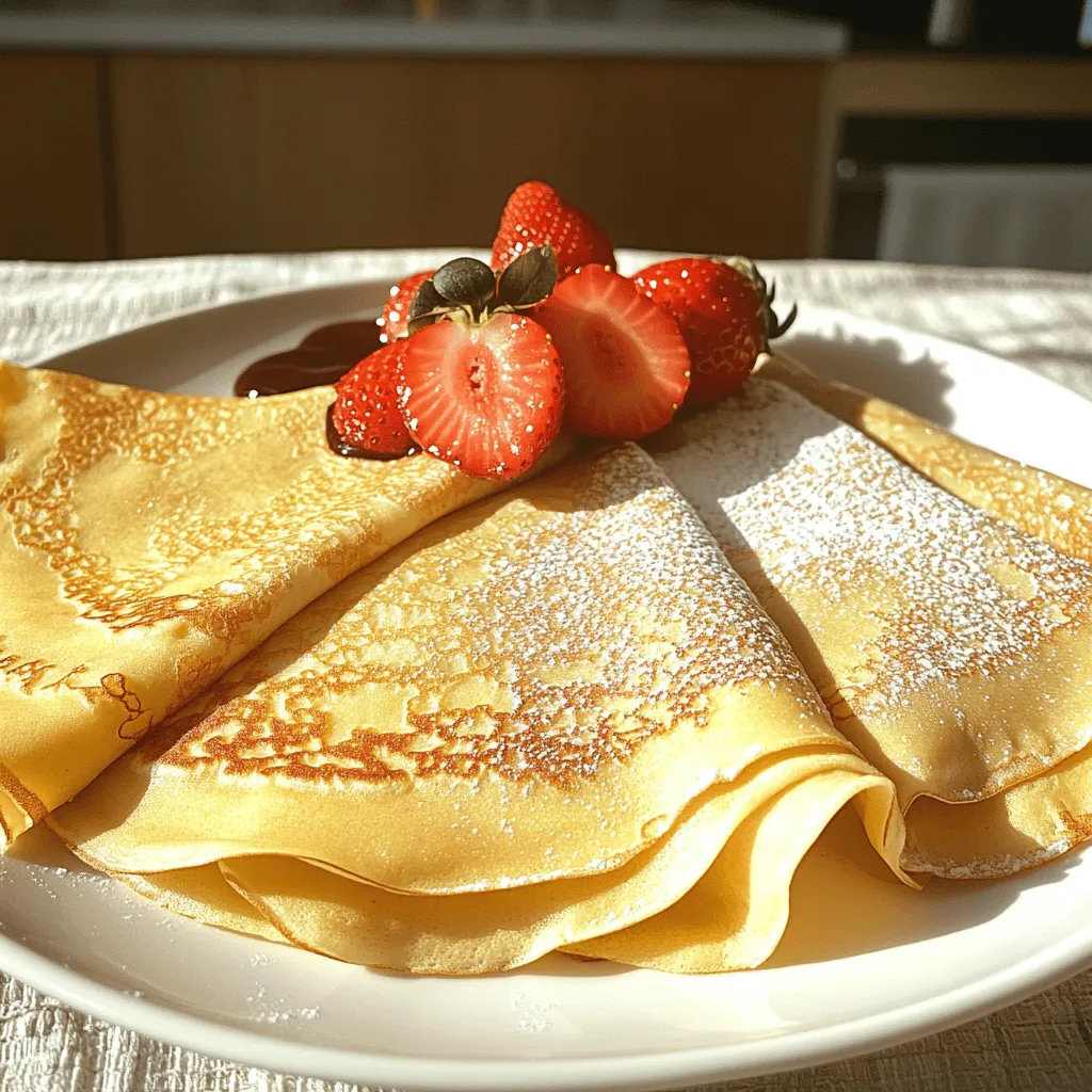 Für die perfekten Crêpes benötigst du einige einfache Zutaten. Hier ist eine Liste: - 1 Tasse Allzweckmehl - 2 große Eier - 1 1/2 Tassen Milch (idealerweise Vollmilch oder 2%) - 2 Esslöffel geschmolzene Butter (plus extra für die Pfanne) - 1 Esslöffel Zucker - 1/2 Teelöffel Vanilleextrakt - Eine Prise Salz Diese Zutaten sind die Basis für zarte und leckere Crêpes. Das Mehl gibt Struktur, während die Eier helfen, die Crêpes zusammenzuhalten. Die Milch macht sie schön weich. Die Füllungen machen deine Crêpes besonders. Du kannst sie süß oder herzhaft füllen. Hier sind einige Ideen: - Frische Früchte wie Erdbeeren oder Bananen - Nutella oder Schokoladensoße - Schlagsahne oder Joghurt - Käse und Spinat für eine herzhafte Variante Experimentiere mit deinen Lieblingszutaten. So wirst du sicher eine Füllung finden, die dir gefällt! Die Wahl der Zutaten ist wichtig. Hier sind einige Tipps, um die besten auszuwählen: - Wähle frische Eier. Sie sorgen für besseren Geschmack. - Verwende Vollmilch für einen reichhaltigen Geschmack. - Achte auf die Qualität des Mehls. Bio-Mehl kann eine gute Wahl sein. - Frische Früchte sind nicht nur lecker, sondern sehen auch schön aus. Mit diesen Tipps kannst du deine Crêpes noch besser machen. Sie werden garantiert ein Hit bei deinen Gästen! Um den perfekten Teig für Ihre Crêpes zu machen, starten Sie mit einer großen Rührschüssel. Messen Sie eine Tasse Allzweckmehl ab und geben Sie zwei Esslöffel Zucker dazu. Mischen Sie beides gut zusammen. In einer anderen Schüssel verquirlen Sie zwei große Eier. Fügen Sie dann eineinhalb Tassen Milch und zwei Esslöffel geschmolzene Butter hinzu. Vergessen Sie nicht, einen halben Teelöffel Vanilleextrakt und eine Prise Salz hinzuzufügen. Gießen Sie die Eier-Mischung langsam in die Mehlmischung. Rühren Sie kräftig mit einem Schneebesen, bis der Teig glatt ist. Lassen Sie den Teig für mindestens 30 Minuten ruhen. Diese Pause hilft, dass Ihre Crêpes zart werden. Erhitzen Sie eine beschichtete Pfanne oder eine Crêpes-Pfanne auf mittlerer Hitze. Fetten Sie die Pfanne leicht mit Butter ein. Es ist wichtig, dass die Pfanne nicht zu heiß ist. Wenn die Pfanne zu heiß ist, verbrennen die Crêpes schnell und werden hart. Testen Sie die Hitze, indem Sie ein paar Tropfen Wasser in die Pfanne geben. Wenn sie brutzeln und sofort verdampfen, ist die Pfanne bereit. Gießen Sie etwa 1/4 Tasse des Teigs in die Pfanne. Kippen Sie die Pfanne sofort, um den Teig gleichmäßig zu verteilen. Es ist wichtig, dass die Schicht dünn ist. Kochen Sie die Crêpe für 1-2 Minuten, bis die Ränder sich anheben und die Unterseite goldbraun wird. Verwenden Sie einen Spatel, um die Crêpe vorsichtig zu wenden. Kochen Sie die andere Seite für weitere 30 Sekunden. Legen Sie die fertige Crêpe auf einen Teller und decken Sie sie mit einem sauberen Küchentuch ab. Wiederholen Sie diesen Schritt mit dem restlichen Teig. Fetten Sie die Pfanne nach Bedarf ein, um ein Ankleben zu verhindern. Ein häufiger Fehler beim Crêpes-Machen ist, den Teig nicht lange genug ruhen zu lassen. Der Teig sollte mindestens 30 Minuten ruhen. Dadurch wird er viel zarter. Ein anderer Fehler ist, die Pfanne nicht richtig zu erhitzen. Sie sollte mittlere Hitze haben, bevor du den Teig hinzufügst. Zu hohe Hitze kann die Crêpes verbrennen. Zu niedrige Hitze lässt sie nicht gleichmäßig garen. Um die perfekte Textur zu erreichen, benutze frische Zutaten. Vollmilch oder 2% Milch macht die Crêpes weich. Achte darauf, dass der Teig glatt ist, ohne Klumpen. Ein gutes Rühren mit einem Schneebesen ist wichtig. Wenn du magst, füge eine Prise Backpulver hinzu. Dies kann die Crêpes noch luftiger machen. Koche die Crêpes 1-2 Minuten auf der ersten Seite. Achte auf leicht goldene Ränder. Wenn du die Crêpe wendest, koche sie nur 30 Sekunden auf der anderen Seite. So bleibt sie zart und flexibel. Wenn du mehrere Crêpes machst, decke die fertigen mit einem sauberen Küchentuch ab. Das hält sie warm und weich. {{image_4}} Ich liebe es, Crêpes mit süßen Füllungen zu genießen. Eine beliebte Wahl sind frische Früchte. Sie bringen Farbe und Geschmack. Bananen, Erdbeeren oder Himbeeren sind großartige Optionen. Ich empfehle, die Früchte in kleine Stücke zu schneiden und sie auf die Crêpes zu legen. Fügen Sie einen Klecks Schlagsahne oder Joghurt hinzu. Das macht die Crêpes noch leckerer. Nutella ist ein weiterer Hit. Einfach einen Löffel auf die Crêpe geben und dann zusammenrollen. Für ein schokoladiges Erlebnis, streuen Sie ein bisschen Puderzucker darüber. Sie können auch Erdnussbutter verwenden. Das gibt einen schönen, nussigen Geschmack. Bei herzhaften Füllungen sind der Kreativität keine Grenzen gesetzt. Eine der besten Optionen ist Käse und Spinat. Nehmen Sie etwas frischen Spinat und braten Sie ihn leicht an. Dann fügen Sie geriebenen Käse hinzu. Das schmeckt einfach großartig. Eine weitere schmackhafte Füllung ist Schinken und Käse. Einfach den Schinken auf die Crêpe legen, dann Käse darüber. Klappen Sie die Crêpe zusammen und lassen Sie sie kurz in der Pfanne schmelzen. Das gibt ein herzhaftes und sättigendes Gericht. Wenn Sie glutenfrei essen möchten, verwenden Sie Reismehl oder Buchweizenmehl. Diese Mehle sind eine tolle Basis für Crêpes. Sie haben einen eigenen, feinen Geschmack. Für vegane Crêpes ersetzen Sie die Eier mit einer Mischung aus Wasser und Leinsamen. Das gibt Stabilität und bindet die Zutaten. Verwenden Sie pflanzliche Milch wie Mandel- oder Hafermilch. So bleiben die Crêpes vegan und trotzdem lecker. Mit diesen Variationen können Sie Ihre Crêpes ganz nach Ihrem Geschmack anpassen. Probieren Sie verschiedene Füllungen aus und finden Sie Ihre Lieblingskombination! Um Crêpes frisch zu halten, lege sie in eine flache Schicht. Trenne jede Crêpe mit einem Blatt Backpapier. Das verhindert, dass sie zusammenkleben. Packe die Crêpes in einen luftdichten Behälter. So bleiben sie weich und lecker. Lagere sie im Kühlschrank, wenn du sie innerhalb von drei Tagen verwenden möchtest. Für das Erwärmen von Crêpes gibt es einfache Methoden. Du kannst sie in einer Pfanne bei mittlerer Hitze für etwa 1 Minute pro Seite erwärmen. Das gibt ihnen eine schöne Textur. Alternativ erwärmst du sie in der Mikrowelle. Lege sie auf einen Teller und decke sie mit einem feuchten Küchentuch ab. Erwärme sie für 15 bis 20 Sekunden. So bleiben sie saftig. Crêpes sind im Kühlschrank etwa drei Tage haltbar. Wenn du sie einfrierst, halten sie bis zu zwei Monate. Achte darauf, sie gut in Folie oder einem Behälter zu verpacken. So verlierst du nicht den Geschmack. Stelle sicher, dass sie vollständig abgekühlt sind, bevor du sie lagerst. Um Crêpes ohne Klumpen zu machen, sind zwei Dinge wichtig. Mische das Mehl und den Zucker gut. Dann gieße die flüssigen Zutaten langsam in die Mehlmischung. Rühre den Teig kräftig mit einem Schneebesen. Wenn du Klumpen bemerkst, lasse den Teig für 30 Minuten ruhen. Diese Zeit hilft, die Klumpen zu lösen. Wenn deine Crêpes zu dick sind, könnte es am Teig liegen. Achte darauf, die richtige Menge Teig in die Pfanne zu gießen. Etwa 1/4 Tasse sollte reichen. Kippt die Pfanne sofort, um den Teig gleichmäßig zu verteilen. Wenn der Teig zu dick bleibt, kann eine kleine Menge Milch helfen. Füge einfach mehr Milch hinzu, bis der Teig dünner ist. Ja, du kannst den Teig im Voraus machen. Bereite ihn bis zu 24 Stunden vorher zu. Bewahre ihn in einem luftdichten Behälter im Kühlschrank auf. Vor dem Kochen, rühre den Teig gut durch. Du wirst sehen, dass die Crêpes genauso lecker werden! Zusammenfassend haben wir die besten Zutaten für perfekte Crêpes besprochen. Ich gab Tipps zur Zubereitung und zur Vermeidung häufiger Fehler. Es gibt viele leckere Variationen von Füllungen, passend für jeden Geschmack. Auch die Lagerung und das Aufwärmen von Crêpes sind wichtig. Experimentiere mit Füllungen und genieße die Vielfalt! Mit den richtigen Zutaten und Methoden wirst du schnell ein Crêpe-Profi. Viel Spaß beim Kochen!