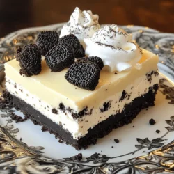 Für die Füllung brauchst du: - 225 g Frischkäse, zimmerwarm - 65 g Puderzucker - 1 Teelöffel Vanilleextrakt - 240 ml Schlagsahne - 10 Oreo-Kekse, grob gehackt (zum Mischen) Die Hauptzutaten sind einfach zu finden. Achte darauf, dass der Frischkäse weich ist. Das macht die Füllung glatt und cremig. Puderzucker sorgt für die richtige Süße. Vanille gibt dem Käsekuchen einen feinen Geschmack. Die Schlagsahne macht die Füllung luftig und leicht. Die gehackten Oreos fügen extra Crunch hinzu. Für die Kruste benötigst du: - 20 Oreo-Kekse, zerdrückt - 4 Esslöffel ungesalzene Butter, geschmolzen Die Kruste ist der wichtigste Teil. Die zerdrückten Oreos geben einen tollen Schokoladengeschmack. Die geschmolzene Butter bindet alles zusammen. Diese Mischung drückst du fest in die Form. So bleibt die Kruste stabil und lecker. Du kannst die Riegel noch schöner machen mit: - Zusätzlichen gehackten Oreos zum Garnieren Die Garnierung ist optional, aber sie macht viel aus. Ein paar extra Oreos oben drauf sehen toll aus. Sie geben auch einen schönen Crunch beim Essen. Das macht deinen No-Bake Oreo Cheesecake noch aufregender. Um die Kruste zu machen, nimm 20 zerdrückte Oreo-Kekse und mische sie mit 4 Esslöffeln geschmolzener Butter. Rühre gut, bis die Kekse gleichmäßig bedeckt sind. Dann drücke die Mischung in eine 23x23 cm große Backform. Achte darauf, dass die Kruste fest und gleichmäßig ist. Stelle die Form dann in den Kühlschrank, während du die Füllung machst. In einer großen Rührschüssel vermische 225 g zimmerwarmen Frischkäse, 65 g Puderzucker und 1 Teelöffel Vanilleextrakt. Schlage die Mischung mit einem Handmixer auf mittlerer Geschwindigkeit, bis sie glatt ist. In einer anderen Schüssel schlage 240 ml Schlagsahne, bis sie steife Spitzen hat. Heben die Sahne vorsichtig unter die Frischkäsemischung. Füge 10 grob gehackte Oreo-Kekse hinzu und mische alles gut. Gieße die Käsekuchenfüllung gleichmäßig über die Oreo-Kruste in der Backform. Benutze einen Spatel, um die Füllung glatt zu streichen. Wenn du magst, verteile einige zusätzliche gehackte Oreos oben auf der Füllung. Decke die Backform mit Frischhaltfolie ab und stelle sie für mindestens 4 Stunden in den Kühlschrank. Nach dem Kühlen schneide die Masse in gleichmäßige Riegel. Um die ideale Konsistenz für deine No-Bake Oreo Cheesecake Bars zu erreichen, achte darauf, dass der Frischkäse zimmerwarm ist. Kalter Frischkäse führt zu Klumpen in der Füllung. Wenn du die Schlagsahne schlägst, sollten sich steife Spitzen bilden. Das gibt der Füllung die nötige Luftigkeit und Festigkeit. Hebe die Schlagsahne vorsichtig unter die Frischkäsemischung. So bleibt die Mischung leicht und fluffig. Ein häufiger Fehler ist, die Keksfüllung zu fest zu drücken. Dadurch wird die Kruste hart und schwer zu schneiden. Achte darauf, die Keks-Butter-Mischung nur gleichmäßig zu verteilen und leicht zu andrücken. Ein weiterer Fehler ist, die Riegel zu früh aus dem Kühlschrank zu nehmen. Lass sie mindestens vier Stunden kühlen, damit sie fest werden. Wenn du die Riegel zu früh schneidest, können sie zerfallen. Präsentiere die Riegel auf einem dekorativen Teller. Garniere sie mit zerdrückten Oreos und einem Klecks Schlagsahne. Das sieht nicht nur schön aus, sondern macht die Riegel auch noch leckerer. Du kannst die Riegel auch in kleine Stücke schneiden, um sie als Dessert bei einem Buffet zu servieren. So haben die Gäste eine kleine, süße Portion. {{image_4}} Du kannst mit verschiedenen Geschmäckern spielen. Probiere verschiedene Kekse. Verwende Schokoladenkekse oder sogar Butterkekse. Füge auch Aromen hinzu. Ein Hauch von Minze oder Kaffee kann viel bewirken. Du kannst auch Fruchtpüree in die Füllung mischen. Himbeeren oder Erdbeeren sind tolle Optionen. Diese Variationen machen dein Rezept einzigartig und spannend. Für eine glutenfreie Version verwende glutenfreie Oreo-Kekse. Diese sind in vielen Geschäften erhältlich. Die restlichen Zutaten bleiben gleich. Achte darauf, dass die Butter und der Frischkäse auch glutenfrei sind. So kannst du das Dessert ohne Bedenken genießen. Es schmeckt genauso gut wie das Original. Um eine vegane Version zu machen, ersetze den Frischkäse. Verwende vegane Cream Cheese Alternativen. Statt Schlagsahne kannst du Kokoscreme verwenden. Diese gibt eine tolle Konsistenz und einen guten Geschmack. Achte darauf, vegane Kekse zu verwenden. So kannst du ein leckeres Dessert für alle anbieten. Um die No-Bake Oreo Cheesecake Bars richtig zu lagern, decke die Backform mit Frischhaltfolie ab. So bleibt die Frische erhalten. Stelle die Form in den Kühlschrank. Die Bars sollten immer kühl aufbewahrt werden. So bleibt die Konsistenz perfekt. Die Riegel halten sich im Kühlschrank bis zu fünf Tage. Achte darauf, sie gut verpackt zu halten. Wenn sie zu lange stehen, können sie ihre Frische verlieren. Überprüfe die Riegel regelmäßig. Wenn sie nicht mehr gut riechen, ist es besser, sie wegzuwerfen. Du kannst die Riegel auch einfrieren. Schneide sie in Portionen und lege sie in einen gefrierfesten Beutel. Achte darauf, die Luft herauszudrücken. So bleiben sie bis zu zwei Monate haltbar. Zum Auftauen, lege sie einfach über Nacht in den Kühlschrank. So bleiben sie cremig und lecker. Der Käsekuchen muss mindestens 4 Stunden im Kühlschrank kühlen. So wird er fest und schneidbar. Ich empfehle, ihn über Nacht zu kühlen, damit er perfekt wird. Je länger er kühlt, desto besser schmeckt er. Ja, du kannst andere Kekse verwenden! Probier Schokoladenkekse oder Butterkekse aus. Das gibt deinem Käsekuchen eine neue Note. Vanillekekse sind auch eine gute Wahl. Achte darauf, die Kekse gut zu zerdrücken, damit die Kruste stabil bleibt. Wenn deine Füllung zu flüssig ist, gibt es ein paar Lösungen. Du kannst mehr Frischkäse hinzufügen und gut mixen. Das macht die Füllung dicker. Alternativ kannst du auch etwas mehr Schlagsahne schlagen und unterheben. Lass die Mischung dann länger kühlen, um sie fester zu machen. In diesem Blogbeitrag haben wir alles über Oreo Käsekuchenbars behandelt. Du hast die Hauptzutaten für die Füllung und die Kruste kennengelernt. Die Schritt-für-Schritt-Anleitung sorgt dafür, dass du kein wesentliches Detail vergisst. Tipps und Tricks helfen dir, häufige Fehler zu vermeiden. Die Variationen zeigen, wie du kreativ werden kannst, einschließlich glutenfreier und veganer Optionen. Denk daran, die Bars richtig zu lagern, damit sie frisch bleiben. Kombiniere dein Wissen und genieße diese leckeren Bars!