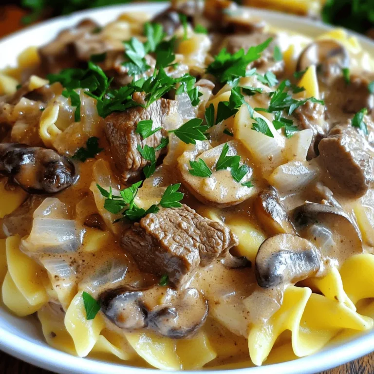 - 450 g Rindergulasch, in mundgerechte Stücke geschnitten - 225 g Champignons, in Scheiben geschnitten (Cremini oder Weiße) - Eiernudeln (zum Servieren) - 1 Teelöffel Paprika - 1 Esslöffel Worcestershire-Sauce - Salz und Pfeffer nach Geschmack - 240 ml Sauerrahm - 500 ml Rinderbrühe (niedrig im Natriumgehalt) - 1 Esslöffel Olivenöl In diesem Rezept stehen einfache und frische Zutaten im Vordergrund. Das Rindergulasch sorgt für zartes Fleisch. Die Champignons fügen einen schönen Geschmack hinzu. Eiernudeln sind die perfekte Basis für das Gericht. Die Gewürze bringen das Ganze auf den Punkt. Paprika gibt eine milde Schärfe. Worcestershire-Sauce sorgt für Tiefe und Umami. Salz und Pfeffer runden alles ab. Zusätzlich machen Sauerrahm und Rinderbrühe das Gericht cremig und herzhaft. Olivenöl ist wichtig, um das Fleisch anzubraten. Diese Zutaten zusammen ergeben ein schnelles und schmackhaftes Gericht, das jeder genießen kann. Zuerst schalte ich den Instant Pot ein. Dann wähle ich die Sauté-Funktion. Jetzt füge ich einen Esslöffel Olivenöl hinzu. Das Öl muss heiß werden, damit das Rindfleisch gut braten kann. Ich nehme 450 g Rindergulasch. Ich gebe die Stücke portionsweise in den Topf. So vermeide ich eine Überfüllung. Ich brate das Fleisch an, bis es von allen Seiten braun ist. Danach nehme ich das angebratene Rindfleisch heraus und lege es beiseite. Jetzt gebe ich die fein gehackte Zwiebel und den gehackten Knoblauch in den Topf. Ich dünste sie für 2-3 Minuten, bis sie glasig sind. Dann füge ich 225 g geschnittene Pilze und einen Teelöffel Paprika hinzu. Ich koche alles weiter, bis die Pilze weich sind und etwas bräunen. Das dauert etwa 5 Minuten. Jetzt gebe ich das Rindfleisch zurück in den Topf. Ich füge 500 ml Rinderbrühe und einen Esslöffel Worcestershire-Sauce hinzu. Ich rühre alles gut um und kratze die angebrannten Reste vom Boden ab. Dann schließe ich den Deckel des Instant Pots. Ich stelle das Ventil auf Sealing und wähle die manuelle Hochdruck-Kochfunktion für 15 Minuten. Nach dem Kochen lasse ich den Druck 10 Minuten lang natürlich ab. Danach stelle ich das Ventil auf Venting, um den Restdruck abzulassen. In einer kleinen Schüssel mische ich 240 ml Sauerrahm und 2 Esslöffel Weizenmehl glatt. Diese Mischung rühre ich in das Rindfleisch im Topf ein. Ich schalte die Sauté-Funktion wieder ein und erhitze alles für ein paar Minuten, bis die Sauce eindickt. Jetzt schmecke ich das Gericht mit Salz und Pfeffer ab. - Die richtige Mischung der Zutaten: Achte darauf, die Zutaten gut zu mischen. Zwiebeln, Knoblauch und Pilze sollten gleichmäßig verteilt sein. So entfalten sie ihren Geschmack optimal. Das Rindfleisch muss auch gut in der Brühe schwimmen. - Anpassen der Kochzeit: Die Kochzeit von 15 Minuten ist ideal für zartes Fleisch. Wenn du es lieber weicher magst, kannst du die Zeit um 2-3 Minuten verlängern. - Überfüllung des Topfes: Fülle den Instant Pot nicht zu voll. Es ist besser, in Portionen zu braten. So bräunt das Fleisch besser und das Gericht wird gleichmäßiger. - Zu kurze Druckablasszeiten: Lass den Druck 10 Minuten lang natürlich ablassen. Das hilft, das Fleisch zart zu halten. Ein schneller Druckablass macht das Fleisch oft zäh. - Garnieren mit Petersilie: Frische Petersilie macht dein Gericht freundlicher. Streue sie kurz vor dem Servieren darüber. Das bringt Farbe und Frische. - Servieren mit Beilagen: Serviere dein Stroganoff über Eiernudeln. Dazu passt gedämpfter Brokkoli oder ein bunter Salat. Diese Beilagen ergänzen das Gericht perfekt. {{image_4}} Für eine pflanzliche Version von Beef Stroganoff kannst du Tofu oder Tempeh verwenden. Diese Optionen bieten dir eine gute Proteinquelle. Schneide den Tofu in kleine Würfel. Brate ihn dann in Öl an, bis er goldbraun ist. Ersetze die Rinderbrühe durch Gemüsebrühe für mehr Geschmack. So bleibt das Gericht herzhaft und lecker. Wenn du es würziger magst, füge Chili oder Paprika hinzu. Diese Zutaten bringen mehr Hitze in das Gericht. Du kannst auch scharfe Worcestershire-Sauce verwenden, um dem Stroganoff eine aufregende Note zu geben. Achte darauf, die Menge nach deinem Geschmack anzupassen. Probiere andere Nudelarten wie Vollkornnudeln oder Reis. Diese Optionen bringen neue Texturen und Geschmäcker. Du kannst auch frische Salate oder gedämpftes Gemüse servieren. Eine Mischung aus grünem Salat und Tomaten passt gut dazu. So erhältst du einen bunten und gesunden Teller. Die ideale Lagertemperatur für Ihr Rindfleisch Stroganoff liegt bei 4 °C oder kälter. In einem luftdichten Behälter bleibt das Gericht bis zu drei Tage frisch. Achten Sie darauf, das Stroganoff vor dem Kühlen gut abkühlen zu lassen. Dadurch vermeiden Sie Kondensation im Behälter. Um das Gericht einzufrieren, lassen Sie es vollständig abkühlen. Füllen Sie dann das Stroganoff in einen gefriergeeigneten Behälter. Achten Sie darauf, etwas Platz zu lassen, da sich die Flüssigkeit beim Gefrieren ausdehnt. Das Gericht kann bis zu drei Monate im Gefrierfach bleiben. Zum Aufwärmen nehmen Sie das Stroganoff aus dem Gefrierfach und lassen es über Nacht im Kühlschrank auftauen. Erhitzen Sie es dann in einem Topf bei mittlerer Hitze. Fügen Sie etwas Brühe hinzu, um die Konsistenz zu verbessern. Sie können Reste von Rindfleisch Stroganoff in vielen neuen Gerichten verwenden. Mischen Sie die Reste mit gekochtem Reis oder Quinoa für eine schnelle Mahlzeit. Eine andere Idee ist, die Reste in Tortillas zu füllen und sie dann zu einem leckeren Wrap zu machen. Für eine kreative Rezeptanpassung können Sie die Sauce über gebratene Zucchini oder Blumenkohl geben. So genießen Sie eine neue Geschmacksrichtung. Die Vorbereitungszeit beträgt etwa 20 Minuten. Die Kochzeit im Instant Pot dauert 15 Minuten. Insgesamt benötigen Sie ungefähr 50 Minuten von Anfang bis Ende, bis Ihr Gericht fertig ist. Ja, Sie können Beef Stroganoff auch im Slow Cooker zubereiten. Braten Sie das Rindfleisch zuerst in einer Pfanne an. Geben Sie dann alle Zutaten in den Slow Cooker. Kochen Sie das Gericht 6-8 Stunden auf niedriger Stufe oder 3-4 Stunden auf hoher Stufe. Beef Stroganoff schmeckt toll mit vielen Beilagen. Servieren Sie es über Eiernudeln. Gedämpfter Brokkoli oder ein frischer Gartensalat sind ebenfalls gute Begleiter. Sie bringen Farbe und Frische auf den Teller. Das Originalrezept ist nicht glutenfrei, da es Weizenmehl enthält. Verwenden Sie einfach glutenfreies Mehl als Ersatz. Achten Sie auch darauf, glutenfreie Brühe und Worcestershire-Sauce zu wählen. Fügen Sie extra Zutaten hinzu, um den Geschmack zu verbessern. Pilze sind eine tolle Ergänzung. Sie können auch Paprika oder frische Kräuter verwenden. Für mehr Schärfe probieren Sie etwas Chili oder scharfe Sauce. In diesem Artikel haben wir alles für ein köstliches Beef Stroganoff im Instant Pot behandelt. Wir haben die Hauptzutaten und Gewürze aufgeführt, die Zubereitung Schritt für Schritt erklärt und wertvolle Tipps gegeben. Denken Sie daran, die Konsistenz anzupassen und häufige Fehler zu vermeiden. Variieren Sie das Rezept nach Ihrem Geschmack und lagern Sie Reste richtig. Jetzt sind Sie bereit, Ihr Gericht zu genießen oder neue Variationen auszuprobieren! Erleben Sie die Vielfältigkeit dieses klassischen Rezepts.