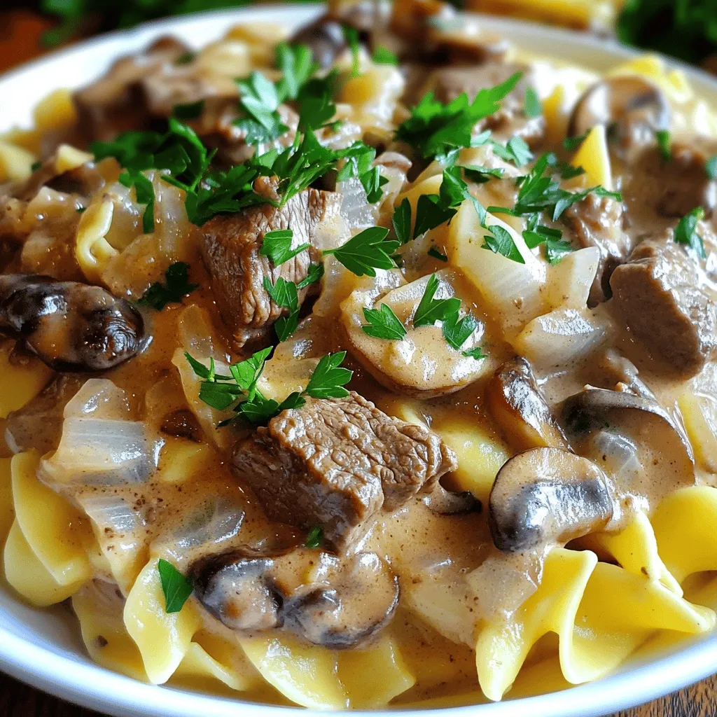 - 450 g Rindergulasch, in mundgerechte Stücke geschnitten - 225 g Champignons, in Scheiben geschnitten (Cremini oder Weiße) - Eiernudeln (zum Servieren) - 1 Teelöffel Paprika - 1 Esslöffel Worcestershire-Sauce - Salz und Pfeffer nach Geschmack - 240 ml Sauerrahm - 500 ml Rinderbrühe (niedrig im Natriumgehalt) - 1 Esslöffel Olivenöl In diesem Rezept stehen einfache und frische Zutaten im Vordergrund. Das Rindergulasch sorgt für zartes Fleisch. Die Champignons fügen einen schönen Geschmack hinzu. Eiernudeln sind die perfekte Basis für das Gericht. Die Gewürze bringen das Ganze auf den Punkt. Paprika gibt eine milde Schärfe. Worcestershire-Sauce sorgt für Tiefe und Umami. Salz und Pfeffer runden alles ab. Zusätzlich machen Sauerrahm und Rinderbrühe das Gericht cremig und herzhaft. Olivenöl ist wichtig, um das Fleisch anzubraten. Diese Zutaten zusammen ergeben ein schnelles und schmackhaftes Gericht, das jeder genießen kann. Zuerst schalte ich den Instant Pot ein. Dann wähle ich die Sauté-Funktion. Jetzt füge ich einen Esslöffel Olivenöl hinzu. Das Öl muss heiß werden, damit das Rindfleisch gut braten kann. Ich nehme 450 g Rindergulasch. Ich gebe die Stücke portionsweise in den Topf. So vermeide ich eine Überfüllung. Ich brate das Fleisch an, bis es von allen Seiten braun ist. Danach nehme ich das angebratene Rindfleisch heraus und lege es beiseite. Jetzt gebe ich die fein gehackte Zwiebel und den gehackten Knoblauch in den Topf. Ich dünste sie für 2-3 Minuten, bis sie glasig sind. Dann füge ich 225 g geschnittene Pilze und einen Teelöffel Paprika hinzu. Ich koche alles weiter, bis die Pilze weich sind und etwas bräunen. Das dauert etwa 5 Minuten. Jetzt gebe ich das Rindfleisch zurück in den Topf. Ich füge 500 ml Rinderbrühe und einen Esslöffel Worcestershire-Sauce hinzu. Ich rühre alles gut um und kratze die angebrannten Reste vom Boden ab. Dann schließe ich den Deckel des Instant Pots. Ich stelle das Ventil auf Sealing und wähle die manuelle Hochdruck-Kochfunktion für 15 Minuten. Nach dem Kochen lasse ich den Druck 10 Minuten lang natürlich ab. Danach stelle ich das Ventil auf Venting, um den Restdruck abzulassen. In einer kleinen Schüssel mische ich 240 ml Sauerrahm und 2 Esslöffel Weizenmehl glatt. Diese Mischung rühre ich in das Rindfleisch im Topf ein. Ich schalte die Sauté-Funktion wieder ein und erhitze alles für ein paar Minuten, bis die Sauce eindickt. Jetzt schmecke ich das Gericht mit Salz und Pfeffer ab. - Die richtige Mischung der Zutaten: Achte darauf, die Zutaten gut zu mischen. Zwiebeln, Knoblauch und Pilze sollten gleichmäßig verteilt sein. So entfalten sie ihren Geschmack optimal. Das Rindfleisch muss auch gut in der Brühe schwimmen. - Anpassen der Kochzeit: Die Kochzeit von 15 Minuten ist ideal für zartes Fleisch. Wenn du es lieber weicher magst, kannst du die Zeit um 2-3 Minuten verlängern. - Überfüllung des Topfes: Fülle den Instant Pot nicht zu voll. Es ist besser, in Portionen zu braten. So bräunt das Fleisch besser und das Gericht wird gleichmäßiger. - Zu kurze Druckablasszeiten: Lass den Druck 10 Minuten lang natürlich ablassen. Das hilft, das Fleisch zart zu halten. Ein schneller Druckablass macht das Fleisch oft zäh. - Garnieren mit Petersilie: Frische Petersilie macht dein Gericht freundlicher. Streue sie kurz vor dem Servieren darüber. Das bringt Farbe und Frische. - Servieren mit Beilagen: Serviere dein Stroganoff über Eiernudeln. Dazu passt gedämpfter Brokkoli oder ein bunter Salat. Diese Beilagen ergänzen das Gericht perfekt. {{image_4}} Für eine pflanzliche Version von Beef Stroganoff kannst du Tofu oder Tempeh verwenden. Diese Optionen bieten dir eine gute Proteinquelle. Schneide den Tofu in kleine Würfel. Brate ihn dann in Öl an, bis er goldbraun ist. Ersetze die Rinderbrühe durch Gemüsebrühe für mehr Geschmack. So bleibt das Gericht herzhaft und lecker. Wenn du es würziger magst, füge Chili oder Paprika hinzu. Diese Zutaten bringen mehr Hitze in das Gericht. Du kannst auch scharfe Worcestershire-Sauce verwenden, um dem Stroganoff eine aufregende Note zu geben. Achte darauf, die Menge nach deinem Geschmack anzupassen. Probiere andere Nudelarten wie Vollkornnudeln oder Reis. Diese Optionen bringen neue Texturen und Geschmäcker. Du kannst auch frische Salate oder gedämpftes Gemüse servieren. Eine Mischung aus grünem Salat und Tomaten passt gut dazu. So erhältst du einen bunten und gesunden Teller. Die ideale Lagertemperatur für Ihr Rindfleisch Stroganoff liegt bei 4 °C oder kälter. In einem luftdichten Behälter bleibt das Gericht bis zu drei Tage frisch. Achten Sie darauf, das Stroganoff vor dem Kühlen gut abkühlen zu lassen. Dadurch vermeiden Sie Kondensation im Behälter. Um das Gericht einzufrieren, lassen Sie es vollständig abkühlen. Füllen Sie dann das Stroganoff in einen gefriergeeigneten Behälter. Achten Sie darauf, etwas Platz zu lassen, da sich die Flüssigkeit beim Gefrieren ausdehnt. Das Gericht kann bis zu drei Monate im Gefrierfach bleiben. Zum Aufwärmen nehmen Sie das Stroganoff aus dem Gefrierfach und lassen es über Nacht im Kühlschrank auftauen. Erhitzen Sie es dann in einem Topf bei mittlerer Hitze. Fügen Sie etwas Brühe hinzu, um die Konsistenz zu verbessern. Sie können Reste von Rindfleisch Stroganoff in vielen neuen Gerichten verwenden. Mischen Sie die Reste mit gekochtem Reis oder Quinoa für eine schnelle Mahlzeit. Eine andere Idee ist, die Reste in Tortillas zu füllen und sie dann zu einem leckeren Wrap zu machen. Für eine kreative Rezeptanpassung können Sie die Sauce über gebratene Zucchini oder Blumenkohl geben. So genießen Sie eine neue Geschmacksrichtung. Die Vorbereitungszeit beträgt etwa 20 Minuten. Die Kochzeit im Instant Pot dauert 15 Minuten. Insgesamt benötigen Sie ungefähr 50 Minuten von Anfang bis Ende, bis Ihr Gericht fertig ist. Ja, Sie können Beef Stroganoff auch im Slow Cooker zubereiten. Braten Sie das Rindfleisch zuerst in einer Pfanne an. Geben Sie dann alle Zutaten in den Slow Cooker. Kochen Sie das Gericht 6-8 Stunden auf niedriger Stufe oder 3-4 Stunden auf hoher Stufe. Beef Stroganoff schmeckt toll mit vielen Beilagen. Servieren Sie es über Eiernudeln. Gedämpfter Brokkoli oder ein frischer Gartensalat sind ebenfalls gute Begleiter. Sie bringen Farbe und Frische auf den Teller. Das Originalrezept ist nicht glutenfrei, da es Weizenmehl enthält. Verwenden Sie einfach glutenfreies Mehl als Ersatz. Achten Sie auch darauf, glutenfreie Brühe und Worcestershire-Sauce zu wählen. Fügen Sie extra Zutaten hinzu, um den Geschmack zu verbessern. Pilze sind eine tolle Ergänzung. Sie können auch Paprika oder frische Kräuter verwenden. Für mehr Schärfe probieren Sie etwas Chili oder scharfe Sauce. In diesem Artikel haben wir alles für ein köstliches Beef Stroganoff im Instant Pot behandelt. Wir haben die Hauptzutaten und Gewürze aufgeführt, die Zubereitung Schritt für Schritt erklärt und wertvolle Tipps gegeben. Denken Sie daran, die Konsistenz anzupassen und häufige Fehler zu vermeiden. Variieren Sie das Rezept nach Ihrem Geschmack und lagern Sie Reste richtig. Jetzt sind Sie bereit, Ihr Gericht zu genießen oder neue Variationen auszuprobieren! Erleben Sie die Vielfältigkeit dieses klassischen Rezepts.