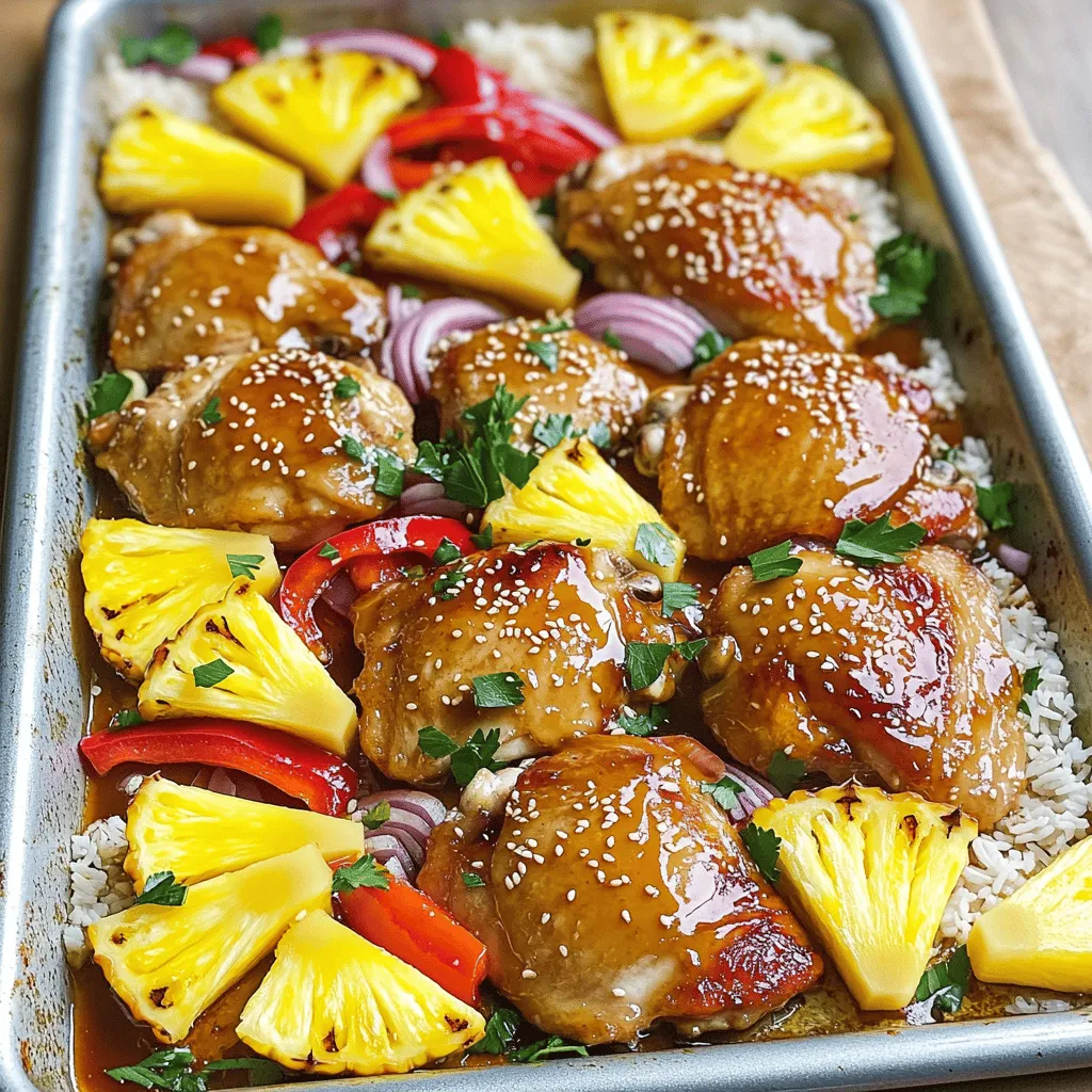 Für ein leckeres Teriyaki Chicken & Pineapple Gericht benötigen Sie: - Hähnchenschenkel - Teriyaki-Sauce - Ananas - Rote Paprika - Rote Zwiebel - Olivenöl - Frischer Ingwer - Knoblauch - Sesamsamen - Petersilie oder Koriander - Jasminreis Hier sind die genauen Mengen: - 4 Hähnchenschenkel ohne Knochen und Haut - 1 Tasse Teriyaki-Sauce - 1 reife Ananas, in Spalten - 2 rote Paprika, in Streifen - 1 kleine rote Zwiebel, in Spalten - 2 Esslöffel Olivenöl - 2 Teelöffel frischer Ingwer, gehackt - 2 Zehen Knoblauch, gehackt - 1 Esslöffel Sesamsamen - Frische Petersilie oder Koriander - Gekochter Jasminreis Wählen Sie frische Zutaten für den besten Geschmack. Achten Sie auf: - Hähnchen: Es sollte rosa und fest sein. - Ananas: Eine reife Ananas hat einen süßen Geruch. - Paprika und Zwiebeln: Sie sollten knackig und leuchtend in der Farbe sein. - Ingwer: Wählen Sie eine feste Knolle ohne Falten. - Knoblauch: Frische Knoblauchzehen sind fest und haben eine starke Note. Mit diesen frischen Zutaten wird Ihr Gericht besonders köstlich. Zuerst müssen wir das Hähnchen marinieren. Nehmen Sie eine große Schüssel. Geben Sie die Hähnchenschenkel hinein. Fügen Sie die Teriyaki-Sauce, den Ingwer und den Knoblauch hinzu. Mischen Sie alles gut, bis das Hähnchen gleichmäßig bedeckt ist. Lassen Sie das Hähnchen mindestens 30 Minuten marinieren. Für einen intensiveren Geschmack kann es auch bis zu 2 Stunden im Kühlschrank bleiben. Heizen Sie Ihren Ofen auf 200°C vor. Nehmen Sie ein großes Backblech. Legen Sie die marinierten Hähnchenschenkel in die Mitte des Blech. Schneiden Sie die Ananas, Paprika und Zwiebel. Verteilen Sie diese Stücke rund um das Hähnchen. Träufeln Sie Olivenöl über das Gemüse. Würzen Sie alles mit Salz und Pfeffer. Mischen Sie das Gemüse vorsichtig, damit es gut bedeckt ist. Jetzt kommt der spannende Teil! Stellen Sie das Backblech in den vorgeheizten Ofen. Backen Sie alles für 25-30 Minuten. Das Hähnchen sollte eine Innentemperatur von 75°C erreichen. Achten Sie darauf, dass das Gemüse zart wird. Für den letzten Schliff schalten Sie die Grillfunktion des Ofens ein. Grillen Sie für 2-3 Minuten, aber passen Sie auf, dass nichts anbrennt. Wenn es fertig ist, nehmen Sie das Blech heraus und lassen Sie es kurz ruhen. Um den besten Geschmack zu erreichen, marinieren Sie das Hähnchen mindestens 30 Minuten. Für einen intensiveren Geschmack empfehle ich, es bis zu 2 Stunden im Kühlschrank zu lassen. So nimmt das Hähnchen die Aromen von der Teriyaki-Sauce, dem Ingwer und dem Knoblauch gut auf. Um das Hähnchen saftig zu halten, ist es wichtig, die richtige Backzeit zu wählen. Achten Sie darauf, dass die Innentemperatur 75°C erreicht. Zu langes Backen kann das Hähnchen trocken machen. Lassen Sie das Hähnchen nach dem Backen einige Minuten ruhen. Dies hilft, die Säfte zu bewahren. Um einen perfekten Grillgeschmack zu erhalten, aktivieren Sie die Grillfunktion im Ofen für die letzten 2-3 Minuten. Stellen Sie sicher, dass das Hähnchen nicht anbrennt. Überwachen Sie es genau, während es grillt. Dies verleiht dem Gericht eine köstliche, geröstete Note, die wirklich überzeugt. {{image_4}} Sie möchten eine vegetarische Version des Teriyaki Chicken & Pineapple? Kein Problem! Ersetzen Sie das Hähnchen durch Tofu oder Tempeh. Schneiden Sie diese in Würfel und marinieren Sie sie in der Teriyaki-Sauce. Das verleiht dem Gericht viel Geschmack. Für zusätzlichen Biss können Sie auch Kichererbsen verwenden. Diese passen gut zu Ananas und Gemüse. Wenn Sie es scharf mögen, fügen Sie rote Chiliflocken oder frische Chilis hinzu. Mischen Sie diese einfach mit der Teriyaki-Sauce. Sie können auch etwas Sriracha oder eine scharfe Sauce nach Wahl verwenden. Das gibt dem Gericht einen tollen Kick und macht es aufregender. Zu Ihrem Teriyaki Chicken & Pineapple passen verschiedene Beilagen. Servieren Sie es mit Jasminreis, um die Aromen zu ergänzen. Auch Quinoa ist eine gesunde Wahl. Für mehr Crunch können Sie einen frischen Salat mit Gurken und Karotten zubereiten. Ein einfaches grünes Gemüse wie Brokkoli oder Zuckerschoten passt ebenfalls gut. Es sorgt für Farbe und eine ausgewogene Mahlzeit. Wenn Sie Hähnchen übrig haben, lagern Sie es im Kühlschrank. Packen Sie es in einen luftdichten Behälter. So bleibt das Hähnchen frisch. Es sollte innerhalb von drei Tagen gegessen werden. Wenn Sie es länger aufbewahren wollen, frieren Sie es ein. In einem gefrierfesten Beutel hält es bis zu drei Monate. Saucen sollten ebenfalls in einem luftdichten Behälter im Kühlschrank aufbewahrt werden. So bleibt der Geschmack optimal. Verwenden Sie die Sauce innerhalb von fünf Tagen. Das Gemüse kann in einer separaten Box gelagert werden. Achten Sie darauf, dass es trocken ist, um Schimmel zu vermeiden. So bleibt das Gemüse knackig. Um das Gericht wieder aufzuwärmen, nutzen Sie den Ofen oder die Mikrowelle. Im Ofen heizen Sie ihn auf 180°C vor. Legen Sie das Hähnchen und das Gemüse auf ein Backblech. Backen Sie es für 10-15 Minuten, bis es warm ist. In der Mikrowelle erwärmen Sie es in 30-Sekunden-Intervallen. Rühren Sie zwischendurch um, damit es gleichmäßig warm wird. Das Hähnchen sollte mindestens 30 Minuten marinieren. So nimmt es den Teriyaki-Geschmack gut auf. Für einen besseren Geschmack empfehle ich, das Hähnchen bis zu 2 Stunden im Kühlschrank zu lassen. Dies macht das Fleisch zart und voller Aromen. Ja, du kannst dieses Rezept im Voraus zubereiten. Du kannst das Hähnchen marinieren und die Gemüse schneiden. Lagere alles in luftdichten Behältern im Kühlschrank. Am Tag des Kochens kannst du alles schnell auf das Backblech legen und backen. So sparst du Zeit! Beim Grillen im Ofen gibt es einige wichtige Sicherheitsvorkehrungen. Stelle sicher, dass das Blech hitzebeständig ist. Halte die Tür während des Grillens leicht offen, um Überhitzung zu vermeiden. Überwache das Hähnchen gut, um ein Anbrennen zu verhindern. Verwende Handschuhe, wenn du das heiße Blech herausnimmst. In diesem Artikel haben wir die wichtigsten Zutaten für Teriyaki Chicken und Ananas behandelt. Wir haben eine Schritt-für-Schritt-Anleitung gegeben und Tipps für Frische und Geschmack geteilt. Zudem betrachteten wir Variationen und Lagerhinweise. Meine letzten Gedanken sind einfach: Mit diesen Anleitungen wird dein Gericht sicher ein Hit. Experimentiere mit den Zutaten und finde deine perfekte Variante. Du wirst die Ergebnisse lieben!