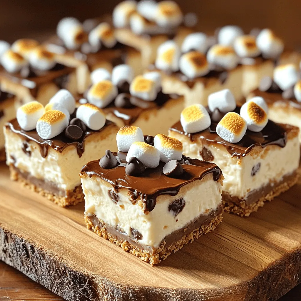 Für die No-Bake S’mores Cheesecake Bars brauchst du: - 1 ½ Tassen Graham-Cracker-Krümel - ½ Tasse ungesalzene Butter, geschmolzen - 2 Esslöffel Zucker - 8 oz Frischkäse, weich - 1 Tasse Puderzucker - 1 Teelöffel Vanilleextrakt - 1 Tasse Schlagsahne - ½ Tasse Mini-Marshmallows - ½ Tasse Schokoladenstückchen (dunkle oder Milchschokolade) - ¼ Tasse Mini-Schokoladenstückchen zum Bestreuen - Zusätzliche Mini-Marshmallows zum Toasten obendrauf Diese Zutaten bringen den Geschmack von S’mores direkt in deine Küche. Die Kombination aus knusprigen Graham-Crackern, cremigem Frischkäse und süßen Marshmallows ist einfach unwiderstehlich. Graham-Cracker: Diese Kekse geben der Basis einen tollen Crunch. Sie sind leicht süß und passen perfekt zur Käsefüllung. Frischkäse: Er sorgt für die cremige Textur der Füllung. Wähle einen weichen Frischkäse für die beste Konsistenz. Puderzucker: Dieser Zucker löst sich leicht in der Füllung auf und gibt die richtige Süße. Schlagsahne: Sie macht die Füllung luftig und leicht. Schlage sie gut auf, damit die Riegel schön fluffig werden. Mini-Marshmallows: Sie bringen den typischen S’mores-Geschmack. Du kannst sie auch kurz vor dem Servieren anbräunen, um das Geschmackserlebnis zu intensivieren. Wenn du Allergien oder spezielle Diäten berücksichtigst, gibt es Alternativen: - Glutenfreie Graham-Cracker: Verwende glutenfreie Kekse für die Basis. - Veganer Frischkäse: Statt Frischkäse kannst du eine pflanzliche Option verwenden. - Kokosnusscreme: Diese kann anstelle von Schlagsahne verwendet werden, um eine vegane Füllung zu erhalten. - Zuckerfreie Süßstoffe: Nutze Stevia oder Erythrit für eine zuckerfreie Variante. Diese Alternativen passen gut zu den Hauptzutaten und machen die Riegel für alle zugänglich. Beginne mit der Zubereitung des Bodens. Nimm eine große Rührschüssel und gib die Graham-Cracker-Krümel hinein. Füge die geschmolzene Butter und den Zucker hinzu. Vermische alles gut, bis du eine homogene Masse hast. Nimm eine 9x9-Zoll Backform und drücke die Mischung gleichmäßig auf den Boden. Das sorgt für eine tolle Grundlage. Stelle die Form für etwa 30 Minuten in den Kühlschrank. Dadurch wird der Boden fest und stabil. Jetzt kommt die Käsefüllung. Nimm eine große Schüssel und gib den weichen Frischkäse hinein. Rühre ihn mit einem Handmixer glatt. Füge nach und nach den Puderzucker hinzu. Rühre weiter, bis alles gut vermischt ist. Gib den Vanilleextrakt dazu und rühre weiter. Die Mischung sollte glatt und cremig sein. In einer separaten, gekühlten Schüssel schlage die Schlagsahne auf, bis steife Spitzen entstehen. Hebe die Schlagsahne vorsichtig unter die Frischkäse-Mischung. Achte darauf, dass die Luftigkeit erhalten bleibt. Füge die Mini-Marshmallows und Schokoladenstückchen hinzu und mische alles gut. Gieße die Käsefüllung gleichmäßig über die vorbereitete Kruste. Glätte die Oberfläche mit einem Spatel, um sie schön aussehen zu lassen. Streue die Mini-Schokoladenstückchen gleichmäßig darüber. Decke die Backform mit Frischhaltefolie ab. Stelle sie für mindestens 4 Stunden in den Kühlschrank. Das Kühlen macht die Riegel fest und lecker. Kurz vor dem Servieren toaste die Mini-Marshmallows leicht mit einem Küchenbrenner. Dadurch erhältst du den perfekten S’mores-Effekt. Nimm die Riegel aus dem Kühlschrank und schneide sie in Stücke. Serviere sie kühl und genieße den Geschmack. Das Kühlen ist der Schlüssel für perfekte Cheesecake Bars. Stelle sicher, dass du die Riegel mindestens vier Stunden im Kühlschrank lässt. So wird die Füllung fest und schnittfest. Wenn du sie länger kühlen kannst, ist das noch besser! Manchmal lasse ich sie sogar über Nacht, um die besten Resultate zu erzielen. Die Süße kannst du ganz leicht anpassen. Wenn du es weniger süß magst, reduziere den Puderzucker in der Käsefüllung. Du kannst auch weniger Mini-Marshmallows verwenden. Wenn du etwas mehr Süße magst, füge einen Esslöffel Honig oder einen Spritzer Sirup hinzu. Probiere es aus und finde deinen perfekten Geschmack! Das Toasten der Marshmallows macht den S’mores-Effekt perfekt. Benutze einen Küchenbrenner für gleichmäßiges Toasten. Halte ihn nicht zu nah, um ein Verbrennen zu vermeiden. Leicht bräunen ist das Ziel! Wenn du keinen Brenner hast, kannst du die Riegel auch kurz unter den Grill im Ofen legen. Halte sie dabei gut im Auge! {{image_4}} Du kannst die No-Bake S’mores Cheesecake Bars leicht anpassen. Füge zum Beispiel Erdbeeren oder Himbeeren hinzu. Diese Früchte geben einen frischen Geschmack. Auch Erdnussbutter passt gut. Mische einen Löffel Erdnussbutter in die Käsefüllung. Das gibt einen tollen Twist. Probiere auch andere Kekse für den Boden. Oreo-Kekse machen einen schokoladigen und leckeren Boden. Die Schokolade ist wichtig für den Geschmack. Nutze dunkle Schokolade für einen intensiven Geschmack. Milchschokolade macht es süßer und milder. Du kannst auch weiße Schokolade verwenden. Das gibt einen schönen Kontrast zu den anderen Zutaten. Für mehr Abwechslung, mische verschiedene Schokoladensorten. So wird jeder Biss spannend und neu. Wenn du gesündere Optionen suchst, gibt es viele Wege. Verwende griechischen Joghurt statt Frischkäse. Das macht die Füllung leichter. Du kannst auch Honig oder Ahornsirup anstelle von Puderzucker nutzen. Das gibt einen natürlichen Süßgeschmack. Für eine vegane Option, nutze Cashew-Creme oder Kokoscreme. Diese Varianten sind lecker und passen gut zu den S’mores Bars. Um die No-Bake S’mores Cheesecake Bars frisch zu halten, lege sie in einen luftdichten Behälter. Du kannst auch Frischhaltefolie um die Riegel wickeln, um sie gut zu schützen. Achte darauf, die Riegel nicht direkt mit anderen Lebensmitteln in Kontakt zu bringen. So bleiben die Aromen erhalten. Im Kühlschrank halten die Riegel etwa eine Woche. Wenn du sie länger aufbewahren möchtest, friere sie ein. In einem luftdichten Behälter können sie bis zu drei Monate im Gefrierfach bleiben. Lass sie vor dem Servieren im Kühlschrank auftauen. Dadurch bleiben sie cremig und lecker. Die Vorbereitungszeit für die Riegel beträgt etwa 20 Minuten. Du musst dann jedoch mindestens vier Stunden im Kühlschrank warten, damit sie fest werden. Plane also genug Zeit ein, bevor du sie servierst. Mach die Riegel am besten am Vortag, dann sind sie bereit, wenn du Gäste hast. Die Zubereitung dauert etwa 20 Minuten. Danach müssen die Riegel mindestens 4 Stunden kühlen. Das ist wichtig, damit sie fest werden und gut schneiden lassen. Wenn du mehr Zeit einplanst, kannst du die Riegel auch über Nacht kühlen. So schmecken sie noch besser! Ja, du kannst die Riegel ohne Frischkäse machen. Verwende stattdessen griechischen Joghurt oder eine vegane Alternative. Achte darauf, die Menge anzupassen, damit die Füllung noch gut zusammenhält. Die Textur wird etwas anders, aber der Geschmack bleibt lecker! Wenn du keine Graham-Cracker hast, gibt es gute Alternativen. Zerbrich Keksarten wie Butterkekse oder Digestive-Kekse. Auch glutenfreie Kekse funktionieren gut. Du kannst sogar Nüsse oder Haferflocken verwenden, um eine andere Basis zu schaffen. Sei kreativ und finde deinen eigenen Lieblingsboden! Du hast nun alle wichtigen Informationen über die Zutaten, die Zubereitung und die Lagerung der Riegel. Du kannst sie anpassen und variieren, um deinen persönlichen Geschmack zu treffen. Denk daran, die richtigen Tipps für das Kühlen und Toasten von Marshmallows zu beachten. Ob für Allergiker oder spezielle Diäten, es gibt immer eine Lösung. Mit diesen Anleitungen wirst du leckere Riegel kreieren. Viel Spaß beim Ausprobieren und Genießen!