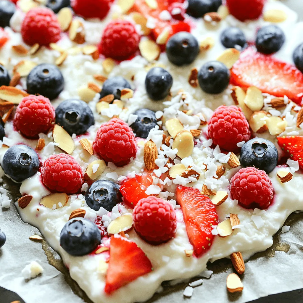 - 2 Tassen griechischer Joghurt (natur) - 2 Esslöffel Honig oder Ahornsirup - 1 Teelöffel Vanilleextrakt Die Hauptzutaten sind einfach und nahrhaft. Griechischer Joghurt hat viel Protein. Er gibt dem Bark eine cremige Textur. Honig oder Ahornsirup sorgen für die Süße. Das macht das Dessert lecker. Vanilleextrakt fügt einen feinen Geschmack hinzu. Diese drei Zutaten sind die Basis für deine Frozen Yogurt Bark. - 1 Tasse gemischte Beeren (Erdbeeren, Heidelbeeren, Himbeeren) - ¼ Tasse gehackte Nüsse (Mandeln oder Walnüsse) - 2 Esslöffel Kokosraspeln (optional) Der Belag gibt dem Bark Farbe und Geschmack. Gemischte Beeren sind frisch und süß. Sie sind auch gesund und voller Vitamine. Gehackte Nüsse bringen einen knusprigen Biss. Mandeln oder Walnüsse passen gut. Kokosraspeln sind eine tolle Option für zusätzlichen Geschmack. Sie machen das Dessert tropisch und spannend. - Kalorien pro Portion: ca. 120 - Portionen: 8 Stücke Diese Frozen Yogurt Bark ist leicht und gesund. Mit etwa 120 Kalorien pro Portion ist sie ein guter Snack. Du kannst sie nach Belieben anpassen. Teile die Portionen, um mit Freunden zu genießen. Das macht den Genuss noch schöner. - Kombiniere 2 Tassen griechischen Joghurt, 2 Esslöffel Honig und 1 Teelöffel Vanilleextrakt in einer großen Schüssel. - Rühre gut, bis die Mischung glatt ist. Die Konsistenz sollte cremig und gleichmäßig sein. - Lege ein Backblech mit Backpapier aus. Dies hilft beim späteren Entfernen des Yogurt-Barks. - Gieße die Joghurtmischung gleichmäßig auf das Blech. Verteile sie mit einem Spatel auf etwa ¼ Zoll Dicke. - Verteile 1 Tasse gemischte Beeren gleichmäßig über die Joghurtoberfläche. Drücke sie sanft ein, damit sie besser haften. - Streue ¼ Tasse gehackte Nüsse und 2 Esslöffel Kokosraspeln darüber, wenn du möchtest. - Stelle das Backblech in das Gefrierfach. Lass es dort für mindestens 3-4 Stunden gefrieren. - Nach dem Gefrieren nimm das Blech heraus und lasse es einige Minuten stehen. Das macht das Schneiden leichter. - Breche oder schneide das gefrorene Bark in Stücke und serviere sie sofort. Du kannst die Stücke auch in einem luftdichten Behälter aufbewahren. - Wählen Sie griechischen Joghurt für eine cremige Textur. Er hat einen schönen Geschmack. - Für etwas Süße nutzen Sie Honig oder Ahornsirup. Beide passen gut zu Beeren. - Warten Sie mindestens vier Stunden. Das Bark sollte hart sein. - Prüfen Sie, ob das Bark fest ist, bevor Sie schneiden. - Dekorieren Sie die Stücke mit frischen Minzblättern. Das sieht toll aus und schmeckt gut. - Servieren Sie es kalt für einen erfrischenden Snack oder warm für einen neuen Genuss. {{image_4}} - Weitere Beerensorten: Du kannst viele Beeren verwenden. Erdbeeren, Himbeeren und Heidelbeeren sind toll. Auch Brombeeren oder Johannisbeeren passen gut. Diese Variationen bringen neue Geschmäcker. - Zitrusfrüchte verwenden: Zitrusfrüchte wie Orangen oder Mandarinen sind frisch und lebendig. Schneide sie klein, bevor du sie hinzufügst. Sie geben der Mischung einen tollen Kick und sind gesund. - Joghurtalternativen: Verwende pflanzlichen Joghurt, wenn du vegan bist. Sojajoghurt und Kokosjoghurt sind gute Optionen. Sie schmecken gut und bieten ähnliche Texturen. - Glutenfreie Nüsse und Sirups: Achte auf glutenfreie Nüsse wie Mandeln oder Cashews. Für Sirup kannst du Agavendicksaft oder Reissirup verwenden. Diese ersetzen Honig gut und sind vegan. - Schokoladenstückchen: Füge dunkle Schokoladenstückchen hinzu. Sie geben einen süßen Kontrast zu den Beeren. Sie sind lecker und machen das Rezept besonders. - Trockenfrüchte: Trockenfrüchte wie Cranberries oder Aprikosen sind süß und chewy. Sie bringen neue Texturen in dein Frozen Yogurt Bark. Experimentiere mit verschiedenen Sorten für neue Geschmäcker. - Lagern Sie das gefrorene Yogurt-Bark in einem luftdichten Behälter. - So bleibt es frisch und lecker. - Stellen Sie sicher, dass der Behälter gut verschlossen ist. - Vermeiden Sie, dass Luft eindringt, um Gefrierbrand zu verhindern. - Sie können die gefrorenen Stücke einfach genießen. - Fügen Sie sie zu einem Smoothie für extra Cremigkeit hinzu. - Verwenden Sie die Stücke als Topping für Haferflocken. - Kombinieren Sie sie mit Joghurt oder Quark für einen Snack. - Wenn Sie Reste haben, mischen Sie sie in einen Obstsalat. - Lassen Sie Ihrer Kreativität freien Lauf! Frozen Yogurt Bark kann bis zu zwei Monate im Gefrierfach bleiben. Um die Frische zu bewahren, lege es in einen luftdichten Behälter. Dies schützt es vor Frost und Gerüchen. Es ist wichtig, die Stücke gut zu verpacken, um die besten Ergebnisse zu erzielen. Ja, du kannst viele Früchte verwenden! Probiere Bananen, Pfirsiche oder Kiwis. Frische oder gefrorene Früchte sind beide gut. Du kannst auch eine Mischung aus verschiedenen Früchten machen. Sei kreativ und finde deinen Favoriten. Frozen Yogurt Bark ist eine gesunde Wahl! Griechischer Joghurt liefert Protein und Kalzium. Die Beeren sind reich an Vitaminen und Antioxidantien. Wenn du Honig oder Ahornsirup verwendest, hast du eine natürliche Süße. Achte darauf, die Portionen im Blick zu behalten. Um Eiskristalle zu vermeiden, verwende frischen Joghurt. Mische den Joghurt gut, um Luft einzufügen. Friere das Bark gleichmäßig ein. Wenn du es herausholst, lasse es kurz stehen, bevor du es schneidest. So bleibt die Konsistenz weich und cremig. Zusammenfassend haben wir ein einfaches Rezept für Frozen Yogurt Bark betrachtet. Die Hauptzutaten sind griechischer Joghurt, Honig und Vanille. Du hast auch verschiedene Toppings wie Beeren und Nüsse kennengelernt. Unsere Schritt-für-Schritt-Anleitung macht das Zubereiten leicht. Denke daran, deine Bark optional zu variieren oder anzupassen. Experimentiere mit verschiedenen Früchten und Toppings. Mit den gegebenen Lagerinformationen bleibt deine Kreation frisch. So kannst du sie jederzeit genießen. Viel Spaß beim Ausprobieren!