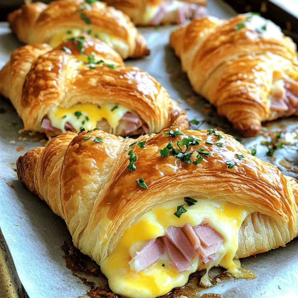Um die perfekten Ham & Cheese Croissants zuzubereiten, benötigen Sie folgende Zutaten: - 4 große Croissants - 200 g aufgeschnittener Schinken - 150 g Käse - 2 Esslöffel Dijon-Senf - 1 Ei - Frische Kräuter - Salz und Pfeffer Jedes dieser Zutaten hat eine spezielle Rolle. Die Croissants sind die Basis. Sie geben den perfekten knusprigen Biss. Der Schinken sorgt für einen herzhaften Geschmack. Wählen Sie geräucherten oder Honigschinken für das beste Ergebnis. Der Käse schmilzt und macht die Croissants cremig. Gruyère oder Schweizer Käse sind ideal. Dijon-Senf fügt eine angenehme Schärfe hinzu. Das Ei ist wichtig für die glänzende Oberfläche. Frische Kräuter wie Thymian oder Petersilie verleihen den Croissants Farbe und Frische. Salz und Pfeffer runden den Geschmack ab. Achten Sie darauf, hochwertige Zutaten zu verwenden. So wird das Gericht noch besser. Schauen Sie, ob Sie alles haben, bevor Sie starten. Bereiten Sie sich vor und genießen Sie das Kochen! Heize deinen Ofen auf 180°C vor. Das sorgt für die perfekte Backtemperatur. Nimm die Croissants und schneide jedes in der Mitte horizontal durch. Achte darauf, dass du nicht ganz durchschneidest. So bleibt die Füllung besser drin. Verteile eine dünne Schicht Dijon-Senf auf die untere Hälfte jedes Croissants. Der Senf gibt einen tollen Geschmack. Lege dann die Scheiben Schinken großzügig über den Senf. Achte darauf, dass das Fleisch gleichmäßig verteilt ist. Danach kommen die Käsescheiben. Gruyère oder Schweizer Käse sind super Optionen. Würze alles mit Salz und Pfeffer. Ein wenig sorgt für mehr Geschmack. Bestreiche die Oberseite der Croissants mit dem verquirlten Ei. Das gibt eine schöne, goldene Farbe. Lege die gefüllten Croissants auf ein Backblech mit Backpapier. Backe die Croissants für 12 bis 15 Minuten. Sie sind fertig, wenn der Käse schmilzt und die Croissants goldbraun sind. Lass sie kurz abkühlen, bevor du sie servierst. Ein Hauch frischer Kräuter oben drauf macht sie besonders lecker. - Verwendung von frischen Croissants: Frische Croissants sind der Schlüssel zu einem leckeren Ergebnis. Sie geben den Croissants eine tolle Fluffigkeit und Knusprigkeit. Wenn Sie die Möglichkeit haben, wählen Sie Croissants vom Bäcker oder backen Sie sie frisch. - Optimale Käsesorten: Gruyère und Schweizer Käse sind hervorragend für diesen Snack. Sie schmelzen gut und haben einen tollen Geschmack. Experimentieren Sie mit anderen Käsesorten wie Cheddar oder Mozzarella für neue Geschmäcker. - Zu viel Senf vermeiden: Zu viel Dijon-Senf kann den Geschmack überdecken. Verwenden Sie nur eine dünne Schicht, um den perfekten Geschmack zu erreichen. So bleibt der Schinken und der Käse im Vordergrund. - Richtiges Backen für die ideale Konsistenz: Backen Sie die Croissants bei 180°C für 12-15 Minuten. So werden sie goldbraun und der Käse schmilzt perfekt. Achten Sie darauf, sie nicht zu lange zu backen, um ein Austrocknen zu vermeiden. {{image_4}} Wenn du kreativ sein möchtest, gibt es viele Alternativen zu Schinken. Du kannst Truthahn verwenden, um eine leichtere Option zu haben. Für Vegetarier sind gebratene Pilze oder Spinat großartige Optionen. Diese Füllungen geben den Croissants einen neuen Geschmack. Käse ist ebenfalls vielseitig. Statt Gruyère oder Schweizer Käse kannst du auch Cheddar oder Mozzarella ausprobieren. Jedes Käsesort bringt seine eigene Textur und seinen eigenen Geschmack. Experimentiere mit verschiedenen Kombinationen, um deine perfekte Mischung zu finden. Für ein volles Menü empfehle ich, die Croissants mit einem frischen Salat zu servieren. Ein einfacher grüner Salat passt gut dazu. Du kannst auch eine cremige Kartoffelsuppe als Beilage wählen. Diese Kombination macht das Essen noch herzlicher. Dips machen das Erlebnis auch spannender. Ein einfacher Joghurt-Dip mit frischen Kräutern passt gut. Auch ein scharfer Senf oder eine süß-scharfe Chilisauce sind tolle Ergänzungen. Diese Dips bringen einen zusätzlichen Kick und machen die Croissants noch leckerer. Die richtige Lagerung sorgt dafür, dass die Croissants frisch bleiben. Ich empfehle, die Croissants in einem luftdichten Behälter aufzubewahren. So bleiben sie knusprig und lecker. Wenn du sie im Kühlschrank aufbewahrst, lege sie in ein sauberes Küchentuch. Das schützt sie vor Feuchtigkeit. Für längere Lagerung sind die Croissants auch im Gefrierschrank geeignet. Wickel sie in Frischhaltefolie und lege sie in einen Gefrierbeutel. So bleiben sie bis zu drei Monate frisch. Um die Croissants wieder aufzuwärmen, nutze den Ofen. Stelle ihn auf 180°C ein. Backe die Croissants für etwa 5-10 Minuten. So werden sie wieder knusprig. Eine andere Methode ist die Verwendung einer Pfanne. Erhitze die Pfanne bei mittlerer Hitze. Lege die Croissants hinein und decke sie ab. Nach ein paar Minuten sind sie warm und lecker. Wenn du die Knusprigkeit wiederherstellen möchtest, vermeide die Mikrowelle. Sie macht die Croissants weich und gummiartig. Wähle immer den Ofen oder die Pfanne für das beste Ergebnis. Die Croissants sind frisch am besten. Sie halten sich etwa 1-2 Tage bei Raumtemperatur. Lagern Sie sie in einem luftdichten Behälter, um die Frische zu bewahren. Im Kühlschrank können sie bis zu 4 Tage halten. Wenn Sie sie länger aufbewahren möchten, frieren Sie sie ein. So bleiben sie bis zu 3 Monate genießbar. Achten Sie darauf, sie gut einzuwickeln, damit sie nicht austrocknen. Ja, Sie können die Croissants ohne Senf zubereiten. Wenn Sie den Senf weglassen, bleibt der Geschmack mild. Sie können stattdessen etwas Mayonnaise oder Frischkäse verwenden. Diese Optionen sorgen für eine cremige Textur. Auch Pesto oder eine scharfe Sauce können interessante Alternativen sein. Experimentieren Sie mit verschiedenen Aromen, um Ihren persönlichen Favoriten zu finden. Für Croissants empfehle ich Gruyère oder Schweizer Käse. Beide schmelzen gut und haben einen reichen Geschmack. Auch Cheddar oder Gouda sind tolle Optionen. Sie fügen einen kräftigen Geschmack hinzu. Wenn Sie es etwas milder mögen, probieren Sie Mozzarella. Der Käse sollte dünn aufgeschnitten sein, um ein gleichmäßiges Schmelzen zu gewährleisten. Zusammenfassend haben wir die besten Rezepte für heiße Schinken-Käse-Croissants besprochen. Wir haben die Zutaten aufgelistet, die Zubereitung Schritt für Schritt erläutert und Tipps gegeben. Variationen und ideale Lagermethoden helfen dir, deine Croissants perfekt zu genießen. Experimentiere mit verschiedenen Käsesorten oder Füllungen. So machst du jedes Mal ein leckeres Gericht. Genieße deine Croissants frisch oder aufgewärmt! Deine Gäste werden begeistert sein.