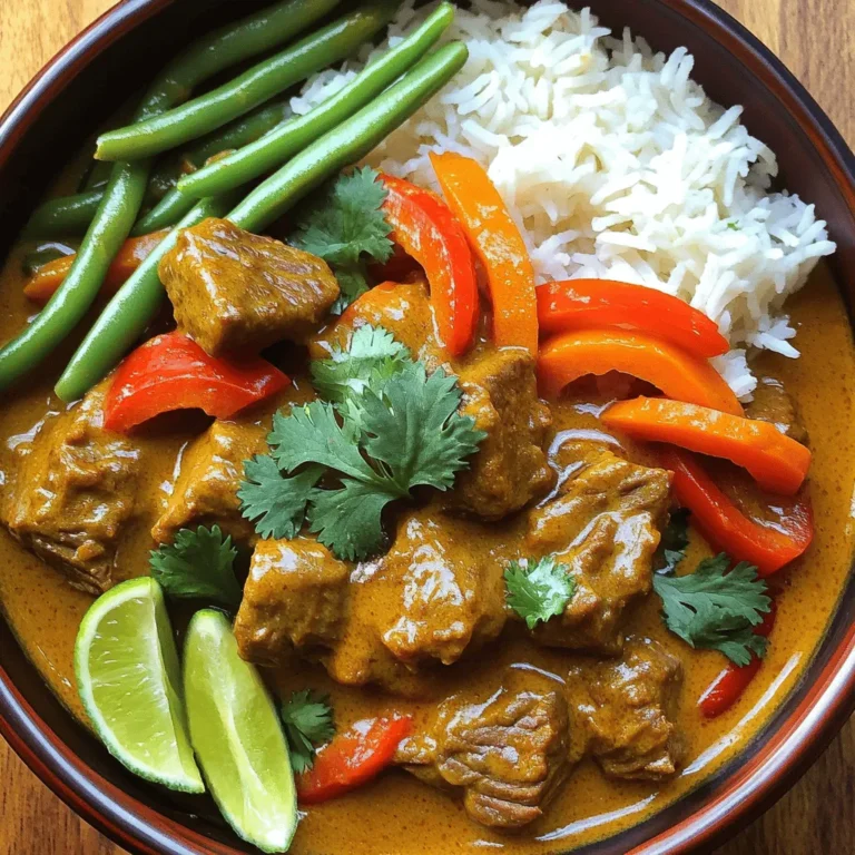 Für das Rindfleisch-Kokosnusscurry benötigst du einige Hauptzutaten: - 900 g Rindfleisch (z. B. Chuck), in 2,5 cm große Würfel geschnitten - 1 Dose (400 ml) Kokosmilch - 240 ml Rinderbrühe - 2 Esslöffel rote Currypaste - 1 Esslöffel Ingwer, fein gehackt - 4 Knoblauchzehen, fein gehackt - 1 Zwiebel, in Scheiben geschnitten - 2 Karotten, in Scheiben geschnitten - 1 rote Paprika, gewürfelt - 150 g grüne Bohnen, enden beschnitten Diese Zutaten machen das Curry reichhaltig und lecker. Das Rindfleisch wird zart, während die Kokosmilch eine cremige Basis bietet. Die Gewürze sind der Schlüssel zu diesem Gericht. Hier sind einige, die du nicht vergessen solltest: - 2 Esslöffel Fischsauce - 2 Esslöffel brauner Zucker - Salz und Pfeffer nach Geschmack Die rote Currypaste bringt eine schöne Schärfe. Der Ingwer und der Knoblauch geben dem Curry Tiefe und Aroma. Serviere dein Curry mit passenden Beilagen. Hier sind einige Ideen: - Gedämpfter Reis - Naan-Brot Du kannst auch frischen Koriander und Limettenstücke hinzufügen. Diese geben einen frischen, spritzigen Geschmack. Um das Rezept einfach zu machen, bereiten wir zuerst alle Zutaten vor. Hier ist, was Sie brauchen: - 900 g Rindfleisch (z. B. Chuck), in 2,5 cm große Würfel geschnitten - 1 Dose (400 ml) Kokosmilch - 240 ml Rinderbrühe - 2 Esslöffel rote Currypaste - 1 Esslöffel Ingwer, fein gehackt - 4 Knoblauchzehen, fein gehackt - 1 Zwiebel, in Scheiben geschnitten - 2 Karotten, in Scheiben geschnitten - 1 rote Paprika, gewürfelt - 150 g grüne Bohnen, enden beschnitten - 2 Esslöffel Fischsauce - 2 Esslöffel brauner Zucker - Salz und Pfeffer nach Geschmack - Frischer Koriander, zur Garnitur - Limettenstücke, zum Servieren Beginnen Sie mit dem Schneiden des Rindfleischs. Stellen Sie sicher, dass die Stücke gleich groß sind. So garen sie gleichmäßig. Hacken Sie das Gemüse, damit es schnell in den Slow Cooker passt. Jetzt wird es spannend! Geben Sie die Rindfleischwürfel, die geschnittene Zwiebel, den gehackten Ingwer, den Knoblauch, die Karotten und die rote Paprika in den Slow Cooker. In einer separaten Schüssel mischen Sie die Kokosmilch, die Rinderbrühe, die rote Currypaste, die Fischsauce und den braunen Zucker. Rühren Sie alles gut um. Gießen Sie die Mischung über das Fleisch und das Gemüse. Rühren Sie, damit alles gut vermischt ist. Schmecken Sie mit Salz und Pfeffer ab. Decken Sie den Slow Cooker ab. Kochen Sie das Curry auf niedriger Stufe für 6-8 Stunden. Nach dieser Zeit sollte das Rindfleisch zart sein. Fügen Sie 30 Minuten vor dem Servieren die grünen Bohnen hinzu. So bleiben sie knackig und frisch. Servieren Sie das Curry über gedämpftem Reis oder mit Naan. Garnieren Sie mit frischem Koriander und Limettenstücken. Die Limette gibt eine spritzige Note, die das Gericht aufpeppt. Dies ist eine einfache und köstliche Mahlzeit für jeden Anlass. Genießen Sie die Aromen und die Wärme dieses fantastischen Gerichts! Um das Curry perfekt zu würzen, fangen Sie mit der Currypaste an. Ich empfehle rote Currypaste, weil sie viel Geschmack hat. Mischen Sie die Paste gut mit der Kokosmilch. Das gibt dem Gericht eine tolle Basis. Fügen Sie auch frischen Ingwer und Knoblauch hinzu. Diese Zutaten bringen Tiefe und Frische in das Curry. Probieren Sie, die Gewürze nach dem Kochen anzupassen. Ein wenig mehr Fischsauce oder Zucker kann oft helfen. Wählen Sie Rindfleisch, das gut zum langsamen Kochen geeignet ist. Chuck ist eine gute Wahl, da es zart wird. Sie können auch Rinderbrust oder Schulter verwenden. Achten Sie darauf, das Fleisch in gleichmäßige Stücke zu schneiden. So garen sie gleichmäßig. Kaufen Sie frisches Fleisch, um den besten Geschmack zu bekommen. Wenn das Fleisch gut marmoriert ist, sorgt das für mehr Saftigkeit. Ein häufiger Fehler ist zu viel Flüssigkeit hinzuzufügen. Halten Sie sich an die Menge von Kokosmilch und Brühe. Zu viel Flüssigkeit macht das Curry wässrig. Ein weiterer Fehler ist, das Curry nicht lange genug zu kochen. Lassen Sie es mindestens 6 Stunden köcheln. So wird das Fleisch schön zart. Vergessen Sie nicht, die grünen Bohnen erst kurz vor dem Servieren hinzuzufügen. So bleiben sie knackig und frisch. {{image_4}} Wenn Sie eine vegetarische Option suchen, ersetzen Sie das Rindfleisch durch Tofu oder Kichererbsen. Tofu nimmt die Aromen gut auf. Schneiden Sie ihn in Würfel und braten Sie ihn leicht an, bevor Sie ihn in den Slow Cooker geben. Kichererbsen sind eine nährstoffreiche Wahl. Verwenden Sie eine Dose, um die Zubereitung zu erleichtern. Die Gewürze sind wichtig für den Geschmack. Experimentieren Sie mit verschiedenen Currypasten. Grüne Currypaste gibt dem Gericht eine frische Note. Sie können auch mehr Ingwer oder Knoblauch hinzufügen, um die Schärfe zu erhöhen. Für eine süßere Note fügen Sie mehr braunen Zucker hinzu. Achten Sie darauf, die Mischung gut zu probieren und anzupassen. Verwenden Sie saisonales Gemüse, um frische Aromen zu bringen. Im Frühling sind Erbsen und Spargel großartig. Im Sommer können Zucchini oder Auberginen hinzugefügt werden. Im Herbst sind Kürbis oder Süßkartoffeln perfekte Ergänzungen. Im Winter bringen Karotten und Kohl eine schöne Textur ins Gericht. Nach dem Genießen Ihres Rindfleisch-Kokosnusscurrys bleiben oft Reste übrig. Um diese frisch zu halten, lassen Sie das Curry zuerst auf Raumtemperatur abkühlen. Füllen Sie dann das Curry in luftdichte Behälter. Stellen Sie sicher, dass der Behälter gut verschlossen ist, um die Aromen zu bewahren. Lagern Sie es im Kühlschrank, wenn Sie es innerhalb von drei Tagen essen möchten. Wenn es Zeit ist, das Curry wieder zu genießen, gibt es einige einfache Möglichkeiten, es aufzuwärmen. Sie können das Curry in einem Topf bei mittlerer Hitze auf dem Herd erwärmen. Rühren Sie dabei regelmäßig um, damit es gleichmäßig heiß wird. Alternativ können Sie auch die Mikrowelle nutzen. Geben Sie die Portion in eine mikrowellengeeignete Schüssel und decken Sie sie ab. Erwärmen Sie das Curry in Intervallen von 1-2 Minuten und rühren Sie zwischendurch um. Im Kühlschrank bleibt das Curry für etwa drei Tage frisch. Wenn Sie es länger aufbewahren möchten, können Sie es einfrieren. Geben Sie das Curry in einen gefrierfesten Behälter oder in Gefrierbeutel. Im Gefrierschrank hält es bis zu drei Monate. Wenn Sie bereit sind, es zu essen, lassen Sie es über Nacht im Kühlschrank auftauen. Erwärmen Sie es dann wie oben beschrieben. Das Curry sollte 6 bis 8 Stunden auf niedriger Stufe kochen. Dies macht das Rindfleisch zart. Die Aromen verbinden sich gut in dieser Zeit. Überprüfen Sie das Gericht nach 6 Stunden. Wenn das Fleisch nicht zart ist, lassen Sie es länger kochen. Ja, Sie können die Currypaste selbst machen. Eine einfache Mischung aus Gewürzen ist nötig. Verwenden Sie rote Chilis, Ingwer, Knoblauch und Zitronengras. Mischen Sie alles in einer Küchenmaschine. Fügen Sie etwas Öl hinzu, um eine Paste zu erhalten. Diese hausgemachte Paste gibt Ihrem Curry eine frische Note. Ja, dieses Rezept ist glutenfrei. Die Zutaten enthalten keine Weizenprodukte. Achten Sie jedoch auf die Fischsauce. Einige Marken verwenden Gluten. Überprüfen Sie die Etiketten, um sicherzugehen. Wenn Sie die Currypaste selbst machen, bleibt das Gericht komplett glutenfrei. In diesem Artikel haben wir das Rindfleisch-Kokosnusscurry Schritt für Schritt erkundet. Wir haben die besten Zutaten besprochen, Tipps für die Zubereitung gegeben und Variationen vorgestellt. Damit gelingt dir ein köstliches Gericht, das einfach und vielseitig ist. Denk daran, die Gewürze nach deinem Geschmack anzupassen und das Curry richtig zu lagern. Mit diesen Tricks zauberst du jedes Mal ein perfektes Gericht, das alle begeistert. Probiere es aus und genieße dein Curry!