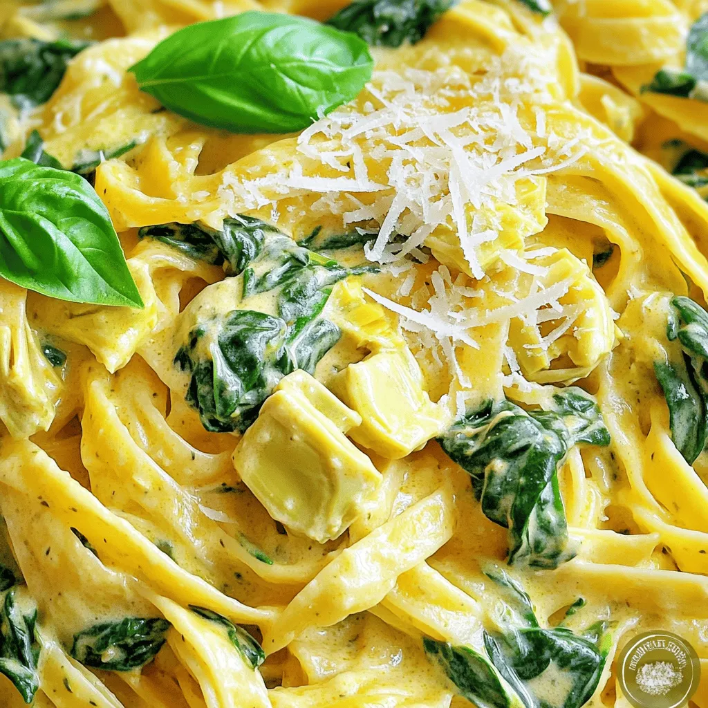 Für die cremige Sauce brauchen Sie einige wichtige Zutaten. Sie benötigen: - 240ml Schlagsahne - 125g Frischkäse, weich - 100g frisch geriebener Parmesan - 2 Knoblauchzehen, fein gehackt - 1 Esslöffel Olivenöl - 1/2 Teelöffel rote Pfefferflocken (optional) - Salz und Pfeffer nach Geschmack Diese Zutaten sorgen für eine reiche und cremige Textur. Die Schlagsahne und der Frischkäse bilden die Basis. Parmesan gibt der Sauce den besonderen Geschmack. Für dieses Rezept können Sie Fettuccine oder Penne verwenden. Beide Sorten halten die Sauce gut fest. Fettuccine hat eine flache Form, die die Sauce aufnimmt. Penne hingegen hat Röhrenform und ist ideal für eine gute Bissfestigkeit. Kochen Sie die Pasta in gesalzenem Wasser. Achten Sie darauf, sie al dente zu kochen. So bleibt die Pasta schön bissfest. Frische Kräuter bringen Farbe und Geschmack in Ihr Gericht. Ich empfehle, frische Basilikumblätter zur Garnitur zu verwenden. Sie geben ein frisches Aroma. Für etwas Schärfe fügen Sie rote Pfefferflocken hinzu. Diese können Sie nach Belieben anpassen. Salz und Pfeffer runden das Gericht ab. Nutzen Sie frische Kräuter, wenn möglich. Sie machen einen großen Unterschied im Geschmack. Kochen Sie zuerst die Pasta. Nehmen Sie einen großen Topf und füllen Sie ihn mit Wasser. Fügen Sie eine Prise Salz hinzu. Bringen Sie das Wasser zum Kochen. Geben Sie dann 225 Gramm Pasta dazu. Kochen Sie die Pasta nach Packungsanleitung, bis sie al dente ist. Reservieren Sie eine Tasse vom Nudelwasser. Gießen Sie die Pasta ab und stellen Sie sie beiseite. Erhitzen Sie nun eine große Pfanne bei mittlerer Hitze. Geben Sie einen Esslöffel Olivenöl hinein. Fügen Sie zwei fein gehackte Knoblauchzehen hinzu. Braten Sie den Knoblauch für etwa eine Minute an, bis er duftet. Dann geben Sie zwei Tassen frisch gehackten Spinat in die Pfanne. Braten Sie den Spinat für drei bis vier Minuten, bis er zusammenfällt. Rühren Sie die geviertelten Artischockenherzen unter und erhitzen Sie sie für weitere zwei bis drei Minuten. Reduzieren Sie die Hitze auf niedrig. Fügen Sie 240 Milliliter Schlagsahne und 125 Gramm weichen Frischkäse in die Pfanne hinzu. Rühren Sie alles gut um, bis der Frischkäse schmilzt und die Mischung glatt ist. Dann geben Sie nach und nach 100 Gramm frisch geriebenen Parmesan dazu. Rühren Sie, bis der Käse geschmolzen ist. Wenn die Sauce zu dick ist, fügen Sie etwas vom reservierten Nudelwasser hinzu. Nun geben Sie die gekochte Pasta in die cremige Sauce. Mischen Sie alles gut, damit die Pasta gleichmäßig umhüllt ist. Schmecken Sie die Pasta ab und würzen Sie sie nach Belieben mit roten Pfefferflocken, Salz und Pfeffer. Garnieren Sie das Gericht mit frischen Basilikumblättern für einen schönen Farb- und Geschmackskick. Um die perfekte Konsistenz der Sauce zu erzielen, ist das richtige Verhältnis von Sahne und Käse wichtig. Beginne mit der Schlagsahne und dem Frischkäse. Rühre sie bei niedriger Hitze gut um. Wenn die Sauce zu dick ist, füge schrittweise etwas reserviertes Nudelwasser hinzu. Das Wasser hilft, die Sauce zu verdünnen, ohne den Geschmack zu verlieren. Achte darauf, die Sauce ständig zu rühren, damit sie nicht anbrennt. Wenn du Reste hast, bewahre sie in einem luftdichten Behälter auf. So bleiben die Aromen frisch. Du kannst die Pasta einfach im Kühlschrank für bis zu drei Tage lagern. Wenn du frische Zutaten hast, wie Spinat, kannst du sie auch für andere Gerichte verwenden. Artischockenherzen lassen sich gut in Salaten oder Sandwiches nutzen. Die Garnitur macht viel aus! Frische Basilikumblätter verleihen der Pasta Farbe und Geschmack. Streue etwas geriebenen Parmesan darüber für einen tollen Look. Du kannst auch etwas Olivenöl darüberträufeln. Das gibt der Pasta einen zusätzlichen Glanz und Geschmack. Stelle sicher, dass die Pasta warm serviert wird, damit sie lecker aussieht und schmeckt. {{image_4}} Wenn Sie eine vegetarische oder vegane Option möchten, können Sie die Sahne durch pflanzliche Alternativen ersetzen. Kokosmilch oder Cashew-Sahne sind tolle Optionen. Für den Frischkäse können Sie eine vegane Variante verwenden. So bleibt der Geschmack cremig und lecker. Möchten Sie mehr Protein hinzufügen? Geben Sie gebratenes Hühnchen oder Garnelen in die Pfanne. Kochen Sie das Fleisch separat und mischen Sie es dann unter die Pasta. Dies macht das Gericht noch sättigender und gibt ihm einen neuen Twist. Variieren Sie das Rezept mit anderen Gemüsesorten. Zucchini, Erbsen oder Paprika passen gut dazu. Braten Sie das Gemüse einfach mit dem Spinat an. Diese kleinen Änderungen bringen frischen Geschmack und Farbe auf den Teller. Experimentieren Sie mit verschiedenen Kombinationen, um Ihre perfekte Mischung zu finden. Um die cremige Spinat-Artischocken-Pasta gut aufzubewahren, lassen Sie sie zuerst abkühlen. Geben Sie die Reste in einen luftdichten Behälter. Lagern Sie die Pasta im Kühlschrank. Sie bleibt dort bis zu drei Tage frisch. Achten Sie darauf, dass die Sauce gut abgedeckt ist. So bleibt der Geschmack erhalten. Wenn Sie mehr Pasta gemacht haben, können Sie auch einfrieren. Teilen Sie die Pasta in Portionen auf. Verwenden Sie gefriergeeignete Behälter oder Beutel. Achten Sie darauf, so viel Luft wie möglich zu entfernen. Die Pasta kann bis zu drei Monate eingefroren werden. Um die beste Textur zu erhalten, frieren Sie die Sauce separat ein, wenn möglich. Um die Pasta wieder zu erwärmen, verwenden Sie eine Pfanne oder die Mikrowelle. Fügen Sie etwas Wasser oder Brühe hinzu, wenn die Sauce zu dick ist. Erhitzen Sie die Pasta bei niedriger Hitze. Rühren Sie regelmäßig um, damit sie gleichmäßig warm wird. Garnieren Sie die Pasta neu mit frischem Basilikum, bevor Sie sie servieren. Ja, du kannst sowohl frischen als auch gefrorenen Spinat verwenden. Frischer Spinat hat einen tollen Geschmack und eine schöne Textur. Wenn du gefrorenen Spinat nimmst, tau ihn vorher auf und drücke das Wasser aus. So wird dein Gericht nicht wässrig. Wenn du keinen Frischkäse hast, gibt es einige Alternativen. Du kannst Ricotta oder Mascarpone verwenden. Diese Käse geben auch eine cremige Konsistenz. Für eine leichtere Option kannst du griechischen Joghurt nutzen, aber achte darauf, dass er nicht zu sauer ist. Um deine Pasta würziger zu machen, füge mehr rote Pfefferflocken hinzu. Du kannst auch etwas Cayennepfeffer oder Paprika verwenden. Frische Kräuter wie Oregano oder Thymian geben ebenfalls einen tollen Geschmack. Probiere es aus und finde die perfekte Mischung für deinen Gaumen! Diese Anleitung hat Ihnen alles gegeben, um ein leckeres Pasta-Gericht zu zaubern. Wir haben die wichtigsten Zutaten, die Schritte und nützliche Tipps behandelt. Denken Sie daran, frische Kräuter und Gewürze für mehr Geschmack zu nutzen. Variieren Sie das Gericht nach Ihrem Wunsch mit unterschiedlichen Zutaten. Vor allem, genießen Sie Ihre Kreationen und teilen Sie sie mit anderen. Kochen macht Freude und mit diesen Informationen gelingen Ihnen tolle Gerichte. Sorgfältige Aufbewahrung und die Nutzung von Resten helfen Ihnen, auch später noch etwas Leckeres zu genießen.