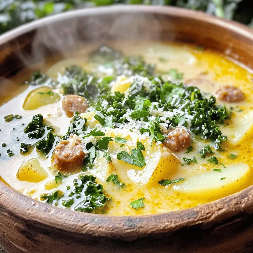 Die Zuppa Toscana hat einige wichtige Zutaten. Hier sind sie: - 450 g italienische Hähnchenwurst (oder würzige Putenwurst) - 1 mittelgroße Zwiebel, gewürfelt - 3 Knoblauchzehen, fein gehackt - 1 Liter Hühnerbrühe - 2 mittelgroße Kartoffeln, dünn geschnitten - 1 Tasse Grünkohl, grob gehackt - 240 ml Sahne - 1 Teelöffel rote Pfefferflocken - Salz und Pfeffer nach Geschmack - 2 Esslöffel Olivenöl - Frische Petersilie, gehackt, zum Garnieren - Geriebener Parmesan, zum Servieren Diese Zutaten geben der Suppe ihren köstlichen Geschmack. Die Mengen sind für sechs Portionen gedacht. Wenn du weniger machen möchtest, teile einfach die Mengen. Wenn du keine Hähnchenwurst hast, benutze gerne eine andere Wurst. Du kannst auch Gemüsebrühe statt Hühnerbrühe für eine vegetarische Variante verwenden. Kartoffeln sind wichtig, aber du kannst auch Süßkartoffeln oder Kürbis verwenden, um einen neuen Geschmack zu kreieren. Diese Zutaten sind nicht nur lecker, sondern auch nahrhaft. - Hähnchenwurst: Sie liefert viel Protein. - Zwiebeln und Knoblauch: Diese fördern die Gesundheit des Herzens. - Kartoffeln: Sie geben dir Energie durch ihre Kohlenhydrate. - Grünkohl: Er ist reich an Vitaminen und Mineralien. - Sahne: Sie macht die Suppe cremig und lecker. So bekommst du eine ausgewogene Mahlzeit, die dich sättigt und gut schmeckt. Die Vorbereitungszeit für Zuppa Toscana beträgt etwa 15 Minuten. Die Gesamtkochzeit liegt bei 25 Minuten. In nur 40 Minuten hast du eine warme, leckere Suppe. 1. Erhitze zwei Esslöffel Olivenöl in einem großen Topf bei mittlerer Hitze. 2. Füge eine gewürfelte Zwiebel hinzu und brate sie für drei Minuten. Sie sollte weich werden. 3. Gib drei fein gehackte Knoblauchzehen und 450 g italienische Hähnchenwurst in den Topf. 4. Zerkleinere die Wurst mit einem Holzlöffel. Koche sie fünf bis sieben Minuten, bis sie braun ist. 5. Gieße einen Liter Hühnerbrühe in den Topf und bringe die Mischung zum Köcheln. 6. Schneide zwei mittelgroße Kartoffeln dünn und gib sie in den Topf. Koche sie zehn bis fünfzehn Minuten, bis sie zart sind. 7. Rühre eine Tasse grob gehackten Grünkohl und einen Teelöffel rote Pfefferflocken ein. Lass es fünf Minuten köcheln. 8. Reduziere die Hitze und gieße 240 ml Sahne langsam hinein. Erhitze die Suppe für drei bis fünf Minuten. 9. Schmecke mit Salz und Pfeffer ab. Justiere die Gewürze nach deinem Geschmack. 10. Serviere die Suppe heiß. Garniere sie mit frischer Petersilie und geriebenem Parmesan. - Achte darauf, die Zwiebel nicht zu verbrennen. Rühre sie regelmäßig um. - Wenn du die Wurst zu lange kochst, kann sie trocken werden. Halte ein Auge darauf. - Lass die Kartoffeln nicht zu lange kochen. Sie sollten zart, aber nicht matschig sein. - Füge die Sahne erst am Ende hinzu. So bleibt die Suppe cremig und frisch. - Schmecke die Suppe regelmäßig ab, um deinen perfekten Geschmack zu finden. Mit diesen Schritten bereitest du eine leckere Zuppa Toscana zu. Viel Spaß beim Kochen! Für eine schöne Präsentation serviere die Zuppa Toscana in tiefen Schalen. Füge einen Spritzer Olivenöl hinzu und streue frischen Parmesan darüber. Das sieht nicht nur toll aus, sondern schmeckt auch besser. Du kannst die Suppe auch mit frischer Petersilie garnieren, um ein wenig Farbe zu bringen. Die Zuppa Toscana passt perfekt zu knusprigem Brot. Baguette oder Ciabatta sind tolle Optionen. Du kannst auch einen frischen Salat dazu reichen. Ein einfacher grüner Salat mit leichtem Dressing ergänzt die Suppe gut. Um die Zuppa Toscana frisch zu halten, lagere sie im Kühlschrank, wenn du Reste hast. Verwende einen luftdichten Behälter. So bleibt der Geschmack lange erhalten. Bei Bedarf kannst du die Suppe erwärmen, indem du sie sanft auf dem Herd oder in der Mikrowelle erhitzt. Achte darauf, sie nicht zu lange zu erhitzen, damit sie nicht anbrennt. {{image_4}} Wenn Sie eine vegetarische Zuppa Toscana machen möchten, ersetzen Sie die Wurst. Statt Hähnchenwurst nutzen Sie eine Mischung aus Gemüse. Zum Beispiel: - 450 g Pilze, gewürfelt - 1 große Zucchini, gewürfelt - 2 Karotten, in kleine Stücke geschnitten Diese Zutaten geben der Suppe neuen Geschmack. Sie können auch Tofu hinzufügen, um eine proteinreiche Option zu haben. Ersetzen Sie die Hühnerbrühe durch Gemüsebrühe. So bleibt der Geschmack toll, und jeder kann genießen. Für eine scharfe Zuppa Toscana fügen Sie mehr Gewürze hinzu. Die roten Pfefferflocken können Sie verdoppeln oder sogar verdreifachen. Sie können auch frischen Chili benutzen. Hier eine einfache Liste: - 1-2 frische Chilis, klein gehackt - 1 Teelöffel Cayennepfeffer (nach Geschmack) Diese Zutaten geben der Suppe einen Kick. Achten Sie darauf, die Schärfe langsam zu erhöhen. So können Sie die perfekte Balance finden. Zuppa Toscana kommt aus der Toskana. Aber Sie können sie anpassen. In Norditalien werden oft andere Kräuter verwendet. Zum Beispiel: - Thymian - Rosmarin In anderen Regionen kann man auch Bohnen hinzufügen. Cannellini-Bohnen passen gut zur Suppe. Diese Anpassungen geben der Zuppa Toscana einen neuen Charakter und machen sie einzigartig. Experimentieren Sie mit den Zutaten, um Ihren eigenen Stil zu finden. Um Zuppa Toscana frisch zu halten, lass die Suppe zuerst abkühlen. Fülle sie dann in einen luftdichten Behälter. Stelle sicher, dass der Behälter gut verschlossen ist. So bleibt die Suppe bis zu fünf Tage im Kühlschrank genießbar. Du kannst die Suppe auch portionsweise einfrieren. Verwende dafür gefriergeeignete Behälter oder Beutel. Zum Aufwärmen der Suppe gibt es zwei einfache Methoden. Du kannst die Mikrowelle nutzen oder den Herd. Für die Mikrowelle gib die Suppe in eine mikrowellenfeste Schüssel. Decke die Schüssel locker mit einem Deckel oder einem Teller ab. Erhitze die Suppe in Intervallen von zwei Minuten, bis sie heiß ist. Rühre zwischendurch um. Wenn du den Herd bevorzugst, gieße die Suppe in einen Topf. Erhitze sie bei mittlerer Hitze und rühre gelegentlich um. Lass die Suppe sanft köcheln, bis sie gut warm ist. Im Kühlschrank hält die Zuppa Toscana bis zu fünf Tage. Achte darauf, sie in einem luftdichten Behälter zu lagern. Wenn du die Suppe länger aufbewahren möchtest, friere sie ein. Im Gefrierschrank bleibt sie bis zu drei Monate frisch. Achte darauf, dass du die Suppe gut verpackst, um Gefrierbrand zu vermeiden. Wenn du die Suppe auftauen möchtest, stelle sie einfach über Nacht in den Kühlschrank. Erwärme sie dann wie oben beschrieben. Wenn du keine Hähnchenwurst hast, probiere diese Alternativen: - Würzige Putenwurst - Vegetarische Würste - Gebratenes Hackfleisch - Pilze für einen herzhaften Geschmack Diese Optionen machen die Suppe lecker und gut. Du kannst die Textur und den Geschmack anpassen. Zuppa Toscana kann gesund sein. Sie enthält viele nahrhafte Zutaten: - Grünkohl liefert Vitamine und Mineralien. - Kartoffeln sind eine gute Quelle für Energie. - Hühnerbrühe hat weniger Natrium, was gut für den Blutdruck ist. Achte darauf, die Sahne in Maßen zu verwenden. So bleibt die Suppe leicht und frisch. Du kannst die Suppe ganz einfach anpassen: - Füge mehr Gemüse hinzu, wie Karotten oder Sellerie. - Ändere die Gewürze, zum Beispiel mit mehr Chili für Schärfe. - Verwende Kokosmilch anstelle von Sahne für eine cremigere Textur. Experimentiere mit diesen Ideen, um deine perfekte Zuppa Toscana zu finden! Zuppa Toscana ist ein schmackhaftes und einfaches Gericht. Wir haben die Hauptzutaten, Zubereitung und Tipps behandelt. Die verschiedenen Variationen bieten viel Raum zur Anpassung. Lagerung und Aufwärmen sind leicht. Diese Suppe bleibt frisch und lecker, wenn du die Tipps befolgst. Du kannst sie nach deinem Geschmack gestalten und anpassen. Jetzt ist es an der Zeit, deine eigene Zuppa Toscana zu kochen und zu genießen!