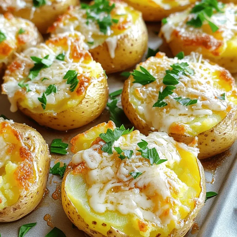 Für die Knoblauch Parmesan zerdrückten Kartoffeln benötigst du: - 900 g Baby-Goldkartoffeln - 4 Knoblauchzehen, fein gehackt - 50 g geriebener Parmesan - 60 g ungesalzene Butter, geschmolzen - 60 ml Schlagsahne - 2 Esslöffel frische Petersilie, gehackt - Salz und Pfeffer nach Geschmack - Olivenöl (zum Beträufeln) Diese Zutaten bilden die Grundlage für ein einfaches, aber köstliches Gericht. Die Baby-Goldkartoffeln sind klein und haben eine süße Note. Sie zerfallen nicht leicht und halten ihre Form gut. Ich empfehle, hochwertige Zutaten zu wählen. Für die Butter ist ungesalzene Butter ideal. Marken wie „Alpenmilch“ oder „Lurpak“ sind zuverlässig. Für Parmesan wähle frisch geriebenen Käse. „Grana Padano“ oder „Parmigiano-Reggiano“ sind ausgezeichnet. Diese Produkte sorgen für den besten Geschmack. Verwende feines Meersalz und frisch gemahlenen schwarzen Pfeffer. Diese Gewürze bringen den besten Geschmack in dein Gericht. Du kannst auch zusätzliche Kräuter wie Thymian oder Rosmarin hinzufügen. Diese geben den Kartoffeln eine besondere Note. Achte darauf, die Gewürze gut zu dosieren, damit sie nicht überhandnehmen. Um die perfekten Knoblauch Parmesan zerdrückten Kartoffeln zu machen, beginnen wir mit den Baby-Goldkartoffeln. Nimm 900 g Kartoffeln und lege sie in einen großen Topf. Decke sie mit Wasser zu und bringe das Wasser zum Kochen. Lasse die Kartoffeln 15-20 Minuten kochen. Die Kartoffeln sind fertig, wenn du sie mit einer Gabel leicht durchstechen kannst. Lass sie dann abtropfen und etwas abkühlen. Heize deinen Ofen auf 220°C vor. Während der Ofen aufheizt, lege die abgekühlten Kartoffeln auf ein mit Backpapier ausgelegtes Blech. Jetzt kommt der spaßige Teil! Drücke jede Kartoffel vorsichtig mit dem Boden eines Glases oder einem Kartoffelstampfer. Die Kartoffeln sollen leicht zerdrückt, aber ganz bleiben. Das sorgt für die perfekte Textur. In einer Schüssel vermenge vier fein gehackte Knoblauchzehen, 60 g geschmolzene Butter, 60 ml Schlagsahne und die Hälfte von 50 g geriebenem Parmesan. Füge Salz und Pfeffer nach Geschmack hinzu. Diese Mischung wird den Kartoffeln einen tollen Geschmack verleihen. Beträufle die zerdrückten Kartoffeln gleichmäßig mit dieser Knoblauchmischung. Achte darauf, dass sie gut bedeckt sind für den besten Geschmack. Um die perfekten zerdrückten Kartoffeln zu machen, achte auf die Wahl der Kartoffeln. Ich empfehle Baby-Goldkartoffeln. Sie sind cremig und haben einen tollen Geschmack. Koche sie in leicht gesalzenem Wasser, bis sie weich sind. Lass sie danach etwas abkühlen. Drücke sie vorsichtig, aber nicht zu fest. Du willst sie zerdrücken, aber nicht zu Brei machen. So bleiben sie schön fest und lecker. Du kannst dieses Rezept ganz einfach anpassen. Magst du es schärfer? Füge etwas rote Paprika oder Cayennepfeffer hinzu. Willst du einen anderen Käse? Probiere Feta oder Cheddar. Du kannst auch Speckstücke oder Zwiebeln für mehr Geschmack hinzufügen. Lass deiner Kreativität freien Lauf und finde deinen eigenen Twist! Frische Kräuter bringen viel Geschmack. Ich nutze oft Petersilie, aber du kannst auch Schnittlauch oder Thymian nehmen. Hacke die Kräuter klein und streue sie über die Kartoffeln, bevor du sie backst. Das gibt einen frischen, tollen Geschmack. Du kannst die Kräuter auch in die Knoblauchmischung geben. So wird das Aroma noch intensiver! {{image_4}} Du kannst den Parmesan in diesem Rezept leicht ändern. Probiere Pecorino für einen schmackhaften Twist. Gouda gibt einen süßen Geschmack, während Cheddar mehr Tiefe bringt. Jeder Käse bringt seinen eigenen Charakter. Experimentiere und finde deinen Favoriten! Für eine vegane Version ersetze die Butter durch pflanzliche Margarine. Nutze Cashew-Creme anstelle der Schlagsahne. Statt Parmesan kannst du Hefeflocken verwenden, um einen ähnlichen Geschmack zu erzielen. So bleibt das Gericht lecker und tierfrei. Möchtest du etwas mehr Farbe? Füge geröstete Paprika oder Spinat hinzu. Auch gebratene Pilze passen gut. Für einen herzhaften Geschmack kannst du Speck oder Schinkenwürfel dazugeben. Diese Zutaten machen die Kartoffeln noch interessanter. Um die Knoblauch Parmesan zerdrückten Kartoffeln frisch zu halten, lassen Sie sie zuerst abkühlen. Packen Sie die Reste in einen luftdichten Behälter. So bleiben die Kartoffeln weich und schmackhaft. Fügen Sie etwas Olivenöl hinzu, um die Feuchtigkeit zu bewahren. Lagern Sie die Reste im Kühlschrank für die besten Ergebnisse. Wenn Sie die Kartoffeln einfrieren möchten, lassen Sie sie ganz abkühlen. Legen Sie sie in einen gefriergeeigneten Beutel. Drücken Sie die Luft heraus und schließen Sie den Beutel gut. Zum Wiedererwärmen, tauen Sie die Kartoffeln im Kühlschrank auf. Backen Sie sie dann bei 180°C (350°F) für etwa 20 Minuten. So bleiben sie knusprig und lecker. Im Kühlschrank halten sich die Knoblauch Parmesan zerdrückten Kartoffeln etwa 3 bis 5 Tage. Achten Sie darauf, dass der Behälter gut verschlossen ist. Wenn die Kartoffeln anfangen, komisch zu riechen oder ihre Farbe ändern, werfen Sie sie weg. Sicherheit geht vor! Die Kochzeit für die Baby-Goldkartoffeln beträgt 15 bis 20 Minuten. Sie sind bereit, wenn eine Gabel leicht hinein geht. Achte darauf, dass sie nicht zu weich werden. Kochen sie zu lange, verlieren sie ihren guten Biss. Ja, du kannst die Kartoffeln im Voraus zubereiten. Koche sie und lasse sie abkühlen. Danach kannst du sie im Kühlschrank aufbewahren. Wenn du bereit bist, backe sie einfach nach dem Rezept. So sparst du Zeit bei deinem Hauptgericht. Diese Kartoffeln passen gut zu vielen Gerichten. Probiere sie mit gegrilltem Fleisch oder Fisch. Sie harmonieren auch gut mit frischem Gemüse oder einem knackigen Salat. Die Aromen ergänzen sich wunderbar und machen dein Essen noch besser. Der Artikel hat die Hauptzutaten und die Zubereitung von Knoblauch Parmesan Zerdrückten Kartoffeln behandelt. Ich habe Tipps gegeben, um perfekte Kartoffeln zu bekommen und das Rezept anzupassen. Variationen zeigen, wie Sie es nach Ihrem Geschmack ändern können. Reste lassen sich einfach lagern und wieder aufwärmen. Probieren Sie die verschiedenen Ideen aus und finden Sie Ihre Favoriten. Kochen soll Spaß machen und Kreativität fördern. Genießen Sie Ihre leckeren Kartoffeln!