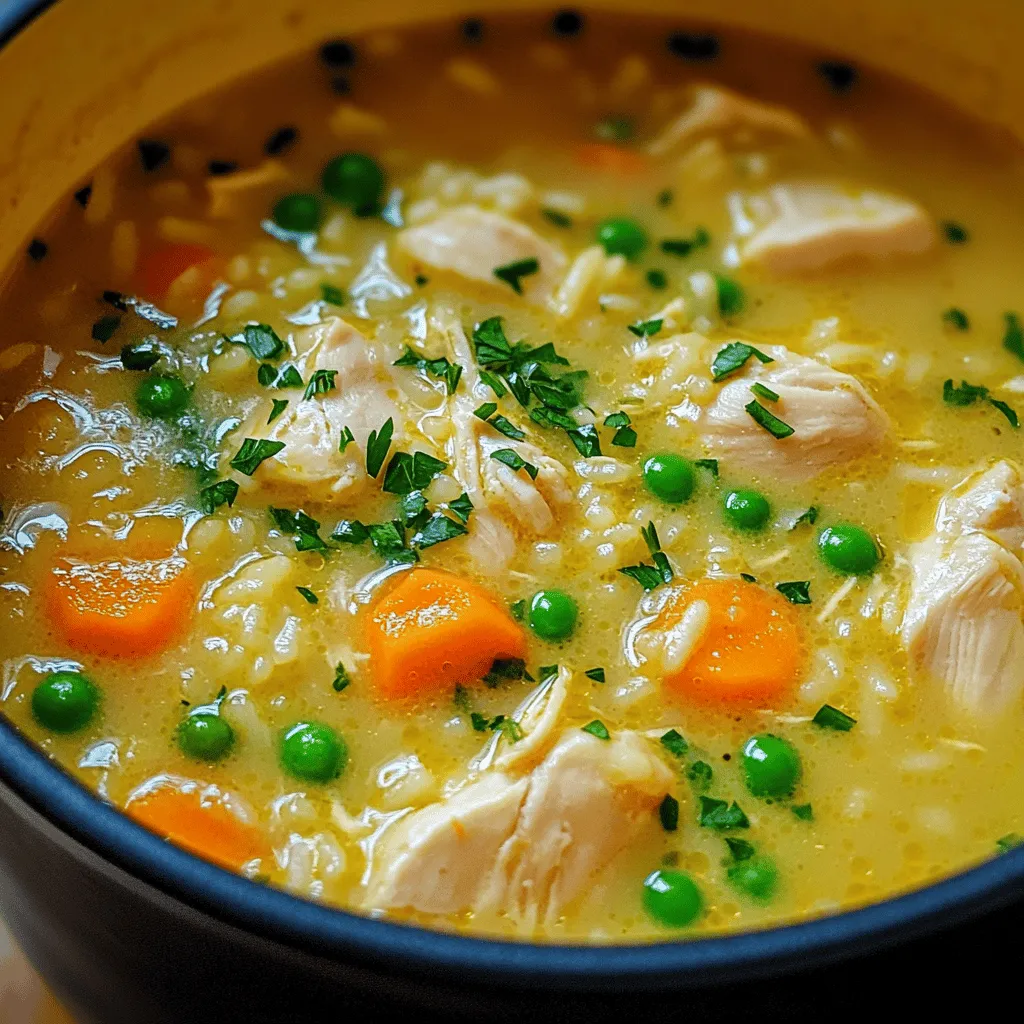 Für die cremige Hühner-Reis-Suppe benötigen Sie folgende Hauptzutaten: - 450g entbeinte und hautlose Hähnchenschenkel, gewürfelt - 1 Tasse ungekochter Jasminreis - 1 große Zwiebel, gewürfelt - 2 Knoblauchzehen, gehackt - 2 mittlere Karotten, gewürfelt - 2 Selleriestangen, gewürfelt - 1 Tasse gefrorene Erbsen - 4 Tassen natriumarme Hühnerbrühe - 1 Tasse Vollmilch (oder Sahne für mehr Cremigkeit) Diese Zutaten bringen viel Geschmack und Nährstoffe in die Suppe. Ich wähle immer frische Produkte, wenn möglich. Für den perfekten Geschmack verwenden Sie: - 1 Teelöffel getrockneten Thymian - 1 Teelöffel getrockneten Oregano - 3 Esslöffel Olivenöl - Salz und Pfeffer nach Geschmack Diese Gewürze und das Olivenöl sorgen für ein tolles Aroma. Sie können die Gewürze nach Ihrem Geschmack anpassen. Um die Suppe zu verfeinern, empfehle ich: - Frische Petersilie, gehackt Die Petersilie bringt Farbe und einen frischen Geschmack. Garnieren Sie die Suppe damit, bevor Sie sie servieren. Zuerst erhitze ich das Olivenöl in einem großen Topf bei mittlerer Hitze. Dann füge ich die gewürfelte Zwiebel, Karotten und Sellerie hinzu. Ich brate das Gemüse für 5 bis 7 Minuten an. Es soll weich werden, aber nicht braun. Jetzt kommt der gehackte Knoblauch dazu. Ich rühre ihn gut ein, gefolgt von den gewürfelten Hähnchenschenkeln. Ich koche alles weitere 5 bis 7 Minuten, bis das Hähnchen leicht bräunt. So bekommt die Suppe einen tollen Geschmack. Ich streue jetzt den getrockneten Thymian und Oregano über die Mischung. Salz und Pfeffer dürfen auch nicht fehlen. Ich mische alles gut, damit die Gewürze gleichmäßig verteilt sind. So wird jedes Stück Hähnchen und Gemüse aromatisch. Sobald die Gewürze gut verteilt sind, füge ich die natriumarme Hühnerbrühe hinzu. Ich bringe alles zum Köcheln und rühre den ungekochten Jasminreis ein. Ich lasse die Mischung 15 bis 20 Minuten kochen, bis der Reis zart ist. Wenn der Reis gar ist, reduziere ich die Hitze auf niedrig. Jetzt rühre ich die Vollmilch oder Sahne ein. Wenn ich Milch benutze, erhitze ich die Suppe sanft, ohne sie zum Kochen zu bringen. Dann kommen die gefrorenen Erbsen hinzu. Ich erhitze sie für etwa 5 Minuten, bis sie warm sind. Ich schmecke die Suppe ab. Falls nötig, würze ich mit mehr Salz und Pfeffer. So stelle ich sicher, dass der Geschmack perfekt ist. Jetzt ist es Zeit zu servieren! Ich schöpfe die Suppe in Schalen und garniere sie mit frischer, gehackter Petersilie. Die Petersilie bringt Farbe und zusätzlichen Geschmack. So wird meine cremige Hühner-Reis-Suppe zu einem wärmenden Genuss. Um die perfekte cremige Hühner-Reis-Suppe zu machen, achte auf frische Zutaten. Frisches Gemüse bringt den besten Geschmack. Du solltest das Gemüse richtig anbraten. Das gibt der Suppe Tiefe und Aroma. Verwende natriumarme Brühe, um den Salzgehalt zu kontrollieren. Achte darauf, den Reis nicht zu lange zu kochen. Er wird sonst matschig. Eine gute Konsistenz ist wichtig für den Genuss. Ein häufiger Fehler ist, zu viel Flüssigkeit hinzuzufügen. Zu viel Brühe macht die Suppe dünn. Ein weiterer Fehler ist, die Milch zu schnell hinzuzufügen. Du solltest die Suppe nur sanft erhitzen, damit die Milch nicht gerinnt. Achte auch darauf, die Gewürze gleichmäßig zu verteilen. So erhält jeder Bissen den gleichen Geschmack. Zu wenig Würze lässt die Suppe fade schmecken. Du kannst die Suppe leicht anpassen. Füge mehr Gemüse wie Spinat oder Brokkoli hinzu. Das gibt Farb und Nährstoffe. Wenn du es schärfer magst, kannst du rote Paprika oder Chili verwenden. Für einen besonderen Geschmack probiere frische Kräuter wie Thymian oder Basilikum. Diese bringen frischen Wind in die Suppe. Denke an verschiedene Reisarten. Basmati oder Wildreis können neue Geschmackserlebnisse bieten. {{image_4}} Um die cremige Hühner-Reis-Suppe vegetarisch zu machen, ersetzen Sie das Hähnchen durch Gemüse. Verwenden Sie gewürfelte Tofu- oder Kichererbsen für Protein. Sie können zusätzlich mehr Gemüse wie Paprika oder Brokkoli hinzufügen. Nutzen Sie Gemüsebrühe anstelle von Hühnerbrühe. Die Milch kann durch pflanzliche Alternativen wie Mandel- oder Hafermilch ersetzt werden. Diese Anpassungen behalten die Cremigkeit der Suppe. Um die Suppe glutenfrei zu gestalten, wählen Sie glutenfreie Brühe. Achten Sie darauf, dass der verwendete Reis keine Glutenquellen enthält. Jasminreis ist eine gute Wahl, da er von Natur aus glutenfrei ist. Vermeiden Sie auch bestimmte Gewürzmischungen, die Weizen enthalten können. Mit diesen Änderungen bleibt die Suppe für alle verträglich. Die Zubereitung im Slow Cooker macht das Kochen einfach. Geben Sie alle festen Zutaten in den Slow Cooker. Fügen Sie Hühnerbrühe und Gewürze hinzu. Kochen Sie die Mischung auf niedriger Stufe für 6-8 Stunden. Fügen Sie dann die Milch und gefrorenen Erbsen hinzu. Lassen Sie die Suppe weitere 30 Minuten auf niedriger Stufe kochen. Diese Methode bringt die Aromen gut zur Geltung und spart Ihnen Zeit. Um die cremige Hühner-Reis-Suppe frisch zu halten, solltest du sie in einem luftdichten Behälter aufbewahren. Lass die Suppe zuerst auf Raumtemperatur abkühlen. Dann decke sie gut ab. Im Kühlschrank bleibt sie etwa 3 bis 4 Tage frisch. Achte darauf, die Suppe nicht zu lange stehen zu lassen, um Bakterien zu vermeiden. Wenn du viel Suppe gemacht hast, kannst du sie auch einfrieren. Fülle die abgekühlte Suppe in gefriergeeignete Behälter oder Gefrierbeutel. Lass etwas Platz für die Ausdehnung beim Einfrieren. So bleibt die Suppe bis zu 3 Monate haltbar. Beschrifte die Behälter mit dem Datum, um den Überblick zu behalten. Zum Aufwärmen nimm die gewünschte Portion aus dem Kühlschrank oder Gefrierfach. Wenn die Suppe gefroren ist, lasse sie zuerst im Kühlschrank auftauen. Um die Suppe zu erhitzen, gib sie in einen Topf und erwärme sie bei mittlerer Hitze. Rühre oft um, damit sie gleichmäßig warm wird. Falls die Suppe zu dick ist, kannst du etwas Brühe oder Wasser hinzufügen. Die cremige Hühner-Reis-Suppe hält sich im Kühlschrank 3 bis 4 Tage. Achte darauf, sie in einem luftdichten Behälter zu lagern. Wenn du sie länger aufbewahren möchtest, friere die Suppe ein. So bleibt sie bis zu 3 Monate frisch. Achte darauf, die Suppe vor dem Einfrieren abzukühlen. Ja, du kannst die Milch weglassen. Die Suppe bleibt auch ohne Milch lecker. Du kannst sie einfach mit mehr Brühe oder Wasser zubereiten. Wenn du eine andere cremige Textur möchtest, probiere Kokosmilch oder Mandelmilch. Diese Alternativen bringen einen neuen Geschmack in die Suppe. Ja, du kannst andere Reisarten verwenden. Brauner Reis oder Basmati-Reis sind gute Alternativen. Wenn du braunen Reis nutzt, koche ihn länger, damit er weich wird. Achte darauf, die Flüssigkeitsmenge anzupassen, da verschiedene Reisarten unterschiedlich viel Wasser benötigen. Um die Suppe würziger zu machen, füge mehr Gewürze hinzu. Chili-Flocken oder Cayenne-Pfeffer bringen Wärme. Du kannst auch frische Kräuter wie Basilikum oder Koriander hinzufügen. Eine Prise Zitronensaft am Ende bringt einen frischen Geschmack und hebt die Aromen hervor. Zu dieser Suppe passen viele Beilagen. Ein einfaches Baguette oder frisches Brot ist ideal. Salate mit frischem Gemüse ergänzen die Suppe gut. Auch ein Stück Käse oder Cracker bieten einen guten Crunch. Probier verschiedene Kombinationen aus, um deinen perfekten Genuss zu finden. Diese Anleitung zeigt, wie man eine cremige Hühner-Reis-Suppe zubereitet. Wir starteten mit den Hauptzutaten und Gewürzen. Dann folgten wir Schritt für Schritt, von Gemüse anbraten bis zum perfekten Servieren. Ich teilte nützliche Tipps, um häufige Fehler zu vermeiden. Variationen helfen, jeder schon einen eigenen Twist hinzuzufügen. Denke daran, die Suppe richtig zu lagern und einzufrieren. Frag dich, wie du das Rezept nach deinem Geschmack anpassen kannst. Mit diesen Informationen gelingt dir eine köstliche Suppe, die du immer wieder genießen kannst.