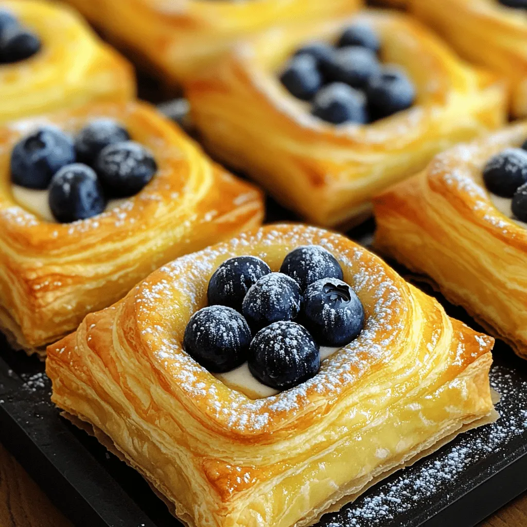 Für die perfekte Cremige Käse-Danish brauchst du einige wichtige Zutaten: - 1 Blatt Blätterteig, aufgetaut - 225 g Frischkäse, weich gerührt - 60 g Puderzucker - 1 Teelöffel Vanilleextrakt - 1 Eigelb - 1 Esslöffel Zitronensaft - 60 g frische Blaubeeren (oder Früchte nach Wahl) - 1 Ei, verquirlt (für das Eigelb) - Puderzucker zum Bestäuben Diese Zutaten sorgen für den köstlichen Geschmack und die cremige Textur. Der Blätterteig gibt einen knusprigen Biss, während die Füllung süß und frisch ist. Wenn du kreativ sein willst, kannst du verschiedene Zutaten hinzufügen: - Andere Früchte wie Himbeeren oder Erdbeeren - Eine Prise Zimt für extra Wärme - Ein bisschen Schokolade für einen süßen Kick - Mandeln oder Walnüsse für mehr Textur Diese Variationen machen dein Rezept einzigartig und bringen neue Aromen in deine Danish. Die Auswahl der Zutaten ist wichtig für den Geschmack. Hier sind einige Tipps: - Wähle frischen Frischkäse. Er sollte glatt und cremig sein. - Achte darauf, dass der Blätterteig gut aufgetaut ist. So lässt er sich besser verarbeiten. - Frische Früchte sind immer besser als Konserven. Sie bringen mehr Geschmack. - Verwende hochwertigen Puderzucker. Er sorgt für die beste Süße. Diese Tipps helfen dir, die besten Ergebnisse zu erzielen. Guten Appetit! Zuerst heize deinen Ofen auf 200°C vor. Lege ein Backblech mit Backpapier aus. Nimm das aufgetaute Blatt Blätterteig und rolle es auf einer leicht bemehlten Fläche aus. Achte darauf, dass du die Falten glättest. Schneide den Teig in 4 gleich große Quadrate. Diese Quadrate sind die Basis für deine Käse-Danish. In einer Rührschüssel gibst du 225 g weichen Frischkäse. Füge 60 g Puderzucker, 1 Teelöffel Vanilleextrakt, 1 Eigelb und 1 Esslöffel Zitronensaft hinzu. Mixe alles gut mit einem Handmixer oder einem Schneebesen. Die Mischung sollte glatt und cremig sein. Diese Füllung gibt deiner Danish den tollen Geschmack. Nimm einen großzügigen Löffel der Käsefüllung und gib ihn in die Mitte jedes Blätterteig-Quadrats. Falten die Ecken der Teigquadrate zur Mitte. Drücke die Ecken leicht zusammen, damit sie gut verschlossen sind. Bestreiche die Oberseite jeder Danish mit dem verquirlten Ei. Setze ein paar frische Blaubeeren auf die Füllung. Backe die Kreationen im Ofen für 15-20 Minuten. Sie sind fertig, wenn der Teig goldbraun und aufgebläht ist. Lass die Danish kurz abkühlen und bestäube sie dann mit Puderzucker. Einer der häufigsten Fehler ist, den Blätterteig nicht richtig auszurollen. Stellen Sie sicher, dass er dünn und gleichmäßig ist. Wenn der Teig zu dick ist, wird er nicht schön knusprig. Ein anderer Fehler ist, die Füllung zu überfüllen. Eine großzügige Menge reicht aus. Zu viel Füllung lässt sich schwer verschließen und kann beim Backen auslaufen. Um die perfekte Goldfarbe zu erreichen, verwenden Sie das verquirlte Ei. Bestreichen Sie die Oberseite der Danish gut, aber nicht zu dick. Ein gleichmäßiger Anstrich hilft beim gleichmäßigen Bräunen. Achten Sie darauf, die Danish im vorgeheizten Ofen zu backen. Dies sorgt für eine gleichmäßige Hitze und ein besseres Aufgehen des Teigs. Zusätzliche Toppings machen Ihre Käse-Danish noch besser. Frische Früchte wie Himbeeren oder Erdbeeren passen gut. Auch ein Spritzer Honig oder ein wenig Marmelade kann die Aromen intensivieren. Wenn Sie es lieber süß mögen, probieren Sie einen Hauch von Zimt oder geröstete Nüsse. Diese Toppings bringen nicht nur Geschmack, sondern auch eine schöne Optik. {{image_4}} Die klassische Käse-Danish schmeckt toll mit Frischkäse. Du kannst aber auch andere Käsesorten verwenden. Ricotta ist eine gute Wahl. Er macht die Füllung leicht und cremig. Mascarpone bringt einen süßeren Geschmack. Du kannst sogar Ziegenkäse probieren. Dieser gibt deiner Danish eine einzigartige Note. Früchte machen die Käse-Danish noch leckerer. Blaubeeren sind toll, aber probiere auch andere Früchte. Himbeeren sind frisch und sauer. Erdbeeren bringen Süße und Farbe. Du kannst auch Pfirsiche oder Äpfel verwenden. Schneide sie klein, bevor du sie hinzufügst. So verteilt sich der Geschmack besser. Für eine vegane Käse-Danish gibt es viele Optionen. Verwende pflanzlichen Frischkäse. Er ist leicht und hat einen tollen Geschmack. Du kannst auch Seidentofu nutzen. Mische ihn mit etwas Zitronensaft und Puderzucker. So bekommst du eine cremige Füllung. Vergiss nicht, auch die Blätterteigbasis zu überprüfen. Viele Marken sind vegan. Um die Cremige Käse-Danish frisch zu halten, lagern Sie sie in einem luftdichten Behälter. Stellen Sie sicher, dass der Behälter gut verschlossen ist. So bleibt der Blätterteig knusprig und die Füllung bleibt cremig. Wenn Sie die Danish im Kühlschrank aufbewahren, nutzen Sie diese innerhalb von drei Tagen. Vermeiden Sie es, die Danish bei Zimmertemperatur zu lassen, da sie schnell weich werden können. Wenn Sie die Käse-Danish wieder aufwärmen möchten, nutzen Sie den Ofen. Heizen Sie ihn auf 180°C vor. Legen Sie die Danish auf ein Backblech und backen Sie sie für etwa 5–10 Minuten. Dies hilft, den Blätterteig wieder knusprig zu machen. Vermeiden Sie die Mikrowelle, da dies die Danish weich macht und sie ihren knusprigen Biss verlieren. Die Haltbarkeit der Cremigen Käse-Danish beträgt etwa drei Tage im Kühlschrank. Sie können die Danish auch einfrieren, wenn Sie sie länger aufbewahren möchten. Wickeln Sie jede Danish gut in Frischhaltefolie und legen Sie sie in einen Gefrierbeutel. So bleiben sie bis zu drei Monate frisch. Zum Auftauen lassen Sie sie einfach über Nacht im Kühlschrank. Die Zubereitung einer cremigen Käse-Danish dauert etwa 40 Minuten. Davon sind 20 Minuten für die Vorbereitung und 20 Minuten für das Backen nötig. In dieser Zeit können Sie einen tollen Snack oder ein Dessert zaubern. Ja, Sie können die Füllung im Voraus zubereiten. Mischen Sie einfach den Frischkäse, Puderzucker, Vanilleextrakt, Eigelb und Zitronensaft. Bewahren Sie die Mischung in einem luftdichten Behälter im Kühlschrank auf. So sparen Sie Zeit, wenn Sie die Danish backen möchten. Die besten Beilagen sind frische Früchte, wie Himbeeren oder Erdbeeren. Auch ein Klecks Sahne oder eine Tasse Kaffee passen gut dazu. Diese Beilagen machen das Erlebnis noch besser. Probieren Sie es aus und finden Sie Ihre Lieblingskombination! Die Cremige Käse-Danish ist ein einfaches, aber köstliches Rezept. Wir haben die besten Zutaten und deren Variationen besprochen. Du hast gelernt, wie du Blätterteig und die Füllung vorbereitest. Auch Tipps zur Lagerung und vermeidbare Fehler waren enthalten. Zum Schluss hast du Antworten auf häufige Fragen erhalten. Nutze diese Anleitung, um deine eigenen Varianten zu kreieren. Viel Spaß beim Backen und Genießen deiner Käse-Danish!