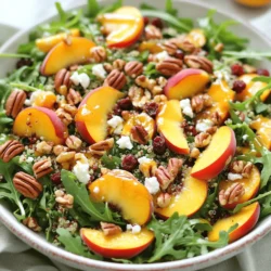 - 4 reife Pfirsiche, gewürfelt - 2 Tassen frischer Rucola - 1 Tasse gekochte Quinoa Die Hauptbestandteile sind wichtig für den Geschmack. Reife Pfirsiche bringen Süße. Rucola fügt einen pfeffrigen Kick hinzu. Gekochte Quinoa sorgt für gesunde Fette und Proteine. - 1/2 Tasse Fetakäse, zerbröckelt - 1/4 Tasse Pekannüsse, geröstet und grob gehackt - 1/4 Tasse getrocknete Cranberries oder Kirschen Diese Zutaten verleihen dem Salat Textur und Geschmack. Fetakäse bringt eine salzige Note. Pekannüsse fügen Crunch hinzu, und die Cranberries oder Kirschen sorgen für einen fruchtigen Touch. - 3 Esslöffel Honig - 2 Esslöffel frischer Zitronensaft - 1 Esslöffel natives Olivenöl extra Das Dressing ist einfach und lecker. Honig bringt Süße, während Zitronensaft Frische bringt. Das Olivenöl rundet den Geschmack ab. Achte darauf, alle Zutaten gut zu vermischen, damit der Salat perfekt schmeckt. Um die Quinoa vorzubereiten, beginne mit 1 Tasse Quinoa und 2 Tassen Wasser. Gib die Quinoa in einen Topf mit Wasser. Bringe das Wasser zum Kochen, dann reduziere die Hitze. Lass die Quinoa 15 Minuten köcheln, bis das Wasser aufgesogen ist. Nimm den Topf vom Herd und lass die Quinoa 5 Minuten ruhen. Danach lockere die Quinoa mit einer Gabel auf und lass sie auf Zimmertemperatur abkühlen. Jetzt ist es Zeit, den Salat zusammenzustellen. In einer großen Schüssel vermenge die gewürfelten Pfirsiche und den frischen Rucola. Füge die abgekühlte Quinoa und den zerbröckelten Feta hinzu. Rühre die Mischung vorsichtig um. Du kannst auch die gerösteten Pekannüsse und die getrockneten Cranberries dazugeben. Diese Zutaten sorgen für einen tollen Geschmack und Textur. Für das Dressing nimm eine kleine Schüssel. Mische 3 Esslöffel Honig, 2 Esslöffel Zitronensaft und 1 Esslöffel Olivenöl. Rühre alles gut um, bis es gut vermischt ist. Gieße das Dressing über die Salatmischung. Mische den Salat vorsichtig, damit das Dressing gleichmäßig verteilt ist. Schmecke den Salat ab und füge nach Bedarf Salz und Pfeffer hinzu. Um den besten Geschmack zu bekommen, wähle reife Pfirsiche. Achte auf die Farbe. Sie sollten gelb oder leicht rot sein. Drücke leicht auf die Frucht. Sie sollte weich, aber nicht matschig sein. Wenn du einen süßen Duft spürst, sind sie bereit. Vermeide unripe oder zu harte Pfirsiche, denn sie sind nicht so lecker. Die Quinoa ist leicht zuzubereiten. Spüle sie zuerst unter kaltem Wasser. Das entfernt Bitterstoffe. Koche sie dann in der doppelten Menge Wasser. Verwende einen Topf mit Deckel. Lass die Quinoa kochen, bis das Wasser verdampft ist. Achte auf die Konsistenz. Sie sollte locker und leicht sein. Wenn sie fertig ist, lasse sie abkühlen. So bleibt der Salat frisch und lecker. Die Präsentation macht viel aus. Verwende eine große, flache Schüssel. Das sieht schön aus und bietet Platz für die Farben. Garniere den Salat mit Pfirsichscheiben und Pekannüssen. Das gibt ihm einen besonderen Touch. Achte darauf, dass alles gleichmäßig verteilt ist. So sieht der Salat einladend aus und schmeckt noch besser. {{image_4}} Wenn Sie etwas Abwechslung suchen, probieren Sie Mandeln oder Walnüsse. Diese Nüsse bringen einen anderen Geschmack und eine neue Textur in den Salat. Mandeln haben einen milden, süßen Geschmack. Sie passen gut zu den süßen Pfirsichen. Walnüsse sind etwas herzhafter und geben dem Salat mehr Biss. Rösten Sie die Nüsse kurz in einer Pfanne. So werden sie knusprig und intensivieren ihren Geschmack. Sie können den Salat auch mit anderen Früchten aufpeppen. Mango oder Ananas sind tolle Optionen. Mango bringt eine tropische Süße und passt perfekt zu den Pfirsichen. Ananas gibt eine erfrischende, saftige Note. Schneiden Sie die Früchte in kleine Stücke und mischen Sie sie unter die anderen Zutaten. Diese Variationen machen den Salat noch interessanter und leckerer. Das Dressing ist der Schlüssel zu einem großartigen Salat. Sie können mit verschiedenen Dressings experimentieren. Versuchen Sie, den Honig durch Ahornsirup zu ersetzen. Das gibt dem Dressing eine neue Süße. Ein Joghurt-Dressing kann auch eine cremige Textur bieten. Mischen Sie griechischen Joghurt, Zitronensaft und etwas Olivenöl. Das macht den Salat reichhaltiger und noch schmackhafter. Lassen Sie Ihrer Kreativität freien Lauf und finden Sie Ihr persönliches Lieblingsdressing! Um den Millionärspfirsich-Salat frisch zu halten, lagere die Reste im Kühlschrank. Verwende einen luftdichten Behälter, um die Aromen zu bewahren. So bleibt der Salat knackig und lecker. Du kannst auch die Dressing-Zutaten getrennt aufbewahren. Das verhindert, dass der Salat matschig wird. Der Salat bleibt im Kühlschrank etwa zwei bis drei Tage frisch. Die Pfirsiche können nach ein paar Tagen weich werden. Achte darauf, den Salat gut zu überprüfen, bevor du ihn isst. Wenn er anders riecht oder aussieht, entsorge ihn. Du kannst die Quinoa und das Dressing im Voraus zubereiten. Dies spart Zeit und macht die Zubereitung schnell. Halte die Pfirsiche und den Rucola bis kurz vor dem Servieren bereit. So bleiben sie frisch und knackig. Mische alles erst kurz vor dem Essen, um die beste Textur zu gewährleisten. Ja, du kannst den Salat leicht vegan machen. Ersetze den Fetakäse durch eine pflanzliche Feta-Alternative oder zerdrückte Avocado. Für den Honig kannst du Agavendicksaft oder Ahornsirup verwenden. Diese Optionen bieten einen ähnlichen Geschmack und eine tolle Konsistenz. Um den Salat würziger zu gestalten, füge Gewürze wie Kreuzkümmel oder Paprika hinzu. Du kannst auch frische Kräuter wie Basilikum oder Minze verwenden. Ein Spritzer scharfer Sauce bringt eine angenehme Schärfe. Experimentiere mit verschiedenen Gewürzen, um deinen perfekten Geschmack zu finden. Ja, dieser Salat ist sehr gesund. Pfirsiche sind reich an Vitaminen. Rucola liefert wichtige Mineralstoffe. Quinoa enthält viel Protein und Ballaststoffe. Pekannüsse bringen gesunde Fette mit. Die Kombination fördert ein gutes Sättigungsgefühl. Dieses Gericht ist nahrhaft und lecker zugleich. Dieser Blogpost gab dir alles über einen leckeren Salat mit frischen Pfirsichen. Du hast gelernt, welche Zutaten wichtig sind und wie man sie zubereitet. Ich habe Tipps gegeben, damit dein Salat perfekt wird, von der Auswahl der Pfirsiche bis zur Anrichtung. Denke daran, du kannst variieren. Probiere andere Früchte oder Nüsse aus. Mit den Aufbewahrungshinweisen bleibst du flexibel und kannst auch Reste genießen. Guten Appetit!