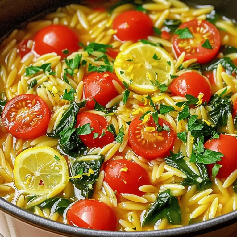 - 1 Tasse Orzo-Nudeln - 4 Tassen Gemüsebrühe - 3 Esslöffel Olivenöl - 4 Knoblauchzehen, fein gehackt - 1 kleine Zwiebel, fein gewürfelt - Abrieb von 1 Zitrone - Saft von 1 Zitrone - 1 Tasse Kirschtomaten, halbiert - 1 Tasse Spinat, grob gehackt - 1/2 Teelöffel rote Pfefferflocken (optional) - Salz und Pfeffer nach Geschmack - Frische Petersilie, gehackt (zum Garnieren) - Geriebener Parmesan (optional, zum Servieren) Ich verwende Orzo-Nudeln, aber Sie können auch andere kleine Pasta nehmen. Statt Gemüsebrühe hilft Hühnerbrühe für mehr Geschmack. Olivenöl ist mein Favorit, aber Sonnenblumen- oder Rapsöl sind auch gut. Wenn Sie keinen frischen Knoblauch haben, verwenden Sie Knoblauchpulver. Zwiebeln sind wichtig, aber Schalotten sind ein toller Ersatz. Für die Zitrone, falls nicht frisch, ist Zitronensaft aus der Flasche eine Option. Kirschtomaten können durch normale Tomaten ersetzt werden. Spinat ist gesund, aber Mangold passt auch gut. Wählen Sie frische Zutaten, um den Geschmack zu maximieren. Achten Sie auf die Zwiebeln; sie sollten fest sein und keine braunen Stellen haben. Knoblauchzehen müssen fest und trocken sein. Für Zitronen sollten Sie solche mit glatter, glänzender Schale auswählen. Kirschtomaten sollten prall und rot sein. Der Spinat sollte knackig und grün aussehen. Frische Petersilie gibt Farbe und Aroma. Kaufen Sie alles, wenn möglich, lokal und frisch. So schmeckt Ihr Gericht noch besser! Um diesen Eintopf Zitronen-Knoblauch-Orzo zuzubereiten, müssen wir zuerst die Zutaten bereitstellen. Hier sind die Zutaten, die du brauchst: - 1 Tasse Orzo-Nudeln - 4 Tassen Gemüsebrühe - 3 Esslöffel Olivenöl - 4 Knoblauchzehen, fein gehackt - 1 kleine Zwiebel, fein gewürfelt - Abrieb von 1 Zitrone - Saft von 1 Zitrone - 1 Tasse Kirschtomaten, halbiert - 1 Tasse Spinat, grob gehackt - 1/2 Teelöffel rote Pfefferflocken (optional) - Salz und Pfeffer nach Geschmack - Frische Petersilie, gehackt (zum Garnieren) - Geriebener Parmesan (optional, zum Servieren) Stelle sicher, dass alles frisch ist. Frisches Gemüse macht den Geschmack besser. Ich empfehle, die Zwiebel und den Knoblauch klein zu schneiden. So geben sie mehr Geschmack ab. 1. Erhitze das Olivenöl in einem großen Topf bei mittlerer Hitze. 2. Füge die gewürfelte Zwiebel und den gehackten Knoblauch hinzu. Brate alles an, bis die Zwiebel leicht glasig ist. Das dauert etwa 3-4 Minuten. 3. Gib das Orzo in den Topf. Rühre um, damit es das Öl gut aufnimmt. Röste das Orzo für etwa 2 Minuten, bis es leicht goldbraun wird. Rühre dabei oft um. 4. Gieße die Gemüsebrühe in den Topf. Füge den Zitronenabrieb und die roten Pfefferflocken hinzu, falls du sie benutzt. Bringe alles zum Kochen. 5. Wenn die Mischung kocht, reduziere die Hitze auf niedrig. Decke den Topf ab und lasse es etwa 10-12 Minuten köcheln. Rühre gelegentlich um, damit nichts anbrennt. 6. Nehme den Topf vom Herd. Rühre den Zitronensaft, die halbierten Kirschtomaten und den Spinat ein. Rühre, bis der Spinat verwelkt ist und alles gut vermischt ist. 7. Schmecke das Gericht ab und würze nach Belieben mit Salz und Pfeffer. Wenn du magst, füge etwas geriebenen Parmesan für mehr Cremigkeit hinzu. 8. Serviere das Gericht warm. Garniere es mit frischer Petersilie und extra Zitronenabrieb, wenn du möchtest. Die Kochzeit ist wichtig, um das Orzo perfekt zuzubereiten. Achte darauf, dass das Orzo al dente bleibt. Das bedeutet, es sollte weich, aber noch bissfest sein. Die Gesamtzeit beträgt etwa 25 Minuten, einschließlich der Vorbereitungszeit. Wenn du das Gericht zu lange kochst, wird das Orzo matschig. Halte die Hitze niedrig, wenn du es köcheln lässt. So bleibt der Geschmack frisch und lecker. Ein häufiger Fehler beim Kochen von Orzo ist die Verwendung von zu viel Hitze. Der Orzo kann leicht anbrennen. Achte darauf, die Hitze nach dem Kochen zu reduzieren. Rühre auch regelmäßig um, um ein Anhaften zu verhindern. Ein weiterer Fehler ist das Hinzufügen von zu viel Flüssigkeit. Halte dich an die Menge Gemüsebrühe, um die perfekte Konsistenz zu erreichen. Du kannst das Rezept leicht anpassen. Füge frische Kräuter wie Basilikum oder Thymian hinzu. Diese Kräuter bringen frische Aromen. Auch manche Gemüse wie Zucchini oder Paprika passen gut. Wenn du es schärfer magst, kannst du mehr rote Pfefferflocken verwenden. Experimentiere mit verschiedenen Käsesorten, um den Geschmack zu verändern. Feta oder Ricotta sind großartige Optionen. Serviere den Orzo heiß. Garniere ihn mit frischer Petersilie und Zitronenabrieb. Das macht das Gericht nicht nur schön, sondern auch noch aromatischer. Ein paar Spritzer Zitronensaft beim Servieren bringen den Geschmack perfekt zur Geltung. Du kannst auch geriebenen Parmesan darüber streuen, wenn du magst. So wird das Gericht noch cremiger. {{image_4}} Möchten Sie das Rezept vegan gestalten? Das ist einfach. Ersetzen Sie die Butter durch Olivenöl. Lassen Sie den Parmesan weg oder nutzen Sie vegane Alternativen. Statt Kirschtomaten können Sie auch Paprika oder Zucchini verwenden. Diese Gemüse geben einen frischen Geschmack. Für mehr Protein fügen Sie Hühnchen oder Garnelen hinzu. Braten Sie das Fleisch oder die Meeresfrüchte zuerst an. Dann geben Sie sie mit dem Orzo in den Topf. Das macht das Gericht noch sättigender und leckerer. Hühnchenfilets würfeln und garnieren, um das Aroma zu verstärken. Nutzen Sie saisonale Zutaten für frische Aromen. Im Frühling sind Spargel und Erbsen toll. Im Herbst sorgen Kürbis und Spinat für einen herzhaften Geschmack. Im Sommer sind frische Bohnen und Zucchini ideal. Diese Zutaten bringen Farbe und Vitamine in Ihr Gericht. Nach dem Kochen bleibt oft etwas übrig. Du kannst die Reste in einem luftdichten Behälter aufbewahren. Lass das Gericht zuerst auf Raumtemperatur abkühlen. Danach decke den Behälter gut ab, um Frische zu bewahren. Im Kühlschrank hält sich der Eintopf etwa 3 bis 4 Tage. Wenn du ihn länger aufbewahren möchtest, friere ihn ein. Im Gefrierfach bleibt er bis zu 3 Monate frisch. Achte darauf, ihn in einem gefriergeeigneten Behälter zu lagern. Um die Reste aufzuwärmen, benutze einen Topf oder die Mikrowelle. Füge etwas Gemüsebrühe hinzu, um die Konsistenz zu verbessern. Erhitze es langsam, damit das Gericht nicht austrocknet. Rühre gelegentlich um, damit alles gleichmäßig warm wird. Du kannst das Rezept leicht ändern. Füge zum Beispiel Hähnchen oder Garnelen hinzu. Das gibt mehr Protein. Du kannst auch Gemüse wie Paprika oder Zucchini verwenden. Möchtest du es schärfer? Füge mehr rote Pfefferflocken hinzu. Für einen cremigen Geschmack, nimm etwas Frischkäse. Jeder kann das Rezept nach seinem Geschmack anpassen! Ja, du kannst andere Pastasorten nutzen. Penne, Fusilli oder sogar Reisnudeln passen gut. Achte darauf, die Kochzeit anzupassen. Jede Pasta hat eine andere Zeit zum Kochen. Prüfe die Packungsanweisung, um das beste Ergebnis zu erzielen. Experimentiere und finde deine Lieblingskombination! Als Beilage passen frischer Salat oder gegrilltes Gemüse gut. Ein einfacher grüner Salat bringt Frische. Du kannst auch Brot servieren, um die Sauce aufzunehmen. Ein Stück Focaccia oder Ciabatta ist perfekt. So wird das Essen noch leckerer! Zusammenfassend haben wir die wichtigsten Zutaten und Kochschritte für den Zitronen-Knoblauch-Orzo Eintopf besprochen. Ich habe Tipps gegeben, um frische Zutaten auszuwählen und häufige Fehler beim Kochen zu vermeiden. Variationen wie vegane Alternativen und proteinreiche Zusätze bieten dir viele Optionen. Denke auch an die richtige Lagerung und Aufbewahrung deiner Reste, damit du nichts verschwendest. Experimentiere und passe das Rezept nach deinem Geschmack an. Gute Küche darf kreativ sein!