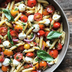 - 2 Tassen Penne-Nudeln - 1 Tasse Kirschtomaten, halbiert - 1 Tasse frische Basilikumblätter, zerrissen - 1/2 Tasse Mozzarellakugeln, halbiert Die Hauptzutaten sind die Basis für unseren köstlichen Bruschetta Pasta Salad. Penne-Nudeln sind perfekt, da sie die Aromen gut aufnehmen. Kirschtomaten bringen frische und Süße. Basilikum fügt einen tollen Duft hinzu, während Mozzarella Cremigkeit und einen milden Geschmack bietet. - 1/4 Tasse rote Zwiebel, fein gehackt - 1 Zehe Knoblauch, gehackt - 3 Esslöffel Olivenöl - 2 Esslöffel Balsamico-Essig Diese Zutaten geben dem Salat Tiefe. Rote Zwiebeln bringen einen leichten Biss. Knoblauch sorgt für einen herzhaften Geschmack. Olivenöl und Balsamico-Essig machen das Dressing frisch und lecker. Zusammen harmonieren sie perfekt mit den Hauptzutaten. - Salz - Pfeffer Salz und Pfeffer sind wichtig, um den Geschmack zu verstärken. Sie helfen, die Aromen in deinem Bruschetta Pasta Salad zum Leuchten zu bringen. Achte darauf, die Gewürze nach deinem Geschmack anzupassen. Ein bisschen mehr Salz kann oft Wunder wirken! Um die Penne-Nudeln perfekt zu kochen, bringe einen großen Topf mit gesalzenem Wasser zum Kochen. Füge die Nudeln hinzu und koche sie nach den Anweisungen auf der Verpackung, bis sie al dente sind. Das bedeutet, sie sollten weich, aber noch bissfest sein. Nach dem Kochen lasse die Nudeln abtropfen. Spüle sie dann unter kaltem Wasser ab. So stoppe ich den Kochprozess und verhindere, dass sie kleben. Für den nächsten Schritt mische die frischen Zutaten in einer großen Schüssel. Nimm die halbierten Kirschtomaten, die zerrissenen Basilikumblätter, die halbierten Mozzarellakugeln, die fein gehackte rote Zwiebel und den gehackten Knoblauch. Achte darauf, das Gemüse gleichmäßig zu schneiden. So schmeckt jeder Bissen gut. Ich empfehle, ein scharfes Messer zu verwenden. So geht das Schneiden schnell und einfach. Jetzt ist es Zeit, das Dressing zu machen. In einer kleinen Schüssel vermenge ich Olivenöl, Balsamico-Essig, Salz und Pfeffer. Ich schlage alles gut mit einer Gabel oder einem kleinen Schneebesen. So mischt sich alles gut. Wenn du den Geschmack anpassen möchtest, füge mehr Öl oder Essig hinzu. Das gibt dem Dressing den perfekten Kick. Nun kombiniere alle Zutaten. Gib die abgekühlte Pasta in die Schüssel mit dem Gemüse. Gieße das Dressing darüber und mische alles vorsichtig. Achte darauf, dass die Nudeln und das Gemüse gleichmäßig mit dem Dressing bedeckt sind. Es ist wichtig, den Salat mindestens 30 Minuten im Kühlschrank ruhen zu lassen. So können sich die Aromen gut entfalten. - Präsentation des Salats: Serviere den Bruschetta Pasta Salad auf einer großen, flachen Schale. Das macht ihn einladend. Eine bunte Schale bringt die Farben der Zutaten zur Geltung. - Garnierungsmöglichkeiten: Du kannst den Salat mit frischen Basilikumblättern garnieren. Ein Spritzer Balsamico-Essig sorgt für einen tollen Farbkontrast. Das sieht nicht nur gut aus, sondern schmeckt auch besser. - Wie man die Geschmäcker intensiviert: Um die Aromen zu verstärken, lasse den Salat nach dem Mischen im Kühlschrank ruhen. Je länger, desto besser. Die Aromen vereinen sich und werden kräftiger. - Vorschläge zur Anpassung der Gewürze: Du kannst mehr Knoblauch oder frische Kräuter hinzufügen. Probiere auch etwas Chili oder Paprika für mehr Schärfe. Das gibt dem Salat eine neue Dimension. - Nützliche Küchengeräte für die Zubereitung: Ein großer Topf zum Kochen der Pasta ist wichtig. Du brauchst auch eine große Rührschüssel, um die Zutaten zu mischen. Ein Schneidebrett und ein scharfer Messer sind ebenfalls hilfreich. - Tipps zur effektiven Küchenorganisation: Halte alle Zutaten bereit, bevor du anfängst. Das spart Zeit und macht das Kochen einfacher. Organisiere deine Werkzeuge, damit du alles schnell findest. {{image_4}} Wenn du eine vegetarische Variante machen möchtest, sind die Möglichkeiten groß. Du kannst die Mozzarellakugeln durch eine vegane Käsealternative ersetzen. Zudem kannst du mehr Gemüse hinzufügen, wie Paprika oder Zucchini. Diese Gemüsesorten bringen frische Aromen und Farben in den Salat. Eine weitere Idee ist, geröstete Kichererbsen für mehr Biss und Proteine einzufügen. Um deinem Salat mehr Geschmack zu geben, füge weitere Gemüsesorten hinzu. Gegrillte Auberginen oder Spinat passen gut in diesen Salat. Wenn du nach eiweißreichen Zutaten suchst, sind Kichererbsen oder schwarze Bohnen eine fantastische Wahl. Diese erhöhen den Nährwert und machen das Gericht sättigender. Nutze die Saison für frische Zutaten. Im Sommer sind reife Tomaten am besten. Im Herbst kannst du geröstete Kürbiswürfel hinzufügen. Diese saisonalen Anpassungen bringen neue Geschmäcker und machen das Gericht spannend. Frische Kräuter wie Petersilie oder Schnittlauch geben dem Salat eine interessante Note. Um Bruschetta Pasta Salad richtig zu lagern, lege ihn in einen luftdichten Behälter. So bleibt der Salat frisch und lecker. Wähle einen Behälter aus Glas oder festem Kunststoff. Diese Materialien helfen, den Geschmack zu bewahren. Im Kühlschrank bleibt der Bruschetta Pasta Salad etwa drei bis fünf Tage frisch. Achte darauf, ihn gut verschlossen zu halten. Wenn du den Salat einfrieren möchtest, ist das auch möglich, aber die Textur könnte sich ändern. Ich empfehle, die Pasta und das Dressing getrennt zu frieren, um die beste Qualität zu sichern. Hast du Reste? Nutze sie für ein schnelles Mittagessen. Du kannst den Salat kalt essen oder leicht erwärmen. Füge zusätzliches Gemüse oder Fleisch hinzu, um ihn aufzupeppen. Eine schnelle Idee ist, den Salat in ein Wrap zu packen. So hast du ein leckeres und einfaches Gericht für unterwegs. Bruschetta Pasta Salad hält sich gut im Kühlschrank. Er bleibt frisch für etwa drei Tage. Lagern Sie ihn in einem luftdichten Behälter. Achten Sie darauf, dass keine Feuchtigkeit eindringt. Wenn Sie ihn länger aufheben, kann die Pasta weich werden. Vor dem Servieren, schmecken Sie den Salat ab und fügen Sie bei Bedarf etwas frisches Dressing hinzu. Ja, Sie können viele andere Zutaten hinzufügen! Hier sind einige Ideen: - Paprika für etwas Süße - Gurke für extra Frische - Oliven für mehr Geschmack - Avocado für Cremigkeit - Gegrilltes Hühnchen für mehr Protein Seien Sie kreativ! Nutzen Sie, was Sie haben. Das macht den Salat noch interessanter. Bruschetta Pasta Salad kann gesund sein. Hier sind einige Vorteile: - Kirschtomaten sind reich an Antioxidantien. - Basilikum hat entzündungshemmende Eigenschaften. - Mozzarella bietet Protein und Kalzium. Wenn Sie die Portionen anpassen oder mehr Gemüse hinzufügen, wird der Salat noch nahrhafter. Verwenden Sie Vollkornnudeln für mehr Ballaststoffe. So bleibt er leicht und lecker. Zusammenfassend haben wir die Hauptzutaten für den Bruschetta Pasta Salad betrachtet. Wir haben über die Zubereitung, die Lagerung und verschiedene Variationen gesprochen. Dieser Salat ist vielseitig und einfach zuzubereiten. Mit frischen Zutaten hast du viele Möglichkeiten, um ihn anzupassen. Denke daran, auch Reste kreativ zu nutzen. Jetzt bist du bereit, diesen leckeren Salat zu genießen und deine Gäste zu beeindrucken.