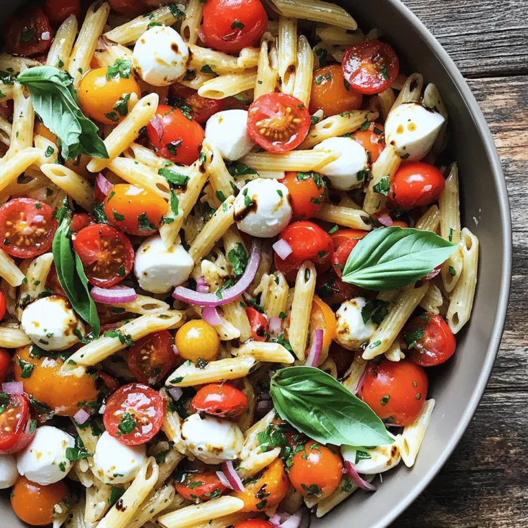 - 2 Tassen Penne-Nudeln - 1 Tasse Kirschtomaten, halbiert - 1 Tasse frische Basilikumblätter, zerrissen - 1/2 Tasse Mozzarellakugeln, halbiert Die Hauptzutaten sind die Basis für unseren köstlichen Bruschetta Pasta Salad. Penne-Nudeln sind perfekt, da sie die Aromen gut aufnehmen. Kirschtomaten bringen frische und Süße. Basilikum fügt einen tollen Duft hinzu, während Mozzarella Cremigkeit und einen milden Geschmack bietet. - 1/4 Tasse rote Zwiebel, fein gehackt - 1 Zehe Knoblauch, gehackt - 3 Esslöffel Olivenöl - 2 Esslöffel Balsamico-Essig Diese Zutaten geben dem Salat Tiefe. Rote Zwiebeln bringen einen leichten Biss. Knoblauch sorgt für einen herzhaften Geschmack. Olivenöl und Balsamico-Essig machen das Dressing frisch und lecker. Zusammen harmonieren sie perfekt mit den Hauptzutaten. - Salz - Pfeffer Salz und Pfeffer sind wichtig, um den Geschmack zu verstärken. Sie helfen, die Aromen in deinem Bruschetta Pasta Salad zum Leuchten zu bringen. Achte darauf, die Gewürze nach deinem Geschmack anzupassen. Ein bisschen mehr Salz kann oft Wunder wirken! Um die Penne-Nudeln perfekt zu kochen, bringe einen großen Topf mit gesalzenem Wasser zum Kochen. Füge die Nudeln hinzu und koche sie nach den Anweisungen auf der Verpackung, bis sie al dente sind. Das bedeutet, sie sollten weich, aber noch bissfest sein. Nach dem Kochen lasse die Nudeln abtropfen. Spüle sie dann unter kaltem Wasser ab. So stoppe ich den Kochprozess und verhindere, dass sie kleben. Für den nächsten Schritt mische die frischen Zutaten in einer großen Schüssel. Nimm die halbierten Kirschtomaten, die zerrissenen Basilikumblätter, die halbierten Mozzarellakugeln, die fein gehackte rote Zwiebel und den gehackten Knoblauch. Achte darauf, das Gemüse gleichmäßig zu schneiden. So schmeckt jeder Bissen gut. Ich empfehle, ein scharfes Messer zu verwenden. So geht das Schneiden schnell und einfach. Jetzt ist es Zeit, das Dressing zu machen. In einer kleinen Schüssel vermenge ich Olivenöl, Balsamico-Essig, Salz und Pfeffer. Ich schlage alles gut mit einer Gabel oder einem kleinen Schneebesen. So mischt sich alles gut. Wenn du den Geschmack anpassen möchtest, füge mehr Öl oder Essig hinzu. Das gibt dem Dressing den perfekten Kick. Nun kombiniere alle Zutaten. Gib die abgekühlte Pasta in die Schüssel mit dem Gemüse. Gieße das Dressing darüber und mische alles vorsichtig. Achte darauf, dass die Nudeln und das Gemüse gleichmäßig mit dem Dressing bedeckt sind. Es ist wichtig, den Salat mindestens 30 Minuten im Kühlschrank ruhen zu lassen. So können sich die Aromen gut entfalten. - Präsentation des Salats: Serviere den Bruschetta Pasta Salad auf einer großen, flachen Schale. Das macht ihn einladend. Eine bunte Schale bringt die Farben der Zutaten zur Geltung. - Garnierungsmöglichkeiten: Du kannst den Salat mit frischen Basilikumblättern garnieren. Ein Spritzer Balsamico-Essig sorgt für einen tollen Farbkontrast. Das sieht nicht nur gut aus, sondern schmeckt auch besser. - Wie man die Geschmäcker intensiviert: Um die Aromen zu verstärken, lasse den Salat nach dem Mischen im Kühlschrank ruhen. Je länger, desto besser. Die Aromen vereinen sich und werden kräftiger. - Vorschläge zur Anpassung der Gewürze: Du kannst mehr Knoblauch oder frische Kräuter hinzufügen. Probiere auch etwas Chili oder Paprika für mehr Schärfe. Das gibt dem Salat eine neue Dimension. - Nützliche Küchengeräte für die Zubereitung: Ein großer Topf zum Kochen der Pasta ist wichtig. Du brauchst auch eine große Rührschüssel, um die Zutaten zu mischen. Ein Schneidebrett und ein scharfer Messer sind ebenfalls hilfreich. - Tipps zur effektiven Küchenorganisation: Halte alle Zutaten bereit, bevor du anfängst. Das spart Zeit und macht das Kochen einfacher. Organisiere deine Werkzeuge, damit du alles schnell findest. {{image_4}} Wenn du eine vegetarische Variante machen möchtest, sind die Möglichkeiten groß. Du kannst die Mozzarellakugeln durch eine vegane Käsealternative ersetzen. Zudem kannst du mehr Gemüse hinzufügen, wie Paprika oder Zucchini. Diese Gemüsesorten bringen frische Aromen und Farben in den Salat. Eine weitere Idee ist, geröstete Kichererbsen für mehr Biss und Proteine einzufügen. Um deinem Salat mehr Geschmack zu geben, füge weitere Gemüsesorten hinzu. Gegrillte Auberginen oder Spinat passen gut in diesen Salat. Wenn du nach eiweißreichen Zutaten suchst, sind Kichererbsen oder schwarze Bohnen eine fantastische Wahl. Diese erhöhen den Nährwert und machen das Gericht sättigender. Nutze die Saison für frische Zutaten. Im Sommer sind reife Tomaten am besten. Im Herbst kannst du geröstete Kürbiswürfel hinzufügen. Diese saisonalen Anpassungen bringen neue Geschmäcker und machen das Gericht spannend. Frische Kräuter wie Petersilie oder Schnittlauch geben dem Salat eine interessante Note. Um Bruschetta Pasta Salad richtig zu lagern, lege ihn in einen luftdichten Behälter. So bleibt der Salat frisch und lecker. Wähle einen Behälter aus Glas oder festem Kunststoff. Diese Materialien helfen, den Geschmack zu bewahren. Im Kühlschrank bleibt der Bruschetta Pasta Salad etwa drei bis fünf Tage frisch. Achte darauf, ihn gut verschlossen zu halten. Wenn du den Salat einfrieren möchtest, ist das auch möglich, aber die Textur könnte sich ändern. Ich empfehle, die Pasta und das Dressing getrennt zu frieren, um die beste Qualität zu sichern. Hast du Reste? Nutze sie für ein schnelles Mittagessen. Du kannst den Salat kalt essen oder leicht erwärmen. Füge zusätzliches Gemüse oder Fleisch hinzu, um ihn aufzupeppen. Eine schnelle Idee ist, den Salat in ein Wrap zu packen. So hast du ein leckeres und einfaches Gericht für unterwegs. Bruschetta Pasta Salad hält sich gut im Kühlschrank. Er bleibt frisch für etwa drei Tage. Lagern Sie ihn in einem luftdichten Behälter. Achten Sie darauf, dass keine Feuchtigkeit eindringt. Wenn Sie ihn länger aufheben, kann die Pasta weich werden. Vor dem Servieren, schmecken Sie den Salat ab und fügen Sie bei Bedarf etwas frisches Dressing hinzu. Ja, Sie können viele andere Zutaten hinzufügen! Hier sind einige Ideen: - Paprika für etwas Süße - Gurke für extra Frische - Oliven für mehr Geschmack - Avocado für Cremigkeit - Gegrilltes Hühnchen für mehr Protein Seien Sie kreativ! Nutzen Sie, was Sie haben. Das macht den Salat noch interessanter. Bruschetta Pasta Salad kann gesund sein. Hier sind einige Vorteile: - Kirschtomaten sind reich an Antioxidantien. - Basilikum hat entzündungshemmende Eigenschaften. - Mozzarella bietet Protein und Kalzium. Wenn Sie die Portionen anpassen oder mehr Gemüse hinzufügen, wird der Salat noch nahrhafter. Verwenden Sie Vollkornnudeln für mehr Ballaststoffe. So bleibt er leicht und lecker. Zusammenfassend haben wir die Hauptzutaten für den Bruschetta Pasta Salad betrachtet. Wir haben über die Zubereitung, die Lagerung und verschiedene Variationen gesprochen. Dieser Salat ist vielseitig und einfach zuzubereiten. Mit frischen Zutaten hast du viele Möglichkeiten, um ihn anzupassen. Denke daran, auch Reste kreativ zu nutzen. Jetzt bist du bereit, diesen leckeren Salat zu genießen und deine Gäste zu beeindrucken.