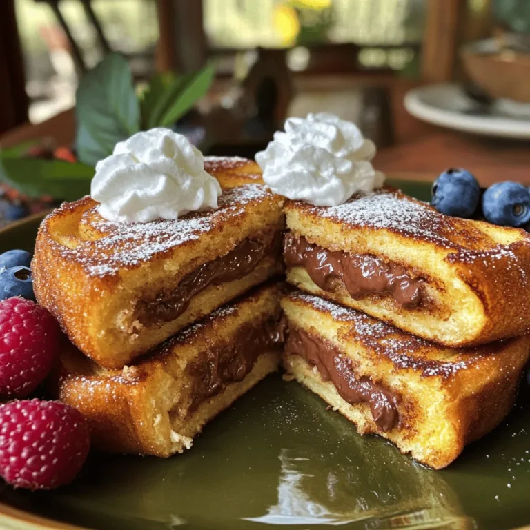 Um Churro Stuffed French Toast zu machen, benötigen Sie folgende Zutaten: - 4 Scheiben dickes Brot (z.B. Brioche oder Challah) - 1 Tasse Frischkäse, weichgerührt - 1/2 Tasse Zimtzucker (1/4 Tasse Zucker und 2 Esslöffel Zimt) - 1/2 Tasse Schokoladenaufstrich (z.B. Nutella) - 2 große Eier - 1/2 Tasse Milch - 1 Teelöffel Vanilleextrakt - 1 Esslöffel ungesalzene Butter - Zusätzlich Zimtzucker zum Bestäuben - Schlagsahne zum Servieren (optional) - Frische Früchte zur Garnierung (optional) Wählen Sie frisches Brot. Dickes Brot hält die Füllung gut. Brioche oder Challah gibt einen tollen Geschmack. Achten Sie darauf, dass der Frischkäse weich ist. So lässt er sich gut mit dem Schokoladenaufstrich vermengen. Nutzen Sie hochwertigen Schokoladenaufstrich. Dies verbessert den Geschmack erheblich. Sie können auch echten Zimt anstelle von Zimtzucker verwenden. Der Geschmack wird intensiver und frischer. Für eine gesündere Version können Sie Vollkornbrot verwenden. Das ist eine gute Wahl für mehr Ballaststoffe. Sie können auch fettarmen Frischkäse nehmen, um Kalorien zu reduzieren. Wenn Sie auf Zucker achten, verwenden Sie eine Zuckeralternative. Für vegane Optionen nutzen Sie pflanzliche Milch und einen veganen Aufstrich. Eier können durch einen Chia- oder Leinsamen-Ersatz ersetzt werden. So bleibt das Rezept für jeden zugänglich. Zuerst mache ich die Füllung. Ich nehme eine mittelgroße Schüssel und gebe den weichgerührten Frischkäse hinein. Dann füge ich den Schokoladenaufstrich hinzu. Ich rühre die Mischung gut um, bis sie gleichmäßig ist. Jetzt ist die Füllung fertig und bereit für die Sandwiches. Ich nehme zwei Scheiben dickes Brot, wie Brioche oder Challah. Auf eine Seite jeder Scheibe streiche ich die Schokoladen-Frischkäse-Mischung. Dann klappe ich die Scheiben zusammen. So habe ich zwei leckere Sandwiches. Diese sind jetzt bereit für den nächsten Schritt. Jetzt ist es Zeit zu braten. Ich schlage die Eier in einer flachen Schüssel auf. Dann füge ich Milch und Vanilleextrakt hinzu und verrühre alles gut. Ich erhitze eine Pfanne bei mittlerer Hitze und lasse die Butter darin schmelzen. Jedes Sandwich tauche ich in die Eiermischung. Beide Seiten müssen gut überzogen sein. Ich lege die Sandwiches in die Pfanne und brate sie etwa 3 bis 4 Minuten. Ich achte darauf, dass sie goldbraun und knusprig werden. Nach dem Braten bestäube ich die Toasts sofort mit Zimtzucker. Ich schneide jedes Sandwich in der Mitte auf, um die Füllung zu zeigen. Die gefüllten Toasts kann ich nun mit Schlagsahne und frischen Früchten servieren. Ein häufiger Fehler ist, zu viel Füllung zu verwenden. Verwenden Sie nur einen Esslöffel der Mischung pro Sandwich. So bleibt die Füllung beim Braten nicht heraus. Ein weiterer Fehler ist, die Pfanne nicht genug vorzuheizen. Beginnen Sie mit mittlerer Hitze, damit der Toast gleichmäßig bräunt. Auch die Eiermischung muss gut verquirlt werden. So sorgt sie für eine gleichmäßige Beschichtung. Um die perfekte goldene Kruste zu erreichen, verwenden Sie frische, dicke Brotscheiben. Brioche oder Challah sind hier ideal. Lassen Sie die Sandwiches kurz in der Eiermischung ruhen. Dadurch zieht die Mischung besser ein. Braten Sie die Sandwiches in ungesalzener Butter. Diese liefert den besten Geschmack und die beste Farbe. Wenden Sie die Sandwiches vorsichtig, um die Kruste nicht zu beschädigen. Für eine ansprechende Präsentation schneiden Sie die Sandwiches diagonal auf. Stapeln Sie die halbierten Toasts auf einem schönen Teller. Bestäuben Sie sie mit Zimtzucker, damit sie appetitlich aussehen. Garnieren Sie die Toasts mit frischen Früchten und einem Klecks Schlagsahne. Das macht das Gericht noch leckerer und schöner. {{image_4}} Für eine leckere Abwechslung kannst du verschiedene Schokoladenaufstriche verwenden. Anstelle von Nutella, probiere Erdnussbutter oder Mandelbutter. Beide bringen einen nussigen Geschmack. Du kannst auch Zartbitter- oder weiße Schokolade nutzen. Diese Optionen geben dem Churro Stuffed French Toast einen neuen Twist. Wenn du Frucht magst, kannst du die Füllung leicht ändern. Füge pürierte Erdbeeren oder Bananen zum Frischkäse hinzu. Eine Mischung aus Frischkäse und Himbeeren ist ebenfalls köstlich. Als Topping eignen sich frische Früchte wie Erdbeeren, Blaubeeren oder Bananen. Ein Spritzer Honig oder Ahornsirup macht das Gericht noch besser. Für glutenfreie Varianten nutze glutenfreies Brot. Es gibt viele gute Sorten im Handel. Um das Rezept vegan zu machen, ersetze die Eier durch Leinsamen oder Chia-Samen. Verwende pflanzliche Milch und einen veganen Frischkäse. Diese Anpassungen machen das Gericht für jeden zugänglich. Wenn du Reste von deinem Churro Stuffed French Toast hast, bewahre sie in einem luftdichten Behälter auf. Du kannst sie bis zu drei Tage im Kühlschrank lagern. Achte darauf, dass sie gut abgedeckt sind. So bleiben sie frisch und köstlich. Um die Reste gut aufzuwärmen, benutze eine Pfanne oder einen Toaster. Erhitze sie bei mittlerer Hitze. Das gibt dir eine knusprige Textur. Du kannst auch den Ofen verwenden. Stelle ihn auf 180 Grad Celsius ein und backe die Toasts für etwa 10 Minuten. So schmecken sie fast wie frisch zubereitet. Die Zutaten für diesen leckeren Toast sind ebenfalls wichtig. Frischkäse hält sich im Kühlschrank etwa eine Woche. Der Schokoladenaufstrich kann bis zu drei Monate haltbar sein. Achte darauf, die Verpackung gut zu schließen. Zimt und Zucker sind fast unbegrenzt haltbar, solange sie trocken bleiben. Um deinen Churro Stuffed French Toast knuspriger zu machen, benutze dickes Brot. Brioche oder Challah eignen sich gut. Brate die Toasts bei mittlerer Hitze. So werden sie goldbraun und knusprig. Achte darauf, dass die Butter in der Pfanne heiß genug ist, bevor du die Sandwiches hineingibst. Du kannst auch die Außenseite des Toasts mit etwas Zimtzucker bestreuen. Das gibt einen tollen Crunch. Ja, du kannst die Füllung im Voraus machen. Mische den Frischkäse und den Schokoladenaufstrich in einer Schüssel. Decke die Mischung gut ab und stelle sie in den Kühlschrank. So bleibt sie frisch. Wenn du bereit bist, bereite die Sandwiches zu und tauche sie in die Eiermischung. Churro Stuffed French Toast ist in vielen Cafés und Brunch-Restaurants beliebt. Suche nach Orten, die kreative Frühstücksgerichte anbieten. Oft findest du sie in Restaurants mit mexikanischem Einfluss. Auch in einigen modernen Diner kann man sie entdecken. Schau dir die Speisekarten online an oder frage bei deinem Lieblingsort nach. In diesem Artikel haben wir die wichtigsten Punkte für das perfekte Churro Stuffed French Toast behandelt. Wir haben die nötigen Zutaten, die Schritt-für-Schritt-Anleitung und wertvolle Tipps zur Zubereitung besprochen. Du weißt jetzt auch, wie du Variationen und diätetische Optionen umsetzt. Denke daran, Fehler zu vermeiden und die Lagerung richtig zu handhaben. Genieße dein köstliches Frühstück! Probier die Rezepte aus und lass dich inspirieren.