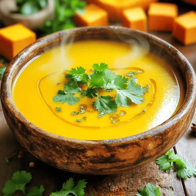 - 1 mittelgroßer Kürbis (ca. 1-1,5 kg), geschält und gewürfelt - 1 mittelgroße Zwiebel, gehackt - 2 Knoblauchzehen, fein gehackt - 1 Karotte, geschält und gewürfelt - 1 Esslöffel frischer Ingwer, fein gehackt - 1 Teelöffel gemahlener Kreuzkümmel - 1 Teelöffel gemahlener Koriander Diese Zutaten bilden die Basis der Silky Pumpkin Soup. Der Kürbis bringt eine natürliche Süße. Zwiebel und Knoblauch fügen Tiefe hinzu. Karotten und Ingwer liefern zusätzliche Aromen. Gewürze wie Kreuzkümmel und Koriander runden den Geschmack ab. - 1 Liter Gemüsebrühe - 240 ml Kokosmilch - 2 Esslöffel Olivenöl Die Gemüsebrühe sorgt für eine reichhaltige Basis. Kokosmilch macht die Suppe cremig und gibt einen tropischen Touch. Olivenöl fügt gesunde Fette und Geschmack hinzu. Diese Flüssigkeiten sind entscheidend für die gewünschte Konsistenz. - Salz, Pfeffer, frische Kräuter zur Garnierung Salz und Pfeffer bringen die Aromen zur Geltung. Frische Kräuter wie Koriander oder Petersilie geben der Suppe den letzten Schliff. Diese Garnitur macht die Suppe nicht nur schmackhaft, sondern auch schön. Zuerst schälen Sie den Kürbis. Schneiden Sie ihn dann in kleine Würfel. Für eine gute Suppe sind die Stücke wichtig. Sie sollten gleichmäßig groß sein. Das hilft beim Kochen. Als Nächstes hacken Sie eine mittelgroße Zwiebel. Achten Sie darauf, die Zwiebel fein zu schneiden. Dann nehmen Sie zwei Knoblauchzehen und hacken Sie diese ebenfalls. Die Kombination aus Zwiebel und Knoblauch bringt viel Geschmack. Jetzt erhitzen Sie einen großen Topf. Geben Sie einen Esslöffel Olivenöl hinein. Lassen Sie das Öl bei mittlerer Hitze warm werden. Fügen Sie die gehackte Zwiebel dazu und sautieren Sie sie. Kochen Sie die Zwiebel etwa fünf Minuten lang. Sie sollte durchsichtig werden. Danach kommt der gehackte Knoblauch dazu. Fügen Sie auch den frischen Ingwer hinzu. Die Mischung braten Sie für weitere drei bis vier Minuten an. Geben Sie nun die gewürfelte Karotte und die Gewürze dazu. Das sind ein Teelöffel Kreuzkümmel und ein Teelöffel Koriander. Rühren Sie alles gut um. Rösten Sie die Gewürze für etwa fünf Minuten. Jetzt gießen Sie einen Liter Gemüsebrühe in den Topf. Bringen Sie die Mischung zum Kochen. Reduzieren Sie dann die Hitze. Lassen Sie die Suppe 20 bis 25 Minuten köcheln. Der Kürbis sollte weich sein. Wenn das Gemüse weich ist, pürieren Sie die Suppe. Verwenden Sie dafür einen Stabmixer. Alternativ können Sie die Suppe in Chargen mixen. Die Suppe sollte glatt und cremig sein. Fügen Sie nun 240 ml Kokosmilch hinzu. Rühren Sie alles gut um. Schmecken Sie die Suppe mit Salz und Pfeffer ab. Erwärmen Sie die Suppe noch fünf Minuten bei schwacher Hitze. So verbinden sich die Aromen. Jetzt können Sie die Suppe heiß servieren. Garnieren Sie sie mit frischen Koriander- oder Petersilienblättern. Das gibt einen schönen Akzent. Um die beste Konsistenz für deine Kürbissuppe zu erreichen, benutze einen Stabmixer. Er püriert die Suppe direkt im Topf. Das macht weniger Arbeit und weniger Abwasch. Wenn du einen Standmixer nutzt, püriere die Suppe in kleinen Portionen. Achte darauf, den Deckel nicht vollständig zu schließen, damit der Dampf entweichen kann. Wenn die Suppe zu dick ist, füge mehr Flüssigkeit hinzu. Gemüsebrühe oder Wasser sind gute Optionen. Gieße langsam, bis die gewünschte Konsistenz erreicht ist. So bleibt die Suppe schön cremig und leicht. Um den Geschmack zu verbessern, kannst du deine eigene Brühe herstellen. Frische Brühe gibt der Suppe mehr Tiefe. Nutze Gemüse wie Karotten, Sellerie und Zwiebeln. Koche sie mit Wasser und Kräutern. Passe die Gewürze nach deinem Geschmack an. Mehr Kreuzkümmel oder Koriander bringen einen neuen Kick. Probiere auch etwas Muskatnuss oder Chili für mehr Wärme. So wird deine Suppe einzigartig und besonders. Die Garnitur macht viel aus! Frische Kräuter wie Koriander oder Petersilie bringen Farbe und Frische. Geröstete Kürbiskerne fügen Crunch hinzu und schmecken toll. Ein Spritzer Sahne oder Kokosmilch verleiht der Suppe eine schöne, reiche Note. Du kannst die Garnitur kreativ gestalten. Lass deiner Fantasie freien Lauf und mache die Suppe zu deinem eigenen Kunstwerk. {{image_4}} Die vegane Version der Silky Pumpkin Soup ist einfach und lecker. Anstelle von Kokosmilch kannst du Mandelmilch oder Hafermilch verwenden. Diese Alternativen geben der Suppe einen leicht nussigen Geschmack. Du kannst auch verschiedene Gemüsesorten wie Süßkartoffeln oder Karotten hinzufügen. Diese Gemüsesorten sind süß und geben der Suppe eine schöne Farbe. Für mehr Geschmack kannst du Chili oder Paprika in die Suppe geben. Diese Zutaten bringen eine angenehme Schärfe. Wenn du ein rauchiges Aroma magst, füge geräucherten Paprika oder Chipotle hinzu. Diese Gewürze geben der Suppe Tiefe und Wärme. Wenn du es cremiger magst, kannst du Sahne oder Crème fraîche hinzufügen. Diese Zutaten machen die Suppe noch reichhaltiger. Eine schöne Idee ist auch, eine Smoothie-Option zu schaffen. Püriere die Suppe und lasse sie abkühlen. Serviere sie dann kalt als erfrischende Vorspeise. Lass die Kürbissuppe zuerst abkühlen. Fülle sie dann in luftdichte Behälter. So bleibt die Suppe frisch. Im Kühlschrank hält sie sich etwa 3 bis 4 Tage. Du kannst die Suppe auch einfrieren. Fülle die abgekühlte Suppe in gefriergeeignete Behälter. Achte darauf, etwas Platz zu lassen, da die Suppe beim Gefrieren expandiert. Zum Auftauen nimm die Suppe über Nacht aus dem Gefrierfach. Erwärme sie dann langsam auf dem Herd. Um die Frische der Suppe zu prüfen, rieche daran und schau nach Schimmel. Wenn sie seltsam riecht oder verfärbt ist, werfe sie weg. Achte darauf, bei unsicherem Essen immer auf Nummer sicher zu gehen. Du kannst die Silky Pumpkin Soup bis zu fünf Tage im Kühlschrank aufbewahren. Stelle sicher, dass sie in einem luftdichten Behälter ist. So bleibt sie frisch. Wenn du die Suppe länger aufbewahren möchtest, friere sie ein. Sie hält sich im Gefrierschrank bis zu drei Monate. Achte darauf, sie in Portionen zu verpacken, um die Verwendung zu erleichtern. Ja, du kannst die Suppe im Voraus zubereiten. Plane, sie einen Tag oder zwei vorher zu machen. Das gibt den Aromen Zeit, sich zu entfalten. Lass die Suppe nach dem Kochen abkühlen und stelle sie dann in den Kühlschrank. Erwärme sie vor dem Servieren. Sie schmeckt oft noch besser, wenn sie einen Tag durchgezogen ist. Zu Silky Pumpkin Soup passen viele Beilagen. Probiere frisches Baguette oder knuspriges Ciabatta. Ein einfacher grüner Salat mit Vinaigrette ergänzt die Suppe gut. Auch geröstete Kürbiskerne sind eine tolle Ergänzung. Sie geben einen schönen Crunch und mehr Geschmack. Um die Suppe schärfer zu machen, füge mehr Gewürze hinzu. Du kannst Chili-Flocken oder frische Chilis verwenden. Ein Hauch von Cayennepfeffer verstärkt die Schärfe ebenfalls. Für einen besonderen Kick, probiere geräucherten Paprika. Diese gibt der Suppe eine rauchige Note und mehr Tiefe. Die Kürbissuppe ist einfach zuzubereiten und äußerst vielseitig. Wir haben die Hauptzutaten wie Kürbis, Zwiebeln und Gewürze erkundet und die Schritte zur Zubereitung besprochen. Tipps zur Konsistenz und Garnitur helfen Ihnen, die perfekte Suppe zu kreieren. Sie können spannende Variationen ausprobieren oder die Suppe gut lagern. Egal, ob vegan oder würzig, die Möglichkeiten sind endlos. Lassen Sie Ihrer Kreativität freien Lauf und genießen Sie Ihre köstliche Suppe!