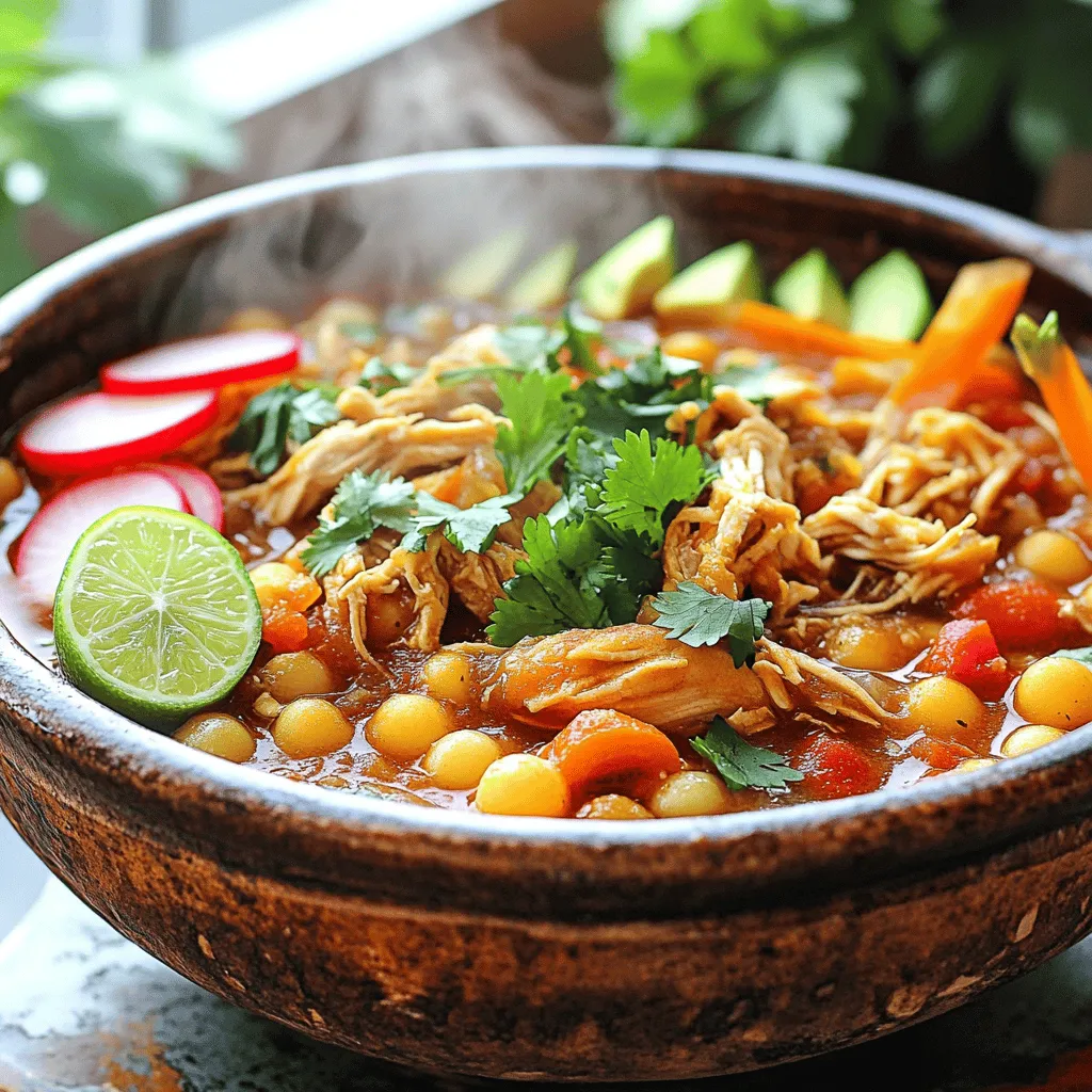 - 900 g Hähnchenschenkel, ohne Knochen und Haut - 1 Dose (425 g) Hominy, abgetropft und abgespült - 1 große Zwiebel, gewürfelt - 4 Knoblauchzehen, fein gehackt - 2 mittelgroße Karotten, in Scheiben geschnitten - 1 Dose (400 g) gewürfelte Tomaten (mit grünen Chilis für zusätzlichen Geschmack) - 1,5 Liter Hühnerbrühe - 2 Teelöffel gemahlener Kreuzkümmel - 2 Teelöffel getrockneter Oregano - 1 Esslöffel Chipotle-Pulver (nach Geschmack anpassen) - Salz und Pfeffer nach Geschmack - Frischer Koriander, gehackt (zur Garnitur) - Limettenspalten (zum Servieren) - In Scheiben geschnittene Radieschen (optional für das Servieren) - Avocadoscheiben (optional für das Servieren) In diesem Rezept kommen viele frische und leckere Zutaten zusammen. Hähnchenschenkel sind zart und saftig. Hominy gibt dem Gericht eine besondere Textur. Zwiebel und Knoblauch sorgen für den Grundgeschmack. Karotten fügen Süße hinzu, während die gewürfelten Tomaten eine frische Note bringen. Die Hühnerbrühe ist wichtig, um alles zusammenzubringen. Gewürze wie Kreuzkümmel und Oregano bringen Tiefe und Aroma. Chipotle-Pulver sorgt für einen kleinen Kick. Verwende frische Zutaten, wenn möglich. Das macht das Pozole noch besser. Wenn du magst, kannst du auch die Garnituren wie Koriander, Limette und Radieschen hinzufügen. Diese bringen Frische und Farbe auf den Teller. Zuerst bereite ich das Hähnchen vor. Ich nehme 900 g Hähnchenschenkel, ohne Knochen und Haut. Dann würfle ich das Fleisch in kleine Stücke. Als Nächstes hacke ich eine große Zwiebel in kleine Würfel. Ich nehme auch vier Knoblauchzehen und hacke sie fein. Schließlich schneide ich zwei mittelgroße Karotten in dünne Scheiben. Alle Zutaten sind nun bereit für den Crockpot. Jetzt stelle ich den Crockpot ein. Ich gebe zuerst die gewürfelten Hähnchenstücke in den Topf. Danach füge ich die gehackte Zwiebel, den Knoblauch und die Karotten hinzu. Dann kommen die Gewürze. Ich streue zwei Teelöffel gemahlenen Kreuzkümmel und zwei Teelöffel getrockneten Oregano gleichmäßig über die Zutaten. Ich passe auch das Chipotle-Pulver nach meinem Geschmack an. Zum Schluss gebe ich 1,5 Liter Hühnerbrühe und eine Dose gewürfelte Tomaten hinzu. Ich rühre alles gut um, damit sich die Gewürze gleichmäßig verteilen. Ich kann den Pozole auf zwei Arten kochen. Auf Niedrigstufe braucht es 6-8 Stunden. Auf Hochstufe sind es 4-5 Stunden. Das Hähnchen wird zart und lässt sich leicht zerkleinern. Ein guter Tipp: Ich schaue immer nach 30 Minuten, wann ich die Hominy hinzufüge. So kann sie gut durchwärmen. Wenn das Gericht fertig ist, zerkleinere ich das Hähnchen direkt im Crockpot mit zwei Gabeln. Dann vermenge ich alles gut mit der Brühe und dem Gemüse. Um die perfekte Konsistenz zu erreichen, ist die Flüssigkeitsmenge wichtig. Wenn Ihr Pozole zu dick ist, fügen Sie mehr Hühnerbrühe hinzu. Ist es zu flüssig, kochen Sie es etwas länger ohne Deckel. Frische oder getrocknete Kräuter können auch helfen. Frische Kräuter bringen mehr Geschmack. Getrocknete Kräuter sind einfacher zu lagern. Sie können den Geschmack Ihres Pozole leicht variieren. Fügen Sie mehr Gewürze hinzu, um es schärfer oder würziger zu machen. Chipotle-Pulver ist ein guter Start. Sie können auch andere Gewürze wie Paprika oder Kreuzkümmel verwenden. Passen Sie die Gewürze nach Ihrem persönlichen Geschmack an. Probieren Sie verschiedene Kombinationen aus! Das Servieren von Pozole macht Spaß! Toppings bringen neue Aromen. Frischer Koriander, Limettenspalten und Radieschen sind beliebt. Avocadoscheiben geben eine cremige Textur. Diese Optionen sorgen für eine tolle Präsentation und zusätzlichen Geschmack. Seien Sie kreativ und testen Sie verschiedene Kombinationen! {{image_4}} Um eine vegetarische Version von Pozole zu machen, ersetzen Sie das Hähnchen durch Tofu oder Seitan. Diese Zutaten sind proteinreich und nehmen die Aromen gut auf. Statt Hühnerbrühe verwenden Sie Gemüsebrühe. Dies bringt einen milden Geschmack. Fügen Sie viele verschiedene Gemüsesorten hinzu, wie Zucchini, Paprika oder Kürbis. Diese bringen Farbe und Nährstoffe in Ihr Gericht. Wenn Sie kein Chipotle-Pulver mögen, lassen Sie es einfach weg. Stattdessen können Sie geräuchertes Paprikapulver verwenden, um einen ähnlichen Geschmack zu erzielen. Fügen Sie auch andere Chilis hinzu, wie Ancho oder Pasilla. Diese Chilis geben einen süßen und rauchigen Geschmack. Experimentieren Sie mit anderen Gewürzen, wie Kreuzkümmel oder Koriander. So finden Sie die perfekte Mischung für Ihren Gaumen. Pozole kann auch mit internationalen Einflüssen kombiniert werden. Zum Beispiel können Sie asiatische Aromen hinzufügen. Probieren Sie Ingwer oder Sojasauce, um eine neue Note zu schaffen. Auch italienische Gewürze wie Basilikum oder Thymian passen gut dazu. So entsteht eine neue Art von Fusion-Gericht. Lassen Sie Ihrer Kreativität freien Lauf und entdecken Sie neue Geschmäcker! Um dein Pozole frisch zu halten, gibt es einige einfache Tipps. - Im Kühlschrank: Lass das Pozole abkühlen. Fülle es dann in einen luftdichten Behälter. So bleibt es bis zu drei Tage frisch. - Gefrieroptionen: Du kannst Pozole auch einfrieren. Fülle es in gefriergeeignete Beutel oder Behälter. Achte darauf, etwas Platz zu lassen, da die Flüssigkeit beim Gefrieren expandiert. Es hält sich bis zu drei Monate im Gefrierschrank. Wenn du dein Pozole wieder aufwärmen möchtest, hier sind die besten Methoden. - Die beste Methode zum Aufwärmen: Erwärme dein Pozole langsam auf dem Herd. Gib es in einen Topf und füge etwas Brühe hinzu. So bleibt es saftig und lecker. - Tipps, um die Konsistenz zu bewahren: Rühre das Pozole beim Erwärmen gut um. Achte darauf, die Hitze nicht zu hoch zu stellen. So bleibt das Hähnchen zart und die Brühe geschmackvoll. Pozole bleibt im Kühlschrank bis zu fünf Tage frisch. Achten Sie darauf, es in einem luftdichten Behälter zu lagern. Wenn Sie es länger aufbewahren möchten, können Sie es einfrieren. Im Gefrierfach hält sich Pozole bis zu drei Monate. Lassen Sie es vollständig abkühlen, bevor Sie es einfrieren. Zum Auftauen legen Sie es einfach in den Kühlschrank über Nacht. Ja, Sie können Rindfleisch verwenden. Dies gibt dem Gericht einen anderen Geschmack. Für Pozole eignen sich Rindfleischstücke wie Chuck oder Brisket gut. Schneiden Sie das Fleisch in kleine Stücke und fügen Sie es wie das Hähnchen in den Crockpot. Passen Sie die Kochzeit an, da Rindfleisch länger braucht. Kochen Sie es auf niedriger Stufe für acht bis zehn Stunden. Hominy sind Maiskörner, die in einer Lauge eingeweicht werden. Dieser Prozess macht sie weich und gibt ihnen einen besonderen Geschmack. Sie finden Hominy in Dosen in den meisten Supermärkten. Achten Sie auf die internationale Abteilung oder die Regale mit mexikanischen Lebensmitteln. Sie können auch getrocknete Hominy kaufen, die Sie selbst kochen müssen. Crockpot Pozole ist ein einfaches und leckeres Gericht. Wir haben die Hauptzutaten, die Zubereitungsschritte und nützliche Tipps durchgearbeitet. Egal, ob du die traditionelle Hähnchenversion oder eine vegetarische Variante magst, dieses Rezept bietet dir viele Möglichkeiten. Achte auf die Gewürze, um den besten Geschmack zu erzielen. Richtig lagern und aufwärmen ist auch wichtig, damit dein Pozole frisch bleibt. Experimentiere mit Toppings, um deine eigene Note zu setzen. Viel Spaß beim Kochen und Genießen!