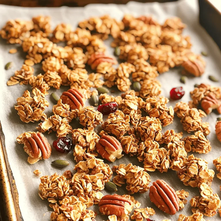 Für die Granola-Clustern brauchen Sie einige wichtige Zutaten: - 2 Tassen Haferflocken - 1 Tasse Pekannüsse, grob gehackt - 1/2 Tasse Kürbiskerne - 1/2 Teelöffel Zimt - 1/4 Teelöffel Salz - 1/3 Tasse reinen Ahornsirup - 1/4 Tasse geschmolzenes Kokosöl - 1 Teelöffel Vanilleextrakt Diese Zutaten geben der Granola ihren tollen Geschmack und eine knusprige Textur. Sie können auch einige optionale Zutaten hinzufügen: - 1/2 Tasse getrocknete Cranberries oder Rosinen Diese Trockenfrüchte bringen eine süße Note und mehr Geschmack in die Mischung. Achten Sie darauf, frische Zutaten zu verwenden. Alte Haferflocken schmecken nicht gut. Die Pekannüsse sollten grob gehackt sein, damit Sie beim Essen auch Stücke fühlen. Verwenden Sie reinen Ahornsirup für den besten Geschmack. Er gibt der Granola eine natürliche Süße. Das geschmolzene Kokosöl hilft, die Zutaten gut zu verbinden und macht die Cluster knusprig. Zuerst heizen Sie Ihren Ofen auf 163°C (325°F) vor. Dies sorgt für eine gleichmäßige Hitze. Legen Sie ein Backblech mit Backpapier aus. Das verhindert, dass die Granola kleben bleibt. Nehmen Sie eine große Schüssel. Geben Sie 2 Tassen Haferflocken, 1 Tasse grob gehackte Pekannüsse, 1/2 Tasse Kürbiskerne, 1/2 Teelöffel Zimt und 1/4 Teelöffel Salz hinein. Mischen Sie alles gründlich. So verteilen sich die Zutaten gut. In einer separaten Schüssel verrühren Sie 1/3 Tasse reinen Ahornsirup, 1/4 Tasse geschmolzenes Kokosöl und 1 Teelöffel Vanilleextrakt. Diese Mischung sollte glatt sein. Gießen Sie die feuchte Mischung über die trockenen Zutaten. Rühren Sie, bis alles gut benetzt ist. Verteilen Sie die Mischung gleichmäßig auf dem Backblech. Drücken Sie sie fest, um Cluster zu formen. Backen Sie die Mischung für 25-30 Minuten. Rühren Sie einmal um. Achten Sie darauf, dass die Granola goldbraun wird. Nach dem Backen lassen Sie die Granola auf dem Blech abkühlen. Brechen Sie sie dann in Cluster. Lagern Sie die Cluster in einem luftdichten Behälter. So bleiben sie frisch. Um die Granola perfekt zu backen, ist die Temperatur wichtig. Ein Ofen bei 163°C (325°F) funktioniert am besten. Achten Sie darauf, die Mischung gleichmäßig auf dem Blech zu verteilen. So wird alles gleichmäßig gebacken. Drücken Sie die Mischung gut zusammen, um schöne Cluster zu formen. Verbrannte Granola-Clustern sind ein häufiges Problem. Um dies zu vermeiden, rühren Sie die Mischung zur Hälfte der Backzeit um. So kommen alle Teile gleichmäßig in den Kontakt mit der Hitze. Halten Sie ein Auge auf die Farbe. Wenn die Granola goldbraun wird, nehmen Sie sie sofort heraus. Nach dem Backen müssen die Cluster abkühlen. Lassen Sie sie vollständig auf dem Blech ruhen. Diese Zeit hilft den Clustern, gut zusammenzuhalten. Vermeiden Sie es, sie sofort nach dem Backen zu bewegen. So bleiben die schönen Cluster intakt und zerbröckeln nicht. {{image_4}} Wenn Sie Pekannüsse nicht mögen oder allergisch sind, probieren Sie andere Nüsse. Mandeln sind eine gute Wahl. Sie geben einen süßen und knackigen Geschmack. Walnüsse sind ebenfalls lecker und fügen eine herzhafte Note hinzu. Cashewkerne bringen eine cremige Textur. Mixen Sie verschiedene Nüsse für mehr Vielfalt in Ihrem Granola. Ahornsirup ist der Star in diesem Rezept, aber Sie können auch Honig verwenden. Honig gibt eine andere Süße und einen leicht blumigen Geschmack. Agavendicksaft ist eine weitere Option, die gut funktioniert. Wenn Sie es noch gesünder möchten, verwenden Sie Dattelsirup. Jede Süßungsmittelwahl ändert das Aroma, also probieren Sie aus, was Ihnen am besten gefällt. Trockenfrüchte machen Granola fruchtig und süß. Probieren Sie getrocknete Aprikosen oder Feigen für einen neuen Geschmack. Rosinen sind eine klassische Wahl, die gut passt. Für Schokoladenliebhaber fügen Sie Schokoladenstückchen hinzu. Dunkle Schokolade ist besonders lecker und gibt einen tollen Kontrast zu den Nüssen. Fühlen Sie sich frei, kreativ zu sein und Ihre Lieblingszutaten hinzuzufügen! Für die Lagerung der Granola-Clustern empfehle ich, sie in luftdichten Behältern aufzubewahren. Diese Behälter halten die Cluster frisch und knusprig. Achte darauf, dass die Behälter sauber und trocken sind, bevor du die Granola hineinlegst. So vermeidest du Feuchtigkeit, die die Cluster weich machen kann. Die Haltbarkeit der Granola-Clustern beträgt bis zu zwei Wochen. Lagere sie bei Raumtemperatur und nicht im Kühlschrank. Die Kälte kann die Textur beeinträchtigen und die Cluster weich machen. Nach zwei Wochen solltest du die Granola auf Geruch und Geschmack prüfen. Wenn sie seltsam riechen oder schmecken, ist es besser, sie nicht mehr zu essen. Wenn die Granola-Clustern weich werden, gibt es einfache Lösungen. Du kannst sie kurz im Ofen aufwärmen. Heize den Ofen auf 150°C vor und lege die Cluster auf ein Backblech. Backe sie für etwa 5-10 Minuten. Schüttle sie gelegentlich, damit sie gleichmäßig knusprig werden. Achte darauf, sie nicht zu überbacken, sonst werden sie hart. So kannst du die Frische und Knusprigkeit der Granola zurückbringen. Um die Granola-Clustern knuspriger zu machen, gibt es einige einfache Tricks. Erstens, backen Sie sie länger, aber achten Sie darauf, dass sie nicht verbrennen. Rühren Sie die Mischung während des Backens einmal um, um gleichmäßige Bräunung zu erreichen. Zweitens, drücken Sie die Mischung fest auf das Backblech, um große Cluster zu formen. Das hilft, die Cluster zusammenzuhalten und sorgt für mehr Knusprigkeit. Wenn sie nach dem Backen abkühlen, werden sie fester. Ja, Sie können die Granola-Clustern vegan zubereiten. Verwenden Sie einfach pflanzliches Öl anstelle von Kokosöl. Achten Sie darauf, dass der Ahornsirup rein und ohne tierische Produkte ist. Zudem können Sie die getrockneten Cranberries oder Rosinen wählen, die ebenfalls vegan sind. Diese Anpassungen machen das Rezept perfekt für vegane Essgewohnheiten. Sie können die Granola-Clustern täglich genießen! Sie sind ein toller Snack für zwischendurch oder ein schnelles Frühstück. Mit einer Portion von etwa 1/2 Tasse haben Sie genug Energie, um gut in den Tag zu starten. Lagern Sie die Cluster in einem luftdichten Behälter, um ihre Frische zu erhalten. So bleiben sie bis zu zwei Wochen lecker. Granola-Clustern sind einfach zu machen und vielseitig. Wir haben die Haupt- und optionalen Zutaten betrachtet. Die Schritt-für-Schritt-Anleitung zeigt, wie du perfekte Cluster backst. Tipps helfen dir, das Beste daraus zu holen. Du kannst mit Nüssen, Süßungsmitteln und Trockenfrüchten variieren. Achte auf die richtige Lagerung, damit sie frisch bleiben. Mit diesen Infos kannst du leckere Granola-Clustern genießen, wann immer du willst. Probiere es aus und finde deine perfekte Mischung!