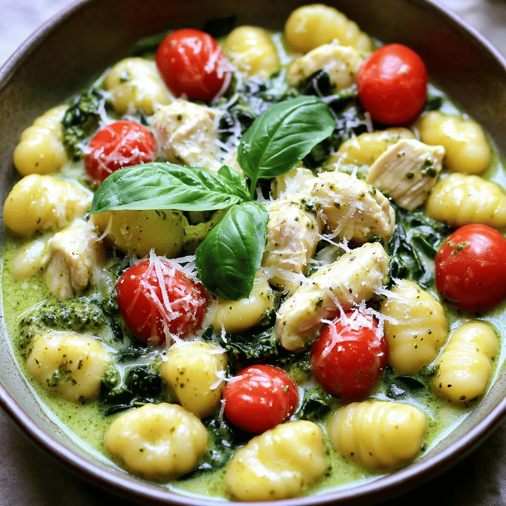 Für die cremige Pesto-Hühnchen-Gnocchi-Pfanne benötigst du: - 450 g Hühnerbrust, gewürfelt - 2 Esslöffel Olivenöl - 240 ml gekaufte Pesto-Sauce - 240 ml Sahne - 1 Paket (450 g) Kartoffelgnocchi - 150 g Kirschtomaten, halbiert - 150 g frische Spinatblätter - 50 g geriebener Parmesan - Salz und Pfeffer nach Geschmack - Frische Basilikumblätter zur Garnitur Diese Zutaten sind die Basis für ein schnelles und leckeres Gericht. Die Kombination von Pesto und Sahne gibt der Sauce eine tolle Cremigkeit. Salz und Pfeffer sind einfach, aber wichtig. Sie bringen den Geschmack der Zutaten hervor. Frischer Basilikum als Garnitur macht das Gericht schöner und verleiht einen frischen Geschmack. Olivenöl sorgt beim Anbraten für eine goldene Farbe und einen reichhaltigen Geschmack. Du kannst das Rezept leicht anpassen. Möchtest du es würziger? Füge etwas Chili-Flocken hinzu. Magst du es knuspriger? Verwende gebratene Zucchini oder Paprika. Für eine vegetarische Variante kannst du das Hühnchen durch gebratene Pilze ersetzen. So hast du viele Möglichkeiten, das Gericht nach deinem Geschmack zu gestalten. Die Vorbereitungszeit für die cremige Pesto-Hühnchen-Gnocchi-Pfanne beträgt nur 15 Minuten. Die gesamte Kochzeit liegt bei etwa 30 Minuten. So kannst du schnell ein leckeres Gericht zaubern, das die ganze Familie begeistert. 1. Erhitze 2 Esslöffel Olivenöl in einer großen Pfanne bei mittlerer Hitze. 2. Füge 450 g gewürfelte Hühnerbrust hinzu und würze sie mit Salz und Pfeffer. 3. Brate das Hähnchen für 6-8 Minuten, bis es goldbraun ist. Nimm das Hühnchen aus der Pfanne und stelle es beiseite. 4. Gib 450 g Kartoffelgnocchi in dieselbe Pfanne. Brate sie für 3-4 Minuten an, bis sie leicht bräunlich sind. 5. Gieße 240 ml Sahne und 240 ml gekaufte Pesto-Sauce in die Pfanne. Rühre gut um. 6. Lass die Mischung 3-4 Minuten köcheln, damit sich die Aromen verbinden. 7. Füge 150 g halbierte Kirschtomaten und 150 g frische Spinatblätter hinzu. Koche alles, bis der Spinat verwelkt ist und die Tomaten weich werden (ca. 2-3 Minuten). 8. Gib das angebratene Hühnchen zurück in die Pfanne und rühre alles gut um. 9. Bestreue die Mischung mit 50 g geriebenem Parmesan und rühre, bis er geschmolzen ist. 10. Schmecke das Gericht mit zusätzlichem Salz und Pfeffer ab. 11. Nimm die Pfanne vom Herd und lass das Gericht ein paar Minuten ruhen, um es etwas dicker zu machen. - Stelle sicher, dass das Olivenöl heiß genug ist, bevor du das Hähnchen hinzufügst. - Rühre die Gnocchi gut um, damit sie gleichmäßig bräunen. - Lass die Sauce nicht zu lange köcheln, um die Cremigkeit zu bewahren. - Frische Basilikumblätter sind der perfekte Abschluss für dieses Gericht. Sie geben einen tollen Geschmack. - Serviere die Pfanne in flachen Schalen, um die Farben und Texturen gut zur Geltung zu bringen. Gnocchi sind weich und lecker. Sie bieten eine tolle Basis für viele Gerichte. Hier sind einige Tipps: - Frische Gnocchi: Frische Gnocchi sind oft zarter als getrocknete. Sie haben einen besseren Geschmack. - Kochzeit: Koche die Gnocchi nur kurz, bis sie an die Oberfläche steigen. Das dauert etwa 2-3 Minuten. - Braten: Brate Gnocchi leicht an, um eine goldene Kruste zu bekommen. Das gibt mehr Textur. Ein paar häufige Fehler können das Gericht ruinieren. Hier sind Tipps, um sie zu vermeiden: - Überkochen: Lass die Gnocchi nicht zu lange kochen. Sie werden sonst matschig. - Zu viel Sauce: Verwende genug, um die Gnocchi zu bedecken, aber nicht zu viel, damit es suppeartig wird. - Nicht umrühren: Rühre die Mischung gut um, damit die Aromen sich verbinden. Es schadet nicht, öfter zu rühren! Das Gericht ist vielseitig. Hier sind einige Ideen, um es zu verfeinern: - Zusätzliche Gemüse: Füge Brokkoli oder Zucchini hinzu, um den Nährwert zu erhöhen. - Käsevariationen: Probiere Feta oder Mozzarella für einen anderen Geschmack. - Würze: Experimentiere mit verschiedenen Kräutern wie Thymian oder Oregano. Sie verleihen einen neuen Twist. {{image_4}} Du kannst die cremige Pesto-Hühnchen-Gnocchi-Pfanne leicht vegetarisch machen. Ersetze einfach das Hühnchen durch gewürfelten Tofu oder Halloumi. Diese Optionen geben dir einen tollen Geschmack und eine schöne Textur. Du kannst auch mehr Gemüse hinzufügen, wie Zucchini oder Paprika. Das bringt mehr Farbe und Nährstoffe in dein Gericht. Für eine glutenfreie Version wähle glutenfreie Gnocchi. Es gibt viele Marken, die eine leckere Alternative bieten. Achte darauf, dass die Pesto-Sauce ebenfalls glutenfrei ist. So kannst du das Gericht genießen, ohne dir Sorgen um Gluten zu machen. Du kannst die Aromen des Gerichts nach deinem Geschmack anpassen. Füge mehr Knoblauch oder Zwiebeln hinzu, um mehr Tiefe zu erhalten. Für eine scharfe Note kannst du etwas rote Pfefferflocken verwenden. Experimentiere mit verschiedenen Käsesorten wie Feta oder Mozzarella. Das gibt deinem Gericht eine ganz neue Dimension. Bewahre die Reste in einem luftdichten Behälter auf. Lass das Gericht zuerst auf Raumtemperatur abkühlen. So bleibt der Geschmack frisch. Du kannst die Reste bis zu drei Tage im Kühlschrank aufbewahren. Lege etwas Frischhaltefolie über die Oberfläche, um die Feuchtigkeit zu halten. Um die Gnocchi-Pfanne wieder aufzuwärmen, benutze eine Pfanne. Setze die Hitze auf niedrig. Füge einen Spritzer Wasser oder Sahne hinzu, um die Sauce cremig zu halten. Rühre die Mischung vorsichtig um, bis alles heiß ist. Du kannst das Gericht auch in der Mikrowelle erwärmen. Stelle die Mikrowelle auf mittlere Hitze und rühre alle 30 Sekunden um. Im Kühlschrank bleibt die Cremige Pesto-Hühnchen-Gnocchi-Pfanne drei Tage frisch. Im Gefrierfach hält sie bis zu zwei Monate. Stelle sicher, dass du die Mischung in einem gefrierfesten Behälter aufbewahrst. Lass etwas Platz für die Ausdehnung der Sauce beim Gefrieren. Wenn du bereit bist, es zu essen, tau die Pfanne über Nacht im Kühlschrank auf. Die Zubereitung dauert insgesamt 30 Minuten. Du brauchst etwa 15 Minuten, um alles vorzubereiten. Das Kochen selbst dauert dann noch einmal 15 Minuten. Es ist ein schnelles Gericht, ideal für stressige Abende. Ja, du kannst frisches Pesto leicht selbst machen. Mische dazu frisches Basilikum, Pinienkerne, Parmesan, Knoblauch und Olivenöl in einem Mixer. Püriere die Mischung, bis sie eine glatte Paste ergibt. Du kannst die Zutaten nach deinem Geschmack anpassen. So bekommst du ein Pesto, das genau zu deinem Gericht passt. Zu dieser cremigen Pesto-Hühnchen-Gnocchi-Pfanne passen viele Beilagen. Ein einfacher grüner Salat ist immer eine gute Wahl. Du kannst auch knuspriges Brot servieren, um die Sauce aufzutunken. Gegrilltes Gemüse ist eine weitere tolle Option. Es ergänzt die Aromen gut und macht die Mahlzeit bunter. In diesem Artikel haben wir die Zutaten für die cremige Pesto-Hühnchen-Gnocchi-Pfanne besprochen. Ich habe jeden Schritt der Zubereitung erklärt. Tipps und Tricks helfen, häufige Fehler zu vermeiden. Außerdem gab ich dir Variationen, die lecker sind. Vergiss nicht, Reste richtig aufzubewahren, um das Beste daraus zu machen. Diese einfache Pfanne kann jeden Tag auf den Tisch kommen. Du kannst sie nach deinem Geschmack anpassen. Viel Spaß beim Kochen und Ausprobieren!