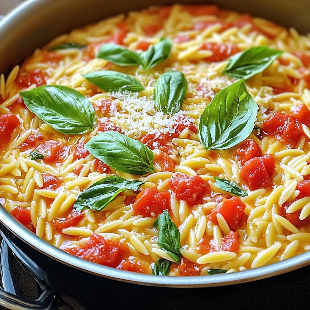Für das Rezept benötigst du folgende Zutaten: - 1 Tasse Orzo-Pasta - 2 Esslöffel Olivenöl - 3 Knoblauchzehen, fein gehackt - 1 Dose (400 g) gewürfelte Tomaten, ungedrinnt - 750 ml Gemüsebrühe - 240 ml Schlagsahne - 1 Teelöffel getrockneter Oregano - 1/2 Teelöffel rote Paprikaflocken (optional) - Salz und Pfeffer nach Geschmack - 1/2 Tasse frische Basilikumblätter, grob gehackt - 1/2 Tasse geriebener Parmesan, plus extra zum Servieren Die Auswahl der Zutaten ist einfach. Du findest alles in einem normalen Supermarkt. Die Orzo-Pasta ist wichtig, weil sie die Sauce gut aufnimmt. Das Olivenöl bringt gesunde Fette und viel Geschmack. Frischer Knoblauch ist besser als Pulver. Die gewürfelten Tomaten sorgen für die Grundbasis der Sauce. Gemüsebrühe gibt Tiefe und Aroma. Schlagsahne macht das Gericht cremig und reichhaltig. Parmesan rundet die Aromen ab und gibt eine schöne Konsistenz. Wenn du eine vegane Option suchst, kannst du die Schlagsahne durch Kokosmilch oder Cashewcreme ersetzen. Verwende Hefeflocken, um den käsigen Geschmack zu erhalten. Für glutenfreie Optionen nimm glutenfreie Orzo-Pasta. Wenn du den Käse weglassen möchtest, kannst du auch einen veganen Käse verwenden. Achte darauf, dass die Gemüsebrühe ebenfalls glutenfrei ist. Bevor du mit dem Kochen beginnst, bereite alle Zutaten vor. Du brauchst: - 1 Tasse Orzo-Pasta - 2 Esslöffel Olivenöl - 3 Knoblauchzehen, fein gehackt - 1 Dose (400 g) gewürfelte Tomaten, ungedrinnt - 750 ml Gemüsebrühe - 240 ml Schlagsahne - 1 Teelöffel getrockneter Oregano - 1/2 Teelöffel rote Paprikaflocken (optional) - Salz und Pfeffer nach Geschmack - 1/2 Tasse frische Basilikumblätter, grob gehackt - 1/2 Tasse geriebener Parmesan, plus extra zum Servieren Stelle sicher, dass alles griffbereit ist. Das macht das Kochen einfacher und schneller. 1. Olivenöl erhitzen: Erhitze das Olivenöl in einem großen Topf bei mittlerer Hitze. 2. Knoblauch anbraten: Füge den gehackten Knoblauch hinzu und brate ihn etwa 1 Minute an. Achte darauf, dass er nicht anbrennt. 3. Tomaten dazugeben: Gib die gewürfelten Tomaten samt Saft in den Topf und rühre gut um. 4. Gemüsebrühe einfüllen: Gieße die Gemüsebrühe dazu und bringe alles zum Kochen. 5. Orzo-Pasta hinzufügen: Füge die Orzo-Pasta hinzu. Koche sie bei gelegentlichem Rühren ca. 8-10 Minuten. Die Pasta sollte zart sein und die meiste Flüssigkeit aufgesogen haben. 6. Sahne und Gewürze einrühren: Reduziere die Hitze auf niedrig. Rühre die Schlagsahne, den Oregano und die Paprikaflocken (falls genutzt) ein. 7. Abschmecken: Schmecke die Mischung mit Salz und Pfeffer ab. Hebe die gehackten Basilikumblätter vorsichtig unter. 8. Parmesan einmischen: Nimm den Topf vom Herd. Mische den geriebenen Parmesan unter, bis er schmilzt und die Sauce cremig wird. Serviere die cremige Orzo in Schalen. Garniere sie mit zusätzlichem Parmesan und frischen Basilikumblättern. Dieses Gericht sieht toll aus und schmeckt noch besser! Ein häufiger Fehler ist, die Orzo-Pasta zu lange zu kochen. Sie wird dann matschig. Achte darauf, sie nur 8-10 Minuten zu kochen. Ein anderer Fehler ist, den Knoblauch zu verbrennen. Er sollte nur kurz angebraten werden, bis er duftet. Verwende auch die Gemüsebrühe in der richtigen Menge. Zu viel Flüssigkeit macht das Gericht wässrig. Um die perfekte Konsistenz zu erreichen, achte darauf, die Schlagsahne gut einzuarbeiten. Nach dem Kochen sollte die Mischung cremig, aber nicht zu flüssig sein. Wenn sie zu dick ist, füge etwas mehr Brühe hinzu. Rühre die frischen Basilikumblätter erst am Ende unter. So bleibt ihr Geschmack frisch und intensiv. Ein großer Topf ist der beste Freund für dieses Rezept. Er sorgt dafür, dass alles gleichmäßig kocht. Ein Holzlöffel eignet sich gut zum Rühren. So kannst du die Pasta sanft bewegen, ohne sie zu zerbrechen. Ein scharfes Messer ist wichtig, um den Knoblauch schnell zu hacken. Außerdem empfehle ich eine Kelle, um das fertige Gericht einfach zu servieren. {{image_4}} Du kannst dieses Rezept leicht anpassen. Um es vegetarisch zu machen, lasse die Schlagsahne weg und ersetze sie durch eine pflanzliche Sahne. Dazu kannst du Hafer- oder Sojasahne verwenden. Wenn du das Gericht vegan machen möchtest, tausche den Parmesan gegen Hefeflocken aus. Diese geben einen käsigen Geschmack, ohne Milchprodukte zu verwenden. Möchtest du mehr Geschmack? Füge frisches Gemüse hinzu! Spinat, Zucchini oder Paprika passen gut. Du kannst auch Oliven oder Artischockenherzen für eine mediterrane Note hinzufügen. Außerdem kannst du frische Kräuter wie Thymian oder Petersilie verwenden. Sie bringen frische Aromen in dein Gericht. Der Parmesan ist großartig, aber du kannst auch andere Käsesorten verwenden. Mozzarella macht das Gericht extra cremig und zieht beim Servieren schön. Feta gibt einen salzigen, herzhaften Geschmack. Wenn du einen kräftigen Käse magst, probiere Pecorino oder Gouda. Jede Käsesorte bringt ihren eigenen Charakter in die Sauce. Bewahre die Reste in einem luftdichten Behälter auf. Die cremige Orzo bleibt so frisch. Im Kühlschrank hält sie sich bis zu 3 Tage. Achte darauf, dass der Behälter gut verschlossen ist. So vermeidest du, dass andere Gerüche eindringen. Du kannst die Orzo auch einfrieren. Fülle sie in einen gefrierfesten Behälter oder einen Beutel. Lasse etwas Platz für die Ausdehnung. So bleibt der Geschmack bis zu 2 Monate erhalten. Zum Auftauen lege den Behälter über Nacht in den Kühlschrank. Erhitze die Orzo langsam in einem Topf. Füge etwas Gemüsebrühe oder Sahne hinzu, um die Creme wiederzubeleben. Rühre gut um, bis sie heiß ist. So wird die Orzo cremig und lecker bleiben. Vermeide die Mikrowelle, um die Konsistenz zu erhalten. Du kannst die Reste bis zu drei Tage im Kühlschrank aufbewahren. Stelle sicher, dass du sie in einem luftdichten Behälter aufbewahrst. So bleibt der Geschmack frisch. Wenn du die Reste länger aufbewahren möchtest, friere sie einfach ein. Im Gefrierschrank halten sie bis zu drei Monate. Ja, du kannst die Sauce ohne Sahne zubereiten. Ersetze die Sahne durch eine pflanzliche Milch oder Brühe. Für mehr Cremigkeit kannst du auch etwas Cashew-Creme verwenden. Diese Alternativen machen die Sauce leicht und lecker, ohne den Sahne-Geschmack. Zu cremigem Orzo passen viele Beilagen gut. Ein frischer gemischter Salat ergänzt das Gericht perfekt. Auch knuspriges Brot ist eine tolle Wahl. Wenn du mehr Gemüse möchtest, serviere gedünsteten Brokkoli oder gebratene Zucchini dazu. In diesem Blogpost haben wir die wichtigsten Zutaten, Kochanleitungen und hilfreiche Tipps betrachtet. Du lernst, wie du häufige Fehler vermeidest und verschiedene Variationen ausprobierst. Denke daran, dass die richtigen Zutaten und Techniken den Geschmack verbessern. Frishe Luft und kreative Ideen machen das Kochen spannend. Für die Resteverwertung hast du jetzt gute Lagerungstipps. Experimentiere und finde deine eigene Lieblingsversion! Gemeinsam macht das Kochen Spaß und bringt Freude auf den Tisch.