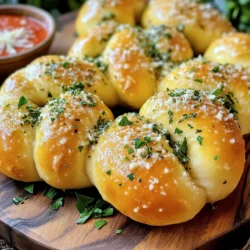Die Hauptzutaten für die Kräuter Knoblauch Parmesan Knoten sind einfach und lecker. Du brauchst: - 450 g Pizzateig (fertig gekauft oder selbstgemacht) - 4 Esslöffel ungesalzene Butter, geschmolzen - 4 Knoblauchzehen, fein gehackt - 120 g geriebener Parmesan Diese Zutaten bilden die Basis für deine Knoten. Der Pizzateig sorgt für die Form, während die Butter und der Knoblauch für den tollen Geschmack sorgen. Der Parmesan bringt eine herzhafte Note. Die richtigen Gewürze machen den Unterschied! Für diese Knoten brauchst du: - 1 Teelöffel getrockneten Oregano - 1 Teelöffel getrocknetes Basilikum - 1/4 Teelöffel rote Paprikaflocken (optional) - Salz nach Geschmack Oregano und Basilikum geben ein tolles Aroma. Die roten Paprikaflocken bringen etwas Schärfe, aber du kannst sie weglassen, wenn du es milder magst. Salz hilft, alle Geschmäcker zu verstärken. Du kannst die Knoten ganz nach deinem Geschmack anpassen. Hier sind ein paar Ideen: - Füge frische Kräuter wie Schnittlauch oder Thymian hinzu. - Verwende andere Käsesorten, wie Mozzarella oder Feta. - Probiere verschiedene Dips, zum Beispiel marinara oder Knoblauchsoße. Diese Optionen machen deine Knoten einzigartig und lecker. Lass deiner Kreativität freien Lauf! Heize deinen Ofen auf 200°C vor. Das sorgt dafür, dass die Knoten gleichmäßig backen. Lege ein Backblech mit Backpapier aus, damit die Knoten nicht kleben bleiben. So bleibt die Reinigung leicht und schnell. Wenn du fertigen Pizzateig verwendest, lass ihn etwa 20 Minuten bei Raumtemperatur stehen. Dies macht es einfacher, den Teig zu bearbeiten. Wenn du deinen eigenen Teig machst, stelle sicher, dass er gut geknetet ist, bevor du fortfährst. Ein gut vorbereiteter Teig führt zu besseren Knoten. Teile den Teig in 12 gleich große Stücke. Rolle jedes Stück zu einem Strang von etwa 15-20 cm Länge. Binde jeden Strang zu einem Knoten. Lege die Knoten auf das Backblech. In einer kleinen Schüssel vermische die geschmolzene Butter, den gehackten Knoblauch, den Oregano, das Basilikum und eine Prise Salz. Bestreiche jeden Knoten großzügig mit dieser Mischung. Streue dann den geriebenen Parmesan gleichmäßig über die Knoten. Jetzt sind die Knoten bereit zum Backen. Achte darauf, sie gut zu bestreichen, damit sie voller Geschmack sind. Um deinen Knoten perfekt zu machen, achte auf die Größe. Teile den Teig gleichmäßig. Jedes Stück sollte etwa gleich groß sein. Rolle den Teig mit sanften Händen. So bekommst du eine schöne Form. Binde den Knoten locker, damit er beim Backen aufgeht. Wenn du die Knoten zu fest bindest, werden sie hart. Hast du Knoblauchbutter übrig? Kein Problem! Fülle sie in einen kleinen Behälter. Stelle diesen in den Kühlschrank. So bleibt die Butter frisch. Du kannst die Knoblauchbutter bis zu einer Woche aufbewahren. Für längere Lagerung, friere sie in Eiswürfelformen ein. So hast du immer frische Butter bereit. Du möchtest das Rezept ändern? Das ist einfach! Probiere verschiedene Kräuter. Thymian oder Rosmarin passen gut. Du kannst auch andere Käsesorten verwenden. Mozzarella oder Feta geben einen neuen Geschmack. Wenn du es scharf magst, füge mehr Paprikaflocken hinzu. Sei kreativ und finde deine Lieblingskombination! {{image_4}} Du kannst verschiedene Käsesorten verwenden, um deine Knoten zu verändern. Mozzarella gibt einen tollen Schmelz. Feta bringt einen salzigen, herzhaften Geschmack. Cheddar sorgt für eine kräftige Note. Probiere auch veganen Käse für eine pflanzliche Option. Jeder Käse gibt den Knoten eine eigene Note. Es gibt viele Möglichkeiten, die Knoten zu verfeinern. Du kannst zum Beispiel getrocknete Tomaten oder schwarze Oliven hinzufügen. Das gibt den Knoten mehr Geschmack. Frische Kräuter wie Rosmarin oder Thymian passen auch gut. Serviere die Knoten mit einer kleinen Schale marinara Soße oder Knoblauch-Dip. So wird das Essen noch leckerer. Du kannst die Knoten auch füllen. Eine Mischung aus Spinat und Ricotta ist eine tolle Idee. Auch eine Mischung aus Pilzen und Zwiebeln passt gut. Für eine süße Variante kannst du sogar Nutella oder Marmelade in die Knoten füllen. Diese Füllungen machen die Knoten besonders und überraschend. Um die Kräuter Knoblauch Parmesan Knoten frisch zu halten, lege sie in einen luftdichten Behälter. Du kannst sie bei Raumtemperatur für bis zu zwei Tage lagern. Wenn du sie länger aufbewahren möchtest, ist der Kühlschrank eine gute Wahl. Dort bleiben sie bis zu einer Woche frisch. Achte darauf, dass der Behälter gut verschlossen ist. Das Einfrieren dieser Knoten ist einfach. Lege die Knoten nach dem Backen auf ein Backblech, bis sie ganz kalt sind. Dann kannst du sie in einen gefrierfesten Beutel legen. Sie bleiben bis zu drei Monate im Gefrierfach. Beschrifte den Beutel mit Datum und Inhalt, damit du immer weißt, was drin ist. Um die Knoten wieder warm zu machen, heize deinen Ofen auf 180°C vor. Lege die Knoten auf ein Backblech und backe sie für etwa 10 Minuten. Dadurch werden sie wieder knusprig. Du kannst sie auch in der Mikrowelle erwärmen, aber sie werden nicht so knusprig. Erwärme sie dort für etwa 30 Sekunden. Die Kräuter Knoblauch Parmesan Knoten sind bis zu drei Tage frisch. Bewahre sie in einem luftdichten Behälter auf. So bleiben sie weich. Wenn du sie länger aufbewahren möchtest, friere sie ein. Im Gefrierbeutel halten sie bis zu drei Monate. Ja, du kannst frischen Teig verwenden. Achte darauf, ihn gut zu kneten. Lass den Teig dann etwa 30 Minuten ruhen. So kann er aufgehen und gibt dir fluffige Knoten. Frischer Teig hat oft einen besseren Geschmack und eine tollere Textur. Es gibt viele leckere Dips für deine Knoten. Eine marinara Soße passt perfekt. Du kannst auch Knoblauchbutter oder einen cremigen Käse-Dip probieren. Für etwas Schärfe ist ein scharfer Salsa-Dip eine gute Wahl. Kombiniere, was dir schmeckt! Einfache Kräuter Knoblauch Parmesan Knoten machen Freude. Wir haben die Hauptzutaten und die besten Gewürze besprochen. Du hast gelernt, wie man die Knoten formt und backt. Tipps helfen dir, die perfekte Variante zu finden. Außerdem hast du Methoden zur Lagerung und zum Einfrieren erhalten. Lass dein Rezept kreativ werden. Experimentiere mit verschiedenen Füllungen und Dips. So bleibt jeder Knoten frisch und lecker. Viel Spaß beim Backen!