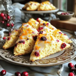Um köstliche Cranberry-Orange-Scones zu machen, brauchst du folgende Hauptzutaten: - 2 Tassen Weizenmehl - 1/3 Tasse Kristallzucker - 1 Esslöffel Backpulver - 1/2 Teelöffel Natron - 1/2 Teelöffel Salz - 1/4 Tasse ungesalzene Butter, kalt und gewürfelt - 1/2 Tasse getrocknete Cranberries - Abrieb von 1 Orange - 1/2 Tasse Buttermilch - 1 großes Ei - 1 Teelöffel Vanilleextrakt - 1/4 Tasse Orangensaft Diese Zutaten sorgen für den perfekten Geschmack und die richtige Textur. Für einen leckeren Guss brauchst du: - 1/4 Tasse Puderzucker - 1 Esslöffel Orangensaft Der Guss verleiht den Scones eine süße Note und macht sie besonders. Du kannst ihn optional verwenden oder weglassen. Hast du Allergien? Hier sind einige Alternativen: - Verwende glutenfreies Mehl statt Weizenmehl. - Ersetze Buttermilch durch pflanzliche Milch mit einem Spritzer Essig. - Nutze Margarine anstelle von Butter. Mit diesen Alternativen kannst du die Scones anpassen und trotzdem genießen. Bevor du mit dem Teig beginnst, heize den Ofen auf 220°C vor. Lege ein Backblech mit Backpapier aus. Dies hilft, die Scones leicht zu entfernen. Stelle sicher, dass deine Arbeitsfläche sauber und gut bemehlt ist. So rutscht der Teig nicht weg, wenn du ihn bearbeitest. Nimm eine große Schüssel und vermische die trockenen Zutaten. Dazu gehören 2 Tassen Weizenmehl, 1/3 Tasse Kristallzucker, 1 Esslöffel Backpulver, 1/2 Teelöffel Natron und 1/2 Teelöffel Salz. Füge dann 1/4 Tasse kalte, gewürfelte Butter hinzu. Du kannst deine Fingerspitzen benutzen, um die Butter einzuarbeiten. Die Mischung sollte krümelig sein. Nun kommen die Cranberries und der Orangenabrieb dazu. Rühre 1/2 Tasse getrocknete Cranberries und den Abrieb von 1 Orange in die Mehlmischung. In einer anderen Schüssel verquirlst du 1/2 Tasse Buttermilch, 1 großes Ei, 1 Teelöffel Vanilleextrakt und 1/4 Tasse Orangensaft. Gieße diese Mischung in die trockenen Zutaten. Mische alles vorsichtig, bis es gerade so zusammenkommt. Übermische den Teig nicht! Er sollte leicht klebrig sein. Stürze den Teig auf die bemehlte Arbeitsfläche und knete ihn sanft. Forme ihn zu einem Kreis, der etwa 2,5 cm dick ist. Schneide den Teig in 8 Keile. Lege die Keile auf das Backblech und lasse etwas Platz zwischen ihnen. Jetzt geht es in den Ofen! Backe die Scones 15 bis 18 Minuten. Sie sind fertig, wenn die Ränder goldbraun sind. Während sie backen, bereite den Guss vor. Mische 1/4 Tasse Puderzucker mit 1 Esslöffel Orangensaft, bis er glatt ist. Sobald die Scones aus dem Ofen kommen, lasse sie kurz abkühlen. Träufle den Guss über die warmen Scones und genieße sie! Die Konsistenz des Teigs ist wichtig für tolle Scones. Der Teig sollte leicht klebrig sein. Übermische ihn nicht, sonst werden die Scones hart. Mische die trockenen Zutaten gut, bevor du die feuchten hinzufügst. Das sorgt für eine gleichmäßige Verteilung. Um die Scones frisch zu halten, lege sie in einen luftdichten Behälter. Bewahre sie bei Raumtemperatur auf. So bleiben sie für zwei bis drei Tage gut. Wenn du sie länger aufbewahren willst, friere sie ein. Wickele jeden Scone in Frischhaltefolie. Die Präsentation macht viel aus. Serviere die Scones warm auf einem schönen Teller. Garniere sie mit zusätzlichem Orangenabrieb und getrockneten Cranberries. Das sorgt für Farbe und macht sie einladend. Genieß sie mit einer Tasse Tee oder Kaffee für den perfekten Genussmoment. {{image_4}} Wenn du keine getrockneten Cranberries hast, kannst du sie leicht ersetzen. Probiere getrocknete Kirschen oder Rosinen. Diese Früchte bringen eine süße Note in die Scones. Du kannst auch die Butter durch Pflanzenöl ersetzen. Dies macht die Scones vegan, aber achte auf den Geschmack. Um die Scones interessanter zu machen, füge Gewürze hinzu. Zimt oder Muskatnuss passen gut zu Orange. Für mehr Textur kannst du Nüsse wie Walnüsse oder Mandeln verwenden. Diese sorgen für einen tollen Crunch in jedem Biss. Wenn du Schokolade magst, gib ein paar Schokoladenstückchen in den Teig. Das schmeckt einfach himmlisch. In der Herbstsaison kannst du Kürbisgewürz hinzufügen. Das gibt den Scones einen warmen, gemütlichen Geschmack. Im Sommer sind frische Beeren eine tolle Wahl. Himbeeren oder Blaubeeren sorgen für einen fruchtigen Kick. Im Winter sind kandierte Ingwerstücke eine spannende Ergänzung. Sie bringen eine angenehme Schärfe und Wärme in die Scones. Die Scones sollten in einem luftdichten Behälter gelagert werden. So bleiben sie frisch und lecker. Ich empfehle, sie bei Raumtemperatur zu halten. Wenn du sie richtig aufbewahrst, bleiben sie etwa 2 bis 3 Tage genießbar. Wenn du einige Scones aufbewahren möchtest, friere sie ein. Lege sie nach dem Abkühlen in einen Gefrierbeutel. Drücke die Luft heraus, bevor du sie verschließt. So bleiben sie bis zu 3 Monate frisch. Zum Auftauen lege die Scones einfach bei Raumtemperatur für ein paar Stunden hin. Du kannst sie auch kurz im Ofen aufwärmen, um sie wieder knusprig zu machen. Die besten Scones genießt du frisch und warm. Serviere sie mit Butter oder Marmelade. Sie passen perfekt zu einer Tasse Tee oder Kaffee. Wenn du sie aufbewahrst, erwärme sie leicht, um den frischen Geschmack wiederherzustellen. Die Scones sind frisch am besten. Sie halten sich in einem luftdichten Behälter bis zu drei Tage. Wenn du sie länger aufbewahren möchtest, friere sie ein. So bleiben sie bis zu drei Monate gut. Auftauen kannst du sie einfach bei Raumtemperatur oder leicht im Ofen. Ja, du kannst viele andere Früchte verwenden. Heidelbeeren, Himbeeren oder sogar gehackte Äpfel passen gut. Achte darauf, die Menge ähnlich zu halten. So bleibt die Textur der Scones gleich. Experimentiere mit verschiedenen Früchten und finde deinen Favoriten! Scones schmecken toll mit Tee oder Kaffee. Schwarztee wie Earl Grey ergänzt die Aromen gut. Auch fruchtige Tees sind eine gute Wahl. Wenn du etwas Süßes magst, probiere heiße Schokolade. Diese Getränke runden dein Scone-Erlebnis perfekt ab. In diesem Blogbeitrag habe ich die wichtigsten Schritte zur Zubereitung von Scones behandelt. Von den Hauptzutaten bis hin zu Tipps zur perfekten Konsistenz habe ich alles erklärt. Denke an die verschiedenen Variationen und Möglichkeiten, um Allergikern gerecht zu werden. Achte auf die richtige Lagerung und genieße die Scones frisch. Egal, ob du sie einfach oder kreativ zubereitest, Scones sind ein Genuss. Viel Spaß beim Backen und Teilen!