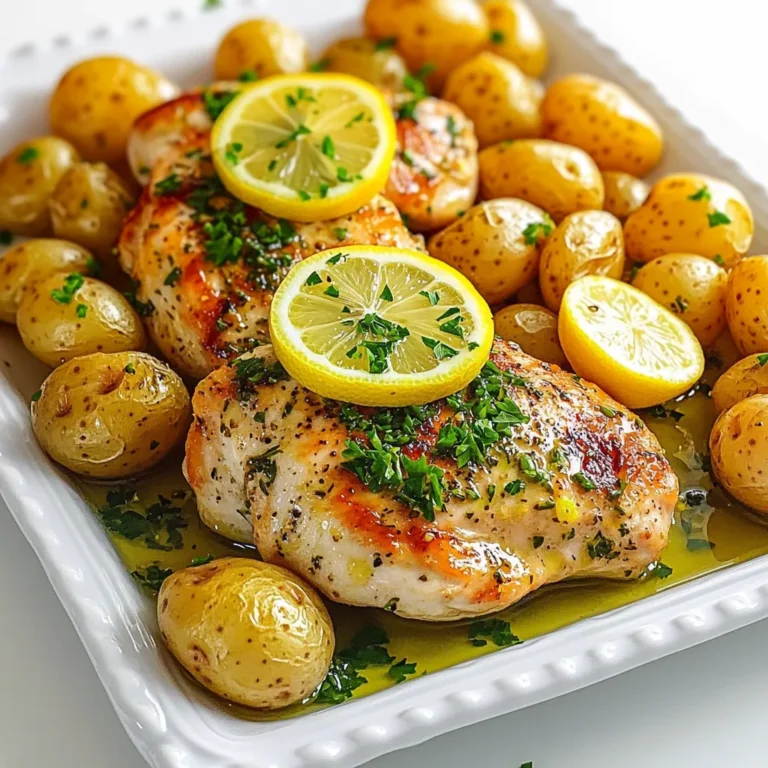 - 4 Hähnchenbrustfilets, ohne Haut und Knochen - 450 g Babykartoffeln, halbiert - 3 Esslöffel Olivenöl - 2 Zitronen (Saft und Zesten von einer, Scheiben der anderen) - 4 Knoblauchzehen, fein gehackt - 1 Esslöffel frischer Rosmarin, gehackt - 1 Esslöffel frischer Thymian, gehackt - 1 Teelöffel Paprika - Salz und Pfeffer nach Geschmack - Frische Petersilie, zum Garnieren Die Zutaten sind einfach und frisch. Ich liebe es, Hähnchen mit Zitronen zu kombinieren. Die Zitrone gibt dem Hähnchen einen frischen Geschmack. Die Babykartoffeln sind perfekt, weil sie in der gleichen Zeit gar werden. Das Olivenöl hilft, alles saftig zu halten. Die Kräuter machen das Gericht besonders. Frischer Rosmarin und Thymian bringen tollen Duft. Knoblauch sorgt für einen herzhaften Geschmack. Paprika fügt eine schöne Farbe hinzu. Frische Petersilie am Ende sieht toll aus und schmeckt gut. Es ist wichtig, die richtigen Mengen zu verwenden. So wird das Gericht lecker und ansprechend. Heize zuerst den Ofen auf 200 °C vor. Dies sorgt dafür, dass das Gericht gleichmäßig gart. In einer großen Schüssel mische das Olivenöl, den Zitronensaft, die Zitronenzesten, den gehackten Knoblauch, Rosmarin, Thymian, Paprika sowie Salz und Pfeffer. Rühre die Mischung gut um, bis alles vermischt ist. Lege die Hähnchenbrustfilets in die Marinade. Wende sie gründlich, damit sie gleichmäßig bedeckt sind. Lass das Hähnchen mindestens 15 Minuten marinieren. So können die Aromen gut einziehen. Halbiere die Babykartoffeln und würze sie. Du kannst etwas Olivenöl darübergeben und mit Salz, Pfeffer und der Hälfte der Kräutermischung bestreuen. Mische alles gut, damit die Kartoffeln gut gewürzt sind. Lege die Kartoffeln auf ein großes Backblech. Schaffe in der Mitte des Backblechs Platz und lege die marinierten Hähnchenbrustfilets hinein. Gieße die restliche Marinade über das Hähnchen und lege die Zitronenscheiben darauf. Backe das Blech für 25-30 Minuten. Das Hähnchen sollte durchgegart sein und die Kartoffeln goldbraun. Lass das Gericht einige Minuten ruhen, bevor du es servierst. Um das Hähnchen köstlich zu machen, marinieren Sie es mindestens 15 Minuten. Länger geht auch, wenn Sie Zeit haben. Ein paar Stunden im Kühlschrank macht die Aromen noch besser. Für eine andere Marinade können Sie Joghurt und Curry verwenden. Diese Kombination bringt einen tollen Geschmack. Alufolie hilft, das Hähnchen saftig zu halten. Legen Sie sie locker über das Blech, wenn es anfängt zu bräunen. So garen die Kartoffeln gleichmäßig. Drehen Sie die Kartoffeln nach der Hälfte der Backzeit um. So werden sie von allen Seiten knusprig. Für eine ansprechende Garnitur verwenden Sie frische Petersilie. Das bringt Farbe aufs Gericht. Sie können auch Zitronenscheiben hinzufügen, um den Look zu verbessern. Als Beilagen passen grüner Salat oder gedämpftes Gemüse. Diese Optionen bringen frische Aromen dazu. {{image_4}} Möchten Sie dem Gericht mehr Farbe geben? Fügen Sie einfach Gemüse hinzu! Rosenkohl oder Karotten passen gut. Sie bringen Süße und Knusprigkeit. Saisonales Gemüse ist ebenfalls eine tolle Wahl. Probieren Sie Zucchini oder Paprika. Diese Gemüse bringen frische Aromen und Nährstoffe. Wenn Sie Abwechslung wollen, können Sie auch Pute verwenden. Das Fleisch ist mager und hat einen milden Geschmack. Für eine vegetarische Option ist Tofu ideal. Marinieren Sie den Tofu genauso wie das Hähnchen. So erhält er viel Geschmack. Beide Optionen sind lecker und nahrhaft. Möchten Sie etwas mehr Kick? Fügen Sie zusätzliche Kräuter hinzu. Basilikum oder Oregano geben dem Gericht eine neue Note. Sie können auch scharfe Varianten mit Chili ausprobieren. Chili-Flocken oder frische Chilis bringen Wärme und Würze. Experimentieren Sie und finden Sie Ihre Lieblingskombination! - Kühlung der Reste: Lassen Sie das Gericht auf Raumtemperatur abkühlen. Füllen Sie die Reste in einen luftdichten Behälter. Stellen Sie sicher, dass der Behälter gut verschlossen ist. Lagern Sie die Reste im Kühlschrank. So bleiben sie frisch für bis zu drei Tage. - Aufwärmempfehlungen: Um die Reste aufzuwärmen, nutzen Sie den Ofen oder die Mikrowelle. Im Ofen bei 180 °C für etwa 15 Minuten erwärmen. In der Mikrowelle etwa 2-3 Minuten auf höchster Stufe erhitzen. Achten Sie darauf, das Hähnchen nicht zu überkochen, damit es saftig bleibt. - Anleitungen für das Einfrieren: Lassen Sie das Gericht vollständig abkühlen, bevor Sie es einfrieren. Teilen Sie die Portionen in luftdichte Behälter oder Gefrierbeutel auf. Beschriften Sie die Behälter mit Datum und Inhalt. So behalten Sie den Überblick über die gefrorenen Reste. - Haltbarkeit im Gefrierfach: Im Gefrierfach bleibt das Gericht bis zu drei Monate frisch. Es ist wichtig, die Reste schnell einzufrieren, um die Qualität zu erhalten. - Marinierte Zutaten vorbereiten: Marinieren Sie das Hähnchen am Vortag. So nehmen die Aromen stärker auf. Bewahren Sie die marinierten Stücke in einem luftdichten Behälter im Kühlschrank auf. Dies spart Zeit am Kochtag. - Zeit sparen in der Woche: Bereiten Sie die Kartoffeln und die Marinade im Voraus vor. Schneiden Sie die Kartoffeln und mischen Sie die Marinade. Lagern Sie alles getrennt im Kühlschrank. So können Sie das Gericht schnell zusammenstellen und backen. Das Hähnchen muss 25 bis 30 Minuten backen. Die genaue Backzeit hängt von der Dicke der Hähnchenbrustfilets ab. Überprüfen Sie, ob das Hähnchen eine Innentemperatur von 75 °C erreicht hat. So stellen Sie sicher, dass es durchgegart ist. Ja, Sie können andere Kartoffelsorten verwenden. Beispielsweise eignen sich festkochende Kartoffeln gut für dieses Gericht. Sie können auch Süßkartoffeln oder sogar kleine Mengen von roten Kartoffeln verwenden. Achten Sie darauf, die Größe der Kartoffeln gleichmäßig zu halbieren. So garen sie gleichmäßig. Ja, dieses Rezept kann an verschiedene Diäten angepasst werden. Es ist glutenfrei, da es keine glutenhaltigen Zutaten enthält. Für eine Low-Carb-Option können Sie die Kartoffeln durch Blumenkohl ersetzen. Das gibt einen ähnlichen Geschmack ohne die Kohlenhydrate. Zu diesem Gericht passen viele Beilagen gut. Grüner Salat ist eine frische Wahl. Auch gedünstetes Gemüse oder eine Quinoa-Beilage sind toll. Diese Optionen ergänzen das Hähnchen und die Kartoffeln ideal. In diesem Artikel haben wir alles zu einem köstlichen Hähnchen mit Babykartoffeln behandelt. Wir haben die Hauptzutaten, Gewürze und weitere Zutaten beschrieben. Zudem gab es eine Schritt-für-Schritt-Anleitung zur Zubereitung und wertvolle Tipps. Denken Sie daran, mit Variationen zu experimentieren, um das Gericht individuell anzupassen. Zum Schluss sind die Lagerungshinweise wichtig, um Reste richtig aufzubewahren. Genießen Sie Ihr gelungenes Gericht und die Freude am Kochen!