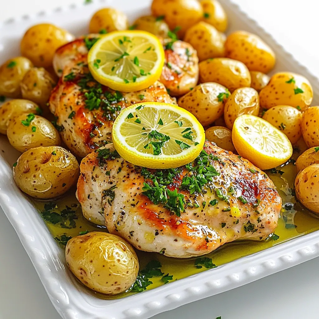 - 4 Hähnchenbrustfilets, ohne Haut und Knochen - 450 g Babykartoffeln, halbiert - 3 Esslöffel Olivenöl - 2 Zitronen (Saft und Zesten von einer, Scheiben der anderen) - 4 Knoblauchzehen, fein gehackt - 1 Esslöffel frischer Rosmarin, gehackt - 1 Esslöffel frischer Thymian, gehackt - 1 Teelöffel Paprika - Salz und Pfeffer nach Geschmack - Frische Petersilie, zum Garnieren Die Zutaten sind einfach und frisch. Ich liebe es, Hähnchen mit Zitronen zu kombinieren. Die Zitrone gibt dem Hähnchen einen frischen Geschmack. Die Babykartoffeln sind perfekt, weil sie in der gleichen Zeit gar werden. Das Olivenöl hilft, alles saftig zu halten. Die Kräuter machen das Gericht besonders. Frischer Rosmarin und Thymian bringen tollen Duft. Knoblauch sorgt für einen herzhaften Geschmack. Paprika fügt eine schöne Farbe hinzu. Frische Petersilie am Ende sieht toll aus und schmeckt gut. Es ist wichtig, die richtigen Mengen zu verwenden. So wird das Gericht lecker und ansprechend. Heize zuerst den Ofen auf 200 °C vor. Dies sorgt dafür, dass das Gericht gleichmäßig gart. In einer großen Schüssel mische das Olivenöl, den Zitronensaft, die Zitronenzesten, den gehackten Knoblauch, Rosmarin, Thymian, Paprika sowie Salz und Pfeffer. Rühre die Mischung gut um, bis alles vermischt ist. Lege die Hähnchenbrustfilets in die Marinade. Wende sie gründlich, damit sie gleichmäßig bedeckt sind. Lass das Hähnchen mindestens 15 Minuten marinieren. So können die Aromen gut einziehen. Halbiere die Babykartoffeln und würze sie. Du kannst etwas Olivenöl darübergeben und mit Salz, Pfeffer und der Hälfte der Kräutermischung bestreuen. Mische alles gut, damit die Kartoffeln gut gewürzt sind. Lege die Kartoffeln auf ein großes Backblech. Schaffe in der Mitte des Backblechs Platz und lege die marinierten Hähnchenbrustfilets hinein. Gieße die restliche Marinade über das Hähnchen und lege die Zitronenscheiben darauf. Backe das Blech für 25-30 Minuten. Das Hähnchen sollte durchgegart sein und die Kartoffeln goldbraun. Lass das Gericht einige Minuten ruhen, bevor du es servierst. Um das Hähnchen köstlich zu machen, marinieren Sie es mindestens 15 Minuten. Länger geht auch, wenn Sie Zeit haben. Ein paar Stunden im Kühlschrank macht die Aromen noch besser. Für eine andere Marinade können Sie Joghurt und Curry verwenden. Diese Kombination bringt einen tollen Geschmack. Alufolie hilft, das Hähnchen saftig zu halten. Legen Sie sie locker über das Blech, wenn es anfängt zu bräunen. So garen die Kartoffeln gleichmäßig. Drehen Sie die Kartoffeln nach der Hälfte der Backzeit um. So werden sie von allen Seiten knusprig. Für eine ansprechende Garnitur verwenden Sie frische Petersilie. Das bringt Farbe aufs Gericht. Sie können auch Zitronenscheiben hinzufügen, um den Look zu verbessern. Als Beilagen passen grüner Salat oder gedämpftes Gemüse. Diese Optionen bringen frische Aromen dazu. {{image_4}} Möchten Sie dem Gericht mehr Farbe geben? Fügen Sie einfach Gemüse hinzu! Rosenkohl oder Karotten passen gut. Sie bringen Süße und Knusprigkeit. Saisonales Gemüse ist ebenfalls eine tolle Wahl. Probieren Sie Zucchini oder Paprika. Diese Gemüse bringen frische Aromen und Nährstoffe. Wenn Sie Abwechslung wollen, können Sie auch Pute verwenden. Das Fleisch ist mager und hat einen milden Geschmack. Für eine vegetarische Option ist Tofu ideal. Marinieren Sie den Tofu genauso wie das Hähnchen. So erhält er viel Geschmack. Beide Optionen sind lecker und nahrhaft. Möchten Sie etwas mehr Kick? Fügen Sie zusätzliche Kräuter hinzu. Basilikum oder Oregano geben dem Gericht eine neue Note. Sie können auch scharfe Varianten mit Chili ausprobieren. Chili-Flocken oder frische Chilis bringen Wärme und Würze. Experimentieren Sie und finden Sie Ihre Lieblingskombination! - Kühlung der Reste: Lassen Sie das Gericht auf Raumtemperatur abkühlen. Füllen Sie die Reste in einen luftdichten Behälter. Stellen Sie sicher, dass der Behälter gut verschlossen ist. Lagern Sie die Reste im Kühlschrank. So bleiben sie frisch für bis zu drei Tage. - Aufwärmempfehlungen: Um die Reste aufzuwärmen, nutzen Sie den Ofen oder die Mikrowelle. Im Ofen bei 180 °C für etwa 15 Minuten erwärmen. In der Mikrowelle etwa 2-3 Minuten auf höchster Stufe erhitzen. Achten Sie darauf, das Hähnchen nicht zu überkochen, damit es saftig bleibt. - Anleitungen für das Einfrieren: Lassen Sie das Gericht vollständig abkühlen, bevor Sie es einfrieren. Teilen Sie die Portionen in luftdichte Behälter oder Gefrierbeutel auf. Beschriften Sie die Behälter mit Datum und Inhalt. So behalten Sie den Überblick über die gefrorenen Reste. - Haltbarkeit im Gefrierfach: Im Gefrierfach bleibt das Gericht bis zu drei Monate frisch. Es ist wichtig, die Reste schnell einzufrieren, um die Qualität zu erhalten. - Marinierte Zutaten vorbereiten: Marinieren Sie das Hähnchen am Vortag. So nehmen die Aromen stärker auf. Bewahren Sie die marinierten Stücke in einem luftdichten Behälter im Kühlschrank auf. Dies spart Zeit am Kochtag. - Zeit sparen in der Woche: Bereiten Sie die Kartoffeln und die Marinade im Voraus vor. Schneiden Sie die Kartoffeln und mischen Sie die Marinade. Lagern Sie alles getrennt im Kühlschrank. So können Sie das Gericht schnell zusammenstellen und backen. Das Hähnchen muss 25 bis 30 Minuten backen. Die genaue Backzeit hängt von der Dicke der Hähnchenbrustfilets ab. Überprüfen Sie, ob das Hähnchen eine Innentemperatur von 75 °C erreicht hat. So stellen Sie sicher, dass es durchgegart ist. Ja, Sie können andere Kartoffelsorten verwenden. Beispielsweise eignen sich festkochende Kartoffeln gut für dieses Gericht. Sie können auch Süßkartoffeln oder sogar kleine Mengen von roten Kartoffeln verwenden. Achten Sie darauf, die Größe der Kartoffeln gleichmäßig zu halbieren. So garen sie gleichmäßig. Ja, dieses Rezept kann an verschiedene Diäten angepasst werden. Es ist glutenfrei, da es keine glutenhaltigen Zutaten enthält. Für eine Low-Carb-Option können Sie die Kartoffeln durch Blumenkohl ersetzen. Das gibt einen ähnlichen Geschmack ohne die Kohlenhydrate. Zu diesem Gericht passen viele Beilagen gut. Grüner Salat ist eine frische Wahl. Auch gedünstetes Gemüse oder eine Quinoa-Beilage sind toll. Diese Optionen ergänzen das Hähnchen und die Kartoffeln ideal. In diesem Artikel haben wir alles zu einem köstlichen Hähnchen mit Babykartoffeln behandelt. Wir haben die Hauptzutaten, Gewürze und weitere Zutaten beschrieben. Zudem gab es eine Schritt-für-Schritt-Anleitung zur Zubereitung und wertvolle Tipps. Denken Sie daran, mit Variationen zu experimentieren, um das Gericht individuell anzupassen. Zum Schluss sind die Lagerungshinweise wichtig, um Reste richtig aufzubewahren. Genießen Sie Ihr gelungenes Gericht und die Freude am Kochen!