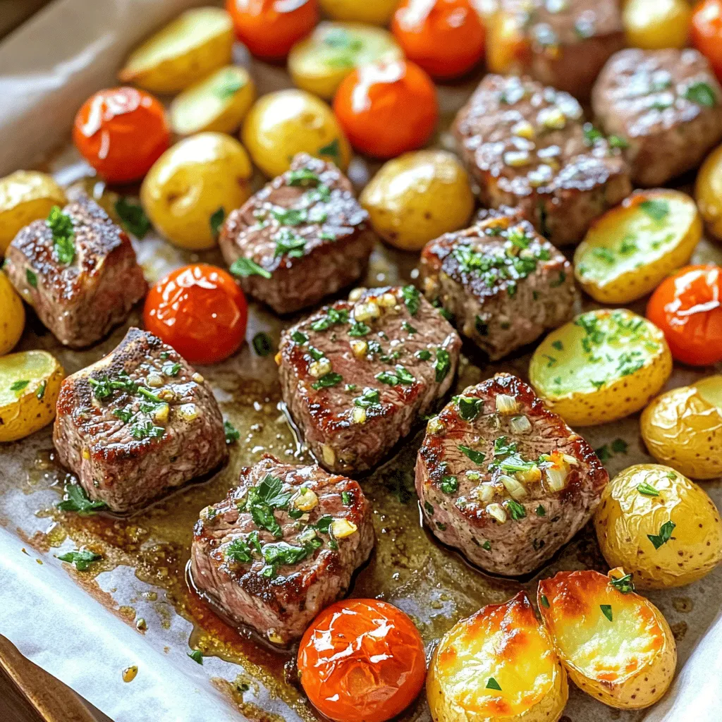 Für die Steakbissen brauchst du: - 680 g Sirloinsteak, in mundgerechte Würfel geschnitten - 450 g Babykartoffeln, halbiert - 240 g Kirschtomaten - 60 g ungesalzene Butter, geteilt Das Sirloinsteak ist zart und saftig. Es ist ideal für schnelle Gerichte. Die Babykartoffeln geben dir die nötige Füllung. Kirschtomaten bringen eine süße Note ins Gericht. Die Gewürze und Kräuter sind entscheidend. Du benötigst: - 4 Knoblauchzehen, fein gehackt - 1 Esslöffel frischer Rosmarin, gehackt (oder 1 Teelöffel getrocknet) - 1 Esslöffel frischer Thymian, gehackt (oder 1 Teelöffel getrocknet) - 1 Teelöffel geräuchertes Paprikapulver - Salz und schwarzer Pfeffer nach Geschmack Knoblauch gibt dem Gericht einen starken Geschmack. Rosmarin und Thymian bringen Frische. Geräuchertes Paprikapulver fügt Tiefe hinzu. Verwende Salz und Pfeffer, um alles abzurunden. Für die Beilagen und Garnierung nimm: - Frische Petersilie, gehackt (zum Garnieren) Petersilie sorgt für Farbe und Frische. Du kannst die Steakbissen direkt auf dem Backblech servieren. Das sieht toll aus und macht das Essen einfach. Die restliche Knoblauchbutter kannst du über die Portionen träufeln. So wird der Geschmack noch besser. Zuerst musst du alle Zutaten sammeln. Du brauchst: - 680 g Sirloinsteak, in mundgerechte Würfel geschnitten - 60 g ungesalzene Butter, geteilt - 4 Knoblauchzehen, fein gehackt - 1 Esslöffel frischer Rosmarin, gehackt - 1 Esslöffel frischer Thymian, gehackt - 1 Teelöffel geräuchertes Paprikapulver - Salz und schwarzer Pfeffer nach Geschmack - 450 g Babykartoffeln, halbiert - 240 g Kirschtomaten - Frische Petersilie, gehackt Heize den Ofen auf 200°C vor und lege ein Backblech mit Backpapier aus. Das macht die Reinigung einfacher. In einer kleinen Schüssel schmelze 30 g Butter in der Mikrowelle oder auf dem Herd. Füge den fein gehackten Knoblauch, Rosmarin, Thymian, Paprikapulver, Salz und Pfeffer hinzu. Mische alles gut. Nimm eine große Schüssel und lege die Steakwürfel hinein. Gieße die Hälfte der Kräuter-Knoblauch-Mischung über die Steakstücke. Mische alles gut durch. Lass die Steakstücke kurz marinieren, während du die Kartoffeln vorbereitest. In einer separaten Schüssel vermenge die halbierten Babykartoffeln mit der restlichen Kräuter-Knoblauch-Mischung. Verteile die Kartoffeln gleichmäßig auf einer Seite des Backblechs. Röste die Kartoffeln im Ofen für 15 Minuten. Nimm das Backblech nach 15 Minuten heraus und füge die marinierten Steakwürfel hinzu. Streue die Kirschtomaten gleichmäßig über die Steakstücke. Schneide die verbleibenden 30 g Butter in kleine Stücke und verteile sie über Steak und Tomaten. Stelle das Backblech zurück in den Ofen und röste alles für weitere 10-12 Minuten. So erreichst du den gewünschten Gargrad. Lass die Steakbisse danach einige Minuten ruhen. Vor dem Servieren mit frischer Petersilie garnieren. Der perfekte Gargrad für Steak ist wichtig. Medium-rare ist bei 54°C ideal. Verwende ein Fleischthermometer, um sicherzustellen, dass dein Steak perfekt gegart ist. Damit verhinderst du, dass es trocken wird. Lass das Steak nach dem Garen einige Minuten ruhen. So bleibt der Saft im Fleisch. Frische Kräuter bringen mehr Geschmack. Ich bevorzuge frische Kräuter wie Rosmarin und Thymian. Sie haben einen kräftigeren Duft und Geschmack. Getrocknete Kräuter sind jedoch praktisch und ebenfalls gut. Wenn du getrocknete Kräuter nutzt, nimm weniger. Sie sind konzentrierter. Jeder hat unterschiedliche Vorlieben. Du kannst die Gewürze nach deinem Geschmack anpassen. Füge mehr Paprika für Schärfe hinzu oder verwende weniger Salz. Probiere aus, was dir gefällt. Du kannst auch andere Gewürze wie Knoblauchpulver oder Zwiebelpulver verwenden. Sei kreativ und finde die Kombination, die dir am besten schmeckt. {{image_4}} Du kannst viele verschiedene Gemüsearten verwenden. Zum Beispiel passen Paprika und Zucchini gut zu diesem Gericht. Sie sorgen für Farbe und Geschmack. Du kannst sie einfach in Würfel schneiden und mit den Kartoffeln rösten. Brokkoli ist auch eine tolle Wahl. Er gibt dem Gericht einen knackigen Biss. Achte darauf, das Gemüse gleichmäßig auf dem Blech zu verteilen. So garen sie alle gleichmäßig. Wenn du kein Sirloinsteak hast, gibt es auch andere Optionen. Rinderfilet ist sehr zart und passt gut zu diesem Rezept. Du kannst auch Hühnchen oder Schweinefleisch verwenden. Achte darauf, die Garzeit entsprechend anzupassen. Für eine pflanzliche Option kannst du Tofu oder Tempeh nutzen. Diese Produkte nehmen die Aromen der Kräuter und Butter gut auf. Dieses Rezept ist bereits glutenfrei, da keine glutenhaltigen Zutaten verwendet werden. Wenn du jedoch auf andere Allergien achten musst, kannst du die Butter durch Öl ersetzen. Olivenöl oder Kokosöl sind gute Alternativen. Achte darauf, dass auch die Gewürze glutenfrei sind. Frische Kräuter sind immer eine sichere Wahl. Sie geben Geschmack ohne Allergene. Nach dem Essen bleiben oft leckere Reste. Lass die Steakbissen zuerst auf Raumtemperatur abkühlen. Danach lege sie in einen luftdichten Behälter. Stelle den Behälter in den Kühlschrank. So bleiben die Steakbissen frisch für bis zu drei Tage. Wenn du mehr Reste hast, friere sie ein. Verwende einen gefrierfesten Behälter oder einen Gefrierbeutel. Achte darauf, so viel Luft wie möglich herauszudrücken. So bleiben die Steakbissen bis zu drei Monate gut. Beschrifte den Behälter mit dem Datum. So vergisst du nicht, wann du sie eingefroren hast. Wenn du die Reste essen möchtest, erhitze sie richtig. Nimm die Steakbissen aus dem Kühlschrank oder Gefrierfach. Für Kühlschrankreste, erwärme sie in der Mikrowelle. Stelle die Mikrowelle auf mittlere Hitze. Für gefrorene Reste, tau sie zuerst im Kühlschrank auf. Danach erhitze sie wie gewohnt. Achte darauf, dass sie gleichmäßig warm sind. So schmecken sie fast wie frisch zubereitet. Steakbissen sollten insgesamt 25 bis 27 Minuten im Ofen bleiben. Zuerst rösten Sie die Kartoffeln für 15 Minuten. Dann fügen Sie die Steakstücke und Tomaten hinzu. Rösten Sie alles für weitere 10 bis 12 Minuten. So erhalten Sie zarte und saftige Steakbissen. Ja, Sie können das Rezept im Voraus zubereiten. Marinieren Sie die Steakwürfel bis zu 24 Stunden vorher. Lagern Sie sie im Kühlschrank. Bereiten Sie die Kartoffeln und Tomaten frisch zu, um den besten Geschmack zu erzielen. So sparen Sie Zeit an einem hektischen Tag. Zu Steakbissen passen viele Beilagen gut. Hier sind einige Vorschläge: - Grüne Bohnen oder Brokkoli für ein gesundes Gemüse. - Reis oder Quinoa für eine sättigende Beilage. - Ein frischer Salat für mehr Crunch. - Knoblauchbrot für die, die es herzhaft mögen. Diese Beilagen ergänzen den reichen Geschmack der Steakbissen perfekt. In diesem Artikel haben wir die Hauptzutaten und die Schritte für perfekte Steakbissen durchgenommen. Wir haben auch Tipps gegeben, wie man das Fleisch richtig zubereitet und welche Variationen möglich sind. Die Lagerungshinweise helfen dir, Reste frisch zu halten. Denke daran, die Gewürze nach deinem Geschmack anzupassen. Steakbissen sind einfach und lecker. Du kannst sie leicht variieren und anpassen. Jetzt liegt es an dir, das Rezept auszuprobieren und zu genießen!