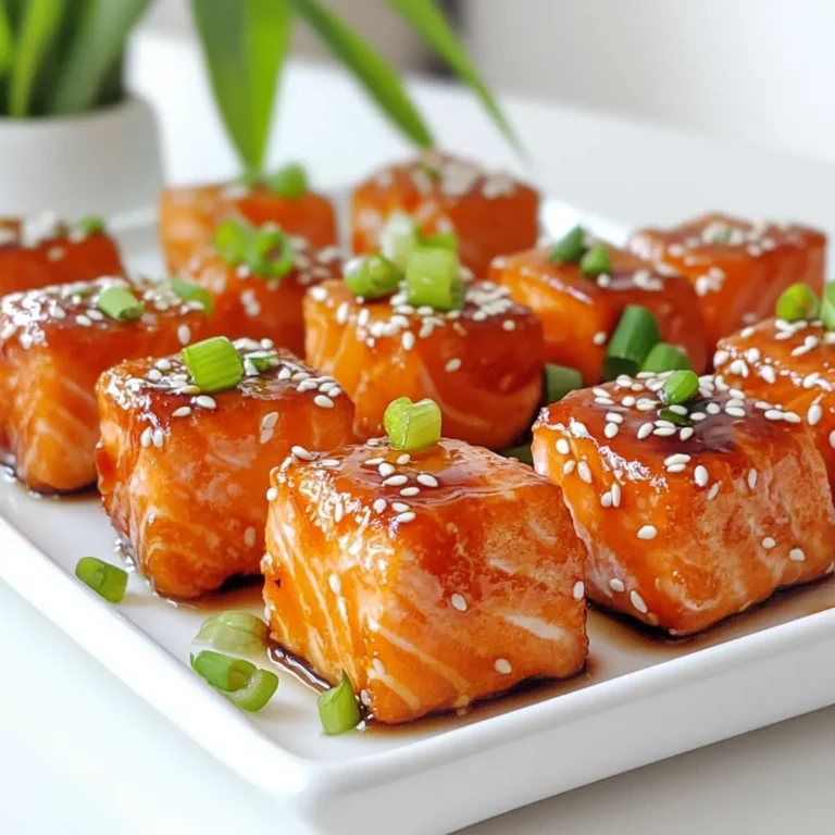 - Zuerst mache ich die Marinade. Mische die Teriyaki-Sauce, den Honig, das Sesamöl, den geriebenen Ingwer und den gehackten Knoblauch in einer Schüssel. Rühre alles gut um, bis die Mischung gleichmäßig aussieht. - Nun gebe ich die Lachswürfel in die Marinade. Ich wende sie vorsichtig, damit jede Seite gut bedeckt ist. Dann decke ich die Schüssel ab und stelle sie für mindestens 30 Minuten in den Kühlschrank. So können die Aromen gut durchziehen. - Nach der Marinierzeit nehme ich die Lachswürfel aus dem Kühlschrank. Dann streue ich die Maisstärke gleichmäßig über die Würfel. Ich mische sanft, damit jedes Stück leicht überzogen ist. Das hilft, die Bissen knusprig zu machen. - Jetzt heize ich die Luftfritteuse auf 190°C vor. Das dauert etwa 3-5 Minuten. Diese Vorheizzeit sorgt für ein besseres Frittierergebnis. - Ich lege die Lachsbissen in einer einzigen Schicht in den Korb der Luftfritteuse. Es ist wichtig, die Bissen nicht zu überfüllen. So garen sie gleichmäßig. - Ich frittiere die Lachsbissen für 8-10 Minuten. Nach der Hälfte der Zeit wende ich sie, damit sie von allen Seiten knusprig werden. Die Innentemperatur sollte mindestens 63°C betragen, um sicher zu sein, dass sie gut durchgegart sind. Um die perfekte Konsistenz zu erreichen, ist das Verhältnis von Marinade und Maisstärke wichtig. Verwende genug Maisstärke. Sie gibt dem Lachs eine knusprige Schicht. Zu wenig Maisstärke macht die Bissen weich. Mische die Marinade gut, damit alle Stücke gleichmäßig bedeckt sind. Die Vorheizzeit der Luftfritteuse ist ebenfalls entscheidend. Stelle die Temperatur auf 190°C ein und heize sie 3-5 Minuten vor. So wird der Lachs gleichmäßig gar und erhält die richtige Knusprigkeit. Überfüllung kann die Knusprigkeit beeinträchtigen. Wenn die Bissen zu dicht zusammenliegen, zirkuliert die Luft nicht gut. Das Ergebnis sind weiche, unappetitliche Stücke. Lege die Lachsbissen in einer einzigen Schicht in den Korb. Platzieren Sie die Bissen mit etwas Abstand. So kann die heiße Luft überall gut zirkulieren. Das sorgt für eine gleichmäßige Bräunung und Knusprigkeit. Um die Aromen zu verfeinern, probiere andere Gewürze aus. Ein Hauch von Chili oder Paprika kann einen tollen Kick geben. Frische Kräuter wie Koriander oder Petersilie passen auch gut. Zusätzlich kannst du andere Saucen kombinieren. Eine süß-sauren Sauce passt gut zu Teriyaki. Sie bringt eine neue Geschmacksrichtung und macht die Bissen noch interessanter. {{image_4}} Du kannst die Teriyaki-Lachs-Bissen mit anderen Geschmäckern aufpeppen. Eine Variante ist die Honig-Sesam-Option. Füge einfach mehr Honig und geröstete Sesamsamen hinzu. Eine süß-saurer Ansatz mit Ananas oder Sojasauce bringt eine frische Note. Du kannst auch andere Fischarten verwenden, wie Kabeljau oder Forelle. Diese Fische nehmen die Marinade gut auf und bieten eine neue Textur. Wenn du eine vegane Option suchst, probiere Tofu oder Tempeh. Schneide sie in kleine Stücke und mariniere sie wie den Lachs. Auch die Marinade kannst du anpassen. Verwende zum Beispiel Sojasauce statt Teriyaki und füge etwas mehr Honig oder Agavendicksaft hinzu. So erhältst du einen tollen Geschmack, der jedem gefällt. Die Lachs-Bissen passen gut zu vielen Beilagen. Reis oder Quinoa sind super Optionen, um die Aromen zu ergänzen. Grünes Gemüse wie Brokkoli oder Spinat bringt Farbe und Frische auf den Teller. Für Dips und Saucen empfehle ich eine einfache Erdnusssauce oder Joghurt-Dip. Diese geben den Bissen einen zusätzlichen Kick und machen das Essen noch spannender. Um die Lachsbissen frisch zu halten, lege sie in einen luftdichten Behälter. So bleiben sie knusprig und lecker. Du kannst sie bis zu drei Tage im Kühlschrank aufbewahren. Bei richtiger Lagerung bleibt der Geschmack erhalten, und du kannst sie später genießen. Die beste Methode zum Wiederaufwärmen ist die Luftfritteuse. Stelle sie auf 180°C ein und erhitze die Bissen für etwa 5 Minuten. Das gibt dir eine schöne, knusprige Textur. Vermeide die Mikrowelle, da sie den Lachs austrocknen kann. Kontrolliere regelmäßig, um ein Überkochen zu verhindern. Wenn du die Lachsbissen aufbewahren möchtest, kannst du sie einfrieren. Lege die Bissen auf ein Backblech und friere sie für etwa eine Stunde ein. Danach kannst du sie in einen luftdichten Behälter oder einen Gefrierbeutel umfüllen. So bleiben sie bis zu drei Monate haltbar. Zum Auftauen lege sie über Nacht in den Kühlschrank oder nutze die Mikrowelle auf der Auftaufunktion. Die Lachsbissen sollten mindestens 30 Minuten mariniert werden. Dies gibt der Marinade Zeit, in den Lachs einzuziehen. Wenn du mehr Zeit hast, kannst du sie auch bis zu einer Stunde marinieren. Länger marinieren macht den Lachs noch aromatischer und zarter. Achte darauf, die Schüssel abzudecken. So bleiben die Aromen im Fisch. Der Lachs sollte beim Frittieren eine Innentemperatur von mindestens 63°C erreichen. Diese Temperatur sorgt dafür, dass der Fisch sicher zu essen ist. Ein Küchenthermometer hilft dir, die Temperatur genau zu messen. Wenn der Lachs diese Temperatur erreicht, bleibt er saftig und zart. Ja, du kannst die Zutaten anpassen. Du kannst zum Beispiel Honig durch Agavendicksaft ersetzen. Das gibt den Lachs-Bissen eine andere Süße. Wenn du keine Teriyaki-Sauce hast, kannst du auch Sojasauce verwenden. Achte darauf, den Natriumgehalt zu prüfen, wenn du eine Alternative wählst. So erhältst du ein leckeres, aber gesundes Gericht. Zusammenfassend haben wir das Rezept für leckere Lachsbissen mit Teriyaki-Sauce erkundet. Wir haben die Zutaten für die Marinade und die Zubereitung in der Luftfritteuse besprochen. Ich habe euch Tipps gegeben, um die besten Ergebnisse zu erzielen und Variationen zur Anpassung vorgestellt. Denkt daran, dass Lagerung und Wiederaufwärmen wichtig sind, um den Geschmack zu erhalten. Mit diesen Ideen zaubert ihr köstliche Gerichte, die jeder genießen kann. Viel Spaß beim Ausprobieren!